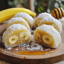 Um Banana Mochi Rollen zu machen, brauchst du ein paar einfache Zutaten: - 2 reife Bananen - 1 Tasse glutinöses Reismehl - ½ Tasse Wasser - 1 Esslöffel Zucker - Stärkemehl zum Bestäuben - Füllung: ½ Tasse gesüßte rote Bohnenpaste (oder Nutella) Die reifen Bananen bringen viel Geschmack in die Rollen. Das glutinöse Reismehl gibt den Mochis ihre besondere Textur. Wasser und Zucker helfen, den Teig zu binden. Wenn du einen extra Kick willst, füge Kokosmilch hinzu. Ein Esslöffel sorgt für einen tollen Geschmack. Es macht die Mochis noch cremiger. Du kannst auch andere Aromen ausprobieren. Zum Beispiel Vanilleextrakt oder etwas Zimt. So kannst du deine eigenen, einzigartigen Mochi-Rollen kreieren. Wenn du keine gesüßte rote Bohnenpaste magst, gibt es viele Alternativen. Nutella ist eine beliebte Wahl. Es gibt auch Erdnussbutter oder sogar Marmelade. Diese Optionen fügen einen anderen Geschmack hinzu. Du kannst auch frische Früchte als Füllung verwenden. Probiere Erdbeeren oder Mangos aus. So wird jede Mochi-Rolle besonders lecker. Beginnen Sie mit den reifen Bananen. Schälen Sie sie und zerdrücken Sie sie in einer Schüssel. Die Konsistenz sollte glatt sein. Nehmen Sie eine andere Schüssel und mischen Sie das glutinöse Reismehl, Zucker und Wasser. Rühren Sie, bis der Teig glatt wird. Jetzt fügen Sie die zerdrückten Bananen hinzu. Wenn Sie Kokosmilch verwenden, geben Sie sie ebenfalls dazu. Rühren Sie alles gut durch, bis die Mischung einheitlich ist. Gießen Sie die Mischung in eine dampfende Form. Diese sollte mit Backpapier ausgelegt oder leicht gefettet sein. Stellen Sie die Form über kochendes Wasser. Dampfen Sie die Mischung für etwa 20 bis 25 Minuten. Der Mochi sollte fest und leicht durchsichtig sein. Nach dem Dampfen nehmen Sie die Form vom Feuer und lassen den Mochi einige Minuten abkühlen. Bestäuben Sie Ihre Arbeitsfläche mit Stärkemehl. Übertragen Sie den Mochi darauf, um ein Ankleben zu verhindern. Rollen Sie den Mochi mit einem Nudelholz zu einem Rechteck von etwa 0,5 cm Dicke aus. Wenn nötig, fügen Sie mehr Stärkemehl hinzu. Verteilen Sie eine dünne Schicht der gesüßten roten Bohnenpaste oder Nutella in der Mitte des Rechtecks. Legen Sie einige Bananenscheiben darauf und achten Sie darauf, nicht zu überfüllen. Rollen Sie den Mochi von einer Kante zur anderen fest auf. Dies formt einen Zylinder. Bestäuben Sie die Außenseite mit geraspelter Kokosnuss für mehr Textur und Geschmack. Schneiden Sie die Mochi-Rollen mit einem scharfen Messer in mundgerechte Stücke. Jetzt haben Sie köstliche Banana Mochi Rollen! Ein häufiger Fehler ist, die Bananen nicht richtig zu zerdrücken. Sie sollten eine glatte Paste haben. Klumpen können die Textur des Mochis stören. Ein anderer Fehler ist, den Teig zu trocken zu machen. Achten Sie darauf, die richtige Wassermenge zu verwenden. Zu viel oder zu wenig kann die Konsistenz ruinieren. Dampfen Sie den Mochi nicht zu kurz. Wenn er nicht ausreichend gekocht ist, bleibt er klebrig und ungenießbar. Die perfekte Konsistenz für Mochi ist weich und leicht elastisch. Um dies zu erreichen, verwenden Sie reife Bananen. Sie bringen natürliche Süße und Feuchtigkeit. Mischen Sie das glutinöse Reismehl mit Wasser gut, bis es glatt ist. Die Mischung sollte keine Klumpen enthalten. Achten Sie darauf, beim Dampfen nicht die Temperatur zu hoch zu stellen. Zu hohe Hitze kann den Mochi hart machen. Für eine ansprechende Präsentation legen Sie die Mochi-Rollen auf eine schöne Platte. Bestreuen Sie sie mit geraspelter Kokosnuss. Dies gibt zusätzlichen Geschmack und Textur. Servieren Sie die Rollen mit Honig oder Schokoladensoße. Das sorgt für einen süßen Akzent. Schneiden Sie die Rollen in gleichmäßige Stücke. Das hilft, sie attraktiv und einladend aussehen zu lassen. Besondere Anlässe verlangen nach besonderen Details! {{image_4}} Du kannst deine Banana Mochi Rollen mit verschiedenen Früchten anpassen. Erdbeeren bringen eine süße Frische. Mangos fügen tropische Aromen hinzu. Einfach die Bananen durch die gewählten Früchte ersetzen. Schneide sie in dünne Scheiben und lege sie auf die Füllung. So werden deine Mochis bunt und lecker. Die Füllung ist ein toller Platz für Kreativität. Nutella ist eine süße Wahl, die viele lieben. Erdnussbutter bietet einen nussigen Geschmack, der gut zu Bananen passt. Du kannst auch Frischkäse oder Marmelade verwenden. Probiere verschiedene Kombinationen aus und finde deinen Favoriten. Wenn du glutenfrei leben möchtest, gibt es gute Alternativen. Verwende einfach glutenfreies Reismehl. So bleibt die Textur gleich, aber ohne Gluten. Achte darauf, dass alle anderen Zutaten ebenfalls glutenfrei sind. So kannst du die Mochi ohne Sorgen genießen. Für das vollständige Rezept schau dir die [Full Recipe] an. Um deine Banana Mochi Rollen frisch zu halten, lagere sie in einem luftdichten Behälter. Stelle sicher, dass der Behälter gut verschlossen ist. So bleibt der Mochi weich und lecker. Lagere die Rollen im Kühlschrank, wenn du sie nicht sofort isst. So bleiben sie bis zu drei Tage frisch. Das Einfrieren von Mochi-Rollen ist eine gute Idee, wenn du sie länger aufbewahren möchtest. Wickele jede Rolle in Frischhaltefolie. Lege sie dann in einen gefrierfesten Beutel oder Behälter. Du kannst sie bis zu einem Monat einfrieren. Die Rollen bleiben so frisch und schmackhaft. Um die gefrorenen Mochi-Rollen aufzutauen, lege sie einfach in den Kühlschrank. Lass sie dort über Nacht. Wenn du es schneller magst, kannst du sie auch bei Raumtemperatur für einige Stunden auftauen. So bleiben sie weich und lecker. Vermeide die Mikrowelle, da sie den Mochi trocken machen kann. Mit diesen Tipps bleibt dein Banana Mochi immer ein Genuss! Banana Mochi Rollen bleiben frisch für etwa 2 bis 3 Tage. Lagern Sie sie in einem luftdichten Behälter. Wenn sie länger halten sollen, frieren Sie sie besser ein. So bleiben sie weich und lecker. Ja, Sie können Mochi ohne Zucker machen. Verwenden Sie einfach die reifen Bananen als natürliche Süße. Pürierte Datteln oder Honig sind auch gute Optionen. Diese Alternativen geben dem Mochi Geschmack ohne zusätzlichen Zucker. Traditionelles Mochi wird aus Klebreismehl und Wasser gemacht. Banana Mochi fügt reife Bananen hinzu, was den Geschmack und die Textur verändert. Die Banane macht das Mochi süßer und weicher. Außerdem bringt sie einen fruchtigen Geschmack, der sehr lecker ist. Die Banana Mochi Rollen sind einfach herzustellen und lecker. Ich habe dir gezeigt, welche Zutaten du brauchst, und wie du die Füllungen variieren kannst. Der Schritt-für-Schritt-Prozess macht das Rezept leicht nachvollziehbar. Achte darauf, häufige Fehler zu vermeiden, damit du perfekte Mochi erhältst. Denke daran, dass diese Süßigkeit viele Variationen zulässt und gut lagerbar ist. Probiere verschiedene Optionen aus und finde deine Lieblingse variation. Du wirst mit diesen Tipps erfolgreich sein!