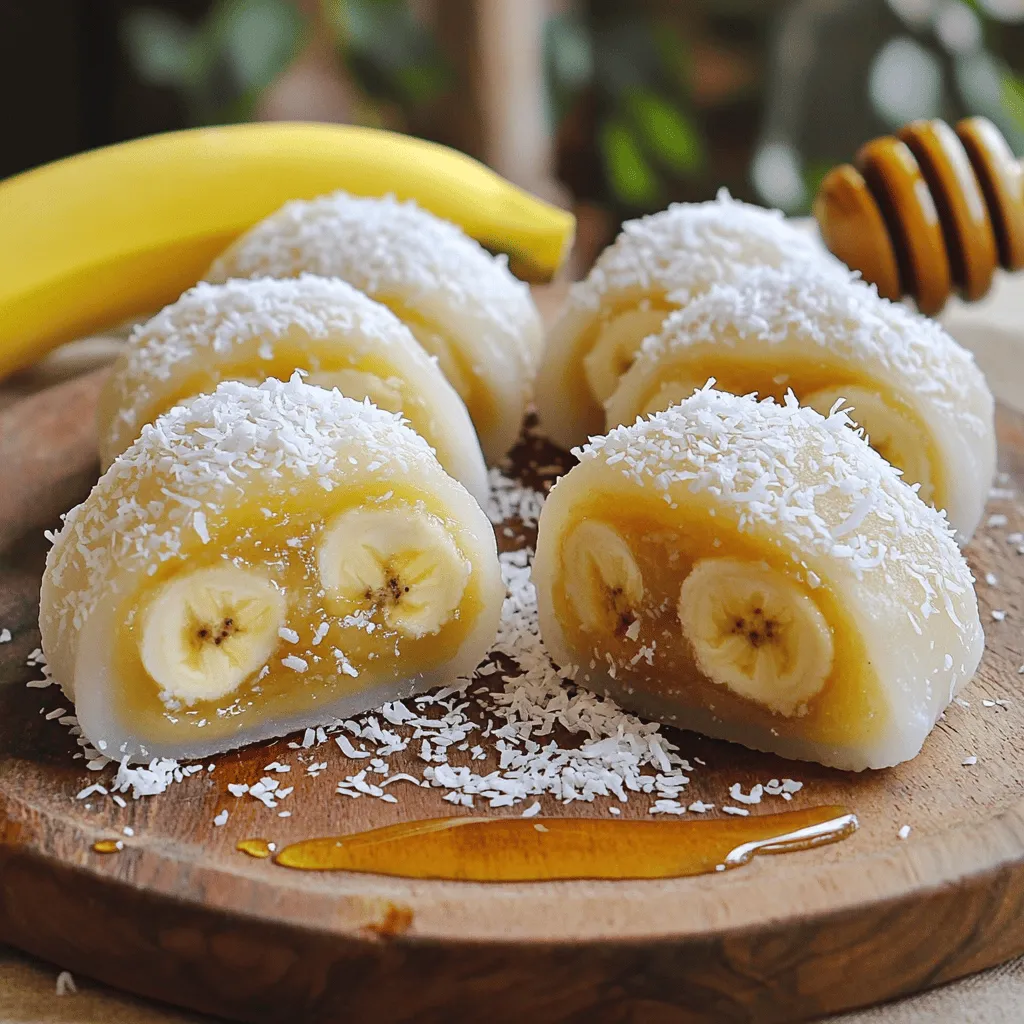 Um Banana Mochi Rollen zu machen, brauchst du ein paar einfache Zutaten: - 2 reife Bananen - 1 Tasse glutinöses Reismehl - ½ Tasse Wasser - 1 Esslöffel Zucker - Stärkemehl zum Bestäuben - Füllung: ½ Tasse gesüßte rote Bohnenpaste (oder Nutella) Die reifen Bananen bringen viel Geschmack in die Rollen. Das glutinöse Reismehl gibt den Mochis ihre besondere Textur. Wasser und Zucker helfen, den Teig zu binden. Wenn du einen extra Kick willst, füge Kokosmilch hinzu. Ein Esslöffel sorgt für einen tollen Geschmack. Es macht die Mochis noch cremiger. Du kannst auch andere Aromen ausprobieren. Zum Beispiel Vanilleextrakt oder etwas Zimt. So kannst du deine eigenen, einzigartigen Mochi-Rollen kreieren. Wenn du keine gesüßte rote Bohnenpaste magst, gibt es viele Alternativen. Nutella ist eine beliebte Wahl. Es gibt auch Erdnussbutter oder sogar Marmelade. Diese Optionen fügen einen anderen Geschmack hinzu. Du kannst auch frische Früchte als Füllung verwenden. Probiere Erdbeeren oder Mangos aus. So wird jede Mochi-Rolle besonders lecker. Beginnen Sie mit den reifen Bananen. Schälen Sie sie und zerdrücken Sie sie in einer Schüssel. Die Konsistenz sollte glatt sein. Nehmen Sie eine andere Schüssel und mischen Sie das glutinöse Reismehl, Zucker und Wasser. Rühren Sie, bis der Teig glatt wird. Jetzt fügen Sie die zerdrückten Bananen hinzu. Wenn Sie Kokosmilch verwenden, geben Sie sie ebenfalls dazu. Rühren Sie alles gut durch, bis die Mischung einheitlich ist. Gießen Sie die Mischung in eine dampfende Form. Diese sollte mit Backpapier ausgelegt oder leicht gefettet sein. Stellen Sie die Form über kochendes Wasser. Dampfen Sie die Mischung für etwa 20 bis 25 Minuten. Der Mochi sollte fest und leicht durchsichtig sein. Nach dem Dampfen nehmen Sie die Form vom Feuer und lassen den Mochi einige Minuten abkühlen. Bestäuben Sie Ihre Arbeitsfläche mit Stärkemehl. Übertragen Sie den Mochi darauf, um ein Ankleben zu verhindern. Rollen Sie den Mochi mit einem Nudelholz zu einem Rechteck von etwa 0,5 cm Dicke aus. Wenn nötig, fügen Sie mehr Stärkemehl hinzu. Verteilen Sie eine dünne Schicht der gesüßten roten Bohnenpaste oder Nutella in der Mitte des Rechtecks. Legen Sie einige Bananenscheiben darauf und achten Sie darauf, nicht zu überfüllen. Rollen Sie den Mochi von einer Kante zur anderen fest auf. Dies formt einen Zylinder. Bestäuben Sie die Außenseite mit geraspelter Kokosnuss für mehr Textur und Geschmack. Schneiden Sie die Mochi-Rollen mit einem scharfen Messer in mundgerechte Stücke. Jetzt haben Sie köstliche Banana Mochi Rollen! Ein häufiger Fehler ist, die Bananen nicht richtig zu zerdrücken. Sie sollten eine glatte Paste haben. Klumpen können die Textur des Mochis stören. Ein anderer Fehler ist, den Teig zu trocken zu machen. Achten Sie darauf, die richtige Wassermenge zu verwenden. Zu viel oder zu wenig kann die Konsistenz ruinieren. Dampfen Sie den Mochi nicht zu kurz. Wenn er nicht ausreichend gekocht ist, bleibt er klebrig und ungenießbar. Die perfekte Konsistenz für Mochi ist weich und leicht elastisch. Um dies zu erreichen, verwenden Sie reife Bananen. Sie bringen natürliche Süße und Feuchtigkeit. Mischen Sie das glutinöse Reismehl mit Wasser gut, bis es glatt ist. Die Mischung sollte keine Klumpen enthalten. Achten Sie darauf, beim Dampfen nicht die Temperatur zu hoch zu stellen. Zu hohe Hitze kann den Mochi hart machen. Für eine ansprechende Präsentation legen Sie die Mochi-Rollen auf eine schöne Platte. Bestreuen Sie sie mit geraspelter Kokosnuss. Dies gibt zusätzlichen Geschmack und Textur. Servieren Sie die Rollen mit Honig oder Schokoladensoße. Das sorgt für einen süßen Akzent. Schneiden Sie die Rollen in gleichmäßige Stücke. Das hilft, sie attraktiv und einladend aussehen zu lassen. Besondere Anlässe verlangen nach besonderen Details! {{image_4}} Du kannst deine Banana Mochi Rollen mit verschiedenen Früchten anpassen. Erdbeeren bringen eine süße Frische. Mangos fügen tropische Aromen hinzu. Einfach die Bananen durch die gewählten Früchte ersetzen. Schneide sie in dünne Scheiben und lege sie auf die Füllung. So werden deine Mochis bunt und lecker. Die Füllung ist ein toller Platz für Kreativität. Nutella ist eine süße Wahl, die viele lieben. Erdnussbutter bietet einen nussigen Geschmack, der gut zu Bananen passt. Du kannst auch Frischkäse oder Marmelade verwenden. Probiere verschiedene Kombinationen aus und finde deinen Favoriten. Wenn du glutenfrei leben möchtest, gibt es gute Alternativen. Verwende einfach glutenfreies Reismehl. So bleibt die Textur gleich, aber ohne Gluten. Achte darauf, dass alle anderen Zutaten ebenfalls glutenfrei sind. So kannst du die Mochi ohne Sorgen genießen. Für das vollständige Rezept schau dir die [Full Recipe] an. Um deine Banana Mochi Rollen frisch zu halten, lagere sie in einem luftdichten Behälter. Stelle sicher, dass der Behälter gut verschlossen ist. So bleibt der Mochi weich und lecker. Lagere die Rollen im Kühlschrank, wenn du sie nicht sofort isst. So bleiben sie bis zu drei Tage frisch. Das Einfrieren von Mochi-Rollen ist eine gute Idee, wenn du sie länger aufbewahren möchtest. Wickele jede Rolle in Frischhaltefolie. Lege sie dann in einen gefrierfesten Beutel oder Behälter. Du kannst sie bis zu einem Monat einfrieren. Die Rollen bleiben so frisch und schmackhaft. Um die gefrorenen Mochi-Rollen aufzutauen, lege sie einfach in den Kühlschrank. Lass sie dort über Nacht. Wenn du es schneller magst, kannst du sie auch bei Raumtemperatur für einige Stunden auftauen. So bleiben sie weich und lecker. Vermeide die Mikrowelle, da sie den Mochi trocken machen kann. Mit diesen Tipps bleibt dein Banana Mochi immer ein Genuss! Banana Mochi Rollen bleiben frisch für etwa 2 bis 3 Tage. Lagern Sie sie in einem luftdichten Behälter. Wenn sie länger halten sollen, frieren Sie sie besser ein. So bleiben sie weich und lecker. Ja, Sie können Mochi ohne Zucker machen. Verwenden Sie einfach die reifen Bananen als natürliche Süße. Pürierte Datteln oder Honig sind auch gute Optionen. Diese Alternativen geben dem Mochi Geschmack ohne zusätzlichen Zucker. Traditionelles Mochi wird aus Klebreismehl und Wasser gemacht. Banana Mochi fügt reife Bananen hinzu, was den Geschmack und die Textur verändert. Die Banane macht das Mochi süßer und weicher. Außerdem bringt sie einen fruchtigen Geschmack, der sehr lecker ist. Die Banana Mochi Rollen sind einfach herzustellen und lecker. Ich habe dir gezeigt, welche Zutaten du brauchst, und wie du die Füllungen variieren kannst. Der Schritt-für-Schritt-Prozess macht das Rezept leicht nachvollziehbar. Achte darauf, häufige Fehler zu vermeiden, damit du perfekte Mochi erhältst. Denke daran, dass diese Süßigkeit viele Variationen zulässt und gut lagerbar ist. Probiere verschiedene Optionen aus und finde deine Lieblingse variation. Du wirst mit diesen Tipps erfolgreich sein!