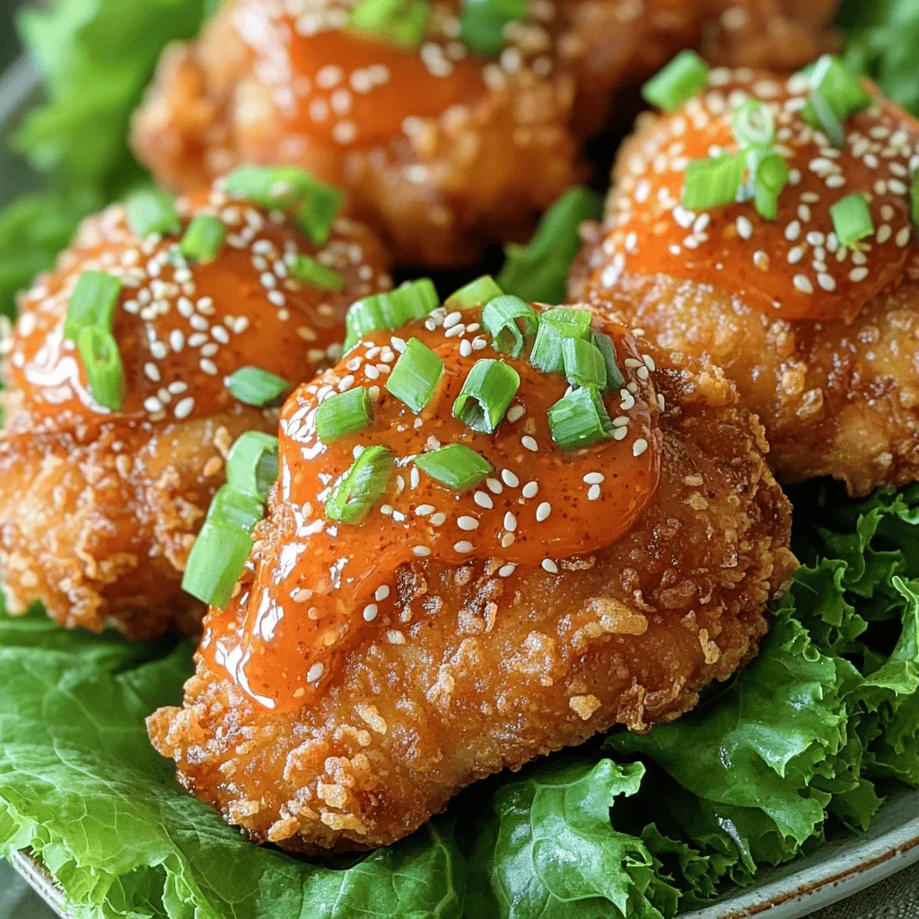 Für das Crispy Bang Bang Chicken brauchst du folgende Zutaten: - Hähnchenschenkel und Marinade - 450 g Hähnchenschenkel, ohne Knochen und Haut - 240 ml Buttermilch - Panade und Gewürze - 125 g Weizenmehl - 60 g Maisstärke - 1 Teelöffel Knoblauchpulver - 1 Teelöffel Zwiebelpulver - 1 Teelöffel Paprika - 1/2 Teelöffel schwarzer Pfeffer - 1 Teelöffel Salz - 240 ml Pflanzenöl (zum Frittieren) - Zutaten für die Bang Bang Sauce - 120 g Mayonnaise - 60 ml süße Chilisauce - 1 Esslöffel Sriracha (nach Geschmack anpassen) - 1 Esslöffel Honig - 2 Frühlingszwiebeln, fein gehackt (zur Garnierung) - Sesamsamen (zur Garnierung) Diese Zutaten bilden die Basis für dein knuspriges Gericht. Die Buttermilch macht das Hähnchen zart. Die Panade gibt den Crunch. Die Bang Bang Sauce bietet eine süß-scharfe Note. Du wirst sehen, wie einfach es ist, ein tolles Gericht zu zaubern. Wenn du die gesamte Anleitung sehen willst, schau dir das [Full Recipe] an. Die Marinierzeit ist sehr wichtig. Sie hilft, das Hähnchen zart und saftig zu machen. Ich empfehle, das Hähnchen mindestens eine Stunde in Buttermilch zu marinieren. Wenn du Zeit hast, lasse es über Nacht im Kühlschrank. So zieht die Marinade tief ein. Um zarte Hähnchenschenkel zu bekommen, achte darauf, die Haut zu entfernen. Das hilft, die Aromen besser aufzunehmen. Du kannst auch etwas Zitronensaft in die Marinade geben. Das macht das Hähnchen noch zarter. Die richtige Mischung für deine Panade ist entscheidend. Du brauchst Weizenmehl und Maisstärke. Diese Kombination sorgt für den perfekten Crunch. Mische auch Gewürze wie Knoblauchpulver, Zwiebelpulver und Paprika dazu. Wenn du keine Maisstärke hast, kannst du auch Kartoffelstärke verwenden. Diese sorgt ebenfalls für einen tollen Crunch. Mische alles gut in einer großen Schüssel, bis es gleichmäßig aussieht. Die ideale Temperatur zum Frittieren liegt bei etwa 180°C. Du kannst das Öl in einer tiefen Pfanne erhitzen. Es ist bereit, wenn es zischt, wenn du etwas Panade hineinwirfst. Lege die panierten Hähnchenschenkel vorsichtig ins heiße Öl. Frittiere sie etwa 5-7 Minuten auf jeder Seite. Achte darauf, dass das Hähnchen eine Innentemperatur von 75°C erreicht. So ist es durch und saftig. Um fettiges Hähnchen zu vermeiden, ist die Temperatur wichtig. Erhitze das Öl auf etwa 180 °C. Ein Thermometer hilft dir dabei. Wenn das Öl zu kalt ist, wird das Hähnchen fettig. Wenn es zu heiß ist, verbrennt die Panade. Ein guter Test: Wenn ein Stück Panade ins Öl fällt, sollte es sofort zischen. Die Bang Bang Sauce kann leicht variiert werden. Mische mehr oder weniger Sriracha, je nach deinem Geschmack. Für eine süßere Note, füge mehr Honig hinzu. Wenn die Sauce zu scharf ist, kannst du mehr Mayonnaise einrühren. Das hilft, die Schärfe zu mildern und die Sauce cremiger zu machen. Du kannst auch frische Kräuter wie Koriander hinzufügen, um einen neuen Geschmack zu kreieren. Eine schöne Präsentation macht viel aus. Serviere das Crispy Bang Bang Chicken auf einer großen Platte. Lege frische Kopfsalatblätter darunter für einen frischen Look. Gib eine kleine Schüssel mit zusätzlicher Bang Bang Sauce zum Dippen dazu. Beilagen wie Reis oder knusprige Pommes passen gut dazu. Das macht das Essen noch leckerer und schöner anzusehen. {{image_4}} Crispy Bang Bang Chicken ist lecker, aber du kannst auch vegetarische Optionen machen. Tofu oder Gemüse sind großartige Alternativen. - Verwendung von Tofu oder Gemüse: - Tofu ist eine tolle Wahl. Wähle festen Tofu und schneide ihn in Stücke. Du kannst auch Blumenkohl oder Zucchini nutzen. Diese Optionen nehmen die Marinade gut auf. - Anpassung der Marinade und Panade: - Verwende die gleiche Marinade wie im Rezept. Achte darauf, dass die Panade gut haftet. Du kannst auch etwas mehr Gewürze hinzufügen, um den Geschmack zu verstärken. Verschiedene Gewürze können dein Gericht aufpeppen. Experimentiere mit neuen Aromen und finde deinen Favoriten. - Andere aromatische Zusätze: - Füge etwas Ingwer oder Kreuzkümmel zur Panade hinzu. Diese Gewürze bringen eine neue Dimension. Auch Curry-Pulver kann interessant sein. - Regionale Gewürze für unterschiedliche Geschmäcker: - Probiere asiatische Gewürze wie fünf Gewürze oder japanisches Panko für einen neuen Crunch. Diese Variationen haben ihren eigenen Reiz und machen das Gericht vielfältiger. Wenn du mehr über die Zubereitung erfahren möchtest, schau dir das [Full Recipe] an. Um das übrig gebliebene Hähnchen frisch zu halten, lege es in einen luftdichten Behälter. So bleibt das Fleisch saftig. Du kannst das Hähnchen auch in Alufolie wickeln. Lagere es im Kühlschrank. Es bleibt dort bis zu drei Tage gut. Wenn du das Hähnchen aufwärmen möchtest, heize deinen Ofen auf 180 Grad vor. Lege das Hähnchen auf ein Backblech und bedecke es mit Alufolie. So bleibt es knusprig. Erwärme es für etwa 10-15 Minuten. Achte darauf, dass es heiß ist, aber nicht zu trocken wird. Die Bang Bang Sauce hält sich im Kühlschrank bis zu einer Woche. Achte darauf, die Sauce in einem luftdichten Behälter zu lagern. So bleibt der Geschmack frisch. Wenn du die Sauce länger aufbewahren möchtest, kannst du sie auch einfrieren. In einem gefrierfesten Behälter bleibt sie bis zu drei Monate haltbar. Lass die Sauce vor dem Servieren im Kühlschrank auftauen. So hast du immer einen leckeren Dip bereit, wenn du das Crispy Bang Bang Chicken zubereitest. Um Crispy Bang Bang Chicken knusprig zu machen, achte auf die Panade. Die Mischung aus Weizenmehl und Maisstärke sorgt für den Crunch. Tauche das Hähnchen zuerst in die Buttermilch. Dies hilft, die Panade besser haften zu lassen. Wälze dann die Stücke in der Mehlmischung. Achte darauf, dass jedes Stück gut bedeckt ist. Hier sind einige Tipps: - Öl richtig erhitzen: Das Öl sollte heiß genug sein. Ein Stück Panade, das ins Öl fällt, sollte sofort zischen. - Nicht überladen: Frittiere das Hähnchen in kleinen Portionen. So bleibt die Temperatur im Öl konstant. - Abtropfen lassen: Lass die Hähnchenstücke nach dem Frittieren auf Küchenpapier abtropfen. So bleibt es knusprig. Ja, du kannst Crispy Bang Bang Chicken auch im Ofen zubereiten. Das macht es gesünder, aber die Knusprigkeit kann variieren. Heize den Ofen auf 200 °C vor. Lege die panierten Hähnchenteile auf ein mit Backpapier ausgelegtes Blech. Hier sind einige Anpassungen: - Öl besprühen: Besprühe die Hähnchenstücke mit etwas Öl. Das hilft, sie knusprig zu halten. - Backzeit anpassen: Backe das Hähnchen etwa 25-30 Minuten. Wende die Stücke nach der Hälfte der Zeit. - Grillfunktion nutzen: Schalte in den letzten Minuten die Grillfunktion ein. So bekommst du eine schöne goldene Farbe. Crispy Bang Bang Chicken hat seinen Ursprung in der asiatischen Küche. Der Name „Bang Bang“ kommt von der Art, wie das Hähnchen zubereitet wird. In einigen Rezepten wird das Hähnchen vor dem Kochen leicht geklopft. Dies sorgt für eine zarte Textur. In den letzten Jahren wurde das Gericht immer beliebter. Viele Restaurants haben ihre eigene Version. Der Geschmack von süß und scharf zieht viele Menschen an. Es ist eine tolle Mischung aus Aromen und Texturen, die immer wieder begeistert. Um das Rezept auszuprobieren, schaue dir das [Full Recipe] an. In diesem Artikel haben wir die Schritte für Crispy Bang Bang Chicken im Detail besprochen. Wir haben die wichtigen Zutaten, die Marinierung und die Frittiertechnik behandelt. Tipps zur perfekten Sauce und kreative Präsentationen machen das Gericht besonders. Vergessen Sie nicht die Variationen und Lagerungshinweise. Mein Fazit: Mit diesen Tipps gelingt dieses Gericht jedem und macht große Freude. Genießen Sie es!