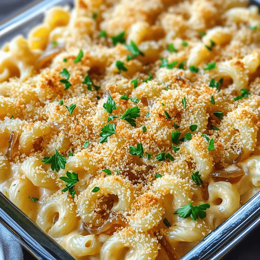 Für dieses Gericht brauchen Sie: - 225 g Ellbogen-Makkaroni - 2 große Zwiebeln, dünn geschnitten - 3 Esslöffel Butter - 1 Esslöffel Olivenöl - 475 ml Rinder- oder Gemüsebrühe - 1 Teelöffel Zucker - 1 Teelöffel frische Thymianblätter (oder ½ Teelöffel getrockneter Thymian) - 200 g geriebener Gruyère-Käse - 100 g geriebener scharfer Cheddar-Käse - 50 g Panko-Brösel - Salz und Pfeffer nach Geschmack - Gehackte frische Petersilie zur Garnitur Diese Zutaten geben Ihrem Mac und Käse den vollen, reichen Geschmack. Um dieses Rezept zu machen, benötigen Sie: - Einen großen Topf für die Makkaroni - Eine große Pfanne zum Karamellisieren der Zwiebeln - Eine große Schüssel für das Mischen - Eine gefettete Auflaufform (23x33 cm) - Einen Ofen zum Backen Mit diesen Geräten können Sie alle Schritte einfach durchführen. Sie können einige Zutaten anpassen: - Verwenden Sie glutenfreie Makkaroni, wenn nötig. - Probieren Sie Zwiebeln wie Schalotten für einen milderen Geschmack. - Ersetzen Sie Gruyère-Käse durch Mozzarella für eine andere Textur. - Nutzen Sie Gemüsebrühe, um das Gericht vegetarisch zu machen. Diese Alternativen bieten Ihnen viel Flexibilität. Um die Makkaroni zu kochen, bringe einen großen Topf mit gesalzenem Wasser zum Kochen. Füge 225 g Ellbogen-Makkaroni hinzu. Koche sie nach den Anweisungen auf der Verpackung bis sie al dente sind. Das dauert in der Regel etwa 8-10 Minuten. Wenn sie fertig sind, gieße die Makkaroni ab und stelle sie beiseite. Für die Zwiebeln erhitze 3 Esslöffel Butter und 1 Esslöffel Olivenöl in einer großen Pfanne bei mittlerer Hitze. Gib 2 große, dünn geschnittene Zwiebeln hinein und streue eine Prise Salz darüber. Rühre die Zwiebeln häufig um. Karamellisiere sie für etwa 20-25 Minuten, bis sie tief golden sind. Füge während des Karamellisierens 1 Teelöffel Zucker hinzu. Der Zucker hilft, die Zwiebeln süßer zu machen. Sobald die Zwiebeln fertig sind, gib 475 ml Rinder- oder Gemüsebrühe und 1 Teelöffel frische Thymianblätter dazu. Lass alles 5-10 Minuten köcheln, damit die Aromen sich vermischen. Würze die Mischung nach Geschmack mit Salz und Pfeffer. Heize deinen Ofen auf 175 °C vor. In einer großen Schüssel vermenge die gekochten Makkaroni mit der Zwiebelmischung, 200 g geriebenem Gruyère-Käse und 50 g des scharfen Cheddar-Käses. Mische alles gut. Gib die Mischung in eine gefettete Auflaufform. Streue den restlichen Cheddar-Käse und 50 g Panko-Brösel gleichmäßig darüber. Backe das Gericht im Ofen für etwa 25-30 Minuten. Die Oberfläche sollte sprudelnd und goldbraun sein. Nach dem Backen nimm die Auflaufform heraus und lass sie 5 Minuten ruhen. Garniere mit gehackter Petersilie und serviere. Du findest das vollständige Rezept in den vorherigen Abschnitten. Die Zwiebeln karamellisieren ist wichtig für den Geschmack. Beginne mit einer großen Pfanne. Erhitze die Butter und das Olivenöl bei mittlerer Hitze. Füge die dünn geschnittenen Zwiebeln und eine Prise Salz hinzu. Rühre häufig um. Lass die Zwiebeln etwa 20 bis 25 Minuten kochen. Die Zwiebeln sollten tief golden werden. Der Zucker hilft, die Karamellisierung zu fördern. Dieser Prozess gibt den Zwiebeln einen süßen, reichen Geschmack. Für die perfekte Mac und Cheese Mischung empfehle ich Gruyère und scharfen Cheddar. Gruyère hat einen tollen, nussigen Geschmack. Er schmilzt gut und macht die Sauce cremig. Der scharfe Cheddar bringt eine schöne Würze. Du kannst auch andere Käsesorten ausprobieren. Mozzarella oder Fontina sind ebenfalls lecker. Achte darauf, die Käsesorten frisch zu reiben. So schmelzen sie besser und geben mehr Geschmack. Französische Zwiebel Mac und Käse ist schon sehr sättigend. Dennoch passen einige Beilagen gut dazu. Ein frischer grüner Salat mit leichtem Dressing ist eine tolle Wahl. Auch geröstetes Gemüse kann gut harmonieren. Möhren oder Brokkoli bringen Farbe und Nährstoffe. Du kannst das Gericht auch mit einer knusprigen Kruste aufpeppen. Füge extra Panko-Brösel kurz vor dem Backen hinzu. Das gibt einen tollen Crunch. Für das vollständige Rezept, schau dir das Rezept für Französische Zwiebel Mac und Käse an. {{image_4}} Wenn du eine vegetarische Variante machen möchtest, ist das einfach! Ersetze die Rinderbrühe durch Gemüsebrühe. Du kannst auch etwas mehr Gemüse hinzufügen. Zum Beispiel, Pilze oder Spinat passen gut zu diesem Gericht. Diese Zutaten geben zusätzlichen Geschmack und Nährstoffe. Du kannst die Aromen mit verschiedenen Gewürzen und Kräutern verstärken. Füge zum Beispiel eine Prise Muskatnuss hinzu. Das gibt einen warmen, nussigen Geschmack. Auch frische Kräuter wie Schnittlauch oder Basilikum bringen Frische. Experimentiere ruhig und finde deine Lieblingskombination. Wenn du glutenfrei essen musst, gibt es Lösungen. Verwende glutenfreie Makkaroni aus Reis oder Linsen. Achte darauf, dass die Brühe auch glutenfrei ist. So kannst du den vollen Geschmack genießen, ohne dir Sorgen zu machen. Diese Anpassungen machen das Gericht für jeden zugänglich. Du kannst das komplette Rezept für Französische Zwiebel Mac und Käse nutzen, um deine Kreationen auszuprobieren. Wenn Sie Reste von Französischer Zwiebel Mac und Käse haben, lassen Sie sie zuerst abkühlen. Geben Sie die Reste in einen luftdichten Behälter. Lagern Sie ihn im Kühlschrank. So bleibt das Gericht bis zu drei Tage frisch. Achten Sie darauf, die Reste vor dem Servieren gut zu überprüfen. Wenn der Geruch oder das Aussehen seltsam sind, entsorgen Sie sie. Ja, Sie können die Mac und Käse einfrieren. Teilen Sie das Gericht in Portionen auf. Nutzen Sie gefrierfeste Behälter oder Beutel. Achten Sie darauf, die Luft herauszudrücken. So verhindern Sie Gefrierbrand. Die Mac und Käse bleibt bis zu drei Monate haltbar. Zum Auftauen legen Sie sie über Nacht in den Kühlschrank. Um die Reste aufzuwärmen, nutzen Sie den Ofen. Heizen Sie ihn auf 175 °C vor. Geben Sie die Mac und Käse in eine Auflaufform. Fügen Sie etwas Brühe oder Milch hinzu. Decken Sie die Form mit Alufolie ab. So bleibt das Gericht saftig. Nach etwa 20 Minuten prüfen Sie die Temperatur. Sie wollen, dass es heiß und sprudelnd ist. Die Zubereitung dauert etwa eine Stunde. Diese Zeit umfasst das Kochen der Makkaroni und das Karamellisieren der Zwiebeln. Kochen Sie die Makkaroni zuerst, dann karamellisieren Sie die Zwiebeln. Dies gibt Ihnen die besten Aromen. Nach dem Mischen und Backen braucht das Gericht etwa 30 Minuten im Ofen. Das Warten lohnt sich! Ja, Sie können Ihren eigenen Käse verwenden. Gruyère und Cheddar sind ideal, aber seien Sie kreativ! Versuchen Sie andere Käsesorten wie Gouda oder Mozzarella. Diese Käse schmelzen gut und geben Geschmack. Achten Sie darauf, dass der Käse frisch ist. Das macht einen großen Unterschied im Geschmack. Zu Französischer Zwiebel Mac und Käse passen viele Beilagen. Ein frischer grüner Salat ist eine gute Wahl. Auch gedünstetes Gemüse wie Brokkoli oder grüne Bohnen harmoniert gut. Wenn Sie etwas Herzhaftes möchten, probieren Sie gegrilltes Hähnchen oder Würstchen. Diese Beilagen ergänzen das Gericht perfekt und machen das Essen noch besser. Das Rezept für Französische Zwiebel Mac und Käse ist einfach und lecker. Du wirst sehen, wie sehr die karamellisierten Zwiebeln den Geschmack verbessern. Hier sind die Schritte: 1. Makkaroni kochen: Bring einen großen Topf mit gesalzenem Wasser zum Kochen. Koche die Ellbogen-Makkaroni bis sie al dente sind. Gieße sie ab und stelle sie beiseite. 2. Zwiebeln karamellisieren: In einer großen Pfanne Butter und Olivenöl bei mittlerer Hitze erhitzen. Füge die geschnittenen Zwiebeln und eine Prise Salz hinzu. Rühre oft um und koche etwa 20-25 Minuten. Die Zwiebeln sollten tief golden und süß sein. Füge während des Kochens einen Teelöffel Zucker hinzu. 3. Brühe und Thymian hinzufügen: Sobald die Zwiebeln karamellisiert sind, gieße die Rinder- oder Gemüsebrühe und den Thymian dazu. Koche für weitere 5-10 Minuten. Schmecke es mit Salz und Pfeffer ab. 4. Pasta kombinieren: Heize den Ofen auf 175 °C vor. Vermische die gekochten Makkaroni mit der Zwiebelmischung, dem Gruyère-Käse und der Hälfte des Cheddar-Käses in einer großen Schüssel. 5. Für das Backen vorbereiten: Gib die Mischung in eine gefettete Auflaufform. Streue den restlichen Cheddar-Käse und die Panko-Brösel gleichmäßig darüber. 6. Backen: Stelle die Auflaufform in den Ofen. Backe für etwa 25-30 Minuten. Die Oberfläche sollte sprudelnd und goldbraun sein. 7. Garnieren und servieren: Nimm die Mac und Cheese aus dem Ofen und lass sie 5 Minuten ruhen. Garniere mit gehackter Petersilie. Das ist das vollständige Rezept! Du kannst die Zubereitung in etwa einer Stunde abschließen. Probiere es aus und genieße jeden Bissen! Dieser Artikel zeigt, wie man Französische Zwiebel Mac und Käse macht. Wir haben die besten Zutaten und Geräte besprochen. Ich gab eine Schritt-für-Schritt-Anleitung, Finessen zum Karamellisieren von Zwiebeln, sowie Tipps für die perfekte Käsewahl. Variationen für Vegetarier und glutenfreie Optionen waren ebenfalls wichtig. Schließlich erörterte ich die richtige Lagerung und nützliche Aufwärmtipps. Mach dieses Gericht zu deinem eigenen und genieße jeden Bissen.