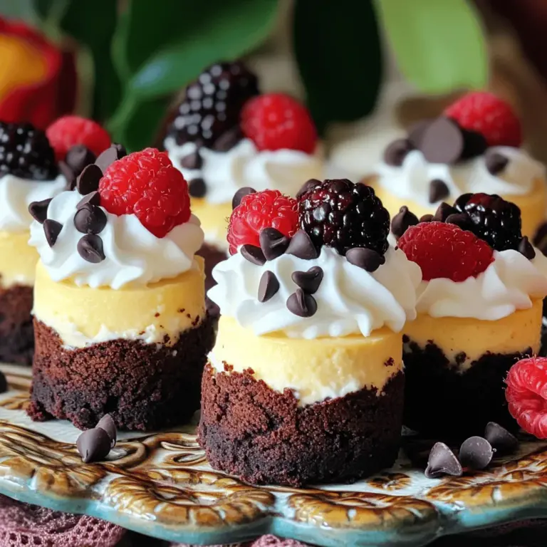 Für die Mini Brownie Bottom Cheesecakes brauchst du folgende Zutaten: - 1 Tasse Brownie-Mischung - 2 Esslöffel Wasser - 1/4 Tasse Pflanzenöl - 1 Päckchen (226 g) Frischkäse, weich - 1/2 Tasse Zucker - 1 Teelöffel Vanilleextrakt - 1 großes Ei - 1/2 Tasse Sauerrahm - 1/4 Tasse Mini-Schokoladenstückchen (optional) - Schlagsahne (zum Garnieren) - Frische Beeren (zum Dekorieren) Diese Zutaten bilden die Basis für die köstlichen Käsekuchen. Die Kombination aus Brownies und Käsekuchen sorgt für ein tolles Geschmackserlebnis. Du kannst dein Rezept leicht anpassen. Hier sind einige Ideen: - Nüsse: Füge gehackte Nüsse hinzu, um einen Crunch zu erhalten. - Früchte: Beeren oder Bananen passen super zur Käsekuchenfüllung. - Zimt: Eine Prise Zimt gibt einen warmen, würzigen Geschmack. - Kaffee: Ein wenig Instantkaffee kann die Schokoladennote verstärken. Experimentiere mit diesen Aromen, um deinen eigenen Twist zu finden! Die Wahl der richtigen Zutaten ist wichtig. Hier sind einige Tipps: - Frischkäse: Wähle hochwertigen, cremigen Frischkäse. Das sorgt für eine glatte Füllung. - Eier: Frische Eier geben der Füllung eine bessere Textur. - Zucker: Verwende feinen Zucker, damit er sich gut auflöst. - Schokoladenstückchen: Achte darauf, dass sie von guter Qualität sind. So schmelzen sie besser und schmecken intensiver. Gute Zutaten machen einen großen Unterschied in deinem Endprodukt. Achte darauf! Heize zuerst den Ofen auf 160°C vor. Nimm ein Muffinblech und lege es mit Papierförmchen aus. Diese Förmchen helfen, die Käseküchlein leicht herauszunehmen. Wenn du die Förmchen nicht hast, kannst du das Blech auch gut einfetten. In einer Rührschüssel vermischst du die Brownie-Mischung mit Wasser und Pflanzenöl. Rühre alles gut um, bis der Teig glatt ist. Nimm dann einen Esslöffel Teig und fülle ihn in jedes Förmchen. Drücke den Teig leicht nach unten, um eine feste Basis zu schaffen. Backe die Brownieböden für 10 Minuten im Ofen. Lass sie etwas abkühlen. In einer großen Schüssel schlägst du den weichen Frischkäse cremig. Füge den Zucker hinzu und mische weiter, bis alles gut vermengt ist. Gib den Vanilleextrakt dazu. Schlage das Ei ein, bis es fast vollständig eingearbeitet ist. Dann kommt der Sauerrahm dazu. Rühre alles zu einer glatten Masse. Wenn du magst, füge die Mini-Schokoladenstückchen hinzu. Löffle die Käsekuchenfüllung in die Förmchen über die Brownieböden. Fülle sie bis oben hin. Backe die Käseküchlein für 15-20 Minuten. Sie sind fertig, wenn die Füllung fest ist, aber in der Mitte noch leicht wackelt. Lass die Käseküchlein nach dem Backen 10 Minuten im Blech abkühlen, bevor du sie auf ein Drahtgitter legst. Kühle sie mindestens 2 Stunden im Kühlschrank. Ein häufiger Fehler ist, die Brownie-Böden zu lange zu backen. Sie sollten nur 10 Minuten backen. Andernfalls werden sie zu trocken. Ein weiterer Fehler ist, die Käsekuchenfüllung zu übermixen. Mixen Sie die Füllung nur bis alles gut vermischt ist. So bleibt die Konsistenz perfekt. Achten Sie darauf, den Frischkäse vorher weich werden zu lassen. Kalter Frischkäse kann Klumpen bilden und die Füllung ungleichmäßig machen. Um die perfekte Konsistenz zu erreichen, verwenden Sie Raumtemperatur-Zutaten. Mixen Sie den Frischkäse zuerst, dann den Zucker und die anderen Zutaten. Schlagen Sie das Ei nur kurz ein. Die Füllung sollte glatt, aber nicht überarbeitet sein. Wenn Sie Schokoladenstückchen hinzufügen, heben Sie diese vorsichtig unter. So bleibt die Füllung locker und cremig. Die Vorbereitungszeit beträgt etwa 20 Minuten. Stellen Sie sicher, dass alle Zutaten bereitstehen. So sparen Sie Zeit. Backen Sie die Käseküchlein bei 160°C (325°F). Nach dem Backen lassen Sie sie für 10 Minuten im Blech abkühlen. Danach sollten Sie sie auf ein Drahtgitter legen. Kühlen Sie die Käseküchlein mindestens zwei Stunden, besser über Nacht. Dies hilft, die Füllung zu festigen und den Geschmack zu verbessern. {{image_4}} Um die Mini Brownie Bottom Cheesecakes glutenfrei zu machen, wähle eine glutenfreie Brownie-Mischung. Diese gibt es in vielen Geschäften. Alternativ kannst du auch selbst Brownies aus glutenfreien Mehlen machen. Für vegane Cheesecakes ersetze den Frischkäse durch eine pflanzliche Creme. Cashew-Creme ist eine gute Wahl. Statt Eier kannst du Leinsamen verwenden, die du mit Wasser vermischst. Das gibt eine ähnliche Bindung. Du kannst die Aromen nach deinem Geschmack ändern. Zum Beispiel kannst du Schokolade durch Erdbeeren ersetzen. Füge pürierte Erdbeeren zu der Käsekuchenfüllung hinzu. Das gibt einen frischen Geschmack. Wenn du Schokolade magst, verwende Schokoladenstückchen oder Kakaopulver in der Käsekuchenfüllung. Für einen besonderen Kick füge etwas Zimt oder Kaffee hinzu. Diese Variationen machen die Mini Cheesecakes noch spannender. Die Dekoration kann das Aussehen deiner Mini Cheesecakes verändern. Für Geburtstage kannst du bunte Streusel hinzufügen. Für Hochzeiten sind frische Blumen eine schöne Idee. Ein Hauch von Puderzucker macht sie elegant. Wenn du sie zu einem Grillabend bringst, serviere sie mit einer fruchtigen Soße. Verwende frische Beeren oder eine Fruchtsauce für einen lebhaften Touch. Denke daran, die Dekoration zu wählen, die am besten zur Gelegenheit passt. Diese Variationen helfen dir, die Mini Brownie Bottom Cheesecakes an jeden Anlass anzupassen. Um die Mini Brownie Bottom Cheesecakes frisch zu halten, ist die richtige Lagerung wichtig. Nach dem Abkühlen sollten Sie die Cheesecakes in einen luftdichten Behälter legen. Dies schützt sie vor Austrocknung und hält ihren Geschmack. Verwenden Sie am besten ein Behältnis mit einer Schicht Backpapier, damit die Desserts nicht aneinander kleben. Im Kühlschrank halten sich die Cheesecakes etwa 3 bis 5 Tage. Achten Sie darauf, dass der Behälter gut verschlossen ist. Wenn Sie die Cheesecakes länger aufbewahren möchten, können Sie sie einfrieren. Im Gefrierfach bleiben sie bis zu 3 Monate frisch. Wickeln Sie sie vorher in Frischhaltefolie ein und legen Sie sie dann in einen Gefrierbehälter. So bleibt die Textur erhalten. Wenn Sie die gefrorenen Mini Cheesecakes wieder aufwärmen möchten, lassen Sie sie zuerst über Nacht im Kühlschrank auftauen. Am nächsten Tag können Sie sie bei Zimmertemperatur servieren. Wenn Sie sie warm genießen wollen, heizen Sie den Ofen auf 150°C vor und erwärmen Sie die Cheesecakes für etwa 10 Minuten. So werden sie wieder schön cremig. Ein Rezept ergibt 12 Mini Cheesecakes. Diese kleinen Leckereien passen perfekt auf einen Teller. Sie sind ideal für Feste oder kleine Zusammenkünfte. Jeder Cheesecake ist ein köstlicher Biss voller Geschmack. Ja, du kannst die Brownie-Mischung selbst machen. Verwende dafür einfach Mehl, Zucker, Kakao, Eier und Butter. Mische die Zutaten gut, bis der Teig glatt ist. Das gibt dir die Kontrolle über die Süße und den Geschmack. Selbst gemachte Brownies bieten oft eine bessere Textur. Die Cheesecakes sollten mindestens 2 Stunden kühl stehen. So festigen sie sich gut. Du kannst sie auch über Nacht im Kühlschrank lassen. Dadurch schmecken sie noch besser. Die Kälte macht sie frisch und lecker. Probiere sie mit Schlagsahne und Beeren! Mini Brownie Bottom Cheesecakes sind ein tolles Rezept. Wir haben die Zutaten, die Zubereitung und die Tipps zur Konsistenz behandelt. Alternativen wie glutenfreie oder vegane Varianten sind auch möglich. Vergessen Sie nicht, die Lagerungshinweise zu befolgen, damit die Cheesecakes frisch bleiben. Probieren Sie diese leckeren Kleinigkeiten aus. Sie werden es lieben, und Ihre Gäste auch! Experimentieren Sie und genießen Sie jede Biss.