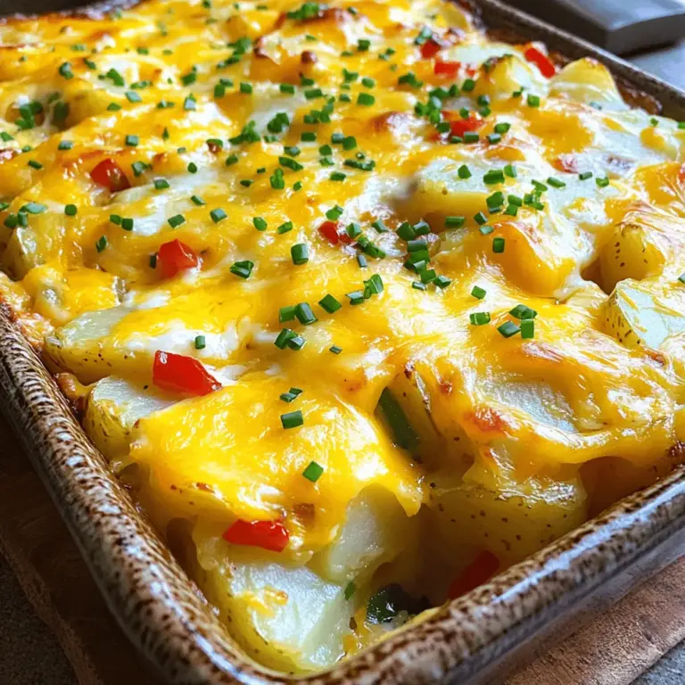 - 4 große Russel-Kartoffeln, geschält und gewürfelt - 1 Tasse scharfen Cheddar-Käse, gerieben - 1 Tasse Mozzarella-Käse, gerieben - 6 große Eier - 1 Tasse Milch - 1 Paprika (rot oder grün), gewürfelt - 1 kleine Zwiebel, fein gehackt - 1 Teelöffel Knoblauchpulver - 1 Teelöffel Paprika (edelsüß) - 1/2 Teelöffel Salz - 1/2 Teelöffel schwarzer Pfeffer - 2 Esslöffel Olivenöl - Frische Schnittlauch oder Petersilie, zum Garnieren Ich liebe es, einen herzhaften Auflauf zu machen. Die Hauptzutaten sind ganz wichtig. Die Kartoffeln geben dem Gericht die Basis. Sie sind einfach zu schälen und zu würfeln. Der scharfe Cheddar-Käse bringt den Geschmack. Mozzarella sorgt für die schöne, zähe Käse-Textur. Diese Mischung macht jeden Biss köstlich. Die weiteren Zutaten sind auch wichtig. Die Eier und Milch binden alles zusammen. Sie machen den Auflauf cremig und lecker. Paprika und Zwiebel bringen Frische und Farbe ins Gericht. Die Gewürze sind der Schlüssel zu einem guten Geschmack. Knoblauchpulver und Paprika sorgen für Tiefe. Salz und schwarzer Pfeffer runden alles ab. Olivenöl hilft beim Anbraten der Zwiebel und Paprika. Es gibt auch einen tollen Glanz für den Auflauf. Zum Schluss garnieren frische Kräuter das Gericht. Sie setzen einen schönen Farbpunkt und machen es noch schmackhafter. Für das vollständige Rezept schauen Sie sich den Abschnitt "Full Recipe" an. Heizen Sie Ihren Ofen auf 175°C vor. Das ist wichtig, um den Auflauf gleichmäßig zu garen. Schälen und würfeln Sie die großen Russel-Kartoffeln. Dies gibt dem Auflauf die perfekte Textur. Schneiden Sie auch die Zwiebel und Paprika in kleine Stücke. Das macht das Anbraten leichter und sorgt für einen schönen Geschmack. Kochen Sie die gewürfelten Kartoffeln in gesalzenem Wasser. Lassen Sie sie etwa 10 bis 12 Minuten kochen, bis sie zart sind. Achten Sie darauf, dass sie nicht zerfallen. Nach dem Kochen gießen Sie die Kartoffeln ab und stellen sie beiseite. So können sie abkühlen und die restlichen Zutaten vorbereiten. Erhitzen Sie Olivenöl in einer großen Pfanne bei mittlerer Hitze. Fügen Sie die gehackte Zwiebel und die Paprika hinzu und braten Sie sie etwa 5 bis 7 Minuten an. Sie sollen weich und duftend sein. In einer großen Schüssel verquirlen Sie die Eier, Milch, Knoblauchpulver, Paprika, Salz und schwarzen Pfeffer. Jetzt sind wir bereit, den Auflauf zusammenzustellen. Verteilen Sie die gekochten Kartoffeln gleichmäßig auf dem Boden einer gefetteten Auflaufform. Geben Sie die Hälfte der Zwiebel- und Paprikamischung darüber. Streuen Sie die Hälfte des Cheddar- und Mozzarella-Käses darüber. Gießen Sie die Hälfte der Eimischung über die Schichten. Wiederholen Sie dies mit den restlichen Zutaten und beenden Sie es mit Käse obenauf. Jetzt kommt der spannende Teil! Stellen Sie den Auflauf in den vorgeheizten Ofen und backen Sie ihn 35 bis 40 Minuten lang. Der Auflauf ist fertig, wenn er aufgeht und goldbraun ist. Nehmen Sie ihn aus dem Ofen und lassen Sie ihn etwa 5 Minuten ruhen. So kann er sich setzen. Schneiden Sie ihn in Stücke und garnieren Sie ihn mit frischem Schnittlauch oder Petersilie. Für das vollständige Rezept, schauen Sie sich die Full Recipe an. Wählen Sie die richtigen Kartoffeln für Ihren Auflauf. Ich empfehle Russel-Kartoffeln. Diese Sorte hat eine tolle Textur. Sie bleiben beim Garen fest und zerfallen nicht. Kochen Sie die Kartoffeln in gesalzenem Wasser. Achten Sie darauf, sie nicht zu lange zu garen. Zehn bis zwölf Minuten sind genug, bis sie zart sind. Käse macht diesen Auflauf besonders lecker. Ich mag es, scharfen Cheddar und Mozzarella zu mischen. Diese Kombination gibt dem Gericht einen tollen Geschmack. Sie können auch Frischkäse oder Ricotta hinzufügen. Diese Käse sorgen für Cremigkeit und eine schöne Konsistenz. Haben Sie spezielle Diätwünsche? Es gibt einfache Anpassungen. Für eine glutenfreie Version können Sie glutenfreies Brot hinzufügen. Vegetarier können Wurst und Speck weglassen. Fügen Sie mehr Gemüse hinzu, um den Geschmack zu verstärken. Spinat oder Zucchini sind tolle Optionen. So bleibt der Auflauf gesund und lecker. {{image_4}} Sie können die Vielfalt Ihres Auflaufs erhöhen. Fügen Sie Spinat oder Champignons hinzu. Diese Gemüsesorten geben mehr Geschmack und Nährstoffe. Zucchini oder Brokkoli sind auch gute Optionen. Zucchini bringt eine milde Süße, während Brokkoli knackig bleibt. Beide Gemüsesorten passen gut zu Käse und Kartoffeln. Für mehr Protein können Sie Wurst oder Speck hinzufügen. Diese Zutaten machen den Auflauf herzhaft und sättigend. Wenn Sie eine vegane Option bevorzugen, versuchen Sie pflanzliche Wurst. Diese gibt Ihnen den gleichen tollen Geschmack. Auch Kichererbsen oder Linsen sind gute Proteinquellen. Um Ihrem Gericht einen Kick zu geben, verwenden Sie Cayennepfeffer. Dieser sorgt für eine scharfe Note. Alternativ können Sie italienische Kräuter wie Oregano oder Basilikum nutzen. Diese Gewürze geben dem Auflauf einen neuen, frischen Geschmack. Experimentieren Sie mit den Gewürzen, um Ihre perfekte Mischung zu finden. Um den Auflauf richtig zu kühlen, lasse ihn zuerst abkühlen. Schneide ihn dann in Portionen. Lege die Stücke in einen luftdichten Behälter. So bleibt der Auflauf frisch. Im Kühlschrank hält er etwa 3 bis 4 Tage. Willst du Reste einfrieren? Das ist einfach! Teile den Auflauf in Portionen. Wickel jede Portion in Frischhaltefolie. Lege sie dann in einen Gefrierbeutel. So bleibt der Geschmack erhalten. Du kannst den Auflauf bis zu 3 Monate einfrieren. Um ihn wieder aufzuwärmen, nimm eine Portion heraus und lasse sie im Kühlschrank auftauen. Du kannst ihn auch direkt aus dem Gefrierfach backen. Heize den Ofen auf 175°C vor und backe den Auflauf für 30 bis 40 Minuten. Nach dem Einfrieren kann der Auflauf etwas trocken werden. Um den Geschmack aufzufrischen, füge etwas frische Milch oder Sahne hinzu. Das macht ihn wieder cremig. Du kannst die Reste auch in anderen Gerichten verwenden. Mische sie in eine Suppe oder verwende sie in einem Omelett. So verwandelst du Reste in neue Köstlichkeiten. Die Zubereitungszeit beträgt 20 Minuten. Die Kochzeit ist etwa 35-40 Minuten. Insgesamt dauert es also etwa 1 Stunde. Ja, Sie können den Auflauf im Voraus machen. Bereiten Sie ihn bis zum Backen vor. Decken Sie die Form ab und kühlen Sie sie. Backen Sie ihn dann einfach, wenn Sie bereit sind. Das macht das Frühstück einfach und schnell. Es gibt einige tolle Alternativen. Süßkartoffeln sind eine gute Wahl. Auch Blumenkohl oder Quinoa können verwendet werden. Diese Optionen sind gesund und lecker. Ja, der Auflauf kann leicht vegetarisch sein. Lassen Sie das Fleisch weg und fügen Sie mehr Gemüse hinzu. Pilze oder Spinat sind tolle Ergänzungen. Sie erhalten immer noch viel Geschmack und Textur. Ja, der Auflauf kann glutenfrei sein. Achten Sie darauf, glutenfreie Zutaten zu verwenden. Die meisten Käse und Gewürze sind glutenfrei. Vermeiden Sie auch Brot oder Paniermehl in der Mischung. So bleibt Ihr Auflauf lecker und für alle geeignet. Dieser Auflauf ist einfach und lecker. Wir haben die Hauptzutaten wie Kartoffeln und Käse ausgewählt. Die Schritt-für-Schritt-Anleitung sorgt für einen gelungenen Genuss. Tipp: Variiere mit Gemüse und Käse, um Neues zu entdecken. Der Auflauf lässt sich gut lagern und einfrieren. Mit ein paar Anpassungen wirst du viele Gäste begeistern. Ob für die Familie oder ein Treffen mit Freunden, dieser Auflauf wird immer gut ankommen. Probier es aus und genieße!
