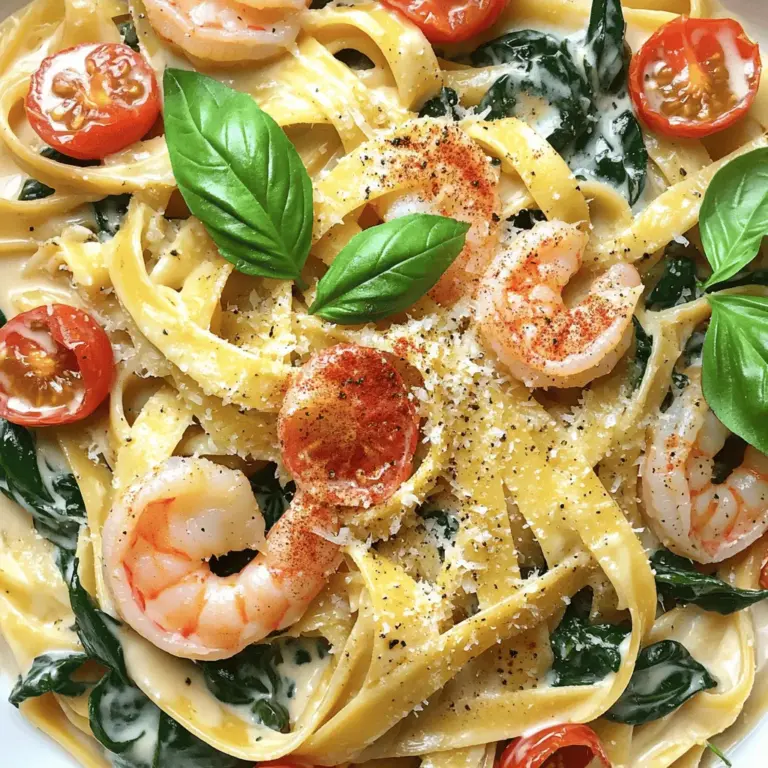 Für diese leckere cremige Garnelen-Pasta benötigst du folgende Hauptzutaten: - 340 g Fettuccine-Nudeln - 450 g große Garnelen, geschält und entdarmt - 3 Esslöffel Olivenöl - 4 Knoblauchzehen, fein gehackt - 240 ml Schlagsahne - 150 g Cherry-Tomaten, halbiert - 150 g Babyspinatblätter - 1 Teelöffel Paprika - 1/2 Teelöffel rote Pfefferflocken (optional) - Salz und schwarzer Pfeffer nach Geschmack - 50 g geriebener Parmesan - Frische Basilikumblätter zum Garnieren Diese Zutaten sind leicht zu finden und machen das Gericht besonders köstlich. Die Gewürze bringen Leben in die Sauce. Paprika fügt eine angenehme Tiefe hinzu. Rote Pfefferflocken geben etwas Schärfe, wenn du es magst. Salz und schwarzer Pfeffer sind wichtig, um den Geschmack zu betonen. Frische Kräuter wie Basilikum sind das i-Tüpfelchen für den besten Geschmack. Frische Zutaten machen einen großen Unterschied. Wähle platte, grüne Spinatblätter und vollreife Cherry-Tomaten. Achte darauf, dass die Garnelen frisch sind. Sie sollten fest und leicht glänzend sein. Wenn du die Fettuccine selbst machst, wird das Gericht noch besser. Diese Details heben deine cremige Garnelen-Pasta hervor. Du kannst alle Zutaten in der [Full Recipe] nachlesen. Kochen Sie zuerst die Fettuccine in einem großen Topf. Nutzen Sie sprudelndes, gesalzenes Wasser. Kochen Sie die Nudeln nach Packungsanweisung, bis sie al dente sind. Das dauert etwa 8 bis 10 Minuten. Vergessen Sie nicht, 120 ml vom Nudelwasser aufzuheben. Es hilft später in der Sauce. Erhitzen Sie nun 3 Esslöffel Olivenöl in einer großen Pfanne. Wenn das Öl heiß ist, fügen Sie die Garnelen in einer einzigen Lage hinzu. Würzen Sie die Garnelen mit Salz, schwarzem Pfeffer und 1 Teelöffel Paprika. Braten Sie sie 2 bis 3 Minuten pro Seite. Sie sind fertig, wenn sie rosa und undurchsichtig sind. Nehmen Sie die Garnelen aus der Pfanne und stellen Sie sie beiseite. In derselben Pfanne geben Sie 4 fein gehackte Knoblauchzehen hinzu. Braten Sie den Knoblauch 30 Sekunden lang an, bis er duftet. Fügen Sie dann 240 ml Schlagsahne hinzu. Rühren Sie gut um, damit der Knoblauch sich verteilt. Schmecken Sie die Sauce mit Salz und schwarzem Pfeffer ab. Sie können auch rote Pfefferflocken für etwas Schärfe hinzufügen. Lassen Sie die Sauce bei sanfter Hitze köcheln. Geben Sie 150 g halbierte Cherry-Tomaten und 150 g Babyspinatblätter in die Sauce. Kochen Sie alles 2 bis 3 Minuten. Die Tomaten sollten weich sein und der Spinat verwelkt. Jetzt fügen Sie die gekochte Fettuccine und die Garnelen zurück in die Pfanne. Mischen Sie alles gut. Wenn die Sauce zu dick ist, geben Sie nach Bedarf das aufbewahrte Nudelwasser hinzu. Dies hilft, die Sauce zu lockern und macht sie cremiger. Rühren Sie 50 g geriebenen Parmesan in die Mischung. Der Käse schmilzt und macht die Sauce noch cremiger. Passen Sie die Würze nach Ihrem Geschmack an. Richten Sie die cremige Garnelen-Pasta auf Tellern an. Garnieren Sie mit frischen Basilikumblättern. Sie verleihen dem Gericht ein tolles Aroma und eine schöne Farbe. So einfach ist es, eine köstliche Mahlzeit zuzubereiten! Für das vollständige Rezept schauen Sie sich den Abschnitt "Full Recipe" an. Wenn du cremige Garnelen-Pasta machst, gibt es einige häufige Fehler. Achte darauf, die Pasta nicht zu lange zu kochen. Sie sollte al dente sein. Wenn die Garnelen zu lange in der Pfanne sind, werden sie gummiartig. Koche sie nur, bis sie rosa und undurchsichtig sind. Achte darauf, die Schlagsahne nicht zu stark zu erhitzen. Sie sollte sanft köcheln, sonst kann sie gerinnen. Um den Geschmack zu variieren, kannst du verschiedene Zutaten hinzufügen. Zum Beispiel, probiere frische Kräuter wie Petersilie oder Dill. Ein Spritzer Zitrone kann die Aromen aufhellen. Für einen schärferen Kick füge mehr rote Pfefferflocken hinzu. Du kannst auch andere Gemüsesorten wie Zucchini oder Erbsen verwenden. Diese geben zusätzliche Frische und Farbe. Die Zubereitung ist einfach, wenn du die richtigen Methoden verwendest. Beginne mit der Pasta, damit sie rechtzeitig fertig ist. Während die Pasta kocht, kannst du die Garnelen vorbereiten. Nutze die gleiche Pfanne für die Sauce. So sparst du Zeit und intensivierst den Geschmack. Halte die Hitze beim Kochen der Sauce niedrig, um die perfekte Cremigkeit zu erreichen. Für die beste Textur mische die Pasta und Garnelen sofort in die Sauce. So bleibt alles schön warm und lecker. Das hilft dir, die cremige Garnelen-Pasta perfekt zuzubereiten. Weitere Details findest du im [Full Recipe]. {{image_4}} Für eine leckere vegetarische Alternative kann man die Garnelen durch Pilze ersetzen. Champignons oder Austernpilze passen gut. Brate die Pilze einfach in Olivenöl an, bis sie goldbraun sind. Dann folge dem Rezept wie gewohnt. Das bringt einen herzhaften Geschmack und bleibt trotzdem cremig. Füge auch etwas Zucchini oder Brokkoli hinzu, um mehr Gemüse in die Pasta zu bringen. Falls du eine glutenfreie Option suchst, benutze glutenfreie Pasta. Es gibt viele Sorten aus Reis oder Linsen. Koche die glutenfreie Pasta nach Anleitung. Die anderen Schritte bleiben gleich. Achte darauf, dass alle anderen Zutaten ebenfalls glutenfrei sind. So genießt du das Gericht ohne Sorgen. Wenn du es scharf magst, füge frische Chilis oder Chiliflocken hinzu. Du kannst bei der Zubereitung etwas mehr rote Pfefferflocken verwenden. Auch frische, gehackte Jalapeños sind eine gute Wahl. Diese geben der Sahnesauce einen tollen Kick. Schmecke die Sauce ab, um die Schärfe nach deinem Wunsch anzupassen. Mit dieser Variante wird die cremige Garnelen-Pasta richtig spannend! Um die cremige Garnelen-Pasta frisch zu halten, bewahre sie in einem luftdichten Behälter auf. Lass die Pasta zuerst auf Zimmertemperatur abkühlen. Decke den Behälter gut ab, um das Austrocknen zu vermeiden. So bleibt die Creme schön glatt. Wenn du die Pasta wieder aufwärmen möchtest, benutze eine Pfanne. Füge einen Schuss Wasser oder Brühe hinzu, um die Sauce zu lockern. Erhitze sie bei niedriger Temperatur, um ein Anbrennen zu verhindern. Rühre häufig um, damit alles gleichmäßig warm wird. Im Kühlschrank hält sich die Pasta etwa 3 bis 4 Tage. Im Gefrierschrank kann sie bis zu 3 Monate bleiben. Achte darauf, die Portionen gut zu verpacken, um Gefrierbrand zu vermeiden. Wenn du sie wieder auftauen möchtest, lasse sie im Kühlschrank über Nacht. Um die Sauce cremiger zu machen, füge mehr Schlagsahne hinzu. Du kannst auch Frischkäse oder Mascarpone verwenden. Diese Zutaten machen die Sauce reichhaltiger. Reduziere die Hitze, während du die Sahne erhitzt. So bleibt sie glatt und dick. Ja, du kannst andere Pasta verwenden. Spaghetti, Penne oder Tagliatelle sind gute Alternativen. Achte darauf, die Kochzeit anzupassen. Einige Sorten brauchen länger als Fettuccine. Eine frische Beilage passt gut. Du kannst einen grünen Salat mit Zitronen-Vinaigrette machen. Auch knuspriges Brot ist eine tolle Wahl. Es hilft, die cremige Sauce aufzusaugen. Zuerst, die Garnelen schälen und entdarmen. Dann würze sie mit Salz und Pfeffer. Du kannst sie auch vorher marinieren. Eine einfache Marinade aus Olivenöl und Knoblauch funktioniert gut. Koche die Pasta al dente, also bissfest. Achte darauf, sie nicht zu lange zu kochen. Spüle die Pasta nicht mit Wasser ab. Das entfernt die Stärke, die hilft, die Sauce zu binden. Wenn du das Rezept befolgst, wie im Full Recipe angegeben, sollte deine Pasta perfekt sein. In diesem Blogbeitrag haben wir die besten Zutaten für cremige Garnelen-Pasta besprochen. Ich habe Schritt für Schritt erklärt, wie du die Pasta machst, die Garnelen brätst und die Sauce zubereitest. Zudem gab es nützliche Tipps, um häufige Fehler zu vermeiden und Varianten auszuprobieren. Denke daran, richtig zu lagern und die Haltbarkeit im Blick zu behalten. Cremige Garnelen-Pasta ist einfach und lecker. Probier die Tipps aus. Du wirst sehen, wie einfach und köstlich es sein kann!