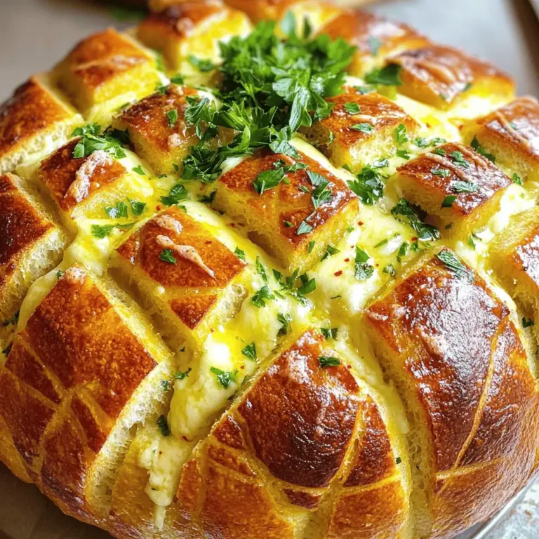 - Großer runder Laib Brot (Sauerteig oder Boule) - Ungesalzene Butter, geschmolzen - 4 Knoblauchzehen, fein gehackt Die Hauptzutaten sind einfach zu finden. Du kannst frisches Brot in jedem Bäcker kaufen. Die Butter macht das Brot weich und schmackhaft. Knoblauch ist ein Muss für den besten Geschmack. - Frische Petersilie, fein gehackt - Getrockneter Oregano - Rote Pfefferflocken (optional) Für die Gewürze benutze ich frische Petersilie. Sie gibt dem Brot eine schöne Farbe. Oregano bringt den typischen italienischen Geschmack. Wenn du es scharf magst, füge rote Pfefferflocken hinzu. So wird das Brot noch interessanter. - Geriebener Mozzarella-Käse - Geriebener Parmesan-Käse - Salz nach Geschmack Käse ist der Star dieses Rezepts. Der Mozzarella schmilzt schön und macht das Brot zähflüssig. Parmesan gibt einen tollen, kräftigen Geschmack. Achte darauf, das Salz sparsam zu verwenden. Du kannst den Käse nach deinem Geschmack anpassen. Für das komplette Rezept schau dir die [Full Recipe] an. Heize deinen Ofen auf 190°C vor. Das sorgt für eine perfekte Backtemperatur. Während der Ofen vorheizt, bereite die Knoblauch-Butter-Mischung vor. Nimm eine kleine Schüssel und vermenge die geschmolzene Butter, den gehackten Knoblauch, die Petersilie, den Oregano, die roten Pfefferflocken und etwas Salz. Rühre alles gut um, bis es gleichmäßig gemischt ist. Legen Sie den großen Brotlaib auf ein Blatt Alufolie. Schneide das Brot vorsichtig in ein Kreuzmuster. Achte darauf, die Unterseite nicht zu durchtrennen. Die Einschnitte sollten etwa 2,5 cm voneinander entfernt sein. Dadurch kann die Knoblauch-Butter-Mischung gut eindringen. Nimm einen Löffel oder einen Pinsel und fülle die Mischung in die Einschnitte. Sei großzügig beim Einfüllen, damit das Brot voll von Geschmack ist. Streue die Käsesorten gleichmäßig über das Brot und in die Einschnitte. Der Mozzarella und Parmesan schmelzen schön und geben einen tollen Geschmack. Wickel das Brot in die Aluminiumfolie ein. Das hilft, den Käse gleichmäßig zu schmelzen. Backe das Brot im Ofen für 15 bis 20 Minuten. Nach dieser Zeit entferne die Folie und backe es weitere 5 bis 10 Minuten, bis der Käse sprudelt und goldbraun ist. Lass das Brot kurz abkühlen. Garniere es mit frischer Petersilie und genieße es. Schau dir das [Full Recipe] an, um alle Schritte zu sehen! Um die perfekte Textur zu erreichen, sind die Einschnitte wichtig. Schneiden Sie das Brot in einem Kreuzmuster. Die Einschnitte sollten tiefer als 2,5 cm sein. So kann die Knoblauch-Butter-Mischung gut eindringen. Achten Sie darauf, die Unterkruste nicht zu durchtrennen. Frische Zutaten machen das Brot noch besser. Verwenden Sie frischen Knoblauch und frische Kräuter. Diese Zutaten bringen mehr Geschmack. Experimentieren Sie mit verschiedenen Käsesorten. Neben Mozzarella können Sie Cheddar oder Gouda verwenden. Diese Käsesorten geben dem Brot einen anderen Geschmack. Auch die Gewürze können variieren. Fügen Sie etwas Thymian oder Rosmarin hinzu. Diese Kräuter passen gut zu Knoblauch. Sie verleihen dem Brot eine besondere Note. Dips und Beilagen können das Erlebnis verbessern. Probieren Sie einen würzigen Joghurt-Dip oder eine cremige Käsesauce. Diese passen gut zu dem knusprigen Brot. Käse-Knoblauch-Zupfbrot ist ideal für Partys. Es ist einfach zu teilen und macht Spaß. Auch beim Entspannen mit Freunden ist es ein Hit. Es bringt Geselligkeit in jede Runde. {{image_4}} Für alle, die Gemüse lieben, gibt es viele Optionen. Du kannst zum Beispiel Paprika, Zucchini oder Spinat hinzufügen. Diese Gemüsefüllungen bringen Farbe und frischen Geschmack. Ein weiterer toller Tipp ist, veganen Käse zu verwenden. So wird das Brot für jeden zugänglich. Veganer Käse schmilzt vielleicht nicht so gut, aber die Aromen sind immer noch lecker! Wenn du es scharf magst, füge Jalapeños hinzu. Sie geben dem Brot einen tollen Kick. Auch knuspriger Speck passt perfekt. Die Kombination aus Käse und Speck ist unwiderstehlich. Du kannst auch scharfe Gewürzmischungen verwenden, um mehr Geschmack zu erzielen. Experimentiere mit verschiedenen Gewürzen, um deine perfekte Mischung zu finden. Wusstest du, dass du das Brot auch süß machen kannst? Mit etwas Honig oder Marmelade wird es zu einem besonderen Snack. Zimt und Zucker sind auch eine tolle Option. Diese Kombination gibt dem Brot einen warmen, süßen Geschmack. Du wirst überrascht sein, wie gut süßes Zupfbrot schmecken kann! Um Ihr Käse-Knoblauch-Zupfbrot frisch zu halten, lagern Sie es im Kühlschrank. Wickeln Sie das Brot in Frischhaltefolie oder Aluminiumfolie. So bleibt es weich und verliert nicht an Geschmack. Vor dem Servieren erwärmen Sie es kurz im Ofen. Das gibt dem Brot seine ursprüngliche, knusprige Textur zurück. Wie lange bleibt das Brot frisch? Im Kühlschrank bleibt es etwa 3 bis 5 Tage gut. Achten Sie auf Anzeichen für Verderb. Wenn es schimmelig aussieht oder unangenehm riecht, werfen Sie es weg. Sicherheit geht vor, auch bei leckerem Brot. Möchten Sie das Brot länger aufbewahren? Frieren Sie es einfach ein. Schneiden Sie das Brot in Portionen, bevor Sie es einfrieren. Wickeln Sie jede Portion fest ein. So bleibt es bis zu 3 Monate frisch. Zum Auftauen legen Sie es einfach für einige Stunden in den Kühlschrank. Alternativ können Sie es direkt im Ofen aufwärmen. So schmeckt es fast wie frisch gebacken. Die Zubereitung von Käse-Knoblauch-Zupfbrot dauert etwa 35 Minuten. Die Vorbereitungszeit beträgt 15 Minuten. Die Kochzeit liegt zwischen 20 und 30 Minuten, abhängig von Ihrem Ofen. Ja, Sie können das Rezept leicht anpassen. Fügen Sie mehr Käse hinzu, wenn Sie das mögen. Sie können auch verschiedene Käsesorten verwenden, wie Cheddar oder Gouda. Für mehr Geschmack probieren Sie frische Kräuter wie Thymian oder Rosmarin. Wenn Sie scharfe Aromen mögen, fügen Sie etwas Chili oder Jalapeños hinzu. Ein frischer Salat passt gut dazu und bringt eine schöne Balance. Probieren Sie auch Dips wie marinierte Oliven oder einen würzigen Hummus. Sogar eine cremige Tomatensuppe ist eine tolle Wahl. Viele genießen Käse-Knoblauch-Zupfbrot auch einfach mit einem Glas Wein. Das Käse-Knoblauch-Zupfbrot ist ein einfaches und leckeres Rezept. Wir haben die Hauptzutaten wie Brot, Butter und Knoblauch besprochen. Die Schritt-für-Schritt-Anleitung hilft dir, das perfekte Brot zu backen. Variationen machen das Gericht spannend und anpassbar. Richtig lagern ist wichtig für die Frische. Denke daran, mit Gewürzen und Käsesorten zu experimentieren. Probiere neue Kombinationen aus, um deinen eigenen Stil zu finden! So wird dein nächstes Essen ein voller Erfolg.