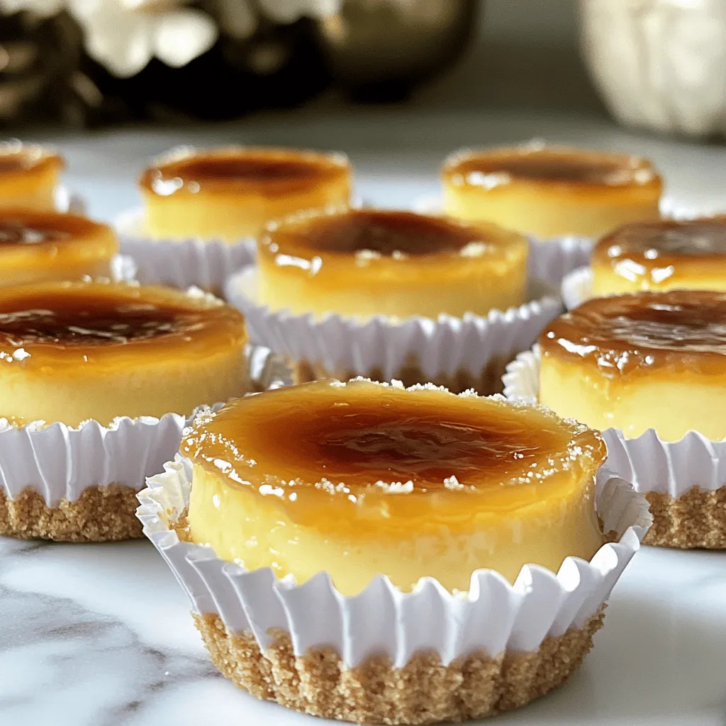 Um diese köstlichen Mini Crème Brûlée Cheesecakes zu machen, benötigen Sie folgende Zutaten: - 1 Tasse Graham-Cracker-Brösel - 3 Esslöffel ungesalzene Butter, geschmolzen - 2 Tassen Frischkäse, weich - ¾ Tasse Kristallzucker - 1 Teelöffel Vanilleextrakt - 2 große Eier - 1 Tasse Schlagsahne - 1 Esslöffel Speisestärke - Zusätzlicher Zucker zum Karamellisieren Diese Zutaten sind einfach zu finden. Sie schaffen die Basis für einen leckeren Käsekuchen. Für die Zubereitung dieser Mini Cheesecakes brauchen Sie ein paar wichtige Küchenutensilien: - Muffinblech mit Papierförmchen - Große Rührschüssel - Handmixer oder Schneebesen - Küchenbrenner (oder Grill) - Messbecher und Esslöffel - Gummispatel Mit diesen Utensilien gelingt Ihnen die Zubereitung spielend leicht. Die Qualität Ihrer Zutaten beeinflusst den Geschmack. Hier sind einige Tipps: - Wählen Sie frischen Frischkäse. Er sollte weich und cremig sein. - Nutzen Sie echte Vanille. Sie gibt mehr Geschmack als künstlicher Extrakt. - Achten Sie auf frische Eier. Sie machen den Käsekuchen luftiger. - Kaufen Sie hochwertige Schlagsahne. Diese sorgt für eine reichhaltige Füllung. Mit diesen einfachen Tipps verwenden Sie die besten Zutaten für Ihr Rezept. Für die gesamte Schritt-für-Schritt-Anleitung schauen Sie sich das Full Recipe an. Heize deinen Ofen auf 162°C (325°F) vor. In einer Schüssel vermischst du die Graham-Cracker-Brösel mit der geschmolzenen Butter. Achte darauf, dass alles gut vermengt ist. Drücke die Mischung fest in den Boden von 12 Muffinförmchen. Backe die Krusten für 5 Minuten und lasse sie dann abkühlen. In einer großen Rührschüssel rührst du den weichen Frischkäse mit einem Handmixer glatt. Füge dann langsam den Kristallzucker hinzu. Mische weiter, bis alles gut verbunden ist. Rühre den Vanilleextrakt und die Speisestärke ein. Gib die Eier einzeln dazu und mixe nur kurz. Gieße zuletzt die Schlagsahne hinzu und rühre, bis die Mischung schön glatt ist. Gieße die Käsekuchenmischung über die abgekühlten Krusten, bis sie ¾ voll sind. Stelle das Muffinblech in den Ofen und backe es 20-25 Minuten. Die Ränder sollten fest sein, während die Mitte leicht wackelig bleibt. Schalte den Ofen aus und lasse die Käsekuchen 10 Minuten dort ruhen. Nimm sie dann heraus und lasse sie 30 Minuten bei Raumtemperatur abkühlen. Danach stelle sie in den Kühlschrank für mindestens 4 Stunden. Du kannst die detaillierte Anleitung im [Full Recipe] nachlesen. Bei der Zubereitung von Mini Crème Brûlée Cheesecakes gibt es einige häufige Fehler. Einer davon ist, die Füllung zu lange zu rühren. Zu viel Luft kann die Konsistenz ruinieren. Ein weiterer Fehler ist, die Käsekuchen zu früh aus dem Ofen zu nehmen. Die Mitte sollte leicht wackelig sein, aber die Ränder müssen fest sein. Achten Sie darauf, dass Sie die Käsekuchen nach dem Backen im Ofen auskühlen lassen. So vermeiden Sie Risse. Um die perfekte Konsistenz zu erreichen, nutzen Sie Raumtemperatur-Zutaten. Weicher Frischkäse und Eier lassen sich besser vermischen. Verwenden Sie auch eine gute Mischungstechnik. Fügen Sie die Eier nacheinander hinzu und rühren Sie nur so lange, bis sie gerade integriert sind. Das hält die Füllung cremig und glatt. Wenn Sie die Schlagsahne hinzufügen, mischen Sie vorsichtig, um die Luftigkeit nicht zu verlieren. Ein Handmixer ist ideal für die Füllung. Er sorgt dafür, dass alles gleichmäßig vermischt wird. Ein Silikonspatel hilft, die Mischung aus der Schüssel zu bekommen, ohne viel zu verschwenden. Zum Karamellisieren verwenden Sie am besten einen Küchenbrenner. Wenn Sie keinen haben, nutzen Sie den Grill im Ofen. Legen Sie die Käsekuchen unter den Grill, aber halten Sie ein Auge darauf. So erzielen Sie die perfekte goldene Kruste. Für das Rezept können Sie die [Full Recipe] nachlesen. {{image_4}} Mini Crème Brûlée Cheesecakes können viel mehr sein als nur ein Klassiker. Du kannst sie mit verschiedenen Aromen aufpeppen. Probiere zum Beispiel: - Zitronenaroma: Füge etwas Zitronensaft und abgeriebene Schale hinzu. - Schokolade: Vermische geschmolzene Schokolade in die Käsekuchenfüllung. - Karamell: Verwende Karamellsoße in der Füllung für einen süßen Kick. Diese Variationen bringen neuen Schwung in dein Dessert. Möchtest du eine glutenfreie Version? Kein Problem! Du kannst die Graham-Cracker durch glutenfreie Kekse ersetzen. Hier sind einige Ideen: - Glutenfreie Kekse: Nutze Kekse aus Reis oder Mandeln. - Nüsse: Mahle Mandeln oder Walnüsse und verwende sie für die Kruste. So kannst du alle genießen, egal welche Diät sie haben. Diese kleinen Köstlichkeiten sind perfekt für Feiern. Sie sind nicht nur lecker, sondern sehen auch toll aus. Hier sind einige Anlässe, für die sie sich eignen: - Geburtstagsfeiern: Jeder liebt Cheesecake! - Hochzeiten: Klein und elegant, ideal für den großen Tag. - Festlichkeiten: Weihnachten oder Ostern, als süßes Highlight. Du kannst sie auch einfach mit frischen Beeren oder essbaren Blüten dekorieren. So hebst du sie noch mehr hervor. Für das volle Rezept, schau dir den [Full Recipe] an und entdecke, wie einfach diese Mini Crème Brûlée Cheesecakes zuzubereiten sind! Um Mini Crème Brûlée Cheesecakes frisch zu halten, bewahren Sie sie im Kühlschrank auf. Leichte Abdeckung mit Frischhaltefolie schützt sie vor Gerüchen. Vermeiden Sie den Kontakt mit anderen Lebensmitteln. Das hilft, den feinen Geschmack zu bewahren. Im Kühlschrank halten sich die Cheesecakes bis zu fünf Tage. Sie sind dann noch lecker und cremig. Für längere Lagerung können Sie sie einfrieren. Im Gefrierschrank halten sie bis zu drei Monate. Achten Sie darauf, sie gut einzupacken, um Gefrierbrand zu vermeiden. Um den vollen Geschmack zu genießen, tauen Sie die gefrorenen Cheesecakes im Kühlschrank auf. Lassen Sie sie über Nacht dort. Vor dem Servieren können Sie die Karamellschicht frisch zubereiten. Das gibt dem Dessert einen tollen Crunch und macht es besonders lecker. Mini Crème Brûlée Cheesecakes halten sich im Kühlschrank etwa 4 bis 5 Tage. Sie bleiben frisch und lecker, wenn Sie sie gut abdecken. Achten Sie darauf, dass sie nicht mit anderen starken Gerüchen im Kühlschrank in Kontakt kommen. So bleibt der feine Geschmack der Cheesecakes erhalten. Ja, Sie können diese Cheesecakes im Voraus zubereiten. Bereiten Sie sie einfach einen Tag vorher vor und lassen Sie sie im Kühlschrank ruhen. Das gibt den Aromen Zeit, sich zu verbinden. Wenn Sie bereit sind zu servieren, karamellisieren Sie den Zucker kurz vor dem Essen. So bleibt die Kruste knusprig und frisch. Wenn Sie keinen Küchenbrenner haben, gibt es einfache Alternativen. Eine Methode ist, die Cheesecakes unter den Grill Ihres Ofens zu stellen. Streuen Sie den Zucker auf die Oberseite und beobachten Sie genau. In wenigen Minuten wird der Zucker goldbraun und knusprig. Eine andere Möglichkeit ist, einen heißen Topf zu verwenden, um den Zucker zu schmelzen. Achten Sie darauf, dass der Zucker nicht verbrennt. Die Mini Crème Brûlée Cheesecakes sind einfach zuzubereiten und lecker. Sie benötigen wenige Zutaten und spezielle Utensilien. Ich habe Tipps gegeben, um die besten Zutaten auszuwählen und häufige Fehler zu vermeiden. Auch Variationen und Lagerungshinweise sind wichtig, um den besten Geschmack zu erreichen. Denke daran, kreativ mit Aromen umzugehen. Mit den richtigen Techniken wirst du immer perfekte Cheesecakes zaubern. Viel Freude beim Ausprobieren!