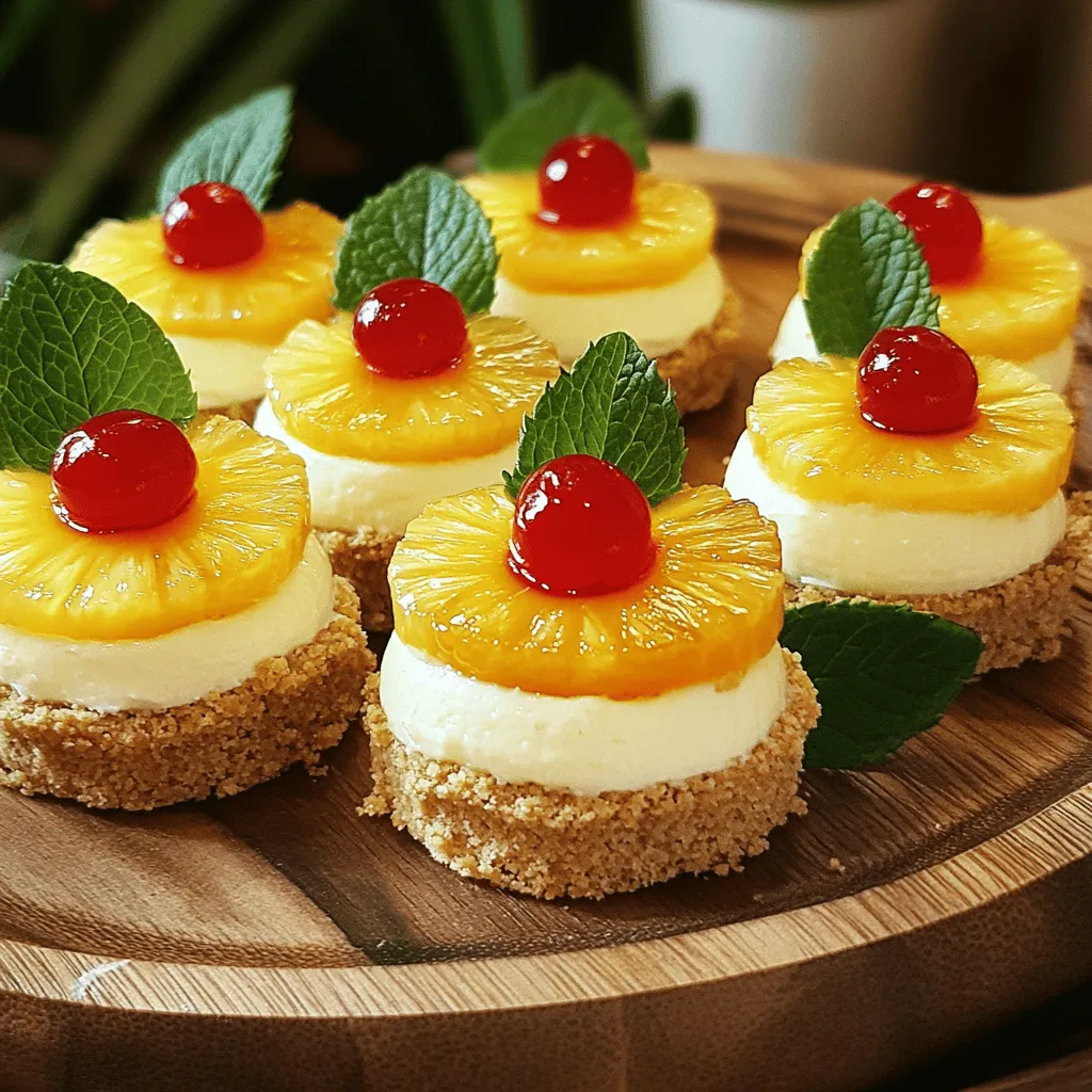 - Zerbröselte Graham Crackers - Ungesalzene Butter - Frischkäse - Kristallzucker - Saure Sahne - Vanilleextrakt - Zerdrückte Ananas - Ananasscheiben - Maraschino-Kirschen - Eine Prise Salz Um die Mini Ananaskäseküchlein perfekt zuzubereiten, sind frische Zutaten wichtig. Die zerbröselten Graham Crackers dienen als Basis. Diese geben den Küchlein eine knusprige Textur. Ungesalzene Butter hält die Kruste zusammen und sorgt für einen tollen Geschmack. Frischkäse ist das Herzstück der Käsemasse. Er verleiht den Küchlein eine cremige Konsistenz. Kristallzucker süßt das Ganze, während saure Sahne eine leichte Frische hinzufügt. Vanilleextrakt bringt ein warmes Aroma in die Mischung. Zerdrückte Ananas sorgt für den fruchtigen Kick. Sie macht die Küchlein saftig und lecker. Die Ananasscheiben kommen oben drauf und geben einen schönen Look. Maraschino-Kirschen sind das i-Tüpfelchen. Sie bringen Farbe und Süße ins Spiel. Eine Prise Salz ist wichtig. Es hebt die Aromen hervor und balanciert die Süße aus. Du kannst die Zutaten nach Belieben anpassen. Das macht dein Rezept einzigartig! Für das vollständige Rezept schau dir die [Full Recipe] an. Um diese Mini Ananaskäseküchlein zu machen, folgen Sie diesen Schritten: - Heizen Sie den Ofen auf 160 °C (325 °F) vor. - Fetten Sie ein Muffinblech leicht mit Kochspray ein. - Mischen Sie 1 Tasse zerbröselte Graham Crackers mit 1/4 Tasse geschmolzener Butter. - Drücken Sie die Mischung gleichmäßig in jedes Muffinbecher. - Rühren Sie 1/2 Tasse Frischkäse mit 1/4 Tasse Kristallzucker cremig. - Fügen Sie 1/4 Tasse saure Sahne, 1 Teelöffel Vanilleextrakt und eine Prise Salz hinzu. - Vermengen Sie alles gut. Heben Sie 1/2 Tasse zerdrückte Ananas vorsichtig unter. - Füllen Sie die Käsemasse gleichmäßig in die Böden. - Legen Sie 12 Ananasscheiben auf jedes Küchlein und drücken Sie sie leicht ein. - Backen Sie für 18-20 Minuten, bis die Ränder fest sind. - Lassen Sie die Küchlein 10 Minuten im Ofen abkühlen. - Nehmen Sie sie heraus und lassen Sie sie 30 Minuten auf einem Gitter abkühlen. - Kühlen Sie die Küchlein für mindestens 2 Stunden im Kühlschrank. - Dekorieren Sie jedes Küchlein mit einer Maraschino-Kirsche. Wenn Sie das Rezept im Detail sehen möchten, schauen Sie sich [Full Recipe] an. Um die beste Textur zu erzielen, bringen Sie den Frischkäse zuerst auf Zimmertemperatur. Dies hilft, Klumpen zu vermeiden. Teilen Sie den Frischkäse in kleine Stücke und lassen Sie ihn etwa 30 Minuten draußen. Rühren Sie dann den Frischkäse mit Zucker gut um. Eine gleichmäßige Mischung ist wichtig. Mischen Sie alles gründlich, damit die Käsemasse cremig wird. Das Anrichten der Küchlein macht viel Spaß. Stellen Sie die Mini-Käseküchlein auf eine schöne Servierplatte. Garnieren Sie sie mit frischen Minzblättern, um Farbe zu bringen. Ein wenig geschmolzene Butter und brauner Zucker auf den Küchlein sorgen für einen tollen Glanz. Es sieht toll aus und schmeckt lecker. Vermeiden Sie es, die Küchlein zu lange zu backen. Sie sollten leicht wackeln, wenn Sie sie aus dem Ofen nehmen. Ein weiterer Fehler ist, sie nicht genug zu kühlen. Lassen Sie die Küchlein mindestens zwei Stunden im Kühlschrank. So können sie fest werden und ihren vollen Geschmack entfalten. {{image_4}} Möchten Sie etwas Neues probieren? Verwenden Sie Mango oder Pfirsich. Diese Früchte bringen frischen Geschmack. Mango gibt eine süße Note, während Pfirsich eine zarte Säure hat. Beide Früchte passen gut zu Käsekuchen. Sie können auch andere tropische Früchte verwenden. Papaya oder Guave verleihen einen exotischen Touch. Mixen Sie verschiedene Früchte, um Ihre eigenen Kombinationen zu kreieren. Haben Sie glutenfreie Gäste? Ersetzen Sie die Graham Crackers. Verwenden Sie gemahlene Mandeln oder glutenfreie Kekse. Diese Alternativen bieten den gleichen Crunch. Achten Sie darauf, die anderen Zutaten anzupassen. Überprüfen Sie die Quellengleichheit der verwendeten Produkte. So bleibt der Geschmack gleich, aber alles ist glutenfrei. Sie können auch die Aromen anpassen. Fügen Sie Kokosnuss hinzu für einen tropischen Kick. Raspeln Sie frische Kokosnuss oder verwenden Sie Kokosnussraspel. Beide Optionen bringen viel Geschmack. Eine weitere Idee ist, Schokoladensoße als Topping zu verwenden. Diese Kombination macht den Käsekuchen noch dekadenter. Seien Sie kreativ und gestalten Sie Ihre Mini-Käseküchlein nach Ihrem Geschmack. Um die Mini Ananaskäseküchlein frisch zu halten, bewahre sie im Kühlschrank auf. Stelle sie in einen luftdichten Behälter. So bleiben sie bis zu fünf Tage lecker. Du kannst sie auch einfrieren. Lege sie einfach in einen gefrierfesten Behälter. So halten sie sich bis zu drei Monate. Um festzustellen, ob die Küchlein frisch sind, schau dir die Farbe an. Wenn sie einen dunklen Farbton haben, sind sie nicht mehr gut. Rieche daran. Ein saurer Geruch zeigt, dass sie alt sind. Auch die Textur ist wichtig. Wenn sie matschig oder trocken sind, ist es besser, sie wegzuwerfen. Mini Ananaskäseküchlein sind im Kühlschrank etwa 5 bis 7 Tage haltbar. Lagern Sie sie in einem luftdichten Behälter. So bleiben sie frisch und lecker. Sie können die Küchlein auch einfrieren. Im Gefrierschrank halten sie bis zu 3 Monate. Wickeln Sie sie gut in Frischhaltefolie ein, um Frostschäden zu vermeiden. Ja, Sie können die Mini Ananaskäseküchlein im Voraus zubereiten. Bereiten Sie die Küchlein bis zu einem Tag vorher zu und kühlen Sie sie ab. Lagern Sie sie in einem luftdichten Behälter. So bleibt der Geschmack frisch. Wenn Sie sie einfrieren, lassen Sie sie vor dem Servieren einfach im Kühlschrank auftauen. Ja, es gibt eine vegane Variante dieses Rezepts. Ersetzen Sie den Frischkäse durch einen veganen Frischkäse. Nutzen Sie pflanzliche Butter anstelle von ungesalzener Butter. Verwenden Sie auch eine pflanzliche saure Sahne. So machen Sie die Küchlein für Veganer geeignet. Zusammenfassend haben wir hier ein einfaches Rezept für Mini Ananaskäseküchlein besprochen. Vom Zutatenbedarf über die Zubereitung bis zu hilfreichen Tipps und Variationen bleibt alles klar. Achte darauf, die Küchlein gut zu lagern und auf Anzeichen von Verderb zu prüfen. Deine Küchlein können vielfältig angepasst werden, um jedem Geschmack zu gefallen. Probiere die Varianten aus und finde deine Lieblingsversion. Mit diesen Schritten gelingen die Küchlein bestimmt!