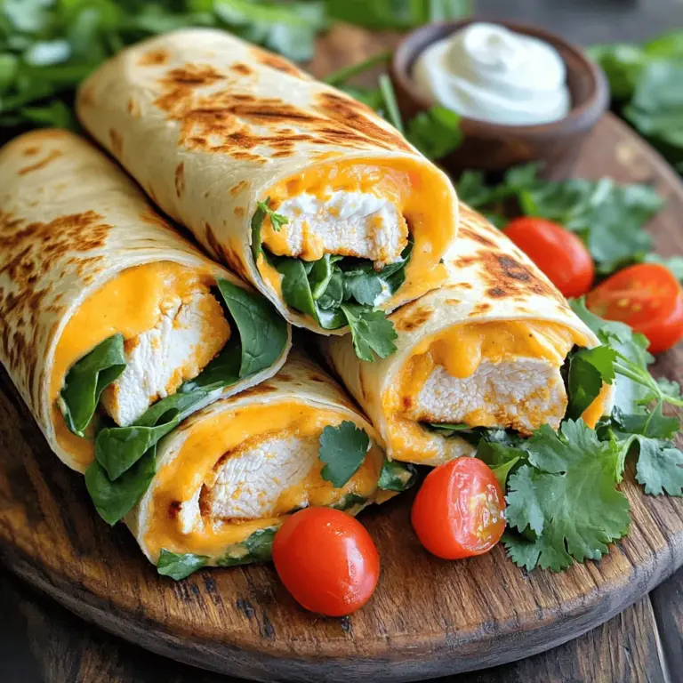 Die Hauptzutaten sind einfach und lecker. Sie machen die Wraps besonders. Hier ist die Liste: - 2 große Hähnchenbrustfilets, gegrillt und in Scheiben geschnitten - 1 Tasse geriebener Cheddar-Käse - 1 Tasse Frischkäse, weichgerührt - 2 Knoblauchzehen, fein gehackt - 1 Esslöffel Olivenöl - 1 Teelöffel Paprika - Salz und Pfeffer nach Geschmack - 4 große Weizentortillas - 1 Tasse frische Spinatblätter - 1/2 Tasse gewürfelte Tomaten - 1/4 Tasse frischer Koriander, gehackt (optional) - Sauerrahm oder griechischer Joghurt (zum Servieren) Jede Zutat bringt viel Geschmack und Textur. Das Hähnchen gibt Protein. Käse macht alles schön cremig. Knoblauch bringt ein tolles Aroma. Die Gewürze machen den Wrap besonders. Paprika sorgt für Farbe und einen leichten Kick. Salz und Pfeffer bringen den Geschmack zur Geltung. Diese Gewürze sind wichtig für das Gesamtbild. Frische Zutaten machen den Wrap noch besser. Ich mag es, frische Spinatblätter und gewürfelte Tomaten zu verwenden. Diese geben Farbe und Nährstoffe. Koriander kann optional dazu. Er gibt einen frischen Geschmack. Wenn du die Wraps noch frischer magst, füge Avocado oder Gurke hinzu. Diese Zutaten passen perfekt und machen den Wrap leicht und knackig. Schau dir das vollständige Rezept an, um mehr Ideen zu sammeln! Zuerst bereiten wir die Zutaten vor. Für die Käse-Knoblauch-Hühnchen-Wraps brauchen wir frische und leckere Produkte. Hier sind die Zutaten: - 2 große Hähnchenbrustfilets, gegrillt und in Scheiben geschnitten - 1 Tasse geriebener Cheddar-Käse - 1 Tasse Frischkäse, weichgerührt - 2 Knoblauchzehen, fein gehackt - 1 Esslöffel Olivenöl - 1 Teelöffel Paprika - Salz und Pfeffer nach Geschmack - 4 große Weizentortillas - 1 Tasse frische Spinatblätter - 1/2 Tasse gewürfelte Tomaten - 1/4 Tasse frischer Koriander, gehackt (optional) - Sauerrahm oder griechischer Joghurt (zum Servieren) Denke daran, alles gut vorzubereiten. So sparst du Zeit, wenn du mit dem Kochen beginnst. Jetzt machen wir die Käse-Hühnchen-Mischung. Erhitze in einer Pfanne bei mittlerer Hitze das Olivenöl. Füge den gehackten Knoblauch hinzu und sautiere ihn für 1-2 Minuten. Der Knoblauch sollte duften und leicht goldbraun sein. In einer großen Schüssel vermischst du dann die geschnittenen Hähnchenbrustfilets, den Frischkäse, den geriebenen Cheddar-Käse, Paprika, Salz und Pfeffer. Rühre alles gut um, bis das Hähnchen gleichmäßig mit der cremigen Mischung bedeckt ist. Jetzt geht es ans Wickeln! Lege die Weizentortillas auf eine saubere Arbeitsfläche. Gib in jede Tortilla eine großzügige Portion der Käse-Hühnchen-Mischung. Füge eine Handvoll Spinatblätter und einige gewürfelte Tomaten hinzu. Wenn du magst, streue auch etwas Koriander darüber. Falte die Seiten der Tortilla ein, dann rolle sie von unten nach oben auf. So entsteht ein leckerer Wrap. Heize eine Pfanne bei mittlerer bis hoher Hitze vor. Lege die gefüllten Tortillas mit der Naht nach unten in die Pfanne. Röste sie für 2-3 Minuten pro Seite, bis sie goldbraun und knusprig sind. Lass die Wraps kurz abkühlen, bevor du sie durchschneidest. Für das vollständige Rezept schau dir die Details an. Die Füllung ist der Schlüssel zu einem leckeren Wrap. Sie sollte cremig, aber nicht zu flüssig sein. Ich verwende weichen Frischkäse und geriebenen Cheddar. Diese Käse geben viel Geschmack und halten alles zusammen. Mischen Sie die Füllung gut. Achten Sie darauf, dass das Hähnchen gleichmäßig verteilt ist. So bekommt jeder Biss den perfekten Käsegeschmack. Grillen ist eine Kunst. Um die Wraps knusprig zu machen, heizen Sie die Pfanne gut vor. Legen Sie die Wraps mit der Naht nach unten. So bleibt die Füllung besser drin. Grillen Sie jede Seite für 2-3 Minuten. Achten Sie auf eine goldbraune Farbe. Wenn die Wraps fertig sind, lassen Sie sie kurz ruhen. So bleibt die Füllung schön warm und die Tortilla wird nicht zu weich. Seien Sie kreativ mit Ihren Wraps! Fügen Sie verschiedene Gemüsesorten hinzu, wie Paprika oder Zucchini. Sie können auch Hühnchen durch Tofu ersetzen, um eine vegetarische Option zu schaffen. Wenn Sie es scharf mögen, geben Sie etwas Chili oder scharfe Soße hinzu. Diese Variationen machen das Rezept spannend und passen zu jedem Geschmack. Weitere Ideen finden Sie in der Vollständigen Rezeptbeschreibung. {{image_4}} Wenn Sie eine vegetarische Option möchten, ersetzen Sie das Hähnchen. Verwenden Sie gegrilltes Gemüse wie Zucchini, Paprika und Aubergine. Diese Gemüse geben einen tollen Geschmack. Fügen Sie auch mehr Spinat und Feta-Käse hinzu. So wird der Wrap nicht nur lecker, sondern auch bunt. Für mehr Würze können Sie Jalapeños oder scharfe Soße hinzufügen. Scharfe Paprika bringt einen Kick in die Füllung. Wenn Sie es besonders scharf mögen, versuchen Sie auch Chilipulver. Diese Anpassungen sorgen für einen aufregenden Geschmack. Wenn Sie glutenfrei essen, nutzen Sie glutenfreie Tortillas. Es gibt viele gute Marken, die nicht viel kosten. Achten Sie darauf, dass auch die anderen Zutaten glutenfrei sind. So können alle in den Genuss dieser leckeren Wraps kommen. Sie können die Ideen der Variationen für Ihre eigenen Kreationen nutzen und die Wraps anpassen. Für das vollständige Rezept klicken Sie auf [Full Recipe]. Um die Reste Ihrer Käse-Knoblauch-Hühnchen-Wraps frisch zu halten, sollten Sie sie in einem luftdichten Behälter aufbewahren. Wickeln Sie jeden Wrap in Frischhaltefolie, bevor Sie ihn in den Behälter legen. So bleibt die Füllung saftig und der Wrap knusprig. Stellen Sie sicher, dass der Behälter fest verschlossen ist, damit keine Luft eindringen kann. Wenn Sie die Wraps wieder aufwärmen möchten, verwenden Sie eine Pfanne oder einen Grill. Erhitzen Sie die Pfanne bei mittlerer Hitze. Legen Sie die Wraps hinein und erwärmen Sie sie für etwa 3-4 Minuten pro Seite. So werden sie wieder knusprig und die Füllung bleibt lecker. Vermeiden Sie die Mikrowelle, da sie die Wraps weich und gummiartig machen kann. Im Kühlschrank sind die Käse-Knoblauch-Hühnchen-Wraps bis zu drei Tage haltbar. Achten Sie darauf, sie innerhalb dieser Zeit zu essen, um den besten Geschmack zu genießen. Wenn Sie die Wraps länger aufbewahren möchten, können Sie sie auch einfrieren. So bleiben sie bis zu drei Monate frisch. Denken Sie daran, sie vor dem Einfrieren gut zu verpacken, um Frostschäden zu vermeiden. Die Vorbereitung dauert nur 15 Minuten. Die gesamte Zubereitungszeit beträgt 30 Minuten. So hast du ein schnelles und leckeres Essen auf dem Tisch. Die Wraps sind perfekt für ein schnelles Abendessen oder ein einfaches Mittagessen. Ja, du kannst gefrorenes Hähnchen verwenden. Achte darauf, es vorher richtig aufzutauen. Das Aufwärmen im Kühlschrank über Nacht ist am besten. So bleibt das Hähnchen saftig und zart. Das Rezept ergibt vier Portionen. Es ist ideal für eine kleine Familie oder einen entspannten Abend mit Freunden. Wenn du mehr Gäste hast, kannst du die Menge einfach verdoppeln. Die Wraps sind leicht zu machen und sehr sättigend. Wenn du das [Full Recipe] befolgst, wird jeder satt und zufrieden sein. Käse-Knoblauch-Hühnchen-Wraps sind einfach und lecker. Wir haben die Hauptzutaten, Gewürze und frische Optionen besprochen. Du hast eine Schritt-für-Schritt-Anleitung für die Zubereitung erhalten. Tipps für perfekte Konsistenz und die besten Grilltechniken sind wichtig. Variationen wie eine vegetarische oder glutenfreie Version bieten viel Vielfalt. Denke auch an die richtigen Aufbewahrungsinformationen für deine Reste. Diese Wraps sind schnell und einfach zuzubereiten – ein Genuss für jeden! Probier sie aus und teile deine Erfahrungen.