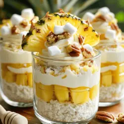 Um ein leckeres Pineapple Dream Dessert zu machen, brauchst du folgende Zutaten: - 1 Tasse zerdrückte Ananas, gut abgetropft - 1 Tasse Hüttenkäse - 1 Tasse Schlagsahne - 1/2 Tasse geriebene Kokosnüsse - 1/2 Tasse Mini-Marshmallows - 1/4 Tasse gehackte Pekannüsse (oder Walnüsse) - 2 Esslöffel Honig oder Ahornsirup - 1 Teelöffel Vanilleextrakt - Frische Ananasscheiben zur Garnierung Diese Zutaten machen das Dessert frisch und fruchtig. Falls du einige Zutaten nicht hast, gibt es einfache Alternativen. Zum Beispiel kannst du: - Griechischen Joghurt anstelle von Hüttenkäse verwenden. - Schlagsahne durch Kokoscreme ersetzen, um einen veganen Touch zu bekommen. - Statt Pekannüssen auch Mandeln oder Cashews nehmen. Mit diesen Alternativen bleibt der Geschmack großartig. Das Pineapple Dream Dessert hat eine perfekte Mischung aus süß und cremig. Die Ananas bringt Frische und Fruchtigkeit. Der Hüttenkäse gibt eine herzhafte Note, während die Schlagsahne eine luftige Textur schafft. Die geriebenen Kokosnüsse fügen einen tropischen Crunch hinzu. Die Mini-Marshmallows sind weich und süß. Die Pekannüsse bringen Knusprigkeit und einen nussigen Geschmack. Alles zusammen macht das Dessert zu einem echten Erlebnis. Du wirst die verschiedenen Texturen und Geschmäcker lieben. Wenn du das gesamte Rezept ausprobieren möchtest, findest du das hier: Full Recipe. Um die Ananas-Hüttenkäse-Mischung zuzubereiten, nimm eine große Rührschüssel. Füge die abgetropfte Ananas hinzu. Dann gib den Hüttenkäse dazu. Rühre die Mischung gut um, bis alles gleichmäßig vermischt ist. Es sollte eine glatte und cremige Textur entstehen. Dieser Schritt ist wichtig, damit sich die Aromen gut verbinden. Für die Schlagsahne nimm eine separate Schüssel. Stelle sicher, dass die Schüssel kalt ist. Schlage die Sahne mit einem Handmixer oder Schneebesen, bis sich weiche Spitzen bilden. Achte darauf, die Sahne nicht zu übermixen. Sie sollte leicht und fluffig bleiben. Das gibt deinem Dessert die perfekte Konsistenz. Jetzt ist es Zeit, die geschlagene Sahne zur Ananas-Hüttenkäse-Mischung zu geben. Hebe die Sahne vorsichtig unter, bis sie gut integriert ist. Füge die geriebenen Kokosnüsse, Mini-Marshmallows und gehackte Pekannüsse hinzu. Verteile dann Honig oder Ahornsirup und das Vanilleextrakt. Rühre alles sanft um. Danach löffelst du die Mischung in Dessertschalen oder eine große Schüssel. Lass das Dessert mindestens eine Stunde im Kühlschrank. So entfalten sich die Aromen und es wird fest. Vor dem Servieren garniere es mit frischen Ananasscheiben. Du kannst auch etwas geriebene Kokosnuss darüber streuen. Sieht toll aus und schmeckt fantastisch! Ein häufiger Fehler beim Pineapple Dream Dessert ist, die Ananas nicht gut abtropfen zu lassen. Nasse Ananas kann das Dessert wässrig machen. Achte darauf, die Ananas gründlich abtropfen zu lassen. Ein weiterer Fehler ist, die Schlagsahne zu lange zu schlagen. Wenn die Schlagsahne zu fest wird, verliert sie ihre Luftigkeit. Schlage sie nur bis sich weiche Spitzen bilden. Präsentiere das Dessert in klaren Gläsern. So kannst du die bunten Schichten gut sehen. Füge frische Ananasscheiben obenauf, um Farbe und Frische hinzuzufügen. Eine Prise geriebene Kokosnuss kann einen schönen Akzent setzen. Ein Minzblatt macht das Dessert noch ansprechender und gibt einen Hauch von Farbe. Du kannst das Pineapple Dream Dessert leicht anpassen. Füge andere Früchte wie Mango oder Papaya hinzu. Wenn du es gesünder magst, benutze weniger Zucker oder Honig. Für einen schokoladigen Twist kannst du Schokoladenstückchen oder Kakaopulver hinzufügen. Experimentiere und finde deine perfekte Mischung! Für das vollständige Rezept sieh dir die Details im *Full Recipe* an. {{image_4}} Das Pineapple Dream Dessert ist vielseitig. Du kannst es mit anderen Früchten anpassen. Mango, Kiwi oder Papaya passen gut. Sie bringen neue Aromen. Einfach die Ananas durch deine Lieblingsfrucht ersetzen. Das gibt dir eine frische, tropische Note. Wenn du eine Mischung magst, kombiniere verschiedene Früchte. Es wird bunt und lecker! Um das Dessert gesünder zu machen, reduziere den Zucker. Du kannst den Honig oder Sirup ganz weglassen. Die Ananas ist von Natur aus süß. Füge mehr frische Früchte hinzu, um den Geschmack zu verstärken. Banane oder Beeren sind tolle Optionen. Sie geben zusätzliche Ballaststoffe und Vitamine. So bleibt das Dessert leicht und gesund. Wenn du Spaß am Experimentieren hast, füge Schokolade oder Nüsse hinzu. Schokolade gibt dem Dessert eine süße Note. Du kannst Schokoladenstückchen oder Kakaopulver verwenden. Nüsse wie Mandeln oder Walnüsse sorgen für Crunch. Sie bringen auch gesunde Fette in dein Dessert. Denk daran, die Zutaten gut zu mischen, damit jeder Bissen köstlich ist. Um das Pineapple Dream Dessert richtig zu lagern, decke es gut ab. Du kannst Frischhaltefolie oder einen Deckel verwenden. So bleibt das Dessert frisch und die Aromen erhalten sich. Lagere es immer im Kühlschrank. Das Dessert hält sich im Kühlschrank etwa 3 bis 5 Tage. Nach dieser Zeit kann die Textur abnehmen. Die Früchte können matschig werden und die Sahne verliert ihre Frische. Achte also auf das Haltbarkeitsdatum. Du kannst das Dessert auch einfrieren, aber es ändert die Textur. Um es einzufrieren, teile es in Portionen auf. Verwende luftdichte Behälter oder Gefrierbeutel. So bleibt es bis zu 2 Monate haltbar. Vor dem Servieren solltest du es im Kühlschrank auftauen lassen. Die Zubereitung des Pineapple Dream Desserts dauert etwa 15 Minuten. Es braucht dann noch mindestens 1 Stunde im Kühlschrank. So können sich die Aromen gut verbinden. Ingesamt sind es also etwa 1 Stunde und 15 Minuten, bis du es genießen kannst. Ja, du kannst das Pineapple Dream Dessert vegan machen. Verwende einfach pflanzlichen Hüttenkäse, wie Soja- oder Mandelquark. Für die Sahne kannst du vegane Schlagsahne nutzen. Achte darauf, dass der Honig durch Ahornsirup ersetzt wird, um es vollständig vegan zu halten. So bleibt der Geschmack toll. Du kannst viele verschiedene Früchte für das Rezept nutzen. Mango, Pfirsiche oder Beeren passen sehr gut dazu. Diese Früchte bringen frische Aromen und schöne Farben. Probiere aus, was dir am besten schmeckt. Das macht das Dessert noch spannender. Für das vollständige Rezept, schau dir die [Full Recipe] an. Das Pineapple Dream Dessert ist einfach und lecker. Wir haben die Hauptzutaten, Zubereitung und viele Tipps besprochen. Du kannst es anpassen und variieren, wie du willst. Denk daran, häufige Fehler zu vermeiden, um das Beste daraus zu machen. Lagere es gut, und es bleibt lange frisch. Egal, ob du Gäste beeindrucken oder einfach etwas Süßes für dich selbst willst, dieses Dessert begeistert immer. Experimentiere mit neuen Zutaten und mache das Rezept zu deinem eigenen. Viel Spaß beim Zubereiten!