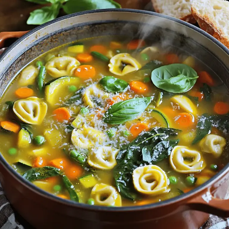 Um eine köstliche veggie-beladene Tortellini-Suppe zu machen, benötigst du folgende Zutaten: - 1 Esslöffel Olivenöl - 1 mittlere Zwiebel, gewürfelt - 2 Knoblauchzehen, fein gehackt - 2 mittelgroße Karotten, gewürfelt - 2 Selleriestangen, gewürfelt - 1 Zucchini, gewürfelt - 1 Paprika (beliebige Farbe), gewürfelt - 1 Tasse grüne Bohnen, gehackt - 1 Dose (400 g) gewürfelte Tomaten, mit Saft - 1,5 Liter Gemüsebrühe - 1 Teelöffel getrockneter Oregano - 1 Teelöffel getrockneter Basilikum - Salz und Pfeffer nach Geschmack - 1 Packung (250 g) frische Tortellini (Käse oder Gemüse) - 2 Tassen frischer Spinat - Geriebener Parmesan zum Servieren (optional) Frische Zutaten machen einen großen Unterschied. Gehe zum Markt und suche nach: - Knackigem Gemüse ohne Flecken. - Zwiebeln, die fest und schwer sind. - Tomaten mit einer tiefen Farbe. - Frischem Spinat, der lebendig grün aussieht. Achte darauf, dass die Tortellini frisch sind. Sie sollten im Kühlregal sein und nicht zu lange haltbar sein. Für die Zubereitung dieser Suppe brauchst du einige einfache Küchengeräte: - Einen großen Topf für das Kochen. - Ein scharfes Messer zum Schneiden des Gemüses. - Ein Schneidebrett für die Sicherheit. - Einen Holzlöffel zum Umrühren. - Eine Schüssel für die Zutaten. Mit diesen Geräten bist du bereit, die veggie-beladene Tortellini-Suppe zuzubereiten. Für das vollständige Rezept, schau dir die [Full Recipe] an. Zuerst erhitze ich das Olivenöl in einem großen Topf. Ich mache das bei mittlerer Hitze. Wenn das Öl heiß ist, gebe ich die gewürfelte Zwiebel dazu. Ich brate die Zwiebel für etwa drei bis vier Minuten. Sie wird glasig und gibt ein tolles Aroma ab. Danach füge ich den fein gehackten Knoblauch hinzu. Ich lasse ihn eine weitere Minute rösten. So entfaltet er einen guten Duft. Nun kommen die anderen Gemüse ins Spiel. Zuerst gebe ich die gewürfelten Karotten und den Sellerie in den Topf. Ich sautiere sie etwa fünf Minuten lang. Danach füge ich die Zucchini, Paprika und grünen Bohnen hinzu. Ich koche alles zusammen für weitere fünf Minuten. Es ist wichtig, gelegentlich umzurühren. So wird das Gemüse gleichmäßig weich und lecker. Jetzt ist es Zeit für die Brühe. Ich gieße die gewürfelten Tomaten mit Saft und die Gemüsebrühe in den Topf. Dann rühre ich alles gut um. Ich würze die Suppe mit Oregano, Basilikum, Salz und Pfeffer. Ich lasse die Suppe langsam aufkochen. Danach reduziere ich die Hitze und lasse sie 15 Minuten köcheln. Jetzt füge ich die frischen Tortellini hinzu. Ich koche sie gemäß den Packungsanweisungen, normalerweise für drei bis fünf Minuten. Kurz bevor ich die Suppe serviere, rühre ich den frischen Spinat unter. Er verwelkt in ein bis zwei Minuten. Die Suppe ist damit fertig und bereit zum Genießen! Für das komplette Rezept, siehe [Full Recipe]. Um die Suppe gut zu würzen, fügen Sie die Kräuter am richtigen Zeitpunkt hinzu. Ich benutze Oregano und Basilikum. Diese Kräuter bringen den Geschmack nach vorne. Probieren Sie die Suppe während des Kochens. So wissen Sie, ob mehr Salz oder Pfeffer nötig ist. Ich empfehle, die Gewürze nach und nach hinzuzufügen. So bleibt der Geschmack frisch und lebendig. Wenn Sie Reste haben, können Sie diese Suppe leicht aufpeppen. Fügen Sie einfach mehr Gemüse oder eine neue Sorte Tortellini hinzu. Auch Reis oder Quinoa passen gut. Sie können die Reste auch in eine Auflaufform geben und im Ofen backen. So entsteht ein neuer, leckeres Gericht. Reste schmecken oft sogar besser, wenn sie ein paar Tage im Kühlschrank stehen. Um den Geschmack zu intensivieren, fügen Sie einen Spritzer Zitronensaft hinzu. Das bringt Frische und Tiefe. Für weniger Kalorien können Sie die Tortellini reduzieren und mehr Gemüse hinzufügen. Verwenden Sie Zucchini-Nudeln für eine leichte Variante. Auch die Brühe kann fettarm sein. So bleibt die Suppe lecker und gesund. Für das vollständige Rezept schauen Sie sich die vollständige Anleitung an. {{image_4}} Um die Tortellini-Suppe vegan zu machen, ersetzen Sie die Käse-Tortellini durch pflanzliche Tortellini. Sie können auch frische Pilze hinzufügen, um einen herzhaften Geschmack zu erzielen. Verwenden Sie Gemüsebrühe ohne tierische Produkte. Diese Anpassungen machen die Suppe leicht und lecker. Sie können viele Gemüsesorten in der Suppe nutzen. Brokkoli, Blumenkohl und Kürbis sind tolle Optionen. Diese bringen nicht nur Abwechslung, sondern auch viele Nährstoffe. Kombinieren Sie das Gemüse nach Ihrem Geschmack. Das macht die Suppe bunt und ansprechend. Wenn Sie keine Tortellini haben, probieren Sie Reis oder Quinoa. Diese Optionen sind ebenfalls sättigend und geben der Suppe eine neue Textur. Kochen Sie den Reis oder die Quinoa separat. Fügen Sie sie dann am Ende zur Suppe hinzu. So bleibt alles frisch und lecker. Sie finden die komplette Rezeptur in der [Full Recipe]. Um die veggie-beladene Tortellini-Suppe frisch zu halten, sollten Sie sie in einem luftdichten Behälter aufbewahren. Lassen Sie die Suppe zuerst vollständig abkühlen. Dann füllen Sie sie in den Behälter. Stellen Sie sicher, dass der Deckel gut schließt. So bleibt die Suppe bis zu fünf Tage im Kühlschrank haltbar. Für längere Lagerung können Sie die Suppe auch einfrieren. Füllen Sie die erkaltete Suppe in gefriergeeignete Behälter oder Beutel. Achten Sie darauf, etwas Platz für die Ausdehnung der Flüssigkeit zu lassen. Beschriften Sie die Behälter mit Datum. So wissen Sie, wie lange die Suppe schon im Gefrierfach ist. Genießen Sie die Suppe innerhalb von drei Monaten für den besten Geschmack. Um die Reste aufzuwärmen, geben Sie die Suppe in einen Topf auf mittlerer Hitze. Rühren Sie gelegentlich, um ein Anbrennen zu vermeiden. Wenn die Suppe zu dick ist, fügen Sie etwas Gemüsebrühe oder Wasser hinzu. Alternativ können Sie die Suppe auch in der Mikrowelle aufwärmen. Geben Sie sie in eine mikrowellengeeignete Schüssel und decken Sie sie ab. Erhitzen Sie die Suppe in Intervallen von einer Minute, bis sie heiß ist. Die besten Beilagen zur veggie-beladenen Tortellini-Suppe sind einfach und lecker. Hier sind einige Ideen: - Knuspriges Brot: Ein Stück warmes, knuspriges Brot passt perfekt dazu. - Salat: Ein frischer grüner Salat bringt Farbe und Knackigkeit. - Käse: Geriebener Parmesan oder Feta kann über die Suppe gestreut werden. Diese Beilagen ergänzen die Aromen und machen die Mahlzeit noch besser. Ja, du kannst die Suppe im Voraus zubereiten. Das macht sie ideal für stressige Tage. Bereite die Suppe bis zum Hinzufügen der Tortellini vor. Dann kannst du sie kühl lagern. Wenn du bereit bist zu essen, erhitze die Suppe und füge die Tortellini hinzu. Sie kochen schnell und bleiben frisch. So sparst du Zeit und genießt trotzdem eine tolle Mahlzeit. Ja, die veggie-beladene Tortellini-Suppe ist gesund. Sie enthält viele frische Gemüse wie Karotten, Zucchini und Spinat. Diese Zutaten liefern wichtige Nährstoffe und Vitamine. Die Suppe ist auch kalorienarm und sättigend. Wenn du die Tortellini aus Vollkorn oder Gemüse wählst, erhältst du noch mehr Ballaststoffe. So wird das Essen lecker und nahrhaft. Die veggie-beladene Tortellini-Suppe ist einfach und lecker. Wir haben die besten Zutaten, Tipps zur Zubereitung und verschiedene Variationen behandelt. Du kannst frische Gemüse wählen und die Suppe individuell anpassen. Denke daran, Reste richtig zu lagern oder einzufrieren. Einmal zubereitet, ist diese Suppe eine tolle Mahlzeit für jeden Tag. Experimentiere mit deinen Lieblingszutaten und genieße den Geschmack!