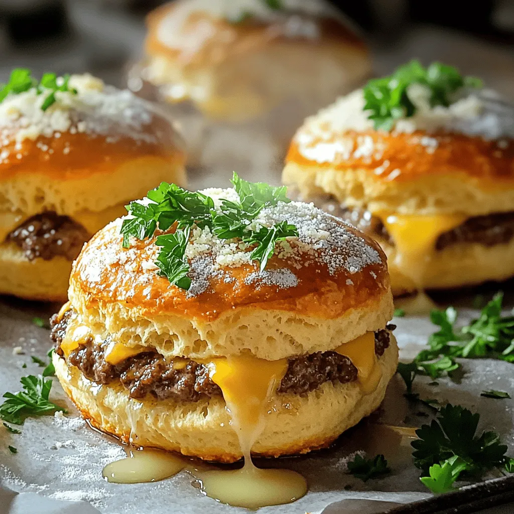 Hier sind die Zutaten, die du für diese leckeren Bomben benötigst: - 450 g Rinderhackfleisch - 100 g geriebener Cheddarkäse - 50 g geriebener Parmesan - 1 Teelöffel Knoblauchpulver - 1 Teelöffel Zwiebelpulver - 1 Teelöffel schwarzer Pfeffer - 1/2 Teelöffel Salz - 1 Päckchen Kühlteig für Brötchen (8 Brötchen) - 60 ml geschmolzene Butter - 1 Esslöffel frische Petersilie, gehackt (zum Garnieren) Die Qualität der Zutaten ist wichtig. Verwende frisches Rinderhackfleisch, um den besten Geschmack zu erzielen. Achte darauf, dass der Käse frisch gerieben ist. Das macht einen großen Unterschied. Frische Kräuter wie Petersilie geben dem Gericht einen tollen Kick. Vermeide verarbeitete Zutaten, wenn du es kannst. Wenn du spezielle Diäten beachtest, gibt es Alternativen. Für eine vegetarische Option kannst du das Rinderhackfleisch durch schwarze Bohnen ersetzen. Verwende einen veganen Käse, um die Bomben vegan zu machen. Du kannst auch glutenfreien Teig benutzen, wenn du Gluten meidest. So bleibt der Genuss für alle erhalten. Für die vollständige Anleitung und das Rezept, schau dir das [Full Recipe] an. Zuerst musst du alle Zutaten bereitstellen. Du brauchst: - 450 g Rinderhackfleisch - 100 g geriebener Cheddarkäse - 50 g geriebener Parmesan - 1 Teelöffel Knoblauchpulver - 1 Teelöffel Zwiebelpulver - 1 Teelöffel schwarzer Pfeffer - 1/2 Teelöffel Salz - 1 Päckchen Kühlteig für Brötchen (8 Brötchen) - 60 ml geschmolzene Butter - 1 Esslöffel frische Petersilie, gehackt (zum Garnieren) Stelle sicher, dass alle Zutaten frisch sind. Das macht einen großen Unterschied im Geschmack. Jetzt kommt der spannende Teil! Nimm eine große Schüssel und gib das Rinderhackfleisch hinein. Füge den Cheddarkäse, den Parmesan, das Knoblauchpulver, das Zwiebelpulver, den schwarzen Pfeffer und das Salz hinzu. Vermenge alles gut mit deinen Händen oder einem Löffel. Achte darauf, dass die Gewürze gleichmäßig verteilt sind. So schmeckt die Füllung überall gut. Öffne das Päckchen mit dem Kühlteig. Trenne jedes Brötchen vorsichtig. Nimm ein Brötchen und forme es zu einem dünnen Kreis. Es sollte etwa 7,5 cm Durchmesser haben. Platziere 1-2 Esslöffel von deiner Füllung in die Mitte des Brötchens. Klappe die Ränder über die Füllung und drücke sie fest zusammen. So bleibt die Füllung drin. Lege die gefüllten Bomben mit der Nahtseite nach unten auf ein Backblech. Wiederhole das mit allen Brötchen. Bestreiche die Oberseiten mit geschmolzener Butter. Streue etwas Parmesan und gehackte Petersilie darüber. Jetzt sind sie bereit zum Backen! Du kannst die vollständige Anleitung in der [Full Recipe] finden. Ein häufiger Fehler ist, die Brötchen zu dick zu formen. Achte darauf, dass du sie dünn machst. So backen sie gleichmäßiger. Ein weiterer Fehler ist, die Füllung zu überfüllen. Verwende nur 1-2 Esslöffel der Mischung. Zu viel Füllung lässt die Brötchen aufplatzen. Wenn die Bomben nicht schön goldbraun sind, backe sie länger. Überprüfe sie regelmäßig, um die perfekte Farbe zu erreichen. Heize deinen Ofen auf 190°C vor. Backe die Bomben für 15-20 Minuten. Die genaue Backzeit kann je nach Ofen variieren. Achte darauf, dass sie goldbraun sind. Wenn du eine knusprige Kruste magst, kannst du die Temperatur in den letzten Minuten erhöhen. Halte jedoch ein Auge darauf, damit sie nicht verbrennen. Für dieses Rezept brauchst du nur ein paar einfache Werkzeuge: - Ein großes Backblech - Backpapier - Eine große Schüssel - Einen Löffel für die Füllung - Einen Pinsel für die Butter Mit diesen Werkzeugen hast du alles, was du brauchst, um die Knoblauch Parmesan Cheeseburger Bomben perfekt zuzubereiten. Wenn du diese Tipps befolgst, werden deine Bomben lecker und schön aussehen. Probiere die [Full Recipe] aus und genieße das Kochen! {{image_4}} Du kannst die Knoblauch Parmesan Cheeseburger Bomben ganz einfach anpassen. Verwende statt Rinderhackfleisch eine Mischung aus schwarzen Bohnen und Kichererbsen. Diese geben dir eine tolle Textur. Für den Käse kannst du veganen Käse verwenden. Achte darauf, dass er gut schmilzt. Du kannst auch gewürfelte Gemüse wie Paprika oder Zucchini hinzufügen, um mehr Geschmack zu bekommen. Käse ist der Star in diesen Bomben. Probiere verschiedene Käsesorten aus, um neue Geschmäcker zu entdecken. Mozzarella gibt einen milden, cremigen Geschmack. Feta bringt eine salzige Note. Gouda macht die Bomben schön würzig. Mixe verschiedene Käsesorten für ein reichhaltiges Aroma. Diese Variationen machen die Bomben noch spannender. Wenn du es scharf magst, füge etwas gehackte Jalapeños oder rote Paprika hinzu. Diese Zutaten geben den Bomben einen tollen Kick. Du kannst auch einen Spritzer scharfe Soße in die Füllung geben. Ein Teelöffel BBQ-Sauce sorgt für eine süße Note. Sei kreativ und passe die Füllung nach deinem Geschmack an. Du findest die vollständige Anleitung zur Zubereitung in dem [Full Recipe]. Wenn du Cheeseburger Bomben übrig hast, lagere sie in einem luftdichten Behälter. So bleiben sie frisch. Du kannst sie auch in Frischhaltefolie einwickeln. Stelle den Behälter in den Kühlschrank. So bleiben sie für bis zu drei Tage gut. Wenn du die Bomben länger aufbewahren willst, friere sie ein. Lege sie einfach in einen gefriersicheren Behälter. Du kannst sie auch in Zip-Lock-Tüten packen. Achte darauf, die Luft herauszudrücken. Zum Aufwärmen nimm die Bomben aus dem Gefrierschrank. Lass sie zuerst im Kühlschrank auftauen. Danach erwärmst du sie im Ofen bei 180°C für etwa 10-15 Minuten. Im Kühlschrank sind die Cheeseburger Bomben bis zu drei Tage haltbar. Im Gefrierschrank halten sie bis zu drei Monate. Achte darauf, sie gut zu verpacken, damit sie nicht austrocknen. So bleiben sie lecker und saftig. Für das beste Ergebnis genieße sie frisch, aber die Reste sind auch köstlich! Wenn du die volle Rezeptur ausprobieren möchtest, schau dir die [Full Recipe] an. Die gesamte Zubereitung dauert etwa 35 Minuten. Du brauchst 15 Minuten für die Vorbereitung und 20 Minuten zum Backen. Es ist eine schnelle und einfache Mahlzeit, die du auch an einem Wochentag machen kannst. Wenn du die Schritte genau befolgst, wirst du schnell leckere Bomben genießen. Ja, du kannst diese Bomben im Voraus zubereiten. Du kannst die gefüllten Brötchen bis zu einem Tag im Voraus machen und im Kühlschrank lagern. Decke sie gut ab, damit sie frisch bleiben. Wenn du bereit bist, sie zu backen, hole sie einfach aus dem Kühlschrank, bestreiche sie mit Butter und backe sie. Zu Cheeseburger Bomben passen viele Beilagen. Hier sind einige tolle Optionen: - Pommes Frites - Salat mit frischen Gemüse - Gurkensalat - Kartoffelchips - Dips wie Ketchup oder Senf Du kannst auch eine einfache Tomatensauce für einen zusätzlichen Geschmack anbieten. Diese Beilagen ergänzen die Bomben perfekt und machen dein Essen noch besser. In diesem Artikel haben wir die Knoblauch Parmesan Cheeseburger Bomben ausführlich besprochen. Wir haben die Zutaten, Zubereitungsschritte und Tipps zur Vermeidung häufiger Fehler behandelt. Zudem gab es Variationen und Hinweise zur Aufbewahrung. Denke daran, dass die Wahl der Zutaten wichtig ist. Experimente bringen neue Geschmäcker. Bereite sie vor, teile sie mit Freunden und genieße die Reaktionen. So wird jedes Festessen ein Erfolg. Viel Spaß beim Kochen!