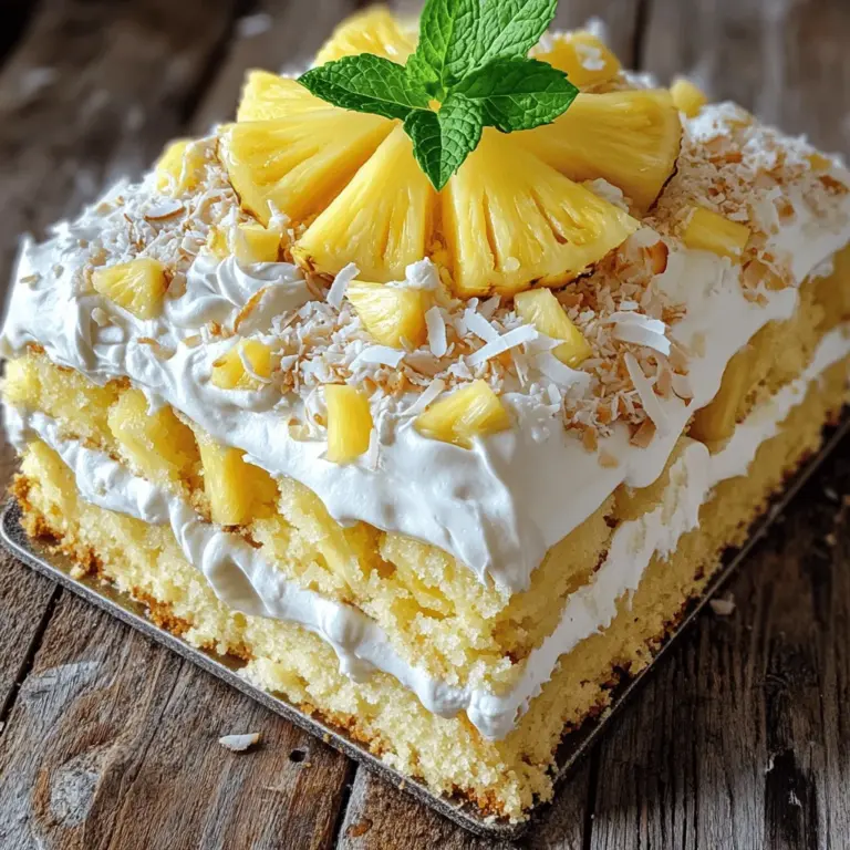Um die Ananas-Himmelstorte zu machen, benötigst du folgende Zutaten: - 1 Tasse Weizenmehl - 1 Tasse Zucker - 1 Teelöffel Backpulver - 1/2 Teelöffel Natron - 1/4 Teelöffel Salz - 1/2 Tasse ungesalzene Butter, weich - 2 große Eier - 1 Teelöffel Vanilleextrakt - 1/2 Tasse zerdrückte Ananas, gut abgetropft - 1/2 Tasse saure Sahne - 1/2 Tasse Kokosraspel - 1 Tasse Schlagsahne (für das Frosting) - Frische Ananasscheiben (zur Dekoration) - Minzblätter (zum Garnieren) Die Qualität der Zutaten macht den Unterschied. Verwende frische Ananas, wenn möglich. Sie gibt deinem Kuchen einen tollen Geschmack. Wenn du Dosenananas nimmst, achte darauf, dass sie in eigenem Saft ist. So vermeidest du extra Zucker. Auch die Butter sollte weich sein. Das erleichtert das Mischen. Beim Kauf von Zutaten solltest du auf Frische achten. Wähle Bio-Eier für mehr Geschmack. Achte bei der Butter auf einen hohen Fettgehalt. Das sorgt für einen reichhaltigen Teig. Für die Kokosraspel benutze ungesüßte. So bleibt der Kuchen nicht zu süß. Schau dir auch die Verpackung der sauren Sahne an. Sie sollte frisch und ohne Zusatzstoffe sein. Die Schlagsahne sollte gut geschlagen werden, um eine leichte Textur zu erhalten. Diese Zutaten zusammen ergeben eine köstliche Ananas-Himmelstorte. Für das vollständige Rezept schau dir [Full Recipe] an. Heize deinen Ofen auf 175°C vor. Das ist wichtig, damit der Kuchen gleichmäßig backt. Fette eine runde Kuchenform mit Butter ein. Bestäube die Form dann mit Mehl. So bleibt der Kuchen nicht kleben. Diese Vorbereitung kostet nur ein paar Minuten, ist aber sehr wichtig für den Erfolg. Nimm eine mittelgroße Schüssel. Siebe das Weizenmehl, Backpulver, Natron und Salz hinein. Das sorgt für einen gleichmäßigen Teig. In einer großen Schüssel schlage die weiche Butter und den Zucker mit einem Handmixer. Dies dauert etwa 3 bis 4 Minuten. Die Mischung sollte leicht und fluffig sein. Füge die Eier einzeln hinzu und schlage nach jeder Zugabe gut weiter. Danach kommt der Vanilleextrakt dazu. Jetzt mische die trockenen Zutaten nach und nach unter. Abwechselnd kannst du auch die saure Sahne hinzufügen. Rühre alles, bis keine Mehlreste mehr sichtbar sind. Zum Schluss hebst du die zerdrückte Ananas und die Kokosraspel vorsichtig unter. So verteilt sich der Geschmack gleichmäßig. Gieße den Teig in die vorbereitete Form. Glätte die Oberfläche mit einem Spatel. Backe den Kuchen für 25 bis 30 Minuten. Überprüfe mit einem Zahnstocher, ob er fertig ist. Der Zahnstocher sollte sauber herauskommen. Lass den Kuchen 10 Minuten in der Form abkühlen. Danach leg ihn vorsichtig auf ein Kuchengitter, damit er vollständig abkühlt. Sobald der Kuchen abgekühlt ist, streiche die Oberseite gleichmäßig mit Schlagsahne. Dekoriere dann mit frischen Ananasscheiben und Minzblättern. So sieht der Kuchen nicht nur gut aus, sondern schmeckt auch köstlich. Du kannst alle Schritte im [Full Recipe] nachlesen. Um den Teig für die Ananas-Himmelstorte perfekt zu machen, achte auf die Zutaten. Verwende frische, hochwertige Zutaten. Mische das Mehl gut mit dem Backpulver und Natron. Siebe die trockenen Zutaten, um Klumpen zu vermeiden. Butter sollte weich sein, aber nicht schmelzen. Schlage die Butter und den Zucker gut. Das sorgt für Luft und macht den Kuchen fluffig. Füge die Eier einzeln hinzu und rühre gut um. So wird der Teig gleichmäßig und leicht. Wenn du die Ananas und Kokos hinzufügst, hebe sie vorsichtig unter. Das schützt die Luftigkeit des Teigs. Die Schlagsahne ist das i-Tüpfelchen auf deinem Kuchen. Schlage die Sahne, bis sie fest ist, aber nicht zu lange. Achte darauf, dass die Schlagsahne kalt ist. Verwende einen großen Löffel oder einen Spatel. Beginne in der Mitte und arbeite nach außen. So verteilst du die Sahne gleichmäßig. Drücke nicht zu fest, um die Luftigkeit nicht zu zerstören. Du kannst die Sahne auch in einen Spritzbeutel füllen. Damit kannst du schöne Muster auftragen. Das macht deinen Kuchen noch ansprechender. Die Garnierung macht den Kuchen zum Blickfang. Verwende frische Ananasscheiben für einen tropischen Look. Minzblätter geben einen Hauch von Frische. Du kannst auch essbare Blüten oder Kokosraspel verwenden. Streue die Raspel auf die Sahne. Das sieht nicht nur toll aus, sondern schmeckt auch gut. Denke daran, den Kuchen auf einem schönen Teller zu servieren. Ein hübsches Tischtuch kann die Präsentation verbessern. Damit wird die Ananas-Himmelstorte zum Star jeder Feier. Für die vollständige Zubereitung schau dir das [Full Recipe] an. {{image_4}} Für eine vegane Ananas-Himmelstorte können wir einige einfache Änderungen vornehmen. Ersetzen Sie die Eier durch Apfelmus oder eine Banane. Diese Zutaten geben Feuchtigkeit und helfen, den Kuchen zusammenzuhalten. Verwenden Sie pflanzliche Butter oder Kokosöl anstelle von Butter. Für die saure Sahne probieren Sie vegane Joghurtalternativen. Diese Anpassungen sorgen für einen leckeren Geschmack und eine tolle Konsistenz. Für eine glutenfreie Ananas-Himmelstorte verwenden Sie glutenfreies Mehl. Achten Sie darauf, eine Mischung zu wählen, die gut bindet. Auch Mandel- oder Kokosmehl sind gute Alternativen. Diese Mehle bringen nicht nur Geschmack, sondern auch Nährstoffe in den Kuchen. Stellen Sie sicher, dass alle anderen Zutaten glutenfrei sind, um Allergikern gerecht zu werden. Neben der klassischen Schlagsahne können Sie auch andere Füllungen nutzen. Eine Frischkäsecreme mit Ananasstücken ist wunderbar. Eine andere Option ist eine Kokoscreme, die eine tropische Note hinzufügt. Probieren Sie auch Schokoladenfrosting für eine süße Überraschung. Diese Alternativen machen den Kuchen noch abwechslungsreicher und interessanter. Für das Frosting lohnt es sich, kreativ zu sein und verschiedene Geschmäcker zu kombinieren. Für eine vollständige Anleitung zur Ananas-Himmelstorte schauen Sie sich das [Full Recipe](#) an. Um deine Ananas-Himmelstorte frisch zu halten, ist die Lagerung wichtig. Lasse den Kuchen vollständig abkühlen. Wickele ihn dann in Frischhaltefolie. Lege ihn in einen luftdichten Behälter. So bleibt der Kuchen saftig und lecker. Stelle den Behälter in den Kühlschrank. Dort hält sich der Kuchen bis zu fünf Tage. Um die Haltbarkeit zu verlängern, kannst du den Kuchen einfrieren. Schneide ihn in Stücke. Packe jedes Stück einzeln ein. Verwende Frischhaltefolie und dann einen Gefrierbeutel. So bleibt der Geschmack und die Textur erhalten. Im Gefrierfach hält der Kuchen bis zu drei Monate. Notiere das Einfrierdatum auf dem Beutel. Um den Kuchen aufzutauen, nimm ein Stück aus dem Gefrierfach. Lasse es im Kühlschrank für mehrere Stunden auftauen. Wenn du es schnell machen willst, lasse es bei Raumtemperatur stehen. Vermeide die Mikrowelle, da sie den Kuchen trocken machen kann. Nach dem Auftauen kannst du die Torte wieder mit frischer Schlagsahne dekorieren. Genieße den köstlichen Geschmack der Ananas-Himmelstorte! Ja, du kannst Ananas aus der Dose verwenden. Sie ist praktisch und spart Zeit. Achte darauf, die Ananas gut abzutropfen. So bleibt der Teig nicht zu nass. Verwende die Stücke oder zerdrücke sie für den Kuchen. Die süße, saftige Ananas macht deinen Kuchen lecker. Du kannst den Kuchen bis zu fünf Tage aufbewahren. Lagere ihn in einem luftdichten Behälter. So bleibt der Kuchen frisch und saftig. Wenn du ihn länger aufbewahren möchtest, friere ihn ein. In einer gut verschlossenen Verpackung hält er bis zu drei Monate. Wenn du keine saure Sahne hast, gibt es Alternativen. Joghurt ist eine gute Wahl. Auch Quark oder Frischkäse funktionieren gut. Diese Optionen geben dem Kuchen eine ähnliche Textur. Experimentiere und finde heraus, was dir am besten schmeckt. Die Ananas-Himmelstorte ist ein Genuss mit vielen tollen Zutaten. Wir haben gelernt, wie ihr die besten Zutaten auswählt und euren Kuchen richtig backt. Tipps zur Konsistenz des Teigs und zur Schlagsahne machen den Prozess leichter. Ihr könnt sogar vegane oder glutenfreie Varianten probieren! Denkt auch an die besten Aufbewahrungsmethoden, damit der Kuchen lange frisch bleibt. Mit diesen Infos seid ihr gut gerüstet, um eure eigene leckere Torte zu zaubern. Viel Spaß beim Backen!