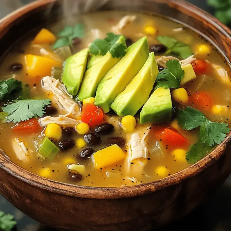 Um die perfekte Südwest-Hühnchensuppe zu machen, brauchen wir einige frische Zutaten. Hier sind die Hauptzutaten: - 450 g Hähnchenbrustfilets, gewürfelt - 1 Esslöffel Olivenöl - 1 mittelgroße Zwiebel, gewürfelt - 2 Knoblauchzehen, fein gehackt - 1 rote Paprika, gewürfelt - 1 gelbe Paprika, gewürfelt - 1 Dose (425 g) schwarze Bohnen, abgetropft - 1 Dose (425 g) Maiskörner, abgetropft - 1 Dose (410 g) gewürfelte Tomaten mit grünen Chilis - 950 ml Hühnerbrühe - Saft von 1 Limette Diese Zutaten geben der Suppe ihren herzhaften und köstlichen Geschmack. Gewürze machen das Gericht besonders lecker. Für diese Suppe verwenden wir: - 2 Teelöffel gemahlener Kreuzkümmel - 1 Teelöffel geräuchertes Paprikapulver - 1 Teelöffel Chili-Pulver - Salz und Pfeffer nach Geschmack Diese Gewürze bringen die Aromen zusammen und geben der Suppe einen tollen Kick. Um die Suppe noch besser zu machen, können Sie einige Garnierungen hinzufügen: - Frische Korianderblätter, gehackt - Avocadoscheiben Diese Garnierungen bringen Frische und Farbe in die Schalen. Sie können auch warmes Tortillabrot als Beilage servieren. Das macht das Essen noch besser. Wenn Sie mehr über die Zubereitung erfahren möchten, schauen Sie sich das [Full Recipe] an. Für die Südwest Hühnchensuppe benötigst du etwa 15 Minuten. Du solltest zuerst alle Zutaten bereitstellen. Das macht das Kochen einfacher und schneller. Hier sind die Schritte, die du beachten solltest: - Würfle die Hähnchenbrustfilets in gleichmäßige Stücke. - Schneide die Zwiebel, den Knoblauch und die Paprika klein. - Öffne die Dosen mit schwarzen Bohnen und Mais. Spüle sie ab und lass sie abtropfen. Diese einfache Vorbereitung spart Zeit. Du kannst alles schnell in den Topf geben. Jetzt geht es ans Kochen! Hier ist die Schritt-für-Schritt-Anleitung: 1. Erhitze das Olivenöl in einem großen Topf bei mittlerer Hitze. 2. Füge die gewürfelten Hähnchenstücke hinzu und brate sie 5-7 Minuten an. Sie sollten goldbraun sein. 3. Nimm das Hähnchen aus dem Topf und lege es beiseite. 4. Gib die Zwiebeln und den Knoblauch in den gleichen Topf. Sauté sie 2-3 Minuten, bis die Zwiebeln glasig sind. 5. Rühre die gewürfelten Paprika ein und brate sie weitere 4 Minuten mit. 6. Gib das Hähnchen zurück in den Topf. Füge die schwarzen Bohnen, den Mais, die gewürfelten Tomaten und die Hühnerbrühe hinzu. 7. Würze die Suppe mit Kreuzkümmel, Paprika, Chili-Pulver, Salz und Pfeffer. Rühre gut um. 8. Lass die Suppe sanft kochen. Reduziere die Hitze und koche sie 20-25 Minuten. Die Aromen vermischen sich wunderbar. 9. Füge kurz vor dem Servieren den Limettensaft hinzu. So wird die Suppe frisch und lecker. Das Anrichten macht Spaß und ist einfach. Hier sind einige Tipps: - Schöpfe die Suppe in schöne Schalen. - Garniere die Suppe mit frischen Korianderblättern und Avocadoscheiben. - Serviere warmes Tortillabrot dazu. So bekommst du das echte südwestliche Gefühl. Mit diesen Tipps wird deine Südwest Hühnchensuppe nicht nur lecker, sondern sieht auch toll aus! Ein häufiger Fehler ist, das Hähnchen zu lange zu kochen. Das Hähnchen wird zäh und trocken. Ich empfehle, die Stücke nur so lange zu braten, bis sie goldbraun sind. Ein weiterer Fehler ist, die Brühe nicht richtig zu würzen. Salz und Pfeffer sind wichtig. Vergiss nicht, die Gewürze nach und nach hinzuzufügen und zu probieren. Um den Geschmack zu verbessern, füge frische Kräuter hinzu. Koriander oder Petersilie bringen Frische. Auch Limettensaft am Ende der Kochzeit hebt den Geschmack. Du kannst auch etwas mehr Kreuzkümmel oder geräuchertes Paprikapulver verwenden. Experimentiere mit den Gewürzen für deinen persönlichen Touch. Für diese Suppe brauchst du nur ein paar einfache Utensilien. Ein großer Topf ist sehr wichtig. Ein scharfes Messer und ein Schneidebrett helfen beim Vorbereiten der Zutaten. Ein Holzlöffel ist ideal, um die Suppe gut umzurühren. Wenn du die Suppe pürieren möchtest, ist ein Stabmixer sehr nützlich. Diese Utensilien machen das Kochen einfach und schnell. Für die vollständige Anleitung und das Rezept, schaue dir das [Full Recipe] an. {{image_4}} Du kannst die Hühnchensuppe leicht vegetarisch machen. Ersetze das Hähnchen durch gewürfelten Tofu oder Tempeh. Diese Optionen geben dir die nötige Proteinquelle. Verwende auch mehr Gemüse wie Zucchini, Karotten und Sellerie. Diese Zutaten bringen mehr Geschmack und Farbe in die Suppe. Achte darauf, glutenfreie Zutaten zu nutzen. Die meisten Zutaten in der Suppe sind bereits glutenfrei. Stelle sicher, dass die Brühe glutenfrei ist. Du kannst auch Quinoa statt Reis hinzufügen. Quinoa ist eine tolle glutenfreie Alternative. Um mehr Geschmack zu erzielen, füge frische Kräuter hinzu. Basilikum oder Thymian passen gut zur Suppe. Du kannst auch Jalapeños für einen scharfen Kick hinzufügen. Eine Prise Limettenschale bringt frische Aromen. Experimentiere mit verschiedenen Bohnen, wie Kidneybohnen oder Pintobohnen. Diese Variationen machen jede Suppe einzigartig und lecker. Für das komplette Rezept schaue dir die [Full Recipe] an. Um die Südwest-Hühnchensuppe frisch zu halten, lagere sie in einem luftdichten Behälter. Der Kühlschrank ist ein guter Ort. Achte darauf, dass der Behälter nicht zu groß ist. So bleibt die Suppe länger frisch. Wenn du die Suppe nicht sofort isst, friere sie ein. Das hilft, die Aromen zu bewahren. Im Kühlschrank bleibt die Suppe für etwa drei bis vier Tage gut. Wenn du sie einfrierst, kannst du sie bis zu drei Monate lagern. Achte darauf, die Suppe vorher gut abzukühlen. Das schützt die Qualität und den Geschmack. Teile die Suppe in kleinere Portionen auf, um sie einfacher zu nutzen. Um die Suppe aufzuwärmen, gieße sie in einen Topf. Erhitze sie bei mittlerer Hitze. Rühre zwischendurch um, damit sie nicht anbrennt. Wenn die Suppe zu dick ist, füge etwas Brühe oder Wasser hinzu. Du kannst auch frische Kräuter oder Limettensaft hinzufügen, um den Geschmack aufzufrischen. So schmeckt die Suppe fast wie frisch zubereitet. Die Südwest-Hühnchensuppe hält sich gut für etwa 3 bis 4 Tage im Kühlschrank. Achte darauf, sie in einem luftdichten Behälter zu lagern. So bleibt der Geschmack frisch. Wenn du die Suppe aufwärmst, achte darauf, sie gut zu erhitzen. Das sorgt dafür, dass sie sicher zu essen ist. Ja, du kannst das Rezept im Voraus zubereiten. Die Suppe schmeckt sogar noch besser, wenn sie etwas Zeit zum Abkühlen hat. Koche sie einfach, lasse sie abkühlen und stelle sie in den Kühlschrank. Du kannst sie dann aufwärmen, wenn du bereit bist zu essen. Wenn du die Suppe für mehrere Tage machst, ist das sehr praktisch. Für die Südwest-Hühnchensuppe passen viele Beilagen gut. Hier sind einige meiner Favoriten: - Warmes Tortillabrot - Nachos mit Käse - Ein frischer grüner Salat - Guacamole oder Avocadoscheiben - Sauerrahm als Garnierung Diese Beilagen ergänzen die Aromen der Suppe perfekt und machen dein Essen noch schmackhafter. Probier sie aus und finde deine Lieblingskombination! Diese Südwest-Hühnchensuppe ist einfach und macht Spaß. Wir haben die Hauptzutaten, Gewürze und Beilagen behandelt. Du hast auch gelernt, wie man sie zubereitet und anrichtet. Um häufige Fehler zu vermeiden, befolge die Tipps. Variationen machen die Suppe für jeden einzigartig. Denke daran, wie du Reste lagerst und wieder aufwärmst. Du kannst mit diesem Rezept deine Küche bereichern. Probier es aus und genieße die Wärme der Suppenküche.