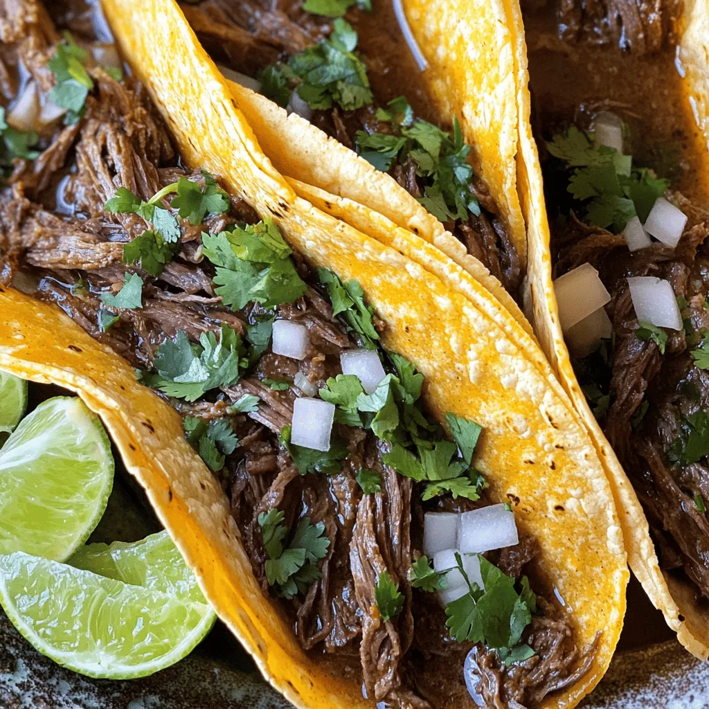 Die Hauptzutaten sind einfach zu finden und machen das Gericht besonders lecker. Für diese Tacos benötigst du: - 900 g Rinderbraten (Chuck Roast), in große Stücke geschnitten - 1 Zwiebel, geviertelt - 4 Knoblauchzehen, fein gehackt - 2 getrocknete Guajillo-Chilis, Stiele und Samen entfernt - 2 getrocknete Pasilla-Chilis, Stiele und Samen entfernt - 1 Liter Rinderbrühe - 2 Lorbeerblätter - Maistortillas Diese Zutaten bilden die Basis für die köstlichen Birria Tacos. Das Rindfleisch wird zart und saftig. Die Chilis bringen eine schöne Schärfe und Tiefe. Die Gewürze geben den Tacos ihren einzigartigen Geschmack. Du benötigst: - 1 Esslöffel gemahlener Kreuzkümmel - 1 Esslöffel getrockneter Oregano - 1 Teelöffel geräuchertes Paprikapulver - 1 Teelöffel Salz - 0,5 Teelöffel schwarzer Pfeffer Diese Gewürze harmonieren perfekt mit dem Fleisch. Sie machen das Gericht aromatisch und köstlich. Für die perfekte Präsentation und zusätzlichen Geschmack empfehle ich: - Frisch gehackter Koriander, zum Garnieren - Gewürfelte Zwiebeln, zum Garnieren - Limettenschnitze, zum Servieren Die Garnierungen bringen Frische und Farbe auf den Teller. So werden deine Birria Tacos noch leckerer. Du kannst die Frische der Limette über die Tacos drücken, um den Geschmack zu intensivieren. Wenn du mehr über die Zubereitung erfahren möchtest, schau dir das Full Recipe an. Um die Chilis vorzubereiten, solltest du zuerst die Guajillo- und Pasilla-Chilis rösten. Nimm eine trockene Pfanne und stelle sie auf mittlere Hitze. Röste die Chilis 2-3 Minuten lang, bis sie duften. Pass auf, dass sie nicht anbrennen. Danach lege die gerösteten Chilis in eine Schüssel mit heißem Wasser. Lass sie 15 Minuten einweichen, bis sie weich sind. Gieße das Wasser ab und gib die Chilis in einen Mixer. Füge die gehackten Knoblauchzehen, die geviertelte Zwiebel, Kreuzkümmel, Oregano, geräuchertes Paprikapulver, Salz und Pfeffer zu den eingeweichten Chilis im Mixer hinzu. Gieße eine Tasse Rinderbrühe dazu. Püriere die Mischung, bis sie glatt ist. Diese Sauce wird dein Fleisch zart und voller Geschmack machen. Lege die Rinderstücke in den Crock Pot. Gieße die pürierte Sauce über das Fleisch. Füge die restliche Rinderbrühe und die Lorbeerblätter hinzu. Schließe den Deckel. Stelle den Crock Pot auf niedrige Stufe für 8 Stunden oder hohe Stufe für 4 Stunden. Wenn das Fleisch zart ist, nimm es heraus und zerkleinere es mit zwei Gabeln. Gib das zerkleinerte Fleisch zurück in den Crock Pot, damit es die Brühe aufsaugen kann. Jetzt sind deine Birria Tacos fast fertig! Um das beste Rindfleisch für Birria Tacos zu bekommen, wähle einen guten Rinderbraten. Chuck Roast eignet sich perfekt. Achte darauf, dass das Fleisch gut marmoriert ist. Diese Marmorierung sorgt für mehr Geschmack und Zartheit. Schneide das Fleisch in große Stücke, damit es gleichmäßig kocht. Ein häufiger Fehler ist, die Chilis nicht richtig vorzubereiten. Röste die Guajillo- und Pasilla-Chilis, bevor du sie einweichst. Das Rösten bringt neue Aromen hervor. Ein weiterer Fehler ist, das Fleisch zu lange zu kochen. Halte dich an die Kochzeiten von 8 Stunden auf niedriger Stufe oder 4 Stunden auf hoher Stufe. So bleibt das Fleisch zart und saftig. Für die Tacos empfehle ich, Maistortillas zu verwenden. Diese ergänzen den Geschmack perfekt. Fülle die Tortillas großzügig mit dem zerkleinerten Rindfleisch. Garniere die Tacos mit frisch gehacktem Koriander und gewürfelten Zwiebeln. Limettenschnitze sind ein Muss! Drücke etwas Saft über die Tacos, um den Geschmack zu verstärken. Du kannst auch eine scharfe Salsa dazu servieren. Das bringt eine extra Geschmacksexplosion! Für das vollständige Rezept, schau dir die Full Recipe an. {{image_4}} Wenn du eine fleischfreie Option suchst, kannst du Birria Tacos auch vegetarisch zubereiten. Statt Rindfleisch empfehle ich, Jackfruit oder Pilze zu verwenden. Beide nehmen die Aromen gut auf. Koche sie mit den gleichen Gewürzen wie im Originalrezept. Das gibt dir den vollen Geschmack ohne Fleisch. Um mehr Tiefe in deinen Tacos zu bringen, probiere verschiedene Gewürze aus. Füge Zimt oder Nelken für eine süßliche Note hinzu. Eine Prise Cayennepfeffer kann auch etwas Schärfe bringen. Experimentiere mit den Mengen, bis du den perfekten Geschmack findest. Die Füllungen für deine Tacos können variieren. Neben dem klassischen zerkleinerten Rindfleisch kannst du auch Hühnchen oder Fisch verwenden. Für eine süße Variante sind auch geschmorte Äpfel oder Ananas lecker. Denke daran, die Füllungen gut zu würzen. So bleibt der Geschmack spannend und frisch. Für die vollständige Anleitung und Zutatenliste schaue dir das [Full Recipe] an. Wenn du die Birria Tacos nicht gleich isst, lagere sie richtig. Bewahre die Tacos in einem luftdichten Behälter auf. So bleiben sie frisch und lecker. Du kannst das zerkleinerte Rindfleisch auch separat aufbewahren. Das verhindert, dass die Tortillas weich werden. Um Reste zu lagern, lege das Rindfleisch in einen Behälter. Gieße etwas Brühe darüber. So bleibt das Fleisch saftig. Die Tortillas kannst du in einer separaten Tüte aufbewahren. Stelle sicher, dass sie gut verschlossen ist. So trocknen sie nicht aus. Um die Tacos aufzufrischen, erwärme die Tortillas kurz in einer Pfanne. Das macht sie wieder weich. Erhitze das Rindfleisch in einem Topf. Füge etwas Brühe hinzu, damit es saftig bleibt. Baue die Tacos dann wieder auf und genieße sie frisch! Birria Tacos brauchen im Crock Pot etwa 8 Stunden auf niedriger Stufe oder 4 Stunden auf hoher Stufe. Das Fleisch wird zart und saftig. Diese lange Kochzeit sorgt dafür, dass die Aromen gut durchziehen. Ich empfehle, das Fleisch vor dem Servieren zu zerkleinern. Das gibt den Tacos eine tolle Textur und Geschmack. Ja, du kannst Birria Tacos auch im Ofen machen. Du musst das Fleisch jedoch zuerst anbraten. Danach legst du es in eine Auflaufform mit der Sauce. Decke die Form mit Folie ab. Backe sie bei 160 °C für 3-4 Stunden. Diese Methode macht das Fleisch auch sehr zart. Für Birria Tacos sind Maistortillas die beste Wahl. Sie sind robust und halten die Füllung gut. Du kannst auch Weizentortillas verwenden, wenn du das magst. Achte darauf, die Tortillas vorher leicht zu erwärmen. Das macht sie geschmeidig und lecker. Um Birria Tacos glutenfrei zu machen, wähle einfach glutenfreie Maistortillas. Alle anderen Zutaten in diesem Rezept sind von Natur aus glutenfrei. So kannst du die Tacos genießen, ohne dir Sorgen zu machen. Vergewissere dich, dass die Brühe ebenfalls glutenfrei ist. Zusammenfassend haben wir die Hauptzutaten und Schritte für die perfekten Birria Tacos besprochen. Ich habe auch Tipps geteilt, um Fehler zu vermeiden. Variationen zeigen, wie vielseitig dieses Gericht ist. Beachten Sie die Lagerungshinweise, um Reste frisch zu halten. Birria Tacos sind einfach zu machen und lecker. Probieren Sie es aus und erleben Sie die Aromen selbst. Es wird sich lohnen. Kochen Sie los!