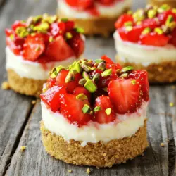 - 250 g Graham-Cracker-Brösel - 225 g Frischkäse, weich - 120 ml Schlagsahne Die Hauptzutaten bilden die Basis für unsere Erdbeer-Käsekuchen Crunch Bites. Die Graham-Cracker-Brösel sorgen für einen knusprigen Boden. Der Frischkäse gibt der Füllung eine cremige Textur. Die Schlagsahne macht alles schön luftig und leicht. - 2 Esslöffel Zucker - 1 Teelöffel Vanilleextrakt - 30 g gehackte Pistazien Zucker süßt die Füllung und bringt die Aromen zur Geltung. Vanilleextrakt fügt einen tollen Geschmack hinzu. Die gehackten Pistazien sind perfekt als Topping und geben zusätzlichen Crunch. - 150 g frische Erdbeeren, gewürfelt - Weitere Toppings Frische Erdbeeren sind das Highlight dieser Bites. Sie bringen Frische und Farbe ins Spiel. Andere Toppings wie Schokoladensauce oder Karamell können ebenfalls verwendet werden, um die Bites zu verfeinern. Für das vollständige Rezept und die Zubereitung, schau dir die [Full Recipe] an. Um die Kruste zu machen, nimmst du die Graham-Cracker-Brösel und den Zucker. Mische sie gut in einer Schüssel. Füge dann die geschmolzene Butter hinzu. Rühre alles kräftig um, bis die Mischung zusammenhält. Nimm eine Mini-Muffinform und drücke etwa einen Esslöffel der Mischung in jede Vertiefung. Backe die Kruste bei 175 °C für 5 Minuten. Lass sie danach abkühlen. Für die Füllung nimmst du eine andere Schüssel. Schlage den weichen Frischkäse cremig und glatt. Dann füge den Puderzucker und den Vanilleextrakt hinzu. Mische alles gut. In einer separaten Schüssel schlägst du die Schlagsahne, bis sie feste Spitzen hat. Hebe die Schlagsahne vorsichtig unter die Frischkäsemischung. Das sorgt für die fluffige Konsistenz. Jetzt kommt der spaßige Teil! Gib die Füllung gleichmäßig auf die abgekühlten Krusten in der Muffinform. Verwende einen Spatel, um die Oberflächen glatt zu streichen. Stelle die Form für mindestens 2 Stunden in den Kühlschrank. So werden die Bites fest. Nach dem Kühlen nimmst du die Bites vorsichtig aus der Form. Bestreue sie leicht mit gehackten Pistazien. Diese geben einen tollen Crunch. Das Rezept für die Erdbeer-Käsekuchen Crunch Bites ist einfach und macht Spaß! Um die Kruste ideal hinzubekommen, ist es wichtig, die Graham-Cracker-Brösel gut mit der geschmolzenen Butter zu vermengen. Achte darauf, dass die Mischung zusammenhält, wenn du sie drückst. So wird die Kruste stabil und knusprig. Wenn du keine Graham-Cracker hast, kannst du auch Kekse wie Butterkekse oder Haferkekse ausprobieren. Diese Alternativen bringen einen eigenen Geschmack und eine tolle Textur. Die perfekte Mischung für die Füllung entsteht, wenn du den Frischkäse gut verrührst. Er sollte cremig und glatt sein. Füge den Puderzucker langsam hinzu, um Klumpen zu vermeiden. Wenn du die Schlagsahne hinzufügst, mache das vorsichtig. So bleibt die Füllung luftig und leicht. Ein kleiner Trick: Wenn die Schlagsahne gut gekühlt ist, gelingt sie einfacher und schneller. Eine ansprechende Präsentation macht viel aus. Du kannst die Bites auf einer schönen Platte anrichten. Das sorgt für einen festlichen Look. Für die Garnitur sind frische Erdbeeren oder ein Minzblatt ideal. Sie geben nicht nur Farbe, sondern auch einen frischen Geschmack. Ein Hauch von Puderzucker darüber streuen, wirkt ebenfalls sehr dekorativ. Diese kleinen Details machen deine Erdbeer-Käsekuchen Crunch Bites zu einem echten Hingucker! {{image_4}} Möchtest du eine andere Frucht verwenden? Das ist einfach! Du kannst Himbeeren, Blaubeeren oder sogar Brombeeren nehmen. Diese Beeren passen gut zu dem Käsekuchen. Du kannst auch mehrere Früchte mischen. Eine Kombination aus Erdbeeren und Himbeeren bringt tolle Farben und Geschmäcker. Wenn du eine gesündere Version willst, probiere Zuckeralternativen. Stevia oder Honig sind gute Optionen. Diese Süßstoffe können den Zuckergehalt senken, ohne den Geschmack zu verlieren. Du suchst glutenfreie Optionen? Verwende glutenfreie Kekse anstelle von Graham-Crackern. So kannst du alle genießen! Eine coole Idee ist, die Bites als Eiscreme-Bites zu machen. Einfach die Füllung in Eiswürfelformen geben und einfrieren. Das ergibt einen erfrischenden Snack an heißen Tagen! Du kannst auch das Rezept als Kuchen zubereiten. Bereite die Kruste und Füllung wie gewohnt vor. Gieße die Füllung in eine Springform und lasse sie im Kühlschrank fest werden. So hast du einen tollen Käsekuchen! Wie lange sind die Bites haltbar? Die Erdbeer-Käsekuchen Crunch Bites sind im Kühlschrank bis zu fünf Tage haltbar. Achte darauf, sie in einem luftdichten Behälter zu lagern. So bleiben sie frisch und lecker. Anleitung zur Lagerung: - Lass die Bites nach dem Kühlen auf Raumtemperatur kommen. - Lege sie vorsichtig in einen luftdichten Behälter. - Füge ein Blatt Backpapier zwischen die Schichten hinzu, um ein Ankleben zu verhindern. Einfrieren der Bites: Du kannst die Bites auch einfrieren, um sie länger aufzubewahren. So bleiben sie bis zu drei Monate frisch. Auftau-Techniken: - Nimm die gewünschten Bites aus dem Gefrierfach. - Lasse sie über Nacht im Kühlschrank auftauen. - Du kannst sie auch bei Raumtemperatur etwa 30 Minuten auftauen lassen. Mit diesen Tipps bleiben deine Erdbeer-Käsekuchen Crunch Bites immer lecker. Das ist wichtig für den perfekten Genuss. Das Rezept ergibt 16 leckere Bites. Diese Portion ist ideal für eine kleine Gruppe oder eine Feier. Man kann die Bites gut auf einer Platte anrichten. Wenn du mehr brauchst, verdopple die Menge einfach. So hast du genug für alle. Ja, du kannst andere Cremes verwenden. Zum Beispiel, Mascarpone ist eine gute Wahl. Es hat einen ähnlichen Geschmack und macht die Füllung cremig. Eine weitere Option ist Quark. Er ist leichter, hat aber einen tollen Geschmack. Achte darauf, dass die Creme weich ist, damit sie gut vermischt. Es gibt viele tolle Toppings für die Bites. Hier sind einige Vorschläge: - Frische Erdbeeren: Sie bringen Farbe und Frische. - Gehackte Nüsse: Mandeln oder Walnüsse geben einen schönen Crunch. - Schokoladensauce: Ein süßer Akzent macht alles besser. - Minzblätter: Sie sorgen für einen frischen Geschmack. Du kannst kreativ sein und deine eigenen Toppings ausprobieren. Die Zutaten und die Schritt-für-Schritt-Anleitung zeigen, wie einfach und lecker die Käsekuchen-Bites sind. Wenn Sie die Tipps und Tricks beachten, erzielen Sie die perfekte Kruste und Füllung. Variationen sorgen dafür, dass jeder Geschmack bedient wird. Diese Bites sind nicht nur köstlich, sondern auch vielseitig. Bewahren Sie sie richtig auf, um die Frische zu erhalten. Genießen Sie das Zubereiten und Servieren dieser süßen Leckereien!