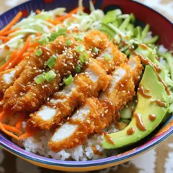 Für eine leckere Katsu-Schüssel brauchst du: - 2 entbeinte Hähnchenbrustfilets - 1 Tasse Weizenmehl - 2 große Eier, verquirlt - 2 Tassen Panko-Brösel - Salz und Pfeffer nach Geschmack - Pflanzenöl zum Frittieren - 2 Tassen gekochter Jasminreis - 1 Tasse gehobelter Weißkohl - 1 mittelgroße Karotte, in Streifen geschnitten - 1 Avocado, in Scheiben geschnitten - 1/4 Tasse Tonkatsu-Sauce - 1 Esslöffel Sesamsamen - 2 Frühlingszwiebeln, fein geschnitten Wähle frische Hähnchenbrustfilets für den besten Geschmack. Achte darauf, dass das Fleisch rosa und fest ist. Für die Panko-Brösel verwende hochwertige Marken. Sie geben dir die perfekte Knusprigkeit. Frisches Gemüse macht den Biss knackig und gesund. Weißen Kohl und Karotten sorgen für Farbe und Textur. Tonkatsu-Sauce ist wichtig für den herzhaften Geschmack der Schüssel. Kaufe eine gute Qualität oder stelle sie selbst her, wenn du Zeit hast. Verwende reife Avocados, um eine cremige Note hinzuzufügen. Achte auch auf frische Frühlingszwiebeln für einen milden Zwiebelgeschmack. Wenn du glutenfrei essen möchtest, ersetze das Weizenmehl durch glutenfreies Mehl. Panko-Brösel gibt es auch in glutenfreier Form. Für Vegetarier kann Tofu eine gute Alternative sein. Marinier und panier den Tofu wie das Hähnchen. Wenn du auf Kalorien achtest, kannst du das Frittieren vermeiden. Backe die Katsu im Ofen, um Fett zu sparen. Nutze nur einen Spritzer Öl, um die Bräunung zu fördern. Mit diesen Tipps und Zutaten bereitest du eine köstliche Katsu-Schüssel zu. Für das komplette Rezept schaue dir die Details im [Full Recipe] an. Um das Hähnchen für Ihre Katsu-Schüssel vorzubereiten, nehmen Sie zwei entbeinte Hähnchenbrustfilets. Legen Sie jedes Filet zwischen zwei Blätter Frischhaltefolie. Mit einem Fleischklopfer klopfen Sie das Hähnchen gleichmäßig auf etwa 1,5 cm Dicke. Dies sorgt dafür, dass es gleichmäßig gart. Würzen Sie jedes Filet auf beiden Seiten mit Salz und Pfeffer. Diese Schritte bereiten das Hähnchen optimal vor und bringen den Geschmack zur Geltung. Jetzt richten Sie eine Panierstraße ein. Nehmen Sie einen Teller und füllen Sie ihn mit Weizenmehl. In einer Schüssel verquirlen Sie zwei große Eier. Auf einem weiteren Teller legen Sie die Panko-Brösel bereit. Wenden Sie jedes Hähnchenbrustfilet zuerst im Mehl, schütteln Sie das überschüssige Mehl ab. Tauchen Sie es dann in die Eier und umhüllen Sie es mit den Panko-Bröseln. Drücken Sie fest, sodass die Brösel gut haften. Diese Panierung sorgt für die knusprige Textur, die Katsu so besonders macht. Für die Katsu-Schüssel benötigen Sie gekochten Jasminreis. Geben Sie eine Portion Reis in jede Schüssel. Schneiden Sie das frittierte Hähnchen in Streifen und legen Sie diese über den Reis. Dekorieren Sie die Schüssel mit gehobeltem Weißkohl, Karottenstreifen und Avocadoscheiben. Gießen Sie großzügig Tonkatsu-Sauce über das Hähnchen und das Gemüse. Zum Schluss garnieren Sie die Schüssel mit Sesamsamen und geschnittenen Frühlingszwiebeln. Diese Präsentation macht das Gericht appetitlich und einladend. Für das komplette Rezept schauen Sie sich die Full Recipe an. Einige Fehler können die Zubereitung von Katsu erschweren. Hier sind die häufigsten: - Nicht gleichmäßiges Hähnchen: Klopfen Sie das Hähnchen gleichmäßig. So garen Sie es perfekt. - Falsche Temperatur des Öls: Das Öl sollte heiß sein. Testen Sie es mit einem kleinen Stück Brot. Es sollte sofort brutzeln. - Zu viel Hähnchen in der Pfanne: Überfüllen Sie die Pfanne nicht. Frittieren Sie in kleinen Portionen für ein gleichmäßiges Ergebnis. - Zu wenig Panade: Achten Sie darauf, dass die Panko-Brösel gut haften. Drücken Sie fest, damit sie nicht abfallen. Für die Zubereitung einer Katsu-Schüssel sind einige Geräte hilfreich: - Fleischklopfer: Um das Hähnchen gleichmäßig zu klopfen. - Schüsseln: Für die Panierstraße benötigen Sie drei Schüsseln. - Pfanne: Eine große Pfanne für das Frittieren. - Küchenpapier: Zum Abtropfen des Frittierguts. - Schneidebrett und Messer: Um das Hähnchen und das Gemüse gut zuzubereiten. Um das beste Katsu zu machen, folgen Sie diesen Tipps: - Frische Zutaten: Verwenden Sie frisches Hähnchen und frisches Gemüse. Das verbessert den Geschmack. - Genügend Zeit zum Frittieren: Lassen Sie das Hähnchen genug Zeit, um goldbraun zu werden. Es sollte knusprig sein. - Richtige Sauce: Gießen Sie die Tonkatsu-Sauce erst kurz vor dem Servieren über das Katsu. So bleibt es knusprig. - Anrichten: Legen Sie das Katsu schön auf den Reis und dekorieren Sie es mit frischem Gemüse. Für das vollständige Rezept schauen Sie in die [Full Recipe]. {{image_4}} Katsu muss nicht immer aus Fleisch sein. Du kannst auch Gemüse verwenden. Zum Beispiel, nimm Auberginen oder Tofu. Diese Zutaten sind lecker und fangen die Katsu-Textur gut ein. Für eine vegane Option, nutze Kichererbsen oder Pilze. Damit machst du eine gesunde und schmackhafte Katsu-Schüssel. Die Panade bleibt gleich: einfach Mehl, Wasser und Panko verwenden. Japan hat viele Regionen, die ihre eigenen Katsu-Stile haben. Zum Beispiel, in Hiroshima wird oft Käse in die Katsu gefüllt. Das macht das Gericht sehr cremig. In anderen Teilen Japans, wie Osaka, findet man eine würzige Sauce auf der Katsu. Diese Sauce ist oft schärfer und voll von Aromen. Jede Region bringt ihre eigene Note ein. Das macht die Katsu-Schüssel noch spannender. Die Sauce ist das Herzstück einer Katsu-Schüssel. Die klassische Tonkatsu-Sauce ist süß und salzig. Aber du kannst kreativ sein! Probiere eine Erdnuss-Sauce für einen neuen Geschmack. Oder mache eine scharfe Mayo, um etwas Kick hinzuzufügen. Toppings sind auch wichtig. Frische Kräuter wie Koriander oder Basilikum bringen Frische. Auch geröstete Nüsse oder Samen geben einen tollen Crunch. Für noch mehr Ideen, schau dir das Full Recipe an. So kannst du deine Katsu-Schüssel ganz nach deinem Geschmack gestalten! Um Katsu-Schüsseln frisch zu halten, lagern Sie sie in einem luftdichten Behälter. Stellen Sie sicher, dass der Katsu abgekühlt ist, bevor Sie ihn einpacken. Der Reis kann auch in einem separaten Behälter aufbewahrt werden. So bleibt er weich und feucht. Nutzen Sie die Katsu-Schüssel innerhalb von drei Tagen für den besten Geschmack. Beim Aufwärmen von Katsu sollten Sie den Ofen oder die Pfanne verwenden. Das hält die Knusprigkeit des Hähnchens besser als die Mikrowelle. Heizen Sie den Ofen auf 180 Grad vor. Legen Sie das Katsu auf ein Backblech und erwärmen Sie es 10 Minuten lang. In der Pfanne erhitzen Sie etwas Öl und braten das Katsu 3-4 Minuten auf jeder Seite. So bleibt das Hähnchen knusprig. Die meisten Zutaten in Ihrer Katsu-Schüssel halten sich gut. Gekochter Reis bleibt im Kühlschrank 4-5 Tage frisch. Geschnittenes Gemüse wie Kohl und Karotten sollten innerhalb von 2-3 Tagen verbraucht werden. Achten Sie auf das Mindesthaltbarkeitsdatum bei Panko-Bröseln und Tonkatsu-Sauce. Diese können oft länger haltbar sein, wenn sie richtig gelagert werden. Katsu ist ein japanisches Gericht. Es besteht aus paniertem und frittiertem Fleisch, meist Hähnchen oder Schwein. Der Hauptunterschied liegt in der Panade. Katsu nutzt Panko-Brösel. Diese sind leichter und knuspriger als normale Brösel. Zudem wird Katsu oft mit Tonkatsu-Sauce serviert, die süß und herzhaft ist. Um Katsu glutenfrei zu machen, nutzen Sie einfach glutenfreie Mehle. Zum Beispiel: - Reismehl - Maismehl Für die Panade können Sie glutenfreie Panko-Brösel verwenden. Diese sind in vielen Läden erhältlich. Achten Sie auf die Etiketten, um sicherzustellen, dass sie glutenfrei sind. In Deutschland gibt es viele großartige Katsu-Restaurants. In großen Städten wie Berlin und München finden Sie viele Optionen. Schauen Sie in Stadtteilen mit japanischen Restaurants. Food-Bewertungsseiten geben Ihnen auch Tipps zu den besten Orten. Probieren Sie verschiedene Restaurants aus, um Ihren Favoriten zu finden. Wenn Sie Katsu zu Hause zubereiten möchten, finden Sie die vollständige Anleitung im [Full Recipe]. Die Katsu-Schüssel vereint einfache Zutaten, klare Schritte und kreative Variationen. Mit der richtigen Technik gelingt dir das perfekte Katsu. Vermeide häufige Fehler und nutze hilfreiche Küchengeräte. Denke auch an die richtige Lagerung und das Aufwärmen der Reste. Egal ob vegetarisch oder vegan, es gibt viele Möglichkeiten. Katsu ist vielseitig und macht Spaß. Probiere verschiedene Saucen und Toppings aus. So findest du deinen persönlichen Favoriten! Katsu ist mehr als nur ein Gericht. Es ist ein Erlebnis, das du kochen solltest.