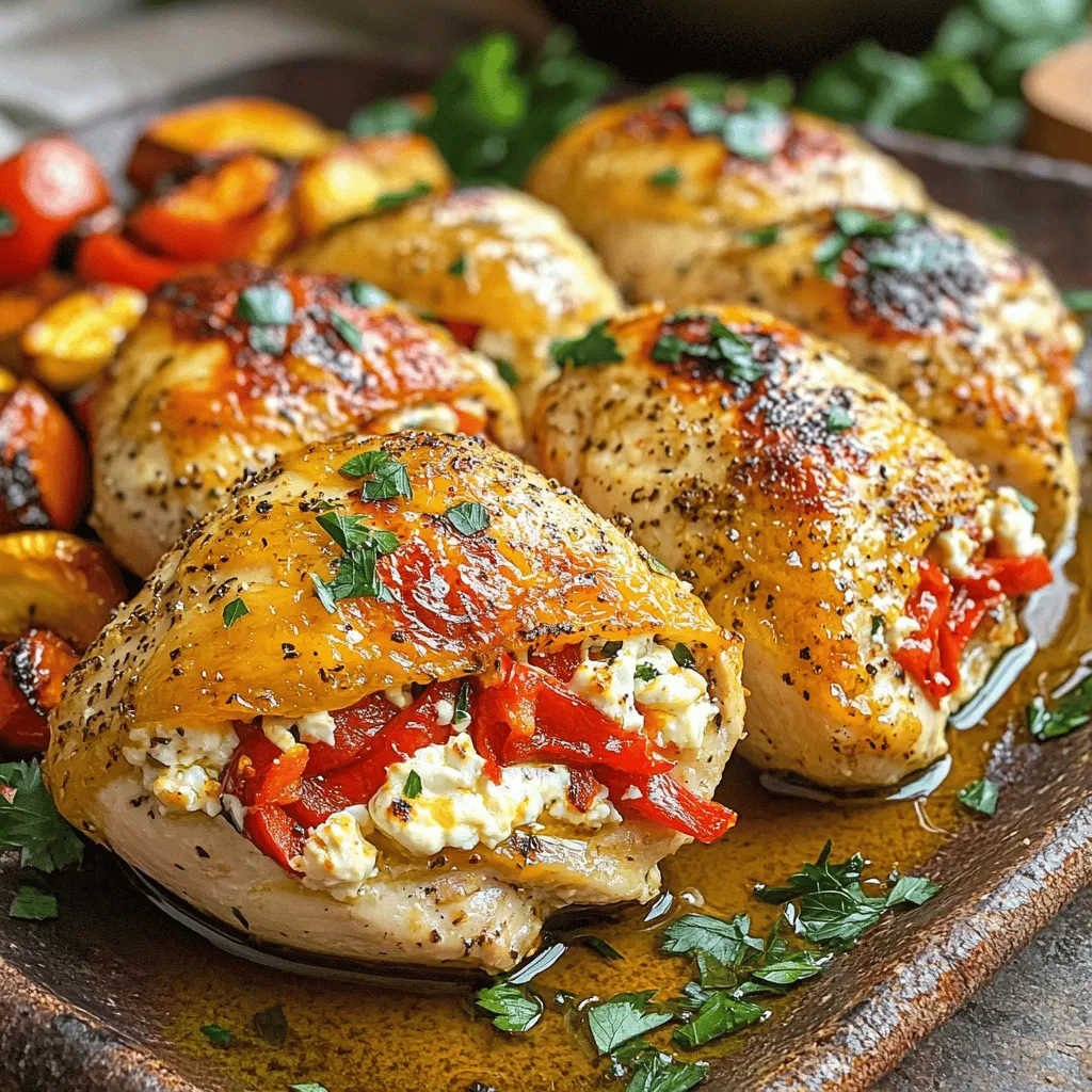 Für das herzhaft gefüllte Hähnchen benötigst du einige wichtige Zutaten. Diese sorgen für Geschmack und eine schöne Textur. Hier ist die Liste der Hauptzutaten: - 4 Hähnchenbrustfilets, ohne Haut und Knochen - 1 Tasse geröstete Paprika, grob gehackt - 1 Tasse frischer Spinat, grob gehackt - 1 Tasse Frischkäse, weich gerührt - 1/2 Tasse Feta-Käse, zerbröselt Diese Zutaten bilden die Basis für das Gericht. Die Kombination von Hähnchen, Paprika und Käse sorgt für eine leckere Füllung. Die richtigen Gewürze und Kräuter machen den Unterschied. Hier sind die Gewürze, die du brauchst: - 1 Teelöffel Knoblauchpulver - 1 Teelöffel getrockneter Oregano - 1 Teelöffel Paprika - Salz und Pfeffer nach Geschmack - 2 Esslöffel Olivenöl Diese Gewürze bringen das Aroma hervor. Oregano und Paprika passen besonders gut zu Hähnchen und unterstreichen die Aromen der Füllung. Falls du Allergien oder besondere Diätanforderungen hast, gibt es einige Ersetzungen. Hier sind einige Ideen: - Statt Frischkäse kannst du eine pflanzliche Alternative verwenden. - Für Feta-Käse kannst du Ziegenkäse oder eine andere Käsesorte nehmen. - Verwende glutenfreie Brühe, wenn du eine glutenfreie Diät hast. Diese Alternativen helfen dir, das Rezept an deine Bedürfnisse anzupassen. Wenn du mehr über das Rezept erfahren möchtest, schau dir das Full Recipe an. Zuerst heizen Sie Ihren Ofen auf 190°C vor. Nehmen Sie die Hähnchenbrustfilets und legen Sie sie auf ein Schneidebrett. Schneiden Sie jedes Filet vorsichtig horizontal ein, um eine Tasche zu bilden. Achten Sie darauf, nicht ganz durchzuschneiden. Legen Sie die Filets beiseite. In einer großen Rührschüssel vermengen Sie die Zutaten für die Füllung. Fügen Sie 1 Tasse geröstete Paprika, 1 Tasse frischen Spinat und 1 Tasse weich gerührten Frischkäse hinzu. Mischen Sie auch 1/2 Tasse zerbröselten Feta, 1 Teelöffel Knoblauchpulver, 1 Teelöffel getrockneten Oregano und 1 Teelöffel Paprika dazu. Geben Sie Salz und Pfeffer nach Geschmack hinzu. Mischen Sie alles gut, bis es eine gleichmäßige Masse ergibt. Füllen Sie nun jedes Hähnchenbrustfilet großzügig mit der Paprika-Käse-Mischung. Wenn nötig, sichern Sie die Öffnungen mit Zahnstochern. Erhitzen Sie 2 Esslöffel Olivenöl in einer großen, ofenfesten Pfanne bei mittlerer bis hoher Hitze. Braten Sie die gefüllten Filets 3-4 Minuten pro Seite, bis sie goldbraun sind. Übertragen Sie dann die Pfanne in den Ofen und backen Sie das Hähnchen für 20-25 Minuten. Achten Sie darauf, dass die Innentemperatur 75°C erreicht. Nach dem Backen lassen Sie das Hähnchen einige Minuten ruhen, bevor Sie die Zahnstochern entfernen. Garnieren Sie das Gericht mit frisch gehackter Petersilie. Für das vollständige Rezept schauen Sie sich die Anleitung an. Um das beste Aroma zu erzielen, verwenden Sie frische Kräuter. Sie bringen mehr Geschmack als getrocknete. Mischen Sie auch verschiedene Käsesorten in die Füllung. Feta verleiht eine salzige Note, während Frischkäse Cremigkeit hinzufügt. Experimentieren Sie mit Gewürzen wie Oregano oder Knoblauchpulver. So finden Sie Ihre perfekte Mischung. Die ideale Garzeit für gefülltes Hähnchen liegt bei 20 bis 25 Minuten. Achten Sie darauf, die Innentemperatur zu überprüfen. Sie sollte 75°C (165°F) erreichen. Nutzen Sie ein Fleischthermometer für die beste Genauigkeit. Wenn das Hähnchen zu lange gart, wird es trocken. Nehmen Sie es rechtzeitig aus dem Ofen. Um trockene Hähnchenbrust zu vermeiden, marinieren Sie das Fleisch vorher. Eine einfache Marinade aus Olivenöl, Zitronensaft und Gewürzen funktioniert gut. Lassen Sie das Hähnchen mindestens 30 Minuten marinieren. Zudem ist es wichtig, das Hähnchen nach dem Garen ruhen zu lassen. So bleibt der Saft im Fleisch, und es wird zart. Für das vollständige Rezept schauen Sie sich die [Full Recipe] an. {{image_4}} Sie können die Füllung Ihres gefüllten Hähnchens anpassen. Verwenden Sie verschiedene Gemüse, die Ihnen gefallen. Zucchini, Pilze und Brokkoli passen gut. Sie können auch frische Kräuter wie Basilikum oder Schnittlauch hinzufügen. Diese Gemüsevariationen bringen Farbe und Geschmack. Experimentieren Sie mit verschiedenen Kombinationen, um Ihre perfekte Füllung zu finden. Neben Feta gibt es viele Käsesorten, die Sie verwenden können. Mozzarella sorgt für eine cremige Konsistenz. Parmesan gibt einen herzhaften Geschmack. Wenn Sie vegan sind, probieren Sie pflanzliche Käsealternativen. Diese Käsesorten bringen verschiedene Texturen und Aromen in Ihr Gericht. Finden Sie die Sorte, die Ihnen am besten schmeckt. Die Gewürze spielen eine große Rolle im Geschmack. Anstelle von Oregano können Sie Thymian oder Rosmarin verwenden. Für einen scharfen Kick fügen Sie Chili oder Cayennepfeffer hinzu. Wenn Sie es mild mögen, verwenden Sie einfach etwas Salz und Pfeffer. Diese Gewürzvariationen machen Ihr gefülltes Hähnchen noch interessanter. Passen Sie die Gewürze an Ihren persönlichen Geschmack an. Wenn du Reste von deinem herzhaft gefüllten Hähnchen hast, lagere sie richtig. Lass das Hähnchen zuerst auf Raumtemperatur abkühlen. Dann lege es in einen luftdichten Behälter. So bleibt es frisch. Im Kühlschrank hält sich das Hähnchen bis zu drei Tage. Achte darauf, dass die Temperatur nicht über 4 °C steigt. Um das gefüllte Hähnchen einzufrieren, packe es gut ein. Nutze Frischhaltefolie oder gefrierfeste Beutel. So verhinderst du Frostschäden. Das Hähnchen kann bis zu drei Monate im Gefrierschrank bleiben. Beschrifte die Beutel mit dem Datum. So weißt du, wann du es eingefroren hast. Um das Hähnchen aufzuwärmen, benutze den Ofen. Heize ihn auf 180 °C vor. Lege das Hähnchen in eine Auflaufform. Bedecke es mit Aluminiumfolie, damit es nicht austrocknet. Erwärme es etwa 20 Minuten lang. Prüfe die Innentemperatur. Sie sollte mindestens 75 °C betragen. So bleibt der Geschmack frisch und lecker. Gefülltes Hähnchen bleibt im Kühlschrank bis zu drei Tage frisch. Es ist wichtig, das Hähnchen in einem gut verschlossenen Behälter zu lagern. So bleibt es saftig und lecker. Wenn Sie es länger aufbewahren wollen, frieren Sie es ein. Im Gefrierschrank hält es bis zu drei Monate. Denken Sie daran, das Hähnchen vor dem Essen gründlich aufzuwärmen. Ja, Sie können gefülltes Hähnchen im Voraus zubereiten. Bereiten Sie die Füllung und das Hähnchen am Morgen oder einen Tag zuvor vor. Lagern Sie alles im Kühlschrank bis zum Kochen. So sparen Sie Zeit am Abend. Es ist wichtig, die Füllung gut zu kühlen, damit sie frisch bleibt. Wenn Sie bereit sind, das Hähnchen zu kochen, folgen Sie einfach den Schritten im Full Recipe. Zu gefülltem Hähnchen passen viele Beilagen. Ein einfacher Salat ist immer eine gute Wahl. Auch geröstetes Gemüse ergänzt das Gericht schön. Kartoffeln sind ebenfalls lecker. Ob püriert oder als Ofenkartoffeln, sie passen hervorragend. Ein frisches Baguette oder Reis kann ebenfalls eine tolle Ergänzung sein. Experimentieren Sie mit verschiedenen Beilagen, um Ihr Essen abwechslungsreich zu gestalten! Gefülltes Hähnchen ist ein leckeres und vielseitiges Gericht. Wir haben die Hauptzutaten, Gewürze und gesunde Alternativen kennengelernt. Die Schritt-für-Schritt-Anleitung zeigte dir, wie einfach die Zubereitung ist. Mit nützlichen Tipps kannst du ein saftiges Hähnchen erreichen und verschiedene Füllungen ausprobieren. Du hast auch erfahren, wie du Reste richtig lagerst. Probiere neue Variationen aus, um Geschmack und Freude zu steigern. Jetzt liegt es an dir, dein perfektes gefülltes Hähnchen zu kreieren!