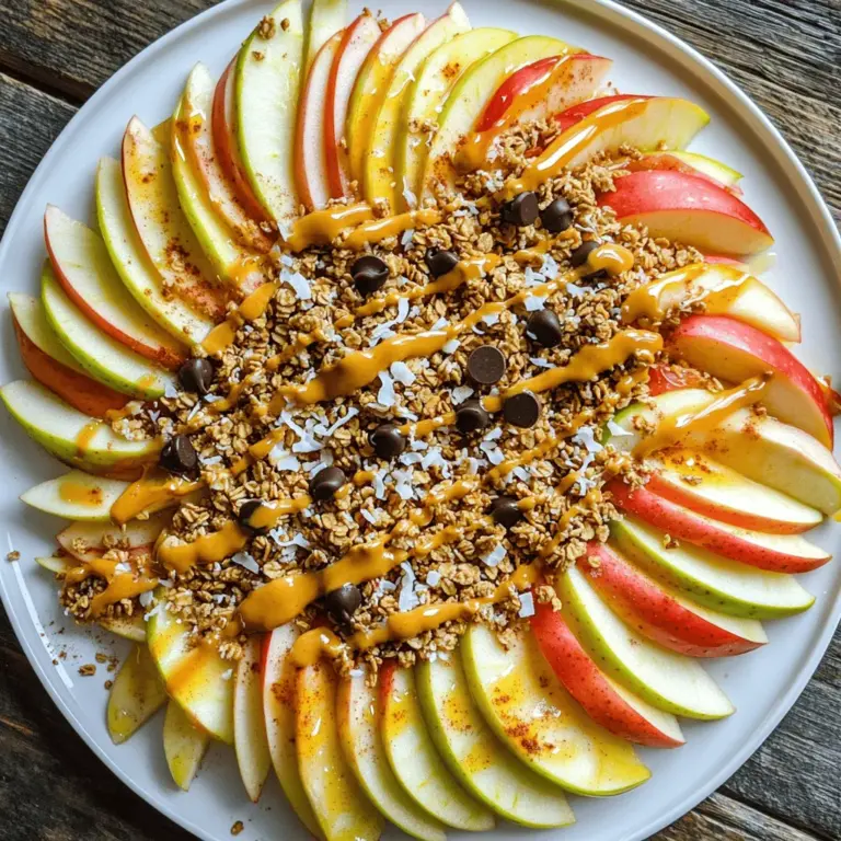 - 2 große Äpfel (z. B. Honeycrisp oder Granny Smith) - 60 ml natürliche Erdnussbutter oder Mandelbutter - 30 ml Honig oder Ahornsirup Um gesunde Apfel-Nachos zu machen, sind die richtigen Zutaten wichtig. Äpfel sind die Basis. Ich empfehle Honeycrisp oder Granny Smith. Diese Äpfel sind knackig und süß-sauer. Die Erdnussbutter oder Mandelbutter gibt den Nachos einen tollen Geschmack. Sie sorgt auch für gesunde Fette. Der Honig oder Ahornsirup fügt die nötige Süße hinzu. Du kannst die Süße anpassen, je nach Geschmack. Die Mischung aus diesen Hauptzutaten macht die Apfel-Nachos lecker und nahrhaft. Zusätzlich kannst du weitere leckere Zutaten hinzufügen. Zum Beispiel Granola für den Crunch oder Schokoladenstückchen für einen süßen Biss. Kokosraspel und Zimt runden den Geschmack ab. So wird dein Snack nicht nur gesund, sondern auch aufregend und schmackhaft. Für das vollständige Rezept schaue dir die vollständige Anleitung an. Zuerst wasche die Äpfel gründlich unter fließendem Wasser. Dies entfernt Schmutz und Pestizide. Danach schneidest du die Äpfel in dünne Runden oder Spalten. Es ist wichtig, gleichmäßige Scheiben zu machen. So sehen die Apfel-Nachos schön aus und sind leicht zu essen. Arrangiere die Apfelscheiben auf einem großen Teller oder einer Servierplatte. Du kannst sie kreisförmig anordnen. Das sieht toll aus! In einer kleinen Schüssel mische die Erdnussbutter oder Mandelbutter mit Honig oder Ahornsirup. Rühre gut um, bis die Mischung glatt ist. Das sorgt für einen köstlichen Geschmack. Die Nussbutter gibt den Apfel-Nachos einen tollen Crunch und macht sie noch gesünder. Gieße die Nussbuttermischung gleichmäßig über die Apfelscheiben. Achte darauf, dass jede Scheibe gut bedeckt ist. Jetzt ist es Zeit für die Toppings! Streue das Granola gleichmäßig über die Äpfel. Füge dann die Mini-Schokoladenstückchen oder Kakaonibs hinzu. Diese sorgen für einen leckeren Knusper-Effekt. Gib die Kokosraspel darüber, um eine extra Geschmacksnote hinzuzufügen. Bestäube alles mit Zimt und einer Prise Meersalz. Das hebt den Geschmack hervor. Wenn du magst, füge zusätzliche Toppings wie Bananenscheiben oder gehackte Nüsse hinzu. Jetzt sind deine Apfel-Nachos bereit zum Servieren! Beliebte Variationen der Nussbutter Erdnussbutter ist lecker, aber probiere auch Mandelbutter oder Cashewbutter. Diese Nussbutter haben einen milden Geschmack und passen gut zu Äpfeln. Du kannst auch Sonnenblumenkernbutter verwenden, wenn du Nüsse meiden möchtest. Jede dieser Optionen bringt einen eigenen Geschmack in die Apfel-Nachos. Alternative Süßungsmittel für spezielle Diäten Wenn du Honig oder Ahornsirup nicht verwenden möchtest, versuche Stevia oder Agavensirup. Diese Süßungsmittel sind oft kalorienärmer und haben einen niedrigeren glykämischen Index. Für eine noch gesündere Option kannst du darauf verzichten und stattdessen frische Früchte verwenden, um die Süße zu erhöhen. Optische Gestaltung und Anordnung der Apfel-Nachos Die Anordnung der Apfelscheiben ist wichtig. Lege die Scheiben in einem schönen Muster auf den Teller. Ein kreisförmiges Design sieht besonders ansprechend aus. Achte darauf, die Farben der Toppings gut zu kombinieren, um einen tollen Kontrast zu schaffen. Verwendung von zusätzlichen Dekorationen Um deine Apfel-Nachos besonders zu machen, füge frische Minzblätter hinzu. Sie bringen Farbe und Frische. Du kannst auch ein paar essbare Blüten für einen tollen Look verwenden. Diese kleinen Details machen das Gericht einladender und schöner. {{image_4}} Wenn du gesunde Apfel-Nachos zubereiten möchtest, gibt es viele einfache Optionen. Du kannst zuckerfreie Schokoladenstückchen verwenden. Diese sind perfekt, wenn du den Zuckergehalt senken willst. Sie bieten dennoch einen süßen Geschmack. Ein weiterer Tipp ist, Granola durch eine Nuss-Mischung zu ersetzen. Nüsse sind reich an gesunden Fetten und Proteinen. Dieses Upgrade macht die Nachos noch nahrhafter. Du kannst Mandeln, Walnüsse oder Cashews wählen. So erhältst du einen knusprigen Biss mit jedem Löffel. Für Kinder können die Apfel-Nachos noch lustiger werden. Füge essbare Toppings hinzu, die sie lieben. Bananenscheiben sind eine tolle Wahl. Sie bringen Süße und eine weiche Textur. Du kannst auch Mini-Marshmallows oder bunte Streusel verwenden. Diese machen das Gericht visuell ansprechend. Kinder mögen es, ihre Snacks zu dekorieren. Lass sie beim Anrichten helfen. So wird der Snack zu einem Familienprojekt. Wenn Sie Apfel-Nachos übrig haben, lagern Sie sie richtig. Der beste Weg ist, die Apfel-Nachos in einem luftdichten Behälter aufzubewahren. Dies hilft, die Frische zu bewahren. Um Braunfärbung zu vermeiden, träufeln Sie etwas Zitronensaft über die Apfelscheiben. Dies hält sie knackig und schön. Stellen Sie den Behälter dann in den Kühlschrank. Die Kälte hilft, die Äpfel frisch zu halten. Wie lange halten die Apfel-Nachos im Kühlschrank? Sie sind etwa 1 bis 2 Tage haltbar. Nach dieser Zeit können die Äpfel weich werden und ihre Frische verlieren. Die Nussbutter und die anderen Toppings können auch ihre Textur ändern. Um den besten Geschmack zu genießen, essen Sie die Nachos am besten frisch. Wenn Sie die Apfel-Nachos länger aufbewahren möchten, bereiten Sie die Bestandteile separat vor und mischen Sie sie erst kurz vor dem Servieren. So bleibt alles frisch und lecker. Die Apfel-Nachos sind am besten frisch. Wenn Sie Reste haben, lagern Sie sie in einem luftdichten Behälter im Kühlschrank. So bleiben sie etwa 1 bis 2 Tage frisch. Die Äpfel können jedoch schnell braun werden. Ein Spritzer Zitronensaft kann helfen, die Farbe zu bewahren. Ja, Sie können andere Früchte nutzen! Birnen, Bananen oder Beeren sind tolle Alternativen. Diese Früchte bringen andere Geschmäcker und Texturen. Experimentieren Sie mit Ihren Lieblingsfrüchten. Das macht das Rezept noch spannender und leckerer! Ja, Apfel-Nachos sind sehr gesund. Äpfel sind reich an Ballaststoffen und Vitaminen. Nüsse bieten gesunde Fette und Eiweiß. Diese Kombination sorgt für einen guten Snack, der sättigt und nährt. Die Nussbutter und der Honig geben zusätzliche Energie. Dieses Gericht ist lecker und unterstützt eine gesunde Ernährung. Diese Apfel-Nachos sind einfach und lecker. Wir haben Äpfel, Nussbutter und Honig kombiniert. Die Schritte sind einfach: Äpfel vorbereiten, Nussbutter mischen, alles schichten. Du kannst Zutaten nach deinem Geschmack anpassen. Auch für Kinder gibt es tolle Varianten. Bewahre die übrig gebliebenen Nachos richtig auf. Sie bleiben frisch und sind gesund. Ich hoffe, du hast Spaß beim Ausprobieren und Teilen!