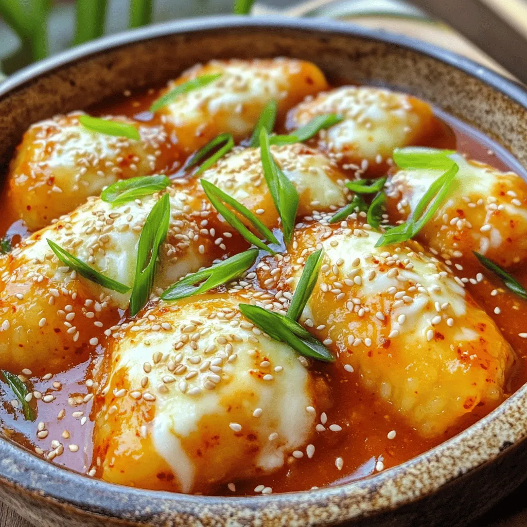 - 300g koreanische Reiskuchen (Tteok) - 1 Tasse Mozzarella-Käse, gerieben - 3 Esslöffel Gochujang (koreanische Chilipaste) - 1 Esslöffel Gochugaru (koreanische Chiliflocken) Die Hauptzutaten sind für den Geschmack wichtig. Die Reiskuchen geben dem Gericht die richtige Textur. Mozzarella-Käse sorgt für eine schöne, cremige Konsistenz. Gochujang und Gochugaru bringen die Schärfe und die Tiefe der Aromen. - 1 Esslöffel Pflanzenöl - 2 Esslöffel Zucker - 1 Esslöffel Sojasauce Die Gewürze und Soßen sind der Schlüssel für den Geschmack. Pflanzenöl hilft beim Anbraten und verbindet die Aromen. Zucker balanciert die Schärfe und Sojasauce bringt Umami in das Gericht. - 1 gekochtes Ei - 1 Frühlingszwiebel, in Ringe geschnitten - Sesamsamen zum Garnieren Die optionalen Zutaten fügen mehr Textur und Geschmack hinzu. Ein gekochtes Ei macht das Gericht reichhaltiger. Frühlingszwiebeln bringen Frische, während Sesamsamen für einen tollen Biss sorgen. Für das vollständige Rezept, siehe [Full Recipe]. Zuerst musst du die Reiskuchen vorbereiten. Wenn deine Reiskuchen hart sind, lege sie für 30 Minuten in warmes Wasser. So werden sie weich und leicht zu kochen. Jetzt ist es Zeit, alle Zutaten bereit zu stellen. Du brauchst koreanische Reiskuchen, Mozzarella-Käse, Gochujang, Gochugaru, Zucker, Sojasauce, Wasser, und etwas Pflanzenöl. Erhitze das Pflanzenöl in einem mittelgroßen Topf auf mittlerer Hitze. Füge das Gochujang, Gochugaru und den Zucker hinzu. Brate diese Mischung 1-2 Minuten an, bis sie gut duftet. Danach gieße 500ml Wasser in den Topf und bringe alles zum Simmern. Rühre die Soße gut um, bis sie glatt ist und der Zucker sich aufgelöst hat. Jetzt kommen die erweichten Reiskuchen ins Spiel. Füge sie vorsichtig zur Soße hinzu. Lass die Reiskuchen für 8-10 Minuten kochen. Rühre dabei gelegentlich um. Sie sollten durchgeheizt sein und die Soße gut aufnehmen. Der beste Teil kommt jetzt! Streue den geriebenen Mozzarella-Käse gleichmäßig über die Reiskuchen. Decke den Topf mit einem Deckel ab und lass es für 2-3 Minuten köcheln. Der Käse wird schmelzen und sprudelnd sein. Rühre alles gut um, um Käse und Soße gleichmäßig zu verteilen. Dein Käse Tteokbokki ist fast fertig! Für die vollständige Anleitung und weitere Details siehe das Full Recipe. Um die perfekte Konsistenz zu erreichen, ist die Kochzeit entscheidend. Achte darauf, die Reiskuchen nicht zu lange zu kochen. Sonst werden sie matschig. Koche die Reiskuchen etwa 8-10 Minuten. Rühre gelegentlich um, damit sie gleichmäßig garen. Die Soße kann je nach Geschmack angepasst werden. Magst du es schärfer? Füge mehr Gochujang hinzu. Für eine mildere Note kannst du weniger verwenden. So bekommst du die perfekte Balance. Du kannst verschiedene Käsesorten ausprobieren. Mozzarella ist klassisch, aber auch Cheddar passt gut. Probiere auch Gouda oder eine Mischung aus mehreren Käsesorten. Dies gibt deinem Gericht mehr Tiefe und Geschmack. Eine Käsemischung bringt Abwechslung. Du kannst zum Beispiel Mozzarella und Cheddar zusammen nutzen. Das ergibt eine spannende Textur und einen tollen Geschmack. Für passende Beilagen sind Kimchi und eingelegtes Gemüse ideal. Diese bringen Frische und einen tollen Kontrast. Du kannst auch Reis oder Gemüse dazu servieren. Wenn du Käse Tteokbokki für eine Party anrichtest, nutze flache Schalen. So sieht das Gericht schön aus. Garniere es mit Frühlingszwiebeln und Sesamsamen. Das macht das Essen noch einladender. Für das gesamte Rezept, schau dir den [Full Recipe] an. {{image_4}} Wenn du es schärfer magst, füge einfach mehr Chiliflocken hinzu. Ich empfehle, frische Chilis zu verwenden. Du kannst verschiedene Sorten ausprobieren. Zum Beispiel, Thai-Chilis oder Serrano-Chilis geben einen tollen Kick. Experimentiere mit der Menge, um die perfekte Schärfe zu finden. So wird dein Käse Tteokbokki noch spannender. Für eine vegane Variante kannst du Käse ersetzen. Nutze zum Beispiel Cashewkäse oder vegane Käsealternativen. Diese schmelzen gut und geben einen leckeren Geschmack. Du kannst auch eine vegane Soße machen. Verwende einfach Gochujang ohne tierische Produkte. So bleibt der Geschmack frisch und lecker. Gemüse macht dein Gericht noch bunter und gesünder. Ich empfehle, Karotten und Zucchini zu verwenden. Schneide sie in kleine Stücke und füge sie während des Kochens hinzu. Du kannst auch anderes Gemüse ausprobieren. Paprika oder Brokkoli sind gute Optionen. Das gibt deinem Käse Tteokbokki mehr Textur und Nährstoffe. Bewahre dein Käse Tteokbokki im Kühlschrank auf. So bleibt es frisch und lecker. Nutze luftdichte Behälter. Das hält die Feuchtigkeit und den Geschmack. Zum Aufwärmen kannst du die Mikrowelle oder den Herd nutzen. Bei der Mikrowelle, stell die Zeit auf 1-2 Minuten ein. Rühre zwischendurch um, damit alles gleichmäßig warm wird. Wenn du den Herd nutzt, erhitze das Tteokbokki bei schwacher Hitze. Füge ein wenig Wasser hinzu, um die Soße nicht zu trocken werden zu lassen. Das hilft, die Konsistenz zu bewahren. Ich empfehle, das Käse Tteokbokki innerhalb von 3 Tagen zu essen. Länger lagern könnte den Geschmack beeinträchtigen. Du kannst es auch einfrieren. Teile es in Portionen auf und lege sie in Gefrierbeutel. So hast du immer einen schnellen Snack parat. Die Zubereitung dauert 15 Minuten. Die gesamte Kochzeit beträgt 30 Minuten. Das Gericht ist schnell und einfach zu machen. Du kannst es leicht in einer halben Stunde auf den Tisch bringen. So bleibt mehr Zeit, um das Essen zu genießen! Ja, du kannst andere Käsesorten verwenden. Cheddar oder Gouda sind gute Alternativen. Diese Käse schmelzen ebenfalls gut. Experimentiere mit verschiedenen Käsesorten, um neue Geschmäcker zu entdecken. Der Geschmack kann je nach Käse variieren. Tteokbokki kann scharf sein. Das hängt von der Menge Gochujang ab, die du verwendest. Wenn du es milder magst, reduziere die Menge. Du kannst auch milde Chilipaste verwenden. So passt das Gericht zu deinem Geschmack. Tteokbokki findest du in vielen koreanischen Restaurants. Suche online nach „koreanisches Restaurant“ in deiner Nähe. Viele Restaurants bieten dieses Gericht an. Du kannst es auch in koreanischen Lebensmittelläden kaufen. Einige Läden verkaufen Tteok und die Soßen für zu Hause. Tteokbokki ist ein köstliches Gericht, das mit einfachen Zutaten leicht zuzubereiten ist. Zu den Hauptkomponenten gehören koreanische Reiskuchen, Mozzarella-Käse und Gewürze wie Gochujang. Diese Kombination sorgt für einen tollen Geschmack. Mit unseren Tipps kannst du die perfekte Konsistenz erreichen und deine eigene Note hinzufügen. Ob scharf oder vegan, die Variationen sind endlos. Bewahre Reste richtig auf und genieße sie später. Probiere es aus und entdecke die Vielfalt der Zubereitung!