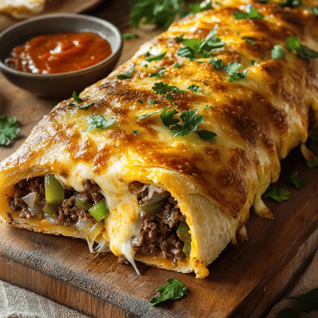 Um einen leckeren Philly Cheesesteak Stromboli zu machen, benötigst du folgende Zutaten: - 450 g Rinderhackfleisch oder Ribeye-Steak, dünn aufgeschnitten - 1 mittlere Zwiebel, fein gehackt - 1 mittelgroße grüne Paprika, fein gehackt - 3 Knoblauchzehen, gehackt - 240 ml Provolone-Käse, gerieben - 240 ml Mozzarella-Käse, gerieben - 1 Packung Pizzateig (fertig gekauft oder hausgemacht) - 2 Esslöffel Olivenöl - 1 Teelöffel Salz - ½ Teelöffel schwarzer Pfeffer - 1 Esslöffel Worcestershire-Sauce - 1 Teelöffel italienische Gewürzmischung - 1 Ei, geschlagen (für den Eierwasch) - Optional: eingelegte Peperoni für zusätzliche Schärfe Mit diesen Zutaten bereitest du einen köstlichen Stromboli zu. Du kannst die Füllung nach deinem Geschmack anpassen. Das Rezept ist einfach und macht Spaß. Achte darauf, frische Zutaten zu wählen. So schmeckt dein Stromboli noch besser. Du kannst die Menge leicht erhöhen, wenn du eine größere Portion machen möchtest. Das Rezept ist ideal für ein Abendessen oder eine Party. Es wird sicher allen schmecken! Zuerst erhitze ich das Olivenöl in einer großen Pfanne. Bei mittlerer Hitze brate ich die Zwiebel und die grüne Paprika. Nach etwa fünf Minuten sind sie weich und duften gut. Dann füge ich den gehackten Knoblauch hinzu. Ich brate ihn eine weitere Minute an, bis er aromatisch ist. Jetzt gebe ich das Rinderhackfleisch oder das Ribeye-Steak in die Pfanne. Ich koche es bis es bräunlich ist, das dauert etwa sieben bis zehn Minuten. Ich zerdrücke das Fleisch mit einem Spatel. Danach mische ich die Worcestershire-Sauce, Salz, schwarzen Pfeffer und italienische Gewürze unter. Ich lasse die Mischung noch eine Minute kochen und nehme sie dann vom Herd. Jetzt rolle ich den Pizzateig auf einer leicht bemehlten Fläche aus. Ich forme das Rechteck ungefähr 0,5 cm dick. Die Fleischmischung verteile ich gleichmäßig darauf, aber ich lasse einen Rand von etwa 2,5 cm an den Seiten. Dann streue ich den Provolone- und Mozzarella-Käse über die Fleischmischung. Wenn ich will, können eingelegte Peperoni für extra Schärfe hinzu. Ich beginne an einer langen Seite und rolle den Teig vorsichtig zu einem straffen Log. Die Ränder drücke ich gut zusammen, um sie zu verschließen. Ich lege den Stromboli mit der Naht nach unten auf ein Backblech. Dann bestreiche ich die Oberseite mit dem geschlagenen Ei. Das sorgt für eine schöne goldene Farbe. Ich schneide einige diagonale Einschnitte in die Oberseite, damit der Dampf entweichen kann. Jetzt backe ich den Stromboli im vorgeheizten Ofen bei 200°C für 20-25 Minuten. Nach dem Backen lasse ich ihn fünf bis zehn Minuten abkühlen, bevor ich ihn in Scheiben schneide. Ich serviere den Stromboli in dicken Scheiben und garnieren ihn mit frischer Petersilie. Man kann ihn auch mit Marinara-Sauce servieren. Für das vollständige Rezept, schau dir das [Full Recipe] an. Um den besten Geschmack zu erzielen, brate das Fleisch richtig an. Beginne mit mittlerer Hitze und verwende Olivenöl. Achte darauf, das Fleisch gleichmäßig zu bräunen. Das gibt deinem Stromboli eine tolle Tiefe. Rolle den Teig gleichmäßig aus. Ein gleichmäßiger Teig sorgt für gleichmäßiges Backen. Nutze eine leicht bemehlte Fläche, damit der Teig nicht kleben bleibt. Kombiniere den Stromboli mit Dips und Beilagen. Marinara-Sauce passt perfekt zum Dippen. Auch ein frischer Salat dazu schmeckt gut. Für eine ansprechende Präsentation schneide den Stromboli in dicke Scheiben. Lege die Stücke auf ein Holzbrett. Garniere sie mit frischer Petersilie oder Basilikum. Das sieht nicht nur gut aus, sondern bringt auch frischen Geschmack. {{image_4}} Du kannst die Füllung für deinen Philly Cheesesteak Stromboli ganz leicht ändern. Eine tolle Idee ist, ein Veggie-Stromboli zu machen. Dazu nimmst du einfach verschiedene Gemüse, wie Zucchini oder Spinat. Das gibt deinem Gericht eine frische Note und macht es bunt. Eine andere Option ist, Hühnchen zu verwenden. Hähnchenbrust ist zart und nimmt die Gewürze gut auf. Du kannst es wie das Rinderhackfleisch anbraten und die gleichen Gewürze verwenden. So erhältst du ein leckeres und saftiges Stromboli, das deine Familie lieben wird. Soßen und Toppings machen dein Stromboli noch besser. Marinara ist eine beliebte Wahl als Dip. Der Tomatengeschmack passt perfekt zu den Käseschichten und dem Fleisch. Zusätzlich kannst du verschiedene Käsevariationen ausprobieren. Cheddar gibt einen scharfen Geschmack, während Ricotta eine cremige Textur bringt. Gewürze wie Oregano oder Chili-Flocken können deinem Stromboli den letzten Schliff geben. Experimentiere mit diesen Ideen, um dein Gericht zu verfeinern und noch köstlicher zu machen. Für das komplette Rezept schau dir die [Full Recipe] an. Nach dem Genießen bleibt oft etwas Stromboli übrig. Um die Reste frisch zu halten, ist die richtige Lagerung wichtig. Bewahre den Stromboli zuerst in einem luftdichten Behälter auf. So hält er sich im Kühlschrank bis zu drei Tage. Wenn du ihn länger aufbewahren möchtest, ist der Gefrierschrank eine gute Option. Wickele den Stromboli fest in Frischhaltefolie ein, bevor du ihn in einen Gefrierbehälter legst. So bleibt er bis zu drei Monate frisch. Um den Stromboli wieder aufzuwärmen, benutze den Ofen. Heize ihn auf 175°C vor. Lege den Stromboli auf ein Backblech und decke ihn mit Alufolie ab. So bleibt er saftig und wird nicht trocken. Backe ihn für etwa 15-20 Minuten. Eine andere Methode ist die Mikrowelle, aber sei vorsichtig! Du kannst ihn in 30-Sekunden-Intervallen aufwärmen. Überprüfe nach jedem Intervall die Temperatur. Die Mikrowelle kann den Teig weich machen, also ist die Ofenmethode oft besser. Für das beste Ergebnis genieße deinen Stromboli warm, frisch und mit einer leckeren Marinara-Sauce. Wenn du mehr über die Zubereitung erfahren möchtest, schau dir das Full Recipe an. Für den Philly Cheesesteak Stromboli kann man viele leckere Füllungen verwenden. Hier sind einige tolle Tipps: - Hühnchen: Statt Rindfleisch kann man auch Hühnchen verwenden. Es schmeckt frisch und leicht. - Pilze: Gebratene Champignons bringen einen tollen Umami-Geschmack. - Spinat: Frischer Spinat gibt Farbe und Nährstoffe dazu. - Peperoni: Eingelegte Peperoni geben eine scharfe Note. - Käsevariationen: Man kann auch Cheddar oder Gouda ausprobieren. Experimentiere mit deinen Lieblingszutaten, um deinen perfekten Stromboli zu finden! Ja, du kannst den Teig selbst machen! Hier ist eine einfache Anleitung für hausgemachten Pizzateig: 1. Zutaten: Du brauchst 500 g Mehl, 1 Päckchen Trockenhefe, 300 ml warmes Wasser, 1 Teelöffel Salz und 1 Esslöffel Olivenöl. 2. Mischen: Vermische das Mehl und das Salz in einer großen Schüssel. Löse die Hefe im warmen Wasser auf. 3. Kneten: Gib das Wasser und das Olivenöl zu dem Mehl. Knete alles gut durch, bis ein glatter Teig entsteht. 4. Ruhen: Lass den Teig 1 Stunde an einem warmen Ort ruhen, bis er aufgeht. 5. Ausrollen: Rolle den Teig dann auf einer bemehlten Fläche aus. So hast du frischen, leckeren Pizzateig für deinen Stromboli! Die Zubereitung des Philly Cheesesteak Stromboli dauert insgesamt etwa 45 Minuten. Hier sind die Details: - Vorbereitungszeit: 20 Minuten für das Schneiden der Zutaten und das Anbraten. - Kochzeit: Etwa 25 Minuten im Ofen, bis der Stromboli goldbraun ist. So schnell hast du ein köstliches Gericht auf dem Tisch! Stromboli ist eine leckere und vielseitige Speise. Wir haben die Zutaten, die Schritte und Tipps für die perfekte Zubereitung behandelt. Denke daran, dass du mit Füllungen und Soßen kreativ werden kannst. Das macht jedes Gericht einzigartig. Bewahre Reste richtig auf, damit sie frisch bleiben. Egal, ob du ein einfaches Rezept oder eine neue Variante suchst, Stromboli bietet dir viele Möglichkeiten. Probiere es aus und genieße jedes Stück!