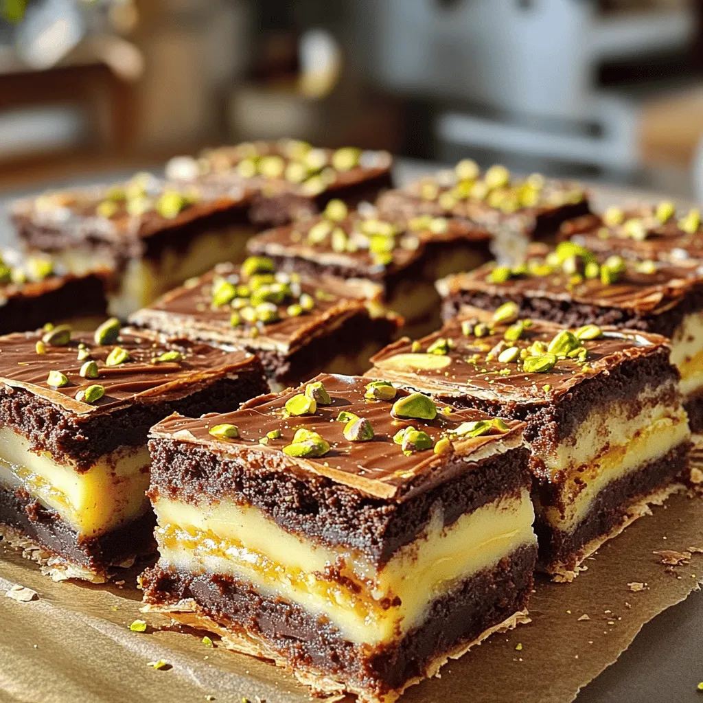 Um die perfekten Pistazien-Kunafa-Brownies zu machen, brauchst du folgende Zutaten: - 240 g ungesalzene Butter, geschmolzen - 200 g Kristallzucker - 2 große Eier - 1 Teelöffel Vanilleextrakt - 125 g Weizenmehl - 50 g ungesüßtes Kakaopulver - 0,5 Teelöffel Backpulver - 0,25 Teelöffel Salz - 100 g zerkleinerter Kunafa-Teig - 75 g geschälte Pistazien, grob gehackt - 120 ml gezuckerte Kondensmilch (optional, zum Drizzlen) Diese Zutaten sind die Basis für einen köstlichen Brownie mit dem besonderen Kick. Du kannst das Rezept noch weiter verfeinern. Hier sind einige optionale Zutaten: - Eine Prise Zimt für einen warmen Geschmack - Ein paar Tropfen Mandel- oder Orangenextrakt für mehr Aroma - Schokoladenstückchen für zusätzliche Süße Diese Zutaten bringen Vielfalt und machen dein Dessert einzigartig. Die Qualität der Zutaten ist wichtig. Hier sind einige Tipps: - Wähle frische Pistazien, um den besten Geschmack zu erhalten. - Benutze hochwertige Butter, um reichhaltigen Geschmack zu erzielen. - Achte darauf, dass das Kakaopulver ungesüßt und von guter Qualität ist. Mit diesen Tipps sorgst du dafür, dass deine Pistazien-Kunafa-Brownies richtig gut werden. Für die vollständige Anleitung und mehr Details, schau dir das Rezept [Full Recipe] an. Heizen Sie Ihren Ofen auf 175°C vor. Während der Ofen warm wird, fette ich eine quadratische Backform (22x22 cm) ein. Ich lege die Form mit Backpapier aus. Das hilft, die Brownies später leicht herauszunehmen. Wenn ich Kunafa benutze, schneide ich ihn mit Küchenscheren in kleine Stücke. Dann gebe ich die Stücke in eine Schüssel. Ich füge 2 Esslöffel der geschmolzenen Butter hinzu und mische alles gut. So wird der Kunafa gleichmäßig mit Butter überzogen. Ich stelle die Mischung zur Seite, um sie später zu verwenden. In einer großen Rührschüssel kombiniere ich die geschmolzene Butter und den Kristallzucker. Ich schlage die beiden Zutaten gut durch. Dann füge ich die Eier nacheinander hinzu. Nach jedem Ei rühre ich gut um. Ich gebe auch den Vanilleextrakt hinzu, um den Geschmack zu verstärken. In einer separaten Schüssel siebe ich das Mehl, das Kakaopulver, das Backpulver und das Salz. Anschließend füge ich die trockenen Zutaten schrittweise zur feuchten Mischung hinzu. Ich falte alles vorsichtig, bis es gerade so vermischt ist. Ich gieße die Hälfte des Brownie-Teigs in die vorbereitete Backform. Dann verteile ich ihn gleichmäßig. Auf den Teig streue ich die Hälfte des zerkleinerten Kunafa sowie die Hälfte der gehackten Pistazien. Danach gieße ich den restlichen Brownie-Teig obenauf. Schließlich streue ich den restlichen Kunafa und die Pistazien darüber. Ich backe die Brownies im vorgeheizten Ofen für 25-30 Minuten. Ein Zahnstocher sollte mit einigen feuchten Krümeln herauskommen. Nach dem Backen lasse ich die Brownies 15 Minuten in der Form abkühlen. Dann hebe ich sie vorsichtig mithilfe des Backpapiers heraus. Sobald die Brownies vollständig abgekühlt sind, träufle ich nach Belieben gezuckerte Kondensmilch darüber. Ich schneide die Brownies in quadratische Stücke und serviere sie warm oder bei Zimmertemperatur. Für das vollständige Rezept schauen Sie bitte in den Abschnitt "Zutaten". Beim Backen von Brownies gibt es einige Fehler, die du vermeiden solltest. Achte darauf, die Zutaten gut zu messen. Zu viel Mehl macht die Brownies trocken. Zu wenig Zucker kann sie fade schmecken. Rühre den Teig nicht zu lange. Das kann die Textur hart machen. Backe die Brownies nicht zu lange. Sie sollten innen noch weich sein. Die perfekte Konsistenz ist wichtig. Du willst, dass die Brownies außen fest und innen weich sind. Überprüfe den Backvorgang nach 25 Minuten. Stecke einen Zahnstocher in die Mitte. Wenn er mit feuchten Krümeln herauskommt, sind sie fertig. Lass die Brownies nach dem Backen in der Form abkühlen. Das hilft, die richtige Textur zu bewahren. Um die Brownies noch besser zu machen, probiere verschiedene Zutaten. Füge Schokoladenstückchen hinzu. Sie schmelzen und machen die Brownies noch schokoladiger. Du kannst auch Karamellsoße für eine süße Note verwenden. Eine Prise Zimt kann den Geschmack hervorheben. Für mehr Crunch sind zusätzliche Nüsse eine gute Idee. Diese Tipps machen deine Pistachio Kunafa Brownies einzigartig und unwiderstehlich. Für das vollständige Rezept schaue dir die [Full Recipe] an. {{image_4}} Pistazien sind der Star in diesen Brownies, doch andere Nüsse bringen Freude. Mandeln geben einen leichten Crunch und einen süßen Geschmack. Walnüsse sorgen für eine erdige Note, die gut zu Schokolade passt. Cashewkerne sind ebenfalls lecker. Sie sind weich und cremig. Zerkleinere sie grob und mische sie in den Teig oder streue sie obenauf. Für eine besondere Note kannst du auch andere Süßigkeiten verwenden. Füge Schokoladenstückchen hinzu, um einen schokoladigen Kick zu bekommen. Du kannst auch getrocknete Früchte wie Datteln oder Aprikosen verwenden. Diese sorgen für eine fruchtige Süße. Wenn du es noch spannender magst, probiere Kokosraspeln. Diese geben den Brownies eine tropische Note. Wenn du vegane oder glutenfreie Brownies machen möchtest, gibt es tolle Alternativen. Ersetze die Eier durch Apfelmus oder Chia-Eier. Verwende glutenfreies Mehl, um die Brownies glutenfrei zu machen. Du kannst auch die Butter durch Kokosöl oder vegane Margarine ersetzen. So bleibt der Geschmack toll, und du passt die Brownies an deine Bedürfnisse an. Für das beste Ergebnis, teste verschiedene Kombinationen und finde deine Lieblingsversion. Für das vollständige Rezept, schaue dir die Anleitung zu Pistazien-Kunafa-Brownies an. Um die Pistazien-Kunafa-Brownies frisch zu halten, bewahre sie in einem luftdichten Behälter auf. Dies schützt sie vor Feuchtigkeit und hält sie weich. Wenn du die Brownies in Schichten aufbewahrst, lege zwischen die Schichten Backpapier. So bleiben sie nicht kleben. Du kannst die Brownies auch einwickeln und im Kühlschrank lagern, wenn du sie länger halten möchtest. Die Brownies bleiben bei Raumtemperatur drei bis fünf Tage frisch. Im Kühlschrank halten sie sich bis zu einer Woche. Wenn du die Brownies einfrierst, sind sie bis zu drei Monate haltbar. Achte darauf, sie gut einzuwickeln, um Gefrierbrand zu vermeiden. Um die Brownies aufzuwärmen, nutze entweder die Mikrowelle oder den Ofen. In der Mikrowelle erwärmst du sie für 10-15 Sekunden. Achte darauf, sie nicht zu lange zu erhitzen, damit sie nicht trocken werden. Im Ofen erhitzt du sie bei 150°C für etwa 5-10 Minuten. So bleiben sie schön weich und genießen! Kunafa ist ein dünner Teig aus Grieß oder Weizen. Er wird oft in Süßspeisen verwendet. Diese Leckerei hat ihren Ursprung im Nahen Osten, besonders in Ländern wie der Türkei und dem Libanon. Kunafa hat eine knusprige Textur. Man kann ihn süß oder herzhaft genießen. In unserem Rezept macht er die Brownies besonders lecker und einzigartig. Ja, gefrorene Pistazien sind eine gute Option. Achte darauf, sie vorher aufzutauen. Nach dem Auftauen sollten sie gut abtropfen. So vermeidest du, dass die Brownies feucht werden. Frische Pistazien haben jedoch mehr Geschmack. Wenn du die Wahl hast, nimm frische. Um trockene Brownies zu vermeiden, achte auf die Backzeit. Überprüfe die Brownies nach 25 Minuten. Ein Zahnstocher sollte leicht herauskommen, nicht trocken. Auch die richtige Menge Butter hilft. Sie gibt Feuchtigkeit und Geschmack. Wenn du unsicher bist, füge einen Esslöffel Wasser in den Teig hinzu. Die gezuckerte Kondensmilch ist optional. Sie fügt eine süße, cremige Schicht hinzu. Wenn du es süßer magst, ist es eine tolle Ergänzung. Ohne sie bleiben die Brownies immer noch köstlich. Probiere beide Varianten aus, um deinen Favoriten zu finden. Für das vollständige Rezept, schau dir die [Full Recipe] an. Die Pistazien-Kunafa-Brownies sind ein Genuss, den du nicht verpassen solltest. Wir haben die besten Zutaten und Tipps behandelt. Von der Auswahl der Nüsse bis zur perfekten Konsistenz gibt es viel zu beachten. Denke daran, die richtigen Methoden zur Aufbewahrung zu nutzen, damit deine Brownies frisch bleiben. Experimentiere mit Variationen und genieße die Vielfalt. Mit diesen einfachen Schritten und Tricks kannst du köstliche Brownies machen. Trau dich, kreativ zu sein!