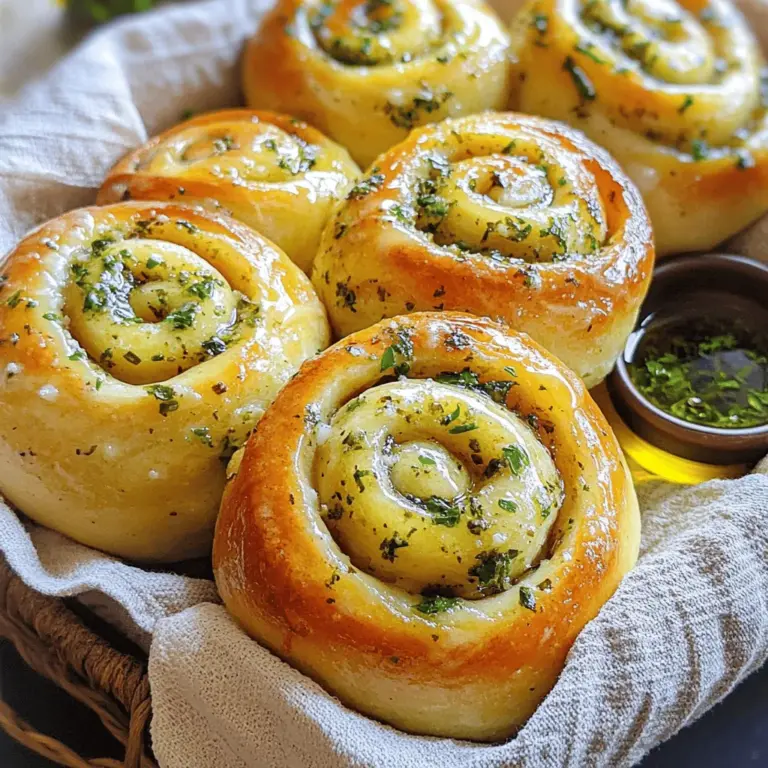 Um die perfekten Kräuter-Knoblauch-Schneckenbrötchen zu machen, brauchen wir: - 3 Tassen Weizenmehl (Type 550) - 1 Päckchen (2 ¼ Teelöffel) Trockenhefe - 1 Tasse warme Milch (ca. 43°C) - 1/4 Tasse Zucker - 1/4 Tasse ungesalzene Butter, geschmolzen - 1 Teelöffel Salz - 1 großes Ei - 4 Knoblauchzehen, fein gehackt - 1/4 Tasse frische Petersilie, fein gehackt - 1/4 Tasse frisches Basilikum, fein gehackt - 1/4 Tasse frisch geriebener Parmesan - 1 Esslöffel Olivenöl - Zusätzliche geschmolzene Butter zum Bestreichen Jede Zutat spielt eine wichtige Rolle. Das Mehl gibt dem Teig Struktur. Die Hefe lässt die Brötchen schön aufgehen. Milch macht sie weich und fluffig. Der Zucker sorgt für eine leichte Süße, während die Butter den Brötchen Geschmack verleiht. Frische Kräuter sind der Schlüssel zu einem tollen Geschmack. Petersilie bringt Frische und Farbe. Basilikum gibt einen süßen, aromatischen Geschmack. Knoblauch fügt Tiefe und Würze hinzu. Die Vorteile von frischen Kräutern sind groß. Sie sind reich an Vitaminen und Antioxidantien. Sie steigern den Nährwert der Brötchen. Außerdem fördern sie die Verdauung und können die Immunität stärken. Wer frische Kräuter verwendet, merkt schnell den Unterschied. Sie sind geschmackvoller und gesünder als getrocknete Kräuter. Wenn du keine frischen Kräuter hast, kannst du getrocknete verwenden. Nutze 1 Esslöffel getrocknete Kräuter für jeden 1/4 Tasse frischer Kräuter. Für eine laktosefreie Option kannst du pflanzliche Milch und Margarine nutzen. Wenn du keinen Parmesan hast, probiere einen anderen Hartkäse. Diese Alternativen machen das Rezept flexibler. Du kannst die Brötchen nach deinem Geschmack anpassen. Sie bleiben dennoch lecker und aromatisch. Um die perfekte Basis für deine Herb & Garlic Swirl Rolls zu schaffen, beginne mit dem Teig. In einer großen Schüssel vermenge warme Milch, Zucker und Trockenhefe. Lass die Mischung etwa 5 Minuten stehen, bis sie schaumig wird. Das zeigt, dass die Hefe aktiv ist. Füge dann geschmolzene Butter, Salz und ein Ei hinzu. Rühre alles gut durch. Jetzt kommt das Mehl hinzu. Gib es nach und nach dazu, bis ein weicher Teig entsteht. Knete den Teig auf einer bemehlten Fläche für 5 bis 7 Minuten, bis er glatt und elastisch ist. Leg den Teig in eine gefettete Schüssel, decke ihn mit einem Tuch ab und lass ihn an einem warmen Ort für 1 Stunde gehen. Der Teig sollte sich in diesem Zeitraum verdoppeln. Während der Teig aufgeht, bereite die Füllung vor. In einer kleinen Schüssel vermenge fein gehackte Knoblauchzehen, Petersilie, Basilikum und geriebenen Parmesan. Diese Mischung bringt den herzhaften Geschmack, den wir wollen. Stelle die Füllung beiseite, bis der Teig fertig ist. Wenn der Teig aufgegangen ist, drücke ihn sanft mit der Faust. Rolle ihn auf einer bemehlten Fläche in ein Rechteck von etwa 0,5 cm Dicke aus. Bestreiche die Oberfläche leicht mit Olivenöl. Verteile die Knoblauch-Kräuter-Mischung gleichmäßig darauf. Rolle den Teig vom längeren Rand her straff auf, um einen Zylinder zu formen. Schneide den Zylinder in 12 gleich große Stücke. Setze die Brötchen in eine gefettete Auflaufform und lasse etwas Platz zwischen ihnen. Decke die Form mit einem sauberen Tuch ab und lass die Brötchen 30 Minuten gehen. Währenddessen heize den Ofen auf 190°C vor. Backe die Brötchen für 20 bis 25 Minuten, bis sie goldbraun sind. In den letzten 5 Minuten bestreiche die Oberflächen mit geschmolzener Butter für einen schönen Glanz. Nimm die Brötchen aus dem Ofen und lass sie kurz abkühlen. Jetzt kannst du die warmen Brötchen genießen! Um den perfekten Teig für die Kräuter-Knoblauch-Schneckenbrötchen zu machen, ist die richtige Temperatur wichtig. Verwende warme Milch, nicht heiß. Die Hefe braucht Wärme, um zu aktivieren. Lass den Teig nach dem Kneten an einem warmen Ort gehen. Er sollte sich verdoppeln. Fühle den Teig mit deinen Händen an. Er sollte weich und elastisch sein, nicht klebrig. Wenn er zu klebrig ist, füge etwas mehr Mehl hinzu. Knete den Teig gut, etwa 5-7 Minuten, bis er glatt ist. Die Backzeit kann je nach Ofen variieren. Stelle deinen Ofen auf 190°C ein. Backe die Brötchen 20-25 Minuten. Achte darauf, dass sie goldbraun und fest sind. Wenn die Oberseite zu schnell bräunt, decke sie mit Alufolie ab. Ein guter Trick: Ein Holzlöffel hilft, die Ofentür leicht offen zu halten. So kann die Feuchtigkeit entweichen. Das macht die Brötchen fluffiger. Käse macht die Füllung reichhaltig. Parmesan ist klassisch, aber du kannst auch andere Sorten verwenden. Mozzarella sorgt für eine schöne Dehnbarkeit. Feta gibt einen salzigen Kick. Experimentiere mit Käsemischungen. Mische Gouda mit Parmesan für eine tolle Textur. Denke daran, die Käse so zu schneiden, dass sie gut mit den Kräutern vermischt werden. Für die Füllung kannst du auch Käse ganz weglassen. Die Kräuter und der Knoblauch sind bereits sehr aromatisch. Probiere verschiedene Kombinationen aus und finde deinen persönlichen Favoriten. {{image_4}} Du kannst die Kräuter-Knoblauch-Schneckenbrötchen ganz einfach vegan machen. Verwende pflanzliche Milch anstelle von normaler Milch. Ersetze die Butter durch vegane Margarine und das Ei durch einen Leinsamen-Ersatz. Mische einen Esslöffel Leinsamen mit drei Esslöffeln Wasser. Lass es kurz quellen. So wird der Teig schön locker und die Brötchen behalten ihren guten Geschmack. Für eine glutenfreie Variante nimm glutenfreies Mehl. Achte darauf, dass das Mehl eine Mischung aus verschiedenen glutenfreien Mehlen ist. Füge auch etwas Xanthan hinzu, um die Struktur zu verbessern. Halte dich an das Grundrezept, aber lass den Teig etwas länger gehen. So wird er fluffiger und die Brötchen werden besser. Sei kreativ mit der Füllung! Du kannst Zutaten wie Spinat, getrocknete Tomaten oder Oliven hinzufügen. Ein bisschen Feta-Käse gibt einen tollen Geschmack. Probiere auch, verschiedene Kräuter wie Thymian oder Oregano zu verwenden. Für eine scharfe Note kannst du Chili oder Paprika hinzufügen. Entdecke, was dir am besten schmeckt! Für das vollständige Rezept, siehe [Full Recipe]. Um die Kräuter-Knoblauch-Schneckenbrötchen frisch zu halten, lagere sie in einem luftdichten Behälter. Dies schützt sie vor Feuchtigkeit und hält sie weich. Du kannst auch ein Tuch um die Brötchen wickeln, bevor du sie in den Behälter legst. So bleibt die Kruste knusprig und der Innenraum weich. Lagere die Brötchen bei Raumtemperatur, aber nicht in direktem Sonnenlicht. Falls du Brötchen übrig hast, friere sie ein, um ihre Frische zu erhalten. Lass die Brötchen zuerst abkühlen, bevor du sie in einen Gefrierbeutel legst. Drücke die Luft aus dem Beutel, um Gefrierbrand zu vermeiden. Beschrifte den Beutel mit dem Datum. So weißt du, wann du sie eingefroren hast. Diese Brötchen bleiben bis zu drei Monate frisch im Gefrierschrank. Um die Brötchen wieder aufzuheizen, heize deinen Ofen auf 180°C vor. Lege die Brötchen auf ein Backblech und backe sie etwa 10 Minuten lang. So werden sie warm und knusprig. Alternativ kannst du die Brötchen in der Mikrowelle für 15 bis 30 Sekunden aufwärmen. Dies ist schneller, macht sie jedoch weicher. Für den besten Geschmack, nutze den Ofen! Die Kräuter-Knoblauch-Schneckenbrötchen sind frisch am besten. Sie halten sich etwa 2-3 Tage bei Raumtemperatur. Lagern Sie sie in einem luftdichten Behälter. So bleiben sie weich. Wenn Sie länger aufbewahren möchten, frieren Sie die Brötchen ein. Im Gefrierfach halten sie bis zu 3 Monate. Lassen Sie sie vor dem Servieren bei Raumtemperatur auftauen. Ja, die Füllung ist sehr flexibel. Sie können verschiedene Kräuter verwenden, wie Thymian oder Oregano. Auch Käse ist anpassbar. Feta oder Mozzarella passen gut dazu. Probieren Sie, die Füllung mit getrockneten Tomaten oder Oliven zu ergänzen. Seien Sie kreativ! Ihre persönlichen Vorlieben machen die Brötchen einzigartig. Fertige Kräuter-Knoblauch-Schneckenbrötchen finden Sie in vielen Bäckereien und Feinkostläden. Auch einige Supermärkte bieten sie an. Suchen Sie nach frischen Brötchen in der Bäckereiabteilung. Online können Sie auch nach speziellen Bäckereien suchen, die solche Brötchen liefern. Achten Sie auf die Qualität und die frischen Zutaten. In diesem Blogbeitrag haben wir die Zutaten und deren Vorteile erkundet. Die Schritt-für-Schritt-Anleitung zeigte, wie man perfekte Brötchen macht. Tipps und Tricks helfen dir, den Teig zu optimieren. Wir haben auch leckere Variationen und Lagerungshinweise geteilt. Denke daran, dass Kochen Spaß macht und kreativ ist. Experimentiere mit Zutaten und finde deinen eigenen Stil. So entstehen köstliche Brötchen, die jedem schmecken.