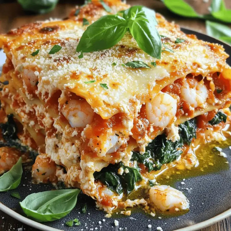 Für eine köstliche Meeresfrüchte-Lasagne benötigst du einige wichtige Zutaten: - 9 Lasagne-Nudeln - 2 Tassen Ricotta-Käse - 2 Tassen geriebener Mozzarella-Käse - 1 Tasse geriebener Parmesan-Käse - 1 Tasse gekochte Shrimps, gehackt - 1 Tasse gekochte Jakobsmuscheln, gehackt - 1 Tasse Krabbenfleisch, zerkleinert - 2 Tassen frischer Spinat - 3 Knoblauchzehen, fein gehackt - 1 Teelöffel rote Pfefferflocken - 1 Teelöffel getrockneter Oregano - 1 Teelöffel getrockneter Basilikum - 2 Tassen Marinara-Sauce (hausgemacht oder aus dem Laden) - Salz und Pfeffer nach Geschmack - 1 Esslöffel Olivenöl Diese Zutaten sorgen für den vollen Geschmack der Lasagne und machen sie zu einem Hit! Um die Lasagne perfekt zuzubereiten, brauchst du das richtige Zubehör: - Eine große Pfanne - Eine Lasagneform - Einen Kochtopf für die Nudeln - Ein Schneidebrett und ein Messer - Eine Rührschüssel Mit diesem Zubehör wird die Zubereitung einfach und schnell. Falls dir einige Zutaten fehlen, gibt es gute Alternativen: - Verwende andere Meeresfrüchte wie Muscheln oder Tintenfisch. - Statt Ricotta kannst du auch Quark oder Frischkäse nutzen. - Möchtest du es vegetarisch? Nutze mehr Spinat und Pilze. - Du kannst auch jede Art von Käsesorten verwenden, die du magst. Diese Alternativen bieten dir Flexibilität und ermöglichen dir, die Lasagne nach deinem Geschmack zu gestalten. Schau dir das Full Recipe an, um alles zusammenzuführen und schmackhafte Ergebnisse zu erzielen! Die Vorbereitungszeit für diese Lasagne beträgt 30 Minuten. Die gesamte Kochzeit liegt bei 1 Stunde. Das Rezept ergibt 6 Portionen, ideal für ein Familienessen. 1. Nudeln vorbereiten: Bringe einen Topf mit leicht gesalzenem Wasser zum Kochen. Koche die Lasagne-Nudeln al dente, wie auf der Verpackung angegeben. Gieße sie ab und stelle sie beiseite. 2. Spinat und Knoblauch anbraten: Erhitze in einer großen Pfanne 1 Esslöffel Olivenöl bei mittlerer Hitze. Füge 3 fein gehackte Knoblauchzehen hinzu und brate sie 1 Minute. Dann gib 2 Tassen frischen Spinat dazu. Koche, bis der Spinat zusammengefallen ist. Würze mit Salz, Pfeffer und 1 Teelöffel roten Pfefferflocken. 3. Meeresfrüchte-Füllung zubereiten: In einer großen Schüssel vermenge 1 Tasse gekochte Shrimps, 1 Tasse Jakobsmuscheln und 1 Tasse Krabbenfleisch. Füge 1 Tasse Ricotta und 1 Tasse Parmesan hinzu. Mische gut und würze mit 1 Teelöffel Oregano, 1 Teelöffel Basilikum, Salz und Pfeffer. 4. Lasagne schichten: Heize den Ofen auf 190°C vor. Verteile 1 Tasse Marinara-Sauce auf dem Boden deiner Lasagneform. Lege 3 Nudeln darauf, gefolgt von der Hälfte der Meeresfrüchte-Füllung. Dann kommt die Hälfte des sautierten Spinats, eine Schicht Mozzarella und eine weitere Tasse Marinara-Sauce. 5. Schichten wiederholen: Wiederhole die Schritte mit einer weiteren Schicht Nudeln, der restlichen Füllung, dem restlichen Spinat, einer weiteren Schicht Mozzarella und einer letzten Tasse Marinara-Sauce. Decke die letzten 3 Nudeln mit dem restlichen Ricotta, Mozzarella und Parmesan ab. 6. Lasagne backen: Decke die Lasagne mit Folie ab und backe sie 25 Minuten. Entferne die Folie und backe sie 15 Minuten weiter, bis die Oberseite goldbraun ist. 7. Abkühlen und schneiden: Lass die Lasagne etwa 10 Minuten abkühlen. So kannst du sie einfacher schneiden und servieren. Achte darauf, die Nudeln gleichmäßig zu verteilen. Beginne mit Sauce, um ein Ankleben zu vermeiden. Schichte die Füllung sorgfältig, damit jeder Biss voll Geschmack hat. Verwende frische Kräuter als Garnitur für mehr Farbe und Aroma. Um die perfekte Konsistenz für Ihre Meeresfrüchte-Lasagne zu erreichen, sind ein paar Schritte wichtig. Kochen Sie die Lasagne-Nudeln nicht zu lange. Sie sollten al dente sein, damit sie beim Backen nicht matschig werden. Die Füllung mit Ricotta und Meeresfrüchten sollte cremig, aber nicht zu flüssig sein. Fügen Sie der Füllung etwas weniger Flüssigkeit hinzu, wenn Sie merken, dass sie zu feucht ist. So bleibt die Lasagne schön stabil. Ein häufiger Fehler ist, die Schichten nicht gleichmäßig zu verteilen. Achten Sie darauf, jede Schicht gut zu verteilen, damit die Lasagne gleichmäßig gart. Ein weiterer Fehler ist, die Lasagne zu lange bei zu hoher Hitze zu backen. Dies kann dazu führen, dass der Käse verbrennt. Decken Sie die Lasagne in der Anfangszeit mit Folie ab, um die Feuchtigkeit zu halten und die Oberseite vor dem Verbrennen zu schützen. Wenn Sie Reste haben, lassen Sie die Lasagne zuerst abkühlen. Wickeln Sie sie dann gut in Folie ein oder legen Sie sie in einen luftdichten Behälter. So bleibt die Lasagne frisch. Sie können die Reste bis zu drei Tage im Kühlschrank aufbewahren. Zum Aufwärmen verwenden Sie den Ofen, um die Textur zu erhalten. Mikrowellen können die Lasagne weich machen, aber der Geschmack bleibt. Probieren Sie es aus und genießen Sie Ihre köstliche Lasagne immer wieder! {{image_4}} Für die Meeresfrüchte-Lasagne kann man viele Sorten verwenden. Shrimps, Jakobsmuscheln und Krabben sind die Klassiker. Du kannst auch Muscheln oder Tintenfisch hinzufügen. Diese Variationen bringen neue Geschmäcker. Probiere, was dir am besten gefällt. Die Kombination von verschiedenen Meeresfrüchten macht das Gericht interessanter. Achte darauf, dass die Meeresfrüchte frisch sind. So schmeckt die Lasagne noch besser. Wenn du eine vegetarische Version magst, ist das einfach. Ersetze die Meeresfrüchte durch Gemüse. Zucchini, Auberginen und Paprika sind gute Optionen. Du kannst auch Pilze für einen herzhaften Geschmack verwenden. Füge etwas Feta-Käse hinzu, um mehr Geschmack zu bekommen. Diese Lasagne ist sehr lecker und leicht zuzubereiten. So kannst du auch Freunde mit anderen Essgewohnheiten glücklich machen. Käse gibt der Lasagne viel Charakter. Neben Ricotta und Mozzarella kannst du auch andere Käsesorten verwenden. Probiere Gouda oder Gruyère für einen anderen Geschmack. Diese Käsesorten schmelzen gut und geben eine cremige Konsistenz. Parmesan oben drauf sorgt für eine schöne Kruste. Experimentiere mit verschiedenen Käsesorten, um deine perfekte Mischung zu finden. So wird deine Lasagne einzigartig und lecker. Sie wird sicher zum Star deines Essens. Du findest das vollständige Rezept in der Ozean Schatz Meeresfrüchte-Lasagne. Um die Meeresfrüchte-Lasagne frisch zu halten, lasse sie zuerst abkühlen. Schneide die Lasagne in Portionen. Lege jede Portion in einen luftdichten Behälter. So bleibt die Lasagne lecker und saftig. Im Kühlschrank hält die Lasagne etwa drei bis vier Tage. Stelle sicher, dass der Behälter fest verschlossen ist. Für längere Lagerung friere die Portionen ein. Im Gefrierschrank bleibt sie bis zu drei Monate frisch. Achte darauf, dass du sie in gefriergeeigneten Behältern aufbewahrst. Vor dem Einfrieren kannst du die Lasagne auch in Frischhaltefolie einwickeln. Zum Aufwärmen empfehle ich den Ofen. Heize ihn auf 180 Grad Celsius vor. Lege die Lasagne in eine Auflaufform und decke sie mit Aluminiumfolie ab. So bleibt sie saftig. Erwärme die Lasagne etwa 25 Minuten. Du kannst sie auch in der Mikrowelle aufwärmen. Stelle sicher, dass sie gleichmäßig erwärmt wird. Füge bei Bedarf etwas Wasser hinzu, um die Feuchtigkeit zu erhöhen. Die Meeresfrüchte-Lasagne hält sich bis zu drei Tage im Kühlschrank. Achten Sie darauf, sie in einem luftdichten Behälter aufzubewahren. So bleibt sie frisch und lecker. Wenn Sie die Lasagne länger aufbewahren möchten, frieren Sie sie ein. Im Gefrierschrank hält sie bis zu drei Monate. Ja, Sie können die Lasagne im Voraus zubereiten. Stellen Sie sie bis zu zwei Tage vor dem Servieren zusammen. Decken Sie die Form gut ab und lagern Sie sie im Kühlschrank. Wenn Sie bereit sind, sie zu backen, heizen Sie den Ofen vor. Lassen Sie die Lasagne einige Minuten länger backen, da sie kalt ist. Zu Meeresfrüchte-Lasagne passen viele Beilagen. Ein frischer grüner Salat ist eine gute Wahl. Auch Knoblauchbrot oder Bruschetta schmecken toll dazu. Sie können auch gedünstetes Gemüse wie Brokkoli oder grüne Bohnen servieren. Diese Beilagen ergänzen die Lasagne perfekt und bringen Abwechslung auf den Tisch. Die Meeresfrüchte-Lasagne ist ein köstliches Gericht, das viele Möglichkeiten bietet. Wir haben die Hauptzutaten, die Zubereitung und wertvolle Tipps behandelt. Ob frisch oder mit Alternativen, die Entscheidung liegt bei dir. Lass deine Kreativität spielen und entdecke verschiedene Variationen! Achte beim Lagern auf die besten Tipps, um die Frische zu erhalten. Mit diesen Informationen kannst du sicher köstliche Lasagne zaubern, die jeden begeistert. Viel Spaß beim Kochen und Genießen!