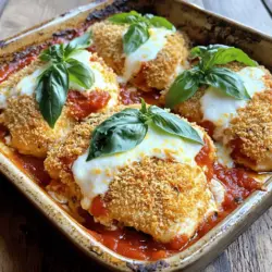 Um das einfache Parmesan-Hühnchen zuzubereiten, benötigen Sie folgende Zutaten: - 4 Hähnchenbrustfilets (ohne Haut und Knochen) - 1 Tasse geriebener Parmesan-Käse - 1 Tasse Semmelbrösel (am besten Vollkorn) - 2 Teelöffel italienische Gewürzmischung - 2 Knoblauchzehen, fein gehackt - 1 Teelöffel Salz - 1/2 Teelöffel schwarzer Pfeffer - 1/4 Tasse Olivenöl - 1 Tasse Marinara-Sauce - 1 Tasse geriebener Mozzarella-Käse - Frische Basilikumblätter zum Garnieren Der Parmesan-Käse bringt viel Geschmack. Wählen Sie einen hochwertigen Käse. Vollkorn-Semmelbrösel geben der Panade mehr Biss. Die italienische Gewürzmischung sorgt für den richtigen Kick. Knoblauch verleiht dem Gericht eine aromatische Tiefe. Für glutenfreie Optionen können Sie glutenfreie Semmelbrösel verwenden. Wenn Sie laktoseintolerant sind, gibt es laktosefreien Parmesan. Ersetzen Sie Mozzarella durch eine pflanzliche Alternative. Achten Sie darauf, die Marinara-Sauce zu prüfen. Einige Marken enthalten Gluten oder Milchprodukte. Zuerst müssen Sie die Hähnchenbrustfilets vorbereiten. Beginnen Sie damit, die Filets abzuspülen und trocken zu tupfen. So bleibt das Hähnchen saftig. Schneiden Sie größere Stücke in kleinere, gleichmäßige Portionen. Dadurch garen sie schneller und gleichmäßiger. Wählen Sie frische Filets für den besten Geschmack. Jetzt kommt der spaßige Teil: das Panieren! Nehmen Sie eine flache Schüssel. Geben Sie die Semmelbrösel, den Parmesan, die italienische Gewürzmischung, den Knoblauch, das Salz und den Pfeffer hinein. Mischen Sie alles gut. In einer anderen Schüssel gießen Sie das Olivenöl. Tauchen Sie jedes Hähnchenstück zuerst ins Öl. Dann wenden Sie es in der Paniermischung. Drücken Sie leicht, damit die Mischung gut haftet. Heizen Sie Ihren Ofen auf 200°C vor. Legen Sie die panierten Hähnchenstücke in eine gefettete Auflaufform. Backen Sie die Filets 20 bis 25 Minuten. Achten Sie darauf, dass sie durchgegart sind und die Kruste goldbraun aussieht. Nehmen Sie die Form aus dem Ofen und geben Sie etwas Marinara-Sauce auf jedes Stück. Streuen Sie den Mozzarella gleichmäßig darüber. Backen Sie das Ganze weitere 5 bis 7 Minuten. Der Käse sollte geschmolzen und sprudelnd sein. Garnieren Sie mit frischem Basilikum. Für das vollständige Rezept, schauen Sie sich die [Full Recipe] an. Um das Parmesan-Hühnchen schnell zuzubereiten, plane gut. Bereite alle Zutaten zuerst vor. Lege die Hähnchenbrustfilets auf ein Schneidebrett. Halte die Gewürze in Reichweite. Wenn du alles bereit hast, sparst du Zeit. Backofen sollte gleich zu Beginn vorheizen. So ist das Hähnchen schneller fertig. Die Kruste ist wichtig für den Geschmack. Verwende frischen Parmesan für den besten Geschmack. Achte darauf, das Hähnchen gut in die Panade zu drücken. So bleibt die Kruste beim Backen knusprig. Ein Spritzer Olivenöl hilft, die Kruste goldbraun zu machen. Überwache das Hähnchen während des Backens. Es soll nicht verbrennen, sondern perfekt garen. Zu deinem Parmesan-Hühnchen passen viele Beilagen. Probiere einen frischen grünen Salat. Auch Pasta in einer leichten Sauce schmeckt gut dazu. Gemüse wie Brokkoli oder grüne Bohnen sind gesund und lecker. Reis oder Quinoa sind ebenfalls gute Optionen. Diese Beilagen ergänzen den Geschmack des Hähnchens perfekt. Das macht dein Essen noch bunter und nahrhafter. {{image_4}} Für eine mediterrane Note können Sie einige Zutaten ändern. Fügen Sie gehackte Oliven und getrocknete Tomaten hinzu. Diese Zutaten bringen mehr Geschmack. Auch frischer Oregano passt hier gut. Er gibt dem Gericht eine frische und würzige Note. Ein Spritzer Zitronensaft vor dem Servieren macht das Gericht lebendig. Probieren Sie es aus, es wird köstlich sein! Gemüse ist eine tolle Ergänzung zu Parmesan-Hühnchen. Sie können Zucchini, Paprika oder Spinat verwenden. Einfach das Gemüse in die Auflaufform legen, bevor Sie das Hühnchen darauf legen. Das Gemüse gart gleichzeitig und nimmt die Aromen auf. So haben Sie eine komplette Mahlzeit in einem Gericht. Es ist gesund und sieht toll aus! Wenn Sie glutenfrei essen müssen, gibt es einfache Lösungen. Ersetzen Sie die Semmelbrösel durch glutenfreie Brösel oder gemahlene Mandeln. Auch Quinoaflocken sind eine gute Wahl. So bleibt die Kruste knusprig und lecker. Achten Sie darauf, glutenfreie Marinara-Sauce zu wählen. So bleibt Ihr Gericht ganz ohne Gluten. Genießen Sie es ohne Sorgen! Für das vollständige Rezept schauen Sie bitte hier: [Full Recipe]. Um dein Parmesan-Hühnchen frisch zu halten, lege es in einen luftdichten Behälter. Stelle sicher, dass die Hähnchenstücke gut abgekühlt sind, bevor du sie lagerst. Du kannst die Reste im Kühlschrank bis zu drei Tage aufbewahren. Zum Wiederaufwärmen lege die Hähnchenstücke auf ein Backblech und erhitze sie bei 180°C. So bleibt die Kruste knusprig und das Hähnchen saftig. Wenn du mehr Portionen zubereitest, kannst du die Reste einfrieren. Wickel das Hähnchen in Frischhaltefolie und lege es in einen Gefrierbeutel. So bleibt es bis zu drei Monate frisch. Zum Auftauen lege das Hähnchen über Nacht in den Kühlschrank. Erhitze es danach wie beschrieben. Mit den Resten kannst du kreative Gerichte zaubern. Mache ein herzhaftes Sandwich mit dem Parmesan-Hühnchen. Füge frisches Gemüse und etwas Sauce hinzu. Du kannst auch einen Salat damit aufpeppen. Schneide das Hähnchen in Stücke und mische es mit Blattgemüse. So hast du ein schnelles und leckeres Abendessen. Die Zubereitung des Parmesan-Hühnchens dauert etwa 15 Minuten. Danach braucht das Hähnchen 20 bis 25 Minuten im Ofen. Insgesamt benötigen Sie also etwa 40 Minuten von Anfang bis Ende. Diese Zeitverteilung macht das Gericht perfekt für einen schnellen Abendessen. Ja, Sie können das Gericht im Voraus zubereiten. Bereiten Sie die Hähnchenbrustfilets mit der Panade und der Marinara-Sauce vor. Lagern Sie sie im Kühlschrank für bis zu 24 Stunden. Wenn Sie bereit sind zu essen, backen Sie das Hähnchen einfach im Ofen. So sparen Sie Zeit! Zu diesem Parmesan-Hühnchen passen viele Beilagen. Hier sind einige meiner Favoriten: - Pasta: Ein einfacher Spaghetti-Teller passt gut. - Salat: Ein frischer grüner Salat bringt Farbe und Knusprigkeit. - Gemüse: Gebratenes Gemüse wie Zucchini oder Brokkoli ist lecker und gesund. - Reis: Ein Beilagenreis rundet das Gericht ab. Für das volle Geschmackserlebnis, probieren Sie diese Beilagen mit dem Parmesan-Hühnchen! Wir haben die wichtigsten Zutaten für Parmesan-Hühnchen besprochen. Dazu gehören spezielle Tipps und Alternativen für Allergiker. Die Schritt-für-Schritt-Anleitung macht die Zubereitung einfach. Wir haben auch nützliche Tipps für die Küche und Variationen behandelt. Zum Schluss habe ich Aufbewahrungstipps geteilt, damit du Reste gut nutzen kannst. Experimentiere mit den Ideen und finde deine Favoriten. So wird dein Parmesan-Hühnchen zum Hit auf dem Tisch!