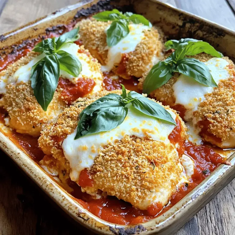Um das einfache Parmesan-Hühnchen zuzubereiten, benötigen Sie folgende Zutaten: - 4 Hähnchenbrustfilets (ohne Haut und Knochen) - 1 Tasse geriebener Parmesan-Käse - 1 Tasse Semmelbrösel (am besten Vollkorn) - 2 Teelöffel italienische Gewürzmischung - 2 Knoblauchzehen, fein gehackt - 1 Teelöffel Salz - 1/2 Teelöffel schwarzer Pfeffer - 1/4 Tasse Olivenöl - 1 Tasse Marinara-Sauce - 1 Tasse geriebener Mozzarella-Käse - Frische Basilikumblätter zum Garnieren Der Parmesan-Käse bringt viel Geschmack. Wählen Sie einen hochwertigen Käse. Vollkorn-Semmelbrösel geben der Panade mehr Biss. Die italienische Gewürzmischung sorgt für den richtigen Kick. Knoblauch verleiht dem Gericht eine aromatische Tiefe. Für glutenfreie Optionen können Sie glutenfreie Semmelbrösel verwenden. Wenn Sie laktoseintolerant sind, gibt es laktosefreien Parmesan. Ersetzen Sie Mozzarella durch eine pflanzliche Alternative. Achten Sie darauf, die Marinara-Sauce zu prüfen. Einige Marken enthalten Gluten oder Milchprodukte. Zuerst müssen Sie die Hähnchenbrustfilets vorbereiten. Beginnen Sie damit, die Filets abzuspülen und trocken zu tupfen. So bleibt das Hähnchen saftig. Schneiden Sie größere Stücke in kleinere, gleichmäßige Portionen. Dadurch garen sie schneller und gleichmäßiger. Wählen Sie frische Filets für den besten Geschmack. Jetzt kommt der spaßige Teil: das Panieren! Nehmen Sie eine flache Schüssel. Geben Sie die Semmelbrösel, den Parmesan, die italienische Gewürzmischung, den Knoblauch, das Salz und den Pfeffer hinein. Mischen Sie alles gut. In einer anderen Schüssel gießen Sie das Olivenöl. Tauchen Sie jedes Hähnchenstück zuerst ins Öl. Dann wenden Sie es in der Paniermischung. Drücken Sie leicht, damit die Mischung gut haftet. Heizen Sie Ihren Ofen auf 200°C vor. Legen Sie die panierten Hähnchenstücke in eine gefettete Auflaufform. Backen Sie die Filets 20 bis 25 Minuten. Achten Sie darauf, dass sie durchgegart sind und die Kruste goldbraun aussieht. Nehmen Sie die Form aus dem Ofen und geben Sie etwas Marinara-Sauce auf jedes Stück. Streuen Sie den Mozzarella gleichmäßig darüber. Backen Sie das Ganze weitere 5 bis 7 Minuten. Der Käse sollte geschmolzen und sprudelnd sein. Garnieren Sie mit frischem Basilikum. Für das vollständige Rezept, schauen Sie sich die [Full Recipe] an. Um das Parmesan-Hühnchen schnell zuzubereiten, plane gut. Bereite alle Zutaten zuerst vor. Lege die Hähnchenbrustfilets auf ein Schneidebrett. Halte die Gewürze in Reichweite. Wenn du alles bereit hast, sparst du Zeit. Backofen sollte gleich zu Beginn vorheizen. So ist das Hähnchen schneller fertig. Die Kruste ist wichtig für den Geschmack. Verwende frischen Parmesan für den besten Geschmack. Achte darauf, das Hähnchen gut in die Panade zu drücken. So bleibt die Kruste beim Backen knusprig. Ein Spritzer Olivenöl hilft, die Kruste goldbraun zu machen. Überwache das Hähnchen während des Backens. Es soll nicht verbrennen, sondern perfekt garen. Zu deinem Parmesan-Hühnchen passen viele Beilagen. Probiere einen frischen grünen Salat. Auch Pasta in einer leichten Sauce schmeckt gut dazu. Gemüse wie Brokkoli oder grüne Bohnen sind gesund und lecker. Reis oder Quinoa sind ebenfalls gute Optionen. Diese Beilagen ergänzen den Geschmack des Hähnchens perfekt. Das macht dein Essen noch bunter und nahrhafter. {{image_4}} Für eine mediterrane Note können Sie einige Zutaten ändern. Fügen Sie gehackte Oliven und getrocknete Tomaten hinzu. Diese Zutaten bringen mehr Geschmack. Auch frischer Oregano passt hier gut. Er gibt dem Gericht eine frische und würzige Note. Ein Spritzer Zitronensaft vor dem Servieren macht das Gericht lebendig. Probieren Sie es aus, es wird köstlich sein! Gemüse ist eine tolle Ergänzung zu Parmesan-Hühnchen. Sie können Zucchini, Paprika oder Spinat verwenden. Einfach das Gemüse in die Auflaufform legen, bevor Sie das Hühnchen darauf legen. Das Gemüse gart gleichzeitig und nimmt die Aromen auf. So haben Sie eine komplette Mahlzeit in einem Gericht. Es ist gesund und sieht toll aus! Wenn Sie glutenfrei essen müssen, gibt es einfache Lösungen. Ersetzen Sie die Semmelbrösel durch glutenfreie Brösel oder gemahlene Mandeln. Auch Quinoaflocken sind eine gute Wahl. So bleibt die Kruste knusprig und lecker. Achten Sie darauf, glutenfreie Marinara-Sauce zu wählen. So bleibt Ihr Gericht ganz ohne Gluten. Genießen Sie es ohne Sorgen! Für das vollständige Rezept schauen Sie bitte hier: [Full Recipe]. Um dein Parmesan-Hühnchen frisch zu halten, lege es in einen luftdichten Behälter. Stelle sicher, dass die Hähnchenstücke gut abgekühlt sind, bevor du sie lagerst. Du kannst die Reste im Kühlschrank bis zu drei Tage aufbewahren. Zum Wiederaufwärmen lege die Hähnchenstücke auf ein Backblech und erhitze sie bei 180°C. So bleibt die Kruste knusprig und das Hähnchen saftig. Wenn du mehr Portionen zubereitest, kannst du die Reste einfrieren. Wickel das Hähnchen in Frischhaltefolie und lege es in einen Gefrierbeutel. So bleibt es bis zu drei Monate frisch. Zum Auftauen lege das Hähnchen über Nacht in den Kühlschrank. Erhitze es danach wie beschrieben. Mit den Resten kannst du kreative Gerichte zaubern. Mache ein herzhaftes Sandwich mit dem Parmesan-Hühnchen. Füge frisches Gemüse und etwas Sauce hinzu. Du kannst auch einen Salat damit aufpeppen. Schneide das Hähnchen in Stücke und mische es mit Blattgemüse. So hast du ein schnelles und leckeres Abendessen. Die Zubereitung des Parmesan-Hühnchens dauert etwa 15 Minuten. Danach braucht das Hähnchen 20 bis 25 Minuten im Ofen. Insgesamt benötigen Sie also etwa 40 Minuten von Anfang bis Ende. Diese Zeitverteilung macht das Gericht perfekt für einen schnellen Abendessen. Ja, Sie können das Gericht im Voraus zubereiten. Bereiten Sie die Hähnchenbrustfilets mit der Panade und der Marinara-Sauce vor. Lagern Sie sie im Kühlschrank für bis zu 24 Stunden. Wenn Sie bereit sind zu essen, backen Sie das Hähnchen einfach im Ofen. So sparen Sie Zeit! Zu diesem Parmesan-Hühnchen passen viele Beilagen. Hier sind einige meiner Favoriten: - Pasta: Ein einfacher Spaghetti-Teller passt gut. - Salat: Ein frischer grüner Salat bringt Farbe und Knusprigkeit. - Gemüse: Gebratenes Gemüse wie Zucchini oder Brokkoli ist lecker und gesund. - Reis: Ein Beilagenreis rundet das Gericht ab. Für das volle Geschmackserlebnis, probieren Sie diese Beilagen mit dem Parmesan-Hühnchen! Wir haben die wichtigsten Zutaten für Parmesan-Hühnchen besprochen. Dazu gehören spezielle Tipps und Alternativen für Allergiker. Die Schritt-für-Schritt-Anleitung macht die Zubereitung einfach. Wir haben auch nützliche Tipps für die Küche und Variationen behandelt. Zum Schluss habe ich Aufbewahrungstipps geteilt, damit du Reste gut nutzen kannst. Experimentiere mit den Ideen und finde deine Favoriten. So wird dein Parmesan-Hühnchen zum Hit auf dem Tisch!