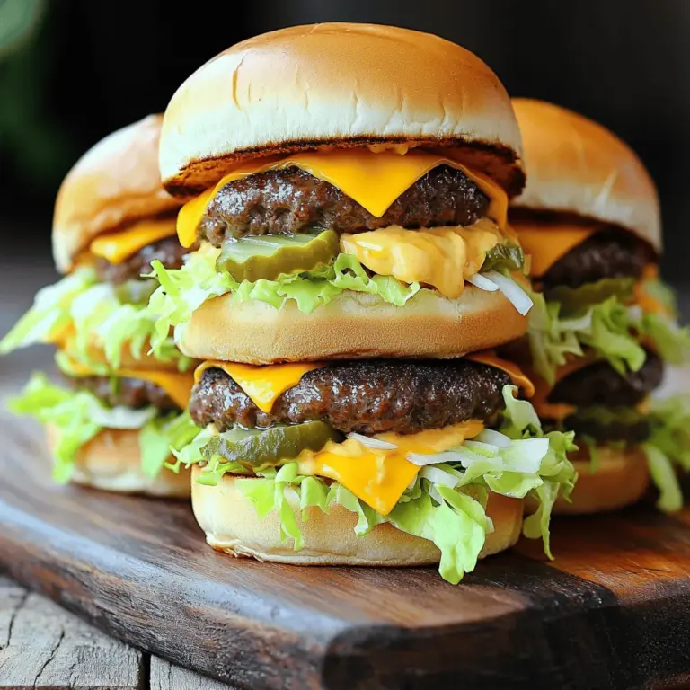Für die Mini Big Mac Cheeseburgers brauchen Sie folgende Zutaten: - 450 g Rinderhackfleisch - 1/2 Teelöffel Knoblauchpulver - 1/2 Teelöffel Zwiebelpulver - 1/2 Teelöffel Salz - 1/4 Teelöffel schwarzer Pfeffer - 8 kleine Slider-Brötchen - 4 Scheiben Cheddar-Käse, in Viertel geschnitten - 120 g Eisbergsalat, gerieben - 120 g Gewürzgurken, in Scheiben geschnitten - 60 g Zwiebeln, fein gehackt Die Gewürze sind wichtig für den Geschmack. Knoblauchpulver und Zwiebelpulver geben Tiefe. Salz und Pfeffer bringen die Aromen hervor. Diese Mischung macht das Rinderhackfleisch saftig und lecker. Die kleinen Slider-Brötchen sind der perfekte Träger für die Patties. Sie sind einfach zu essen und machen Spaß! Die Big Mac-ähnliche Sauce ist ein Highlight der Mini Big Mac Cheeseburgers. Sie ist einfach zu machen. Mischen Sie: - 60 g Mayonnaise - 15 g Ketchup - 15 g süßen Relish - einen Hauch Senf Diese Kombination ergibt einen cremigen und würzigen Dip. Sie können die Sauce auch nach Ihrem Geschmack anpassen. Mehr Ketchup macht sie süßer, mehr Senf gibt einen Kick. Diese Sauce passt perfekt zu den Cheeseburgers. Sie können sie auch als Dip für Pommes verwenden. Zuerst nimmst du das Rinderhackfleisch. In einer großen Schüssel vermengst du es mit Knoblauchpulver, Zwiebelpulver, Salz und schwarzem Pfeffer. Rühre gut um, damit die Gewürze gleichmäßig verteilt sind. Dies gibt den Patties viel Geschmack. Du kannst auch andere Gewürze nach deinem Geschmack hinzufügen. Teile das gewürzte Fleisch in acht gleich große Portionen. Forme aus jeder Portion kleine Patties. Drücke in die Mitte jedes Patties eine leichte Vertiefung. Das hilft, dass die Patties beim Braten flach bleiben und nicht aufwölben. Achte darauf, dass die Patties nicht zu dick sind, damit sie gut durchgaren. Jetzt erhitzt du eine große Pfanne oder Grillplatte auf mittelhohe Hitze. Lege die Patties vorsichtig in die Pfanne und brate sie 3 bis 4 Minuten auf jeder Seite. Wenn sie deinen gewünschten Gargrad erreicht haben, legst du ein Viertel einer Käsescheibe auf jedes Patty. Lass den Käse in der letzten Minute schmelzen. Während der Käse schmilzt, kannst du die Slider-Brötchen in der Pfanne toasten. Das gibt ihnen einen schönen, goldbraunen Farbton. Wenn du das Ganze nach dem [Full Recipe] machst, wirst du bald leckere Mini Big Mac Cheeseburgers genießen! Für die perfekten Mini Big Mac Cheeseburgers empfehle ich eine mittelhohe Hitze. So braten die Patties gleichmäßig und werden schön saftig. Braten Sie die Patties 3 bis 4 Minuten pro Seite. Achten Sie darauf, dass die Innentemperatur 70 Grad Celsius erreicht. So sind sie sicher und lecker. Die Wahl der Brötchen ist wichtig. Ich bevorzuge kleine, weiche Slider-Brötchen. Sie passen gut zu den Mini-Burgers und sind einfach zu essen. Toasten Sie die Brötchen leicht in der Pfanne. So bekommen sie eine goldene Farbe und einen tollen Geschmack. Um Ihre Mini Big Mac Cheeseburgers schick zu präsentieren, verwenden Sie ein Holzbrett. Legen Sie die Slider darauf und fügen Sie frische Kräuter hinzu. Eine kleine Schüssel mit zusätzlicher Big Mac-Sauce macht es noch schöner. So sieht Ihr Gericht nicht nur gut aus, sondern schmeckt auch besser! {{image_4}} Wenn du die Mini Big Mac Cheeseburgers vegetarisch zubereiten möchtest, gibt es viele Optionen. Du kannst zum Beispiel vegetarisches Hackfleisch verwenden. Alternativ, versuche Linsen oder schwarze Bohnen. Diese Zutaten bieten tollen Geschmack und sind gesund. Du kannst auch Kichererbsen pürieren und mit Gewürzen mischen, um Patties zu formen. Achte darauf, die Patties gut zu würzen, damit sie köstlich schmecken. Die Gewürze machen den Unterschied. Du kannst die Basisgewürze variieren, um neue Aromen zu entdecken. Füge zum Beispiel Paprika für etwas Süße hinzu. Oder probiere etwas Cayennepfeffer, wenn du es schärfer magst. Frische Kräuter wie Petersilie oder Schnittlauch bringen frischen Geschmack. Denke daran, die Gewürze gut zu mischen, damit jeder Biss vollmundig ist. Die Big Mac-ähnliche Sauce ist lecker, aber du kannst sie anpassen. Füge etwas Joghurt hinzu, um die Sauce cremiger zu machen. Du kannst auch mehr Ketchup für Süße oder mehr Senf für Schärfe verwenden. Für eine fruchtige Note mische etwas Mango-Chutney hinein. Experimentiere mit den Zutaten, um die perfekte Sauce für deinen Geschmack zu finden. Wenn du mehr Ideen brauchst, schau dir das Full Recipe an. Um die Mini Big Mac Cheeseburgers frisch zu halten, lege sie in einen luftdichten Behälter. Du kannst die Patties auch getrennt von den Brötchen lagern. Halte sie im Kühlschrank, wo sie bis zu drei Tage gut bleiben. Es ist wichtig, die Sauce separat zu halten, damit die Brötchen nicht durchweichen. Wenn du Reste aufwärmen möchtest, benutze den Ofen oder eine Pfanne. Heize den Ofen auf 175 °C vor und lege die Cheeseburgers auf ein Blech. Erwärme sie etwa 10 Minuten, bis sie heiß sind. In der Pfanne kannst du sie bei mittlerer Hitze 3-4 Minuten auf jeder Seite aufwärmen. So bleiben sie knusprig und lecker. Du kannst die Patties auch einfrieren. Lege sie in einen Gefrierbeutel und drücke die Luft heraus. So bleiben sie bis zu drei Monate frisch. Wenn du sie verwenden möchtest, lasse sie im Kühlschrank über Nacht auftauen. Dann brate sie wie gewohnt. Das macht es einfach, schnell eine leckere Mahlzeit zu zaubern. Für das vollständige Rezept für die Mini Big Mac Cheeseburgers, schau dir das [Full Recipe] an! Die Mini Big Mac Cheeseburgers sind im Kühlschrank etwa 3 Tage haltbar. Verpacken Sie sie gut in Folie oder einem luftdichten Behälter. So bleiben sie frisch und lecker. Wenn Sie sie länger aufbewahren möchten, frieren Sie die Patties ein. Sie können die Patties bis zu 3 Monate im Gefrierfach lagern. Achten Sie darauf, sie gut zu verpacken, um Gefrierbrand zu vermeiden. Ja, Sie können die Mini Big Mac Cheeseburgers im Voraus zubereiten. Bereiten Sie die Patties vor und formen Sie sie. Lagern Sie sie im Kühlschrank, bis Sie bereit sind, sie zu braten. Sie können die Patties auch einfrieren. Lassen Sie sie vor dem Braten im Kühlschrank auftauen. Das spart Zeit, wenn Sie Gäste haben oder einen schnellen Snack möchten. Zu den Mini Big Mac Cheeseburgers passen viele Beilagen gut. Hier sind einige Ideen: - Pommes Frites: Knusprige Pommes sind immer ein Hit. - Salat: Ein frischer grüner Salat bringt Farbe auf den Tisch. - Nachos: Mit Käse und Salsa sind sie ein toller Snack. - Gemüse-Sticks: Karotten oder Sellerie mit Dip sind gesund und lecker. - Pickles: Diese passen perfekt zu den Cheeseburgers. Für mehr Details, schauen Sie sich das [Full Recipe] an. Zusammenfassend haben wir die wichtigsten Zutaten und die Zubereitung für Mini Big Mac Cheeseburgers behandelt. Sie wissen jetzt, wie Sie die perfekten Patties formen und die Big Mac-Sauce zubereiten. Tipps zur Garzeit und Brötchenauswahl helfen Ihnen, den besten Geschmack zu erzielen. Auch Variationen, wie vegetarische Alternativen, sind möglich. Die richtigen Lagerungs- und Aufwärmhinweise schützen Ihre Mini-Burgers. Vergessen Sie nicht, die Alleskönner mit Ihren Lieblingsbeilagen zu kombinieren. Machen Sie sich bereit, Ihre Gäste zu beeindrucken!