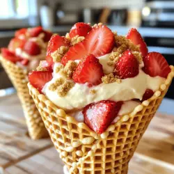 - 1 Tasse Graham-Cracker-Brösel - 225 g Frischkäse, weich - 1 Tasse Schlagsahne - 1 Tasse frische Erdbeeren, gewürfelt - 1/4 Tasse ungesalzene Butter, geschmolzen - Portionen: 4 Hörnchen - Nährwertangaben pro Portion: - Kalorien: 250 - Fett: 15 g - Kohlenhydrate: 25 g - Eiweiß: 3 g Erdbeer-Crunch-Cheesecake-Waffeln sind eine süße Versuchung. Die Hauptzutaten sind einfach zu finden. Graham-Cracker-Brösel bilden die Basis. Sie geben der Kruste einen tollen Crunch. Frischkäse macht die Füllung cremig und lecker. Die Schlagsahne fügt eine luftige Textur hinzu. Zusätzlich brauchst du frische Erdbeeren. Ihre Süße ergänzt den Käsekuchen perfekt. Ungesalzene Butter hilft, die Kruste zusammenzuhalten. Das Rezept ergibt vier Hörnchen. Jedes Hörnchen hat etwa 250 Kalorien. Es ist eine gute Balance aus Fett und Kohlenhydraten. Dieses Rezept ist leicht und macht Freude. Du kannst die Zutaten auch anpassen. Zum Beispiel, wenn du andere Früchte magst. Für das vollständige Rezept schau dir [Full Recipe] an. - Zuerst mischen Sie die Graham-Cracker-Brösel, die geschmolzene Butter und den Zucker in einer Schüssel. - Rühren Sie gut um, bis die Mischung gleichmäßig aussieht. - Verteilen Sie die Krümelmischung in einer kleinen Auflaufform oder auf einem Blech mit Backpapier. - Lassen Sie die Mischung mindestens 15 Minuten im Kühlschrank fest werden. - Nehmen Sie eine separate Schüssel und schlagen Sie den Frischkäse mit einem Handmixer cremig. - Fügen Sie nach und nach den Puderzucker und den Vanilleextrakt hinzu. - Rühren Sie weiter, bis alles gut vermischt ist. - In einer anderen Schüssel schlagen Sie die Schlagsahne, bis steife Spitzen entstehen. - Heben Sie die Schlagsahne vorsichtig unter die Frischkäsemasse. - Brechen Sie die gekühlte Graham-Cracker-Kruste in grobe Stücke. - Füllen Sie jedes Waffelhörnchen abwechselnd mit Cheesecake-Füllung, gewürfelten Erdbeeren und Krümeln. - Füllen Sie die Hörnchen bis zum Rand. - Garnieren Sie jedes Hörnchen mit den restlichen gewürfelten Erdbeeren und etwas Graham-Cracker-Bröseln. - Servieren Sie sofort oder kühlen Sie sie bis zu einer Stunde für eine festere Konsistenz. Für das vollständige Rezept können Sie die [Full Recipe] nachlesen. Um die perfekte Konsistenz für deine Erdbeer-Crunch-Cheesecake-Waffeln zu erzielen, beginne mit kalten Zutaten. Kalte Sahne und Frischkäse schlagen besser. Sie halten ihre Form und geben eine luftige Füllung. Das richtige Aufschlagen der Sahne ist ebenfalls wichtig. Schlage die Sahne in einer kalten Schüssel, bis sie steife Spitzen bildet. So bleibt die Füllung schön stabil. Du kannst den Geschmack deiner Waffeln leicht verbessern, indem du zusätzliche Aromen hinzufügst. Ein Spritzer Zitronensaft bringt Frische. Auch etwas Mandel- oder Kokosnuss-Extrakt kann gut passen. Alternativen zur Garnitur machen deine Waffeln noch interessanter. Probiere Schokoladensplitter oder gehackte Nüsse. Diese geben einen tollen Crunch und zusätzliche Aromen. Die Anordnung ist entscheidend für schöne Fotos. Stelle die Waffelhörnchen in einer Reihe auf ein hübsches Tablett. So sehen sie einladend aus. Bei der Dekoration kannst du kreativ sein. Frische Erdbeeren und Minzblätter geben Farbe und Frische. Ein leichter Staub aus Puderzucker sieht ebenfalls toll aus. So machst du deine Waffeln zum Hingucker! {{image_4}} Sie können mit verschiedenen Früchten experimentieren. Statt Erdbeeren eignen sich Himbeeren, Pfirsiche oder Kiwi. Diese Früchte bringen frische Farben und neue Aromen. Eine weitere Option ist die Zugabe von Fruchtpüree. Ein Püree aus Mango oder Passionsfrucht kann den Waffeln einen tropischen Touch geben. Für eine schokoladige Note können Sie Kakaopulver in die Cheesecake-Masse mischen. Alternativ probieren Sie eine Karamellversion. Dazu fügen Sie Karamellsauce in die Füllung ein. Ein Hauch von frischen Kräutern wie Minze oder Basilikum kann eine interessante Wendung geben. Diese Kräuter passen gut zu vielen Früchten und machen die Waffeln einzigartig. Für eine glutenfreie Version nutzen Sie glutenfreie Graham-Cracker. Diese sind in vielen Supermärkten erhältlich und schmecken großartig. Sie müssen auch die Rezeptur leicht anpassen. Achten Sie darauf, dass alle Zutaten glutenfrei sind. So können auch Menschen mit Glutenunverträglichkeit diese Waffeln genießen. Um die Erdbeer-Crunch-Cheesecake-Waffeln frisch zu halten, kühle sie im Kühlschrank. Stelle sicher, dass sie in einem luftdichten Behälter sind. So vermeidest du, dass sie Gerüche oder Feuchtigkeit aufnehmen. Die maximale Lagerdauer beträgt drei Tage. Nach dieser Zeit verlieren die Waffeln ihre knusprige Textur und den frischen Geschmack. Wenn du die Waffeln länger aufbewahren möchtest, kannst du sie einfrieren. Wickel jedes Waffelhörnchen in Frischhaltefolie und lege sie in einen Gefrierbeutel. So bleiben sie bis zu zwei Monate frisch. Zum Auftauen lege die Waffeln einfach über Nacht in den Kühlschrank. Alternativ kannst du sie für 10 Minuten bei Raumtemperatur stehen lassen. Um matschige Waffeln zu vermeiden, achte darauf, die Füllung nicht zu früh hinzuzufügen. Fülle die Waffeln erst kurz vor dem Servieren. Wenn du Waffeln im Voraus machst, lagere die Füllung separat. So bleibt die Waffel knusprig und lecker. Erdbeer-Crunch-Cheesecake-Waffeln bleiben im Kühlschrank bis zu drei Tage frisch. Lagern Sie sie in einem luftdichten Behälter. Im Gefrierschrank halten sie bis zu einem Monat. Achten Sie darauf, sie gut einzupacken, um Gefrierbrand zu vermeiden. Ja, Sie können die Waffeln im Voraus machen. Bereiten Sie die Cheesecake-Füllung und die Kruste einen Tag vorher zu. Lagern Sie die Kruste gekühlt. Füllen Sie die Waffeln kurz vor dem Servieren. So bleiben sie knusprig und frisch. Definitiv! Tauschen Sie Erdbeeren gegen andere Früchte aus. Himbeeren, Blaubeeren oder Pfirsiche passen gut. Für einen fruchtigen Kick können Sie auch püriertes Obst in die Füllung mischen. Experimentieren Sie mit saisonalen Früchten für neue Geschmäcker. Sie finden vorgefertigte Waffelhörnchen in den meisten Supermärkten. Suchen Sie in den Back- oder Süßwarenabteilungen. Online-Shops wie Amazon oder spezielle Backgeschäfte bieten auch eine große Auswahl. Achten Sie auf die Qualität, um die besten Waffeln zu wählen. Diese Anleitung hilft dir, leckere Erdbeer-Crunch-Cheesecake-Waffeln zu machen. Du hast die Hauptzutaten und die Umsetzung gelernt. Mit Tipps zur perfekten Konsistenz und verschiedenen Varianten macht das Nachmachen Spaß. Denke daran, die Waffeln richtig zu lagern, damit sie frisch bleiben. Am Ende sind diese Waffeln eine tolle Ergänzung für jede Feier oder einfach für dich. Probiere es aus und genieße den süßen Genuss!