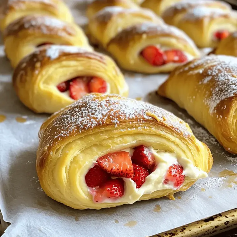 Um die süßen Erdbeer-Cheesecake-Rollen zu machen, brauchen Sie folgende Zutaten: - 1 Packung Croissant-Teig - 225 g Frischkäse, weich - 50 g Zucker - 1 Teelöffel Vanilleextrakt - 250 g frische Erdbeeren, gehackt - 30 g Puderzucker (zum Bestäuben) - 2 Esslöffel geschmolzene Butter Diese Zutaten sind einfach zu finden. Der Croissant-Teig gibt den Rollen eine tolle Textur. Frischkäse sorgt für einen cremigen Geschmack. Die Erdbeeren bringen Frische und Süße. Für die Zubereitung der Rollen benötigen Sie einige einfache Utensilien: - Backblech - Backpapier - Große Schüssel - Rührgerät oder Schneebesen - Teigrolle - Messer Diese Utensilien helfen Ihnen, die Rollen schnell und einfach zuzubereiten. Ein Backblech mit Backpapier verhindert das Ankleben und macht das Reinigen leicht. Ich empfehle, frische und hochwertige Zutaten zu verwenden. Wählen Sie reife Erdbeeren. Sie sollten süß und saftig sein. Der Frischkäse sollte frisch und weich sein, um die beste Konsistenz zu erreichen. Verwenden Sie echten Vanilleextrakt für den besten Geschmack. Diese kleinen Entscheidungen machen einen großen Unterschied in Ihrem Endprodukt. Für das vollständige Rezept, klicken Sie [hier](Full Recipe). Zuerst heizt du den Ofen auf 190°C vor. Nimm ein Backblech und lege es mit Backpapier aus. Rolle dann den Croissant-Teig auf einer leicht bemehlten Fläche aus. Drücke die Nähte gut zusammen, so entsteht ein Rechteck. Achte darauf, dass der Teig gleichmäßig dünn ist. Diese Grundlage ist wichtig für deine Rolls. In einer großen Schüssel mischst du den weichen Frischkäse, Zucker und Vanilleextrakt. Rühre die Mischung, bis sie schön glatt und cremig ist. Das ist der köstliche Teil! Diese Füllung macht deine Rolls besonders lecker. Wenn du magst, kannst du auch etwas Zitronensaft hinzufügen, um den Geschmack zu heben. Verteile die Frischkäsemischung gleichmäßig über den Croissant-Teig. Lass an den Kanten einen kleinen Rand frei. Jetzt kommen die gehackten Erdbeeren. Streue sie gleichmäßig über die Füllung. Beginne an einer Kante und rolle den Teig vorsichtig ein. Schneide die Rolle in etwa 2,5 cm dicke Scheiben. Lege sie mit der Schnittseite nach oben auf das Backblech. Bestreiche die Oberseiten mit geschmolzener Butter. Backe die Rolls für 15 bis 20 Minuten, bis sie goldbraun sind. Lass sie kurz abkühlen und bestäube sie dann mit Puderzucker. Diese Schritte sind der Schlüssel zu deiner perfekten Süßen Erdbeer-Cheesecake-Rollen. Für das gesamte Rezept schaue bitte in die [Full Recipe]. Wenn Ihre Erdbeer-Cheesecake-Rollen nicht gut gelingen, gibt es einige häufige Probleme. Wenn der Teig nicht aufbläht, könnte Ihr Ofen zu kalt sein. Überprüfen Sie die Temperatur mit einem Ofenthermometer. Wenn die Rollen nicht goldbraun werden, backen Sie sie etwas länger. Achten Sie darauf, dass die Rollen gleichmäßig geschnitten sind. Ungleichmäßige Stücke backen unterschiedlich. Die Füllung ist der Schlüssel zu Ihrem Erfolg. Stellen Sie sicher, dass der Frischkäse weich ist, bevor Sie ihn mischen. Das macht die Mischung cremig. Messen Sie die Erdbeeren genau ab und hacken Sie sie klein. Das sorgt für einen gleichmäßigen Geschmack. Probieren Sie, etwas Zitronensaft hinzuzufügen. Das gibt der Füllung einen frischen Kick. Die Präsentation macht viel aus. Servieren Sie die Rolls warm auf einem dekorativen Teller. Fügen Sie frische Erdbeeren und Minzblätter zur Dekoration hinzu. Bestäuben Sie die Rollen großzügig mit Puderzucker. Das sieht nicht nur gut aus, sondern schmeckt auch lecker. Denken Sie daran, die Rolls in einer schönen Form zu schneiden. So wirken sie einladend und appetitlich. Für das vollständige Rezept schauen Sie sich die Anleitung zu den Süßen Erdbeer-Cheesecake-Rollen an. {{image_4}} Wenn du Erdbeeren nicht magst, gibt es viele tolle Alternativen. Du kannst Himbeeren verwenden. Sie haben einen süßen, leicht säuerlichen Geschmack. Auch Blaubeeren sind eine gute Wahl. Sie geben den Rollen eine schöne Farbe und viel Geschmack. Für eine buntere Füllung kannst du auch gemischte Beeren nehmen. Diese Mischung macht die Rollen noch interessanter. Einige Menschen haben Allergien gegen bestimmte Zutaten. Wenn du Laktoseintoleranz hast, verwende laktosefreien Frischkäse. Das Rezept bleibt lecker! Für Glutenempfindliche kannst du glutenfreien Croissant-Teig nutzen. Achte darauf, dass die anderen Zutaten auch glutenfrei sind. So kannst du die Rolls ohne Sorgen genießen! Die Füllung der Rollen ist ganz flexibel. Nutze statt Frischkäse eine Mischung aus Joghurt und Quark. Das gibt einen anderen Geschmack und ist oft leichter. Du kannst auch Nüsse oder Schokolade hinzufügen. Diese Zutaten bringen eine schöne Textur und Vielfalt. Probiere auch Gewürze wie Zimt oder Muskatnuss für einen besonderen Kick. So wird jedes Mal eine neue Überraschung! Um die Süßen Erdbeer-Cheesecake-Rollen frisch zu halten, lege sie in einen luftdichten Behälter. Dies schützt sie vor Luft und Feuchtigkeit. Wenn du keinen Behälter hast, kannst du sie auch in Frischhaltefolie wickeln. Achte darauf, dass die Rollen vollständig abgekühlt sind, bevor du sie lagerst. Im Kühlschrank bleiben die Rollen bis zu drei Tage frisch. Stelle sicher, dass sie gut abgedeckt sind. Für längere Lagerung kannst du die Rollen einfrieren. Im Gefrierfach halten sie bis zu zwei Monate. Um Frostschäden zu vermeiden, packe sie in gefriergeeignetes Material. Wenn du die Rollen aufwärmen möchtest, heize den Ofen auf 175°C vor. Lege die Rollen auf ein Backblech und wärme sie etwa 10 Minuten lang auf. So bleiben sie knusprig und lecker. Du kannst sie auch in der Mikrowelle wärmen, aber sie werden nicht so knusprig. Die Süßen Erdbeer-Cheesecake-Rollen bleiben frisch, wenn Sie sie gut aufbewahren. Sie können die Rollen bis zu drei Tage im Kühlschrank lagern. Achten Sie darauf, sie in einem luftdichten Behälter zu verstauen, damit sie nicht austrocknen. Wenn Sie sie länger aufbewahren möchten, frieren Sie sie ein. Sie bleiben bis zu zwei Monate im Gefrierfach frisch. Lassen Sie sie einfach vor dem Servieren auf Raumtemperatur kommen. Ja, Sie können den Croissant-Teig selbst herstellen! Es ist jedoch etwas aufwendiger. Sie brauchen Mehl, Butter, Wasser, Zucker, Hefe und Salz. Mischen Sie die Zutaten und kneten Sie den Teig, bis er glatt ist. Lassen Sie ihn dann ruhen und dehnen Sie ihn mehrmals mit Butter. Das Ergebnis ist ein leckerer, hausgemachter Teig. Für Anfänger empfehle ich, den fertigen Teig zu verwenden. So sparen Sie Zeit und Aufwand. Zu den Süßen Erdbeer-Cheesecake-Rollen passen viele Beilagen. Eine einfache Option ist Schlagsahne. Frische Erdbeeren auf dem Teller sehen nicht nur gut aus, sie schmecken auch toll. Ein Minzblatt bringt Frische und Farbe. Sie können auch eine fruchtige Soße oder einen Fruchtkompott dazu servieren. Diese Ergänzungen machen das Dessert noch köstlicher und attraktiver. Zusammenfassend haben wir die besten Zutaten und Utensilien für die süßen Erdbeer-Cheesecake-Rollen besprochen. Die Schritt-für-Schritt-Anleitung zeigt, wie man Teig und Füllung zubereitet. Tipps helfen, häufige Fehler zu vermeiden und die Rollen schön zu präsentieren. Auch Variationen und Aufbewahrung wurden behandelt. Denke daran, mit deinen Füllungen zu experimentieren. So machst du jedes Mal neues, leckeres Gebäck. Jetzt liegt es an dir, diese süßen Rollen auszuprobieren und zu genießen!