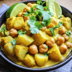- Kichererbsen aus der Dose: Diese Kichererbsen sind leicht zu verwenden. Sie sparen Zeit und sind bereits gekocht. Einfach abspülen und abtropfen lassen. - Kartoffeln: Ich benutze zwei mittelgroße Kartoffeln. Sie geben dem Curry eine gute Textur. Die Kartoffeln müssen geschält und gewürfelt werden. - Zwiebeln und Knoblauch: Eine große Zwiebel und zwei Knoblauchzehen machen das Gericht aromatisch. Hacke die Zwiebel fein und den Knoblauch klein. - Currypulver, Kreuzkümmel, Kurkuma und Garam Masala: Diese Gewürze sind wichtig für den Geschmack. Das Currypulver ist die Basis. Kreuzkümmel bringt ein warmes Aroma. Kurkuma gibt die schöne Farbe. Garam Masala fügt Tiefe hinzu. - Kokosmilch und Pflanzenöl: Eine Dose Kokosmilch macht das Curry cremig. Das Pflanzenöl nutzt du zum Anbraten. Es ist wichtig für die ersten Schritte des Kochens. - Frischer Koriander und Limetten: Frischer Koriander ist der perfekte Abschluss. Er bringt Frische ins Gericht. Limettenviertel dazu machen das Curry spritzig und lecker. Das sind die Zutaten für das Kichererbsen- und Kartoffel-Curry. Für die vollständige Zubereitung kannst du die [Full Recipe] ansehen. Um das Kichererbsen- und Kartoffel-Curry zuzubereiten, brauchst du einige Kochutensilien. Du benötigst einen großen Topf, ein Schneidebrett, ein scharfes Messer und einen Kochlöffel. 1. Erhitze das Pflanzenöl in deinem großen Topf bei mittlerer Hitze. 2. Füge die Kreuzkümmelsamen hinzu. Lass sie etwa 30 Sekunden brutzeln, bis sie duften. 3. Gib die gehackte Zwiebel in den Topf. Dünste sie, bis sie glasig wird, etwa 5 Minuten. 4. Rühre den gehackten Knoblauch und den geriebenen Ingwer unter. Koche alles für weitere 2 Minuten. Jetzt ist es Zeit, die Kartoffeln zu kochen. Füge die gewürfelten Kartoffeln in den Topf. Bestreue sie mit Currypulver, Kurkumapulver und etwas Salz. Rühre gut um, damit die Kartoffeln gleichmäßig gewürzt sind. Lass sie etwa 3-4 Minuten anrösten. 1. Gieße die Kokosmilch in den Topf. 2. Füge auch die abgetropften Kichererbsen hinzu. 3. Bringe die Mischung zum sanften Köcheln. Decke den Topf ab und lasse das Curry 15-20 Minuten kochen. Rühre gelegentlich um, damit nichts anbrennt. Überprüfe, ob die Kartoffeln weich sind. Wenn sie gar sind, bestreue das Curry mit Garam Masala. Rühre vorsichtig um und lasse es bei offenem Deckel weitere 5 Minuten köcheln. Achte darauf, die richtige Konsistenz zu erreichen. Probiere das Curry und passe die Würze nach deinem Geschmack an. Lass das Curry einige Minuten ruhen, bevor du es servierst. Präsentiere das Curry in tiefen Schalen. Garniere es mit frisch gehacktem Koriander. Limettenviertel geben einen spritzigen Akzent. Serviere es mit fluffigem Reis oder warmem Naan. So wird das Essen zu einem echten Genuss! Du findest das vollständige Rezept [hier](#). Um die perfekte Textur und den besten Geschmack zu erreichen, ist die Reihenfolge beim Kochen wichtig. Beginne mit dem Anbraten von Zwiebeln, Knoblauch und Ingwer. Das schafft eine tolle Basis. Achte darauf, die Gewürze wie Currypulver und Kreuzkümmel frisch zu nutzen. Das verstärkt den Geschmack. Du kannst die Gewürze nach deinem eigenen Geschmack anpassen. Magst du es scharf? Füge etwas Chili hinzu. Ein häufiger Fehler ist das Anbrennen der Zutaten. Rühre regelmäßig um, besonders wenn du die Kartoffeln hinzufügst. Wenn die Kartoffeln beim Kochen zu hart sind, verlängere die Kochzeit um einige Minuten. Auch die richtige Kochzeit ist entscheidend. Kartoffeln sind fertig, wenn sie leicht zerfallen, aber nicht matschig sind. Um die Zubereitung zu erleichtern, schneide alle Zutaten vor dem Kochen. So hast du alles griffbereit. Du kannst auch die Kichererbsen und Kartoffeln schon vorher abmessen. Das spart Zeit. Wenn du die Zwiebel und den Knoblauch klein hackst, entfalten sie mehr Aroma. Die Vorbereitungszeit beträgt etwa 15 Minuten, was für ein leckeres Curry schnell geht. Für das vollständige Rezept schau dir das Kichererbsen- und Kartoffel-Curry-Delight an. {{image_4}} Für alle, die vegan oder glutenfrei essen, gibt es tolle Anpassungen. Du kannst die Kokosmilch benutzen, um das Gericht cremig zu machen. Sie ist von Natur aus vegan und glutenfrei. Viele pflanzliche Milchsorten sind auch eine gute Wahl. Du kannst Mandel- oder Hafermilch verwenden, aber achte darauf, dass sie ungesüßt ist. So bleibt der Geschmack des Currys klar und frisch. Um das Curry noch spannender zu machen, kannst du Gemüse hinzufügen. Spinat oder Karotten passen gut dazu. Einfach nach dem Anbraten der Zwiebeln und dem Knoblauch hinzufügen. Du kannst auch Tofu oder zusätzliches Gemüse wie Brokkoli oder Paprika verwenden. Sie geben dem Curry mehr Textur und Nährstoffe. So wird dein Gericht noch gesünder und bunter. Das Curry schmeckt hervorragend mit fluffigem Reis oder warmem Naan. Du kannst auch einen frischen Salat dazu servieren. Das bringt eine schöne Frische ins Essen. Wenn du ein komplettes Menü planst, füge eine leichte Suppe oder ein einfaches Dessert hinzu. So hast du ein tolles, ausgewogenes Essen. Probiere einfach die [Full Recipe], um alle Schritte und Tipps zu sehen! Um dein Kichererbsen und Kartoffel-Curry frisch zu halten, lagere es im Kühlschrank. Verwende einen luftdichten Behälter. So bleibt der Geschmack erhalten. Das Curry hält sich dort etwa 3 bis 4 Tage. Achte darauf, die Reste abkühlen zu lassen, bevor du sie verpackst. Wenn du das Curry erneut aufwärmen möchtest, nutze die Mikrowelle oder einen Topf. In der Mikrowelle erhitzt du es in kurzen Intervallen. Rühre zwischendurch um, damit es gleichmäßig warm wird. Beim Erwärmen im Topf füge einen Spritzer Wasser hinzu. Das hilft, den Geschmack frisch zu halten. Erwärme es bei mittlerer Hitze und rühre regelmäßig. Das Curry kann auch eingefroren werden. Fülle es in einen gefrierfesten Behälter. Lass oben etwas Platz, da sich die Flüssigkeit beim Gefrieren ausdehnt. So bleibt die Textur gut. Das Curry hält sich bis zu 3 Monate im Gefrierschrank. Zum Auftauen stelle den Behälter über Nacht in den Kühlschrank. Dann kannst du es wie gewohnt aufwärmen. Für die vollständige Rezeptanleitung schau dir das Full Recipe an. Die Zubereitung des Kichererbsen- und Kartoffel-Currys dauert insgesamt etwa 40 Minuten. Die Vorbereitungszeit beträgt etwa 15 Minuten. In dieser Zeit schneidest du die Zwiebeln, Kartoffeln und bereitest die anderen Zutaten vor. Die Kochzeit liegt bei etwa 25 Minuten. Während dieser Zeit köchelt das Curry, bis alles schön weich und lecker ist. Ja, du kannst auch andere Bohnen verwenden. Zum Beispiel sind schwarze Bohnen oder kidneybohnen gute Alternativen. Diese Bohnen geben dem Curry einen anderen Geschmack und eine andere Textur. Bedenke, dass die Garzeit variieren kann. Stelle sicher, dass die Bohnen gut gekocht sind, bevor du sie in das Curry gibst. Ja, dieses Curry ist sehr gesund. Kichererbsen sind reich an Eiweiß und Ballaststoffen. Sie helfen dir, dich satt zu fühlen. Kartoffeln sind eine gute Kohlenhydratquelle und geben dir Energie. Kokosmilch enthält gesunde Fette, die gut für dein Herz sind. Das Curry ist also nicht nur lecker, sondern auch nahrhaft. Das Kichererbsen- und Kartoffel-Curry bietet viele Möglichkeiten. Wir haben die Hauptzutaten wie Kichererbsen, Kartoffeln und Gewürze besprochen. Die Schritt-für-Schritt-Anleitung zeigt, wie man es zubereitet. Tipps helfen dir, Textur und Geschmack zu optimieren. Variationen machen das Curry für jeden passend. Schließlich erhältst du auch Tipps zur Aufbewahrung und Erwärmung. Probiere es aus und genieße ein einfaches, schmackhaftes Gericht, das jeder mögen wird.