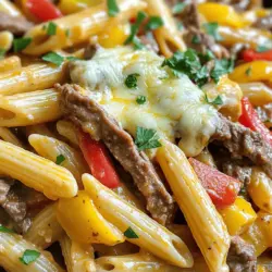 Für eine köstliche Philly Cheesesteak Pasta brauchst du: - 340 g Pasta (Penne oder Fettuccine eignen sich gut) - 450 g dünn aufgeschnittenes Rindfleisch (Rinderfilet oder Sirloin) - 1 mittelgroße Zwiebel, in Scheiben geschnitten - 1 Paprika (jede Farbe nach Wahl), in Streifen geschnitten - 2 Knoblauchzehen, fein gehackt - 240 ml Rinderbrühe - 240 ml Sahne - 1 Esslöffel Olivenöl - Salz und Pfeffer nach Geschmack - 1 Teelöffel Worcestershire-Sauce - 180 g Provolone-Käse, gerieben (oder eine Mischung aus Provolone und Mozzarella) - Gehackte Petersilie zur Garnierung (optional) Diese Zutaten sind einfach zu finden und machen dein Gericht besonders lecker. Das Rindfleisch gibt viel Geschmack, während die Sahne eine cremige Textur hinzufügt. Ich empfehle, Penne oder Fettuccine zu verwenden. Diese Sorten halten die Soße gut. Sie sind auch leicht zu finden und einfach zu kochen. Du kannst auch andere Pasta-Sorten nutzen, falls du etwas anderes magst. Achte darauf, dass die Pasta gut al dente ist, damit sie nicht matschig wird. Die Gewürze bringen den Geschmack zum Leben. Salz und Pfeffer sind wichtig, um die Aromen hervorzuheben. Die Worcestershire-Sauce fügt eine schöne Tiefe hinzu. Wenn du magst, kannst du auch etwas Paprikapulver oder Chili hinzufügen. Das gibt dem Gericht einen kleinen Kick. Für mehr Frische kannst du frische Kräuter verwenden, wie Petersilie oder Schnittlauch. Diese Kräuter machen deine Pasta noch schöner und schmackhafter. Für das vollständige Rezept, schau dir die *Full Recipe* an. Um die Pasta perfekt zu kochen, bringe einen großen Topf mit gesalzenem Wasser zum Kochen. Füge die Pasta hinzu und koche sie nach den Anweisungen auf der Verpackung. Achte darauf, dass die Nudeln al dente sind. Das dauert in der Regel etwa 8-10 Minuten. Nach dem Kochen die Pasta abgießen und beiseite stellen. Vergiss nicht, 120 ml Nudelwasser aufzuheben. Dieses Wasser hilft, die Soße später zu binden. Erhitze in einer großen Pfanne bei mittlerer Hitze einen Esslöffel Olivenöl. Füge die geschnittene Zwiebel und die Paprika hinzu. Brate das Gemüse etwa 5-7 Minuten, bis es weich ist und leicht bräunt. Die Aromen entfalten sich jetzt. Danach kommt der gehackte Knoblauch hinzu. Brate ihn für eine weitere Minute mit, bis er duftet. Nimm das Gemüse aus der Pfanne und lege es beiseite. In der gleichen Pfanne erhöhe die Hitze auf mittelhoch. Gib das dünn aufgeschnittene Rindfleisch in die Pfanne. Würze es mit Salz, Pfeffer und einem Teelöffel Worcestershire-Sauce. Brate das Fleisch 3-4 Minuten lang, bis es braun ist. Es sollte zart und durchgegart sein. Die Pfanne wird nun aromatisch und einladend. Reduziere die Hitze auf mittlere Stufe. Füge das angebratene Gemüse wieder in die Pfanne. Jetzt kommt die Rinderbrühe hinzu. Lass alles 2-3 Minuten köcheln. Danach rührst du die Sahne ein. Lass die Mischung für weitere 5 Minuten simmern, bis die Soße leicht eindickt. So entsteht eine cremige Basis für das Gericht. Gib die gekochte Pasta in die Pfanne mit der Soße und dem Gemüse. Mische alles gut, damit die Nudeln gleichmäßig mit der Soße bedeckt sind. Wenn die Mischung zu dick erscheint, füge einen Esslöffel des aufbewahrten Nudelwassers hinzu. Dies hilft, die gewünschte Konsistenz zu erreichen. Alles sollte jetzt gut miteinander harmonieren. Streue den geriebenen Provolone-Käse über die Pasta. Rühre vorsichtig um, bis der Käse geschmolzen ist und die Mischung cremig wird. Schmecke die Pasta ab und passe die Gewürze nach deinem Wunsch an. Der Käse macht das Gericht besonders lecker. Richte die Pasta auf Tellern an. Du kannst sie nach Belieben mit gehackter Petersilie garnieren. Dies gibt einen frischen Farbklecks. Jetzt ist dein Philly Cheesesteak Pasta bereit zum Genießen. Guten Appetit! Um die beste Sauce für Philly Cheesesteak Pasta zu machen, achte auf die folgenden Schritte. Beginne mit einer guten Rinderbrühe. Sie gibt der Sauce Tiefe und Geschmack. Füge dann Sahne hinzu, um die Sauce cremig zu machen. Lass die Mischung leicht köcheln, damit sie eindickt. Du kannst auch etwas von dem Nudelwasser hinzufügen, um die Konsistenz zu ändern. Das Wasser enthält Stärke, die hilft, die Sauce besser zu binden. Für zartes Rindfleisch ist es wichtig, die richtige Technik zu verwenden. Schneide das Fleisch dünn auf. So garst du es schnell und gleichmäßig. Brate das Rindfleisch in einer heißen Pfanne an. Nutze dazu ein wenig Olivenöl. Achte darauf, das Fleisch nicht zu lange zu garen. Es sollte saftig und nicht zäh sein. Würze es während des Garens mit Salz und Pfeffer. Das hebt den Geschmack an. Du kannst Zutaten leicht anpassen, um deine eigene Note hinzuzufügen. Wenn du kein Rindfleisch magst, probiere Hühnchen oder Tofu. Für eine leichtere Version kannst du die Sahne durch griechischen Joghurt ersetzen. Bei Käse kannst du Mozzarella oder Cheddar verwenden. Sie schmelzen ebenfalls gut. Wenn du es schärfer magst, füge etwas Chili oder Pfeffer hinzu. Experimentiere mit Gemüse wie Spinat oder Pilzen, um mehr Geschmack zu bekommen. Für das vollständige Rezept, siehe [Full Recipe]. {{image_4}} Um eine vegetarische Version zu machen, ersetze das Rindfleisch. Du kannst Pilze verwenden, um den herzhaften Geschmack zu bekommen. Portobello-Pilze sind ideal, da sie viel Textur bieten. Schneide sie in dünne Scheiben und brate sie einfach wie das Fleisch. Füge zusätzlich mehr Gemüse wie Zucchini oder Spinat hinzu. Diese geben der Pasta Farbe und Nährstoffe. Für eine glutenfreie Variante, wähle glutenfreie Pasta. Es gibt viele Marken, die gute Optionen anbieten. Achte darauf, dass die Brühe glutenfrei ist. So bleibt das Gericht für alle geeignet. Du kannst auch Quinoa oder Reisnudeln verwenden, um eine neue Textur zu bekommen. Wenn du es schärfer magst, füge etwas Jalapeños oder scharfe Soße hinzu. Du kannst auch eine Prise Cayennepfeffer in die Soße geben. Das bringt einen tollen Kick. Weitere Beläge könnten geröstete Paprika oder frische Kräuter sein. Koriander oder Basilikum passen gut zu diesem Gericht. Diese geben einen frischen Geschmack und machen die Pasta noch ansprechender. Wenn du Reste hast, lasse die Pasta zuerst abkühlen. Fülle sie dann in einen luftdichten Behälter. Du kannst die Reste bis zu drei Tage im Kühlschrank aufbewahren. Achte darauf, die Pasta nicht länger als nötig stehen zu lassen, um die Frische zu erhalten. Um die Pasta wieder heiß zu machen, nutze eine Pfanne. Füge einen Esslöffel Wasser oder Brühe hinzu und erwärme sie bei mittlerer Hitze. Rühre oft um, damit sie gleichmäßig warm wird. Du kannst auch die Mikrowelle benutzen. Stelle die Pasta in eine mikrowellengeeignete Schüssel und decke sie ab. Erhitze sie in Intervallen von 30 Sekunden, bis sie heiß ist. Die meisten Zutaten sind lange haltbar. Rindfleisch sollte jedoch frisch sein. Es bleibt im Kühlschrank nur 1 bis 2 Tage gut. Frisches Gemüse hält sich etwa eine Woche. Käse kann auch mehrere Wochen halten, wenn er richtig verpackt ist. Achte darauf, die Haltbarkeitsdaten zu prüfen, um die beste Qualität zu sichern. Die Zubereitung von Philly Cheesesteak Pasta dauert etwa 30 Minuten. Du brauchst etwa 10 Minuten für die Vorbereitung und 20 Minuten zum Kochen. Diese Zeit ist perfekt für ein schnelles Abendessen. Ja, du kannst andere Käsesorten verwenden. Cheddar oder Gouda sind großartige Alternativen. Diese Käsesorten bringen ihren eigenen Geschmack in die Pasta. Provolone bleibt jedoch die beste Wahl für den klassischen Geschmack. Philly Cheesesteak Pasta kann lecker sein, hat aber einige Kalorien. Das Rindfleisch und die Sahne machen es reichhaltig. Wenn du gesunde Optionen suchst, kannst du mageres Fleisch und weniger Sahne verwenden. Füge mehr Gemüse hinzu, um es nahrhafter zu machen. Ja, du kannst die Pasta im Voraus zubereiten. Koche die Pasta und bereite die Sauce separat. Bewahre beides im Kühlschrank auf. Wenn du bereit bist zu essen, erhitze die Sauce und mische sie mit der Pasta. Das spart Zeit an einem hektischen Tag. In diesem Artikel haben wir die Zutaten für Philly Cheesesteak Pasta besprochen. Du hast gelernt, welche Hauptzutaten wichtig sind und wie man die Pasta Schritt für Schritt zubereitet. Tipps zur Soße, Zubereitung und Variationen helfen dir, das Gericht zu personalisieren. Auch Lagerungshinweise und häufige Fragen sind behandelt. Mit diesen Tipps kannst du jetzt deine eigene leckere Philly Cheesesteak Pasta machen. Hab Spaß beim Kochen und genieße jedes Bissen!