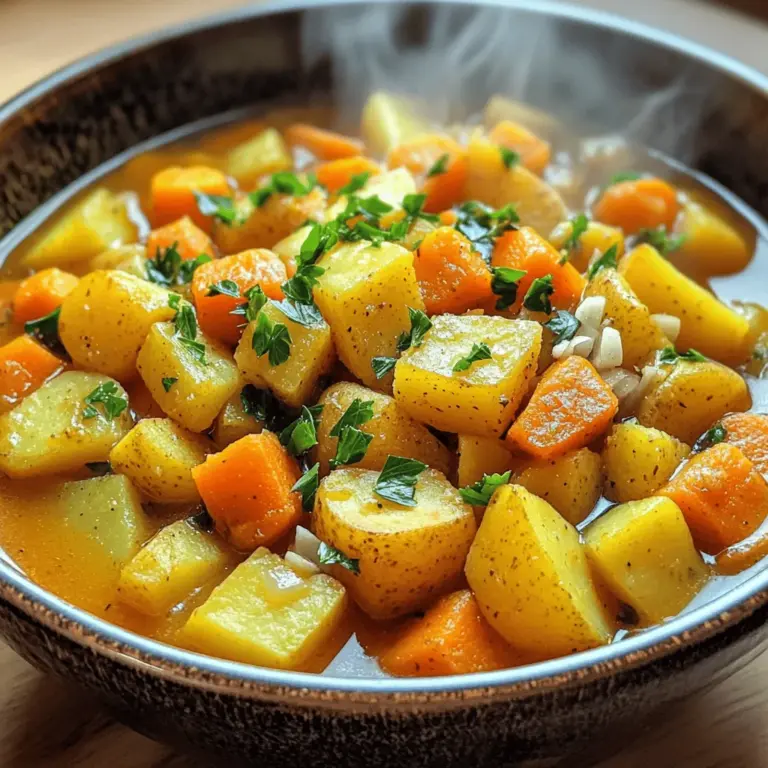 Für einen köstlichen Eintopf brauchen wir frische Wurzeln. Hier sind die Hauptzutaten: - 2 große Karotten, gewürfelt - 1 große Pastinake, gewürfelt - 1 mittlere Süßkartoffel, gewürfelt - 1 mittlere Kartoffel, gewürfelt - 1 große rote Zwiebel, grob gehackt - 3 Knoblauchzehen, fein gehackt Diese Zutaten geben dem Eintopf seine schöne Farbe und süßen Geschmack. Karotten und Pastinaken sorgen für Süße, während die Süßkartoffeln und Kartoffeln das Gericht herzhaft machen. Die richtigen Gewürze machen jeden Eintopf besser. Hier sind die Gewürze, die du brauchst: - 1 Teelöffel getrockneter Thymian - 1 Teelöffel geräucherter Paprika - 1/2 Teelöffel gemahlener Kreuzkümmel - 2 Esslöffel Olivenöl - Salz und Pfeffer nach Geschmack Thymian bringt einen frischen Geschmack. Geräucherter Paprika fügt eine leichte Rauchnote hinzu. Kreuzkümmel gibt dem Eintopf eine warme Note. Das Olivenöl hilft, die Aromen zu verbinden. Für die Brühe ist Gemüsebrühe perfekt. Sie gibt dem Eintopf Tiefe und Geschmack. Du wirst auch frische Petersilie für die Garnitur brauchen. Sie macht das Gericht schön und frisch. Wenn du alle Zutaten hast, bist du bereit, deinen eigenen Eintopf zu machen. Der Eintopf ist nicht nur lecker, sondern auch nahrhaft. Ich finde, dass das Kochen mit frischen Zutaten Spaß macht und jeden Bissen besonders macht. Du kannst das vollständige Rezept hier finden: [Full Recipe]. Heizen Sie den Ofen auf 220°C vor. Dies sorgt für die perfekte Röstung. Schneiden Sie das Gemüse in gleich große Stücke. Verwenden Sie 2 große Karotten, 1 große Pastinake, 1 mittlere Süßkartoffel, und 1 mittlere Kartoffel. Fügen Sie 1 große rote Zwiebel und 3 Knoblauchzehen hinzu. Das Gemüse sollte gleichmäßig gewürfelt sein, damit es gleichmäßig gart. Legen Sie das geschnittene Gemüse in eine große Schüssel. Träufeln Sie 2 Esslöffel Olivenöl darüber. Streuen Sie 1 Teelöffel Thymian, 1 Teelöffel geräucherten Paprika, und 1/2 Teelöffel Kreuzkümmel dazu. Mischen Sie alles gut. Die Gewürze sorgen für Geschmack. Verteilen Sie die Mischung auf einem Backblech. Rösten Sie das Gemüse im Ofen für 25-30 Minuten. Rühren Sie es nach 15 Minuten um. So wird es goldbraun und zart. In einem großen Topf bringen Sie 1 Liter Gemüsebrühe zum Simmern. Sobald das Gemüse fertig ist, geben Sie es in die Brühe. Rühren Sie gut um, damit alles vermischt wird. Lassen Sie den Eintopf für 10-15 Minuten köcheln. Probieren Sie und passen Sie die Gewürze an. Servieren Sie den Eintopf heiß. Garnieren Sie ihn mit frischer Petersilie für einen schönen Look. Für das vollständige Rezept schauen Sie sich den Röstgemüse-Eintopf an. Um die perfekte Röstung zu erreichen, ist die Temperatur sehr wichtig. Ich empfehle, den Ofen auf 220°C vorzuheizen. So wird das Gemüse schön knusprig. Rösten Sie das Gemüse für 25 bis 30 Minuten. Rühren Sie es nach 15 Minuten um. So wird es gleichmäßig zart. Die Gewürze bringen Geschmack in den Eintopf. Probieren Sie, mehr von geräuchertem Paprika hinzuzufügen. Das gibt einen tollen, rauchigen Geschmack. Wenn Sie es schärfer mögen, fügen Sie etwas Cayennepfeffer hinzu. Für ein frisches Aroma kann auch Zitronensaft helfen. Die Präsentation ist wichtig. Servieren Sie den Eintopf in tiefen Schalen. Das sieht schön aus. Garnieren Sie den Eintopf mit frischer Petersilie. Ein kleiner Zweig Kräuter macht das Gericht noch ansprechender. Diese kleinen Details machen viel aus! {{image_4}} Für eine vegetarische oder vegane Variante des Eintopfs, können Sie die Brühe ganz leicht anpassen. Verwenden Sie einfach eine Gemüsebrühe, die ohne tierische Produkte ist. Viele Marken bieten bereits bio, vegane Brühen an. Wenn Sie es noch gesünder mögen, können Sie auch selbst Brühe aus Gemüse und Kräutern herstellen. Öl ist wichtig für den Geschmack, aber Sie können auch ungesüßte Apfelmus oder Gemüsebrühe nutzen, um das Gemüse zu rösten. So bleibt Ihr Gericht leicht und frisch. Um mehr Nährstoffe in Ihren Eintopf zu bringen, fügen Sie Hülsenfrüchte wie Kichererbsen oder Linsen hinzu. Diese geben eine schöne Textur und sind reich an Proteinen. Auch Blattgemüse wie Spinat oder Grünkohl sind tolle Ergänzungen. Sie geben Farbe und Vitamine. Fügen Sie das Blattgemüse kurz vor dem Servieren hinzu, damit es schön frisch bleibt. Nutzen Sie das, was gerade Saison hat. Im Frühling sind Spargel oder Radieschen eine tolle Wahl. Im Herbst sind Kürbis und Rüben perfekt. Diese Anpassungen bringen frische Aromen in Ihr Gericht. Sie können das Gemüse nach Ihrem Geschmack wählen und so neue Kombinationen entdecken. Es macht Spaß, mit verschiedenen Gemüsesorten zu experimentieren und den Eintopf jedes Mal neu zu gestalten. Für das vollständige Rezept, schauen Sie sich den [Full Recipe] an. Um den Eintopf frisch zu halten, lass ihn zuerst abkühlen. Fülle ihn dann in einen luftdichten Behälter. Stelle den Behälter in den Kühlschrank. So bleibt der Eintopf bis zu fünf Tage genießbar. Achte darauf, ihn vor dem Essen gut zu erhitzen. Möchtest du den Eintopf länger aufbewahren? Dann friere ihn ein. Hier ist die Schritt-für-Schritt-Anleitung: 1. Lass den Eintopf abkühlen. 2. Teile ihn in Portionen auf. 3. Benutze gefriergeeignete Behälter oder Beutel. 4. Beschrifte die Behälter mit Datum und Inhalt. 5. Lege die Behälter ins Gefrierfach. So bleibt der Eintopf bis zu drei Monate frisch. Wie lange bleibt der Eintopf genießbar? Im Kühlschrank hält er sich bis zu fünf Tage. Wenn du ihn einfrierst, kannst du ihn bis zu drei Monate nutzen. Denke daran, ihn langsam im Kühlschrank aufzutauen. So bleibt der Geschmack am besten erhalten. Die Zubereitung des Roasted Root Vegetable Stew dauert insgesamt etwa 50 Minuten. Die Vorbereitungszeit beträgt 15 Minuten. In dieser Zeit schneiden Sie das Gemüse. Danach rösten Sie es für 25-30 Minuten im Ofen. Schließlich lassen Sie den Eintopf für 10-15 Minuten köcheln. Diese Schritte sind einfach und schnell. Ja, Sie können andere Wurzeln verwenden! Probieren Sie Rüben, Sellerie oder sogar Rettich. Diese Alternativen bringen neue Aromen in den Eintopf. Sie können auch je nach Saison und Vorliebe variieren. Das macht das Rezept flexibel und spannend. Ja, dieser Eintopf ist perfekt für Meal Prep. Er lässt sich gut lagern und aufwärmen. Sie können große Portionen zubereiten und diese in Behältern aufbewahren. Der Eintopf bleibt im Kühlschrank bis zu fünf Tage frisch. Auch das Einfrieren ist eine gute Option. Sie können ihn bis zu drei Monate einfrieren. So haben Sie immer eine nahrhafte Mahlzeit bereit. Dieser Eintopf aus Wurzelgemüse ist einfach zuzubereiten und lecker. Wir haben die besten Zutaten und Gewürze verwendet. Die Schritt-für-Schritt-Anleitung macht es leicht, selbst zu kochen. Denke an die Tipps zur perfekten Röstung und Anpassung der Gewürze. Du kannst auch Variationen mit saisonalem Gemüse ausprobieren. Vergiss nicht, wie du den Eintopf aufbewahren kannst, um die Frische zu erhalten. Kochen kann Spaß machen und gesund sein! Jetzt liegt es an dir, diesen Eintopf zu genießen.