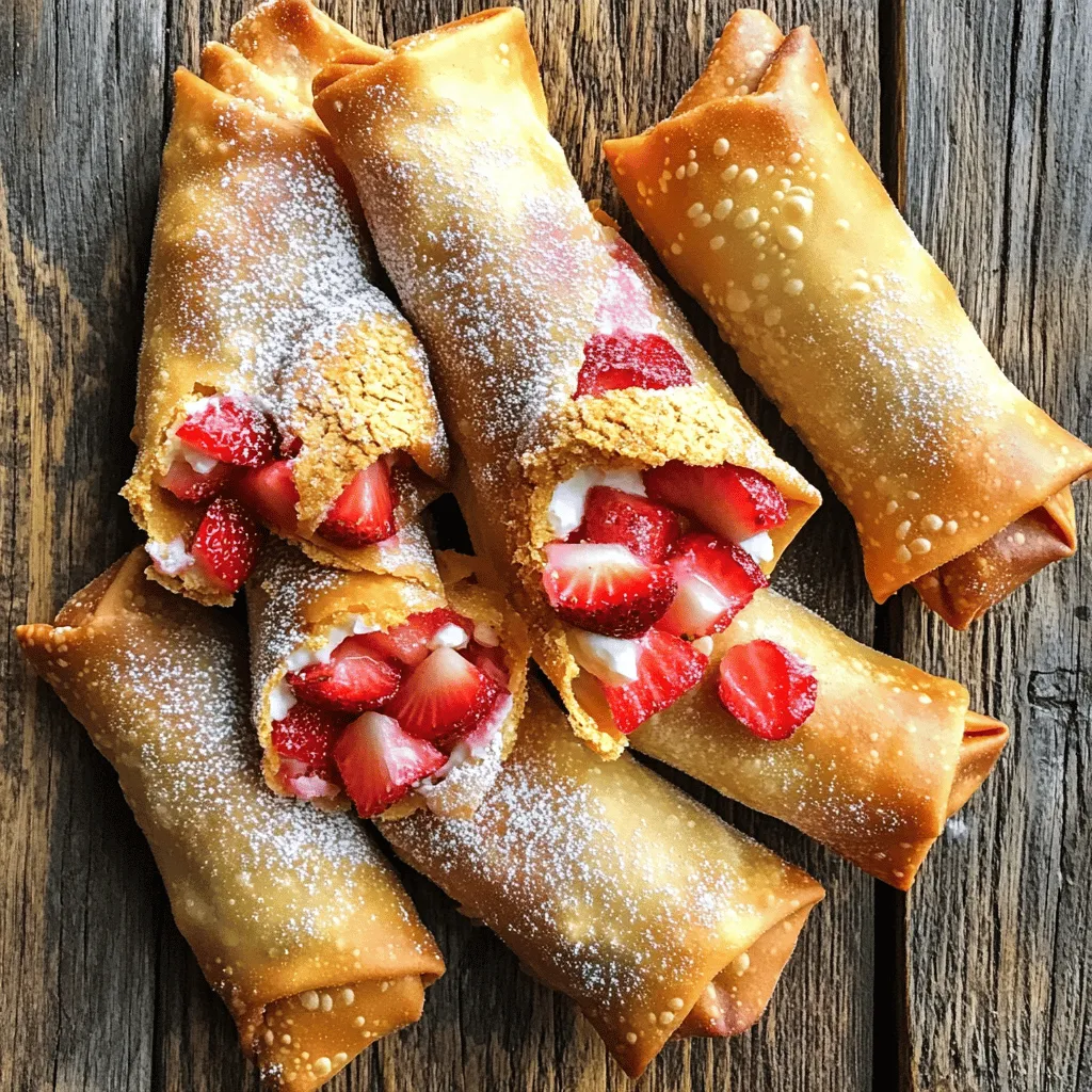 Für die Erdbeer-Cheesecake-Eggrolls brauchst du: - 1 Tasse frische Erdbeeren, entkeltert und gewürfelt - 1/2 Tasse Frischkäse, weich - 1/4 Tasse Zucker - 1 Teelöffel Vanilleextrakt - 1/2 Teelöffel Zitronensaft - 8 Eggroll-Wrapper - 1/2 Tasse zerbröselte Graham-Cracker - 1 Ei, verquirlt (zum Verschließen) - Öl zum Frittieren - Puderzucker zum Bestäuben (optional) Frische Erdbeeren bringen den besten Geschmack. Sie geben den Eggrolls eine süße und fruchtige Note. Achte darauf, nur reife Erdbeeren zu verwenden. Diese sind saftig und süß. Die Verwendung von frischen Zutaten macht den Unterschied. Frischkäse sorgt für eine cremige Füllung. Wenn du keine Erdbeeren hast, kannst du andere Früchte verwenden. Himbeeren oder Blaubeeren passen auch gut. Du kannst auch griechischen Joghurt anstelle von Frischkäse nehmen. Für eine glutenfreie Option, nutze glutenfreie Eggroll-Wrapper. Die Möglichkeiten sind vielfältig! Um die Füllung zu machen, nimm eine große Schüssel. Gib die gewürfelten Erdbeeren, den weichen Frischkäse, den Zucker, den Vanilleextrakt und den Zitronensaft hinein. Mische alles gut. Du willst eine glatte und cremige Füllung. Diese Mischung ist der Schlüssel zu deinem leckeren Genuss. Nimm einen Eggroll-Wrapper und lege ihn mit einer Ecke zu dir hin. Lege etwa 2 Esslöffel der Füllung in die Mitte. Klappe die untere Ecke über die Füllung. Dann klappe die Seiten zur Mitte. Rolle den Wrapper fest auf. Bestreiche die Kante mit verquirltem Ei, um die Eggrolls zu verschließen. Erhitze Öl in einer Pfanne bei mittlerer Hitze. Du willst etwa 180°C erreichen. Frittiere die Eggrolls in kleinen Portionen. Lass sie goldbraun und knusprig werden, etwa 2-3 Minuten pro Seite. Lege sie auf Küchenpapier, um das überschüssige Öl zu entfernen. Bestreue sie dann mit zerbröselten Graham-Crackern. So haben sie einen tollen Crunch. Um die perfekten Erdbeer-Cheesecake-Eggrolls zu machen, ist die Füllung der Schlüssel. Du musst frische Erdbeeren und weichen Frischkäse gut mischen. Achte darauf, dass die Mischung glatt ist. Das macht den Geschmack besser. Nutze einen Handrührer, um die Füllung gut zu vermengen. Die Wrapper sollten nicht zu trocken sein. Sie müssen sich leicht falten lassen. Das Frittieren erfordert Sorgfalt. Erhitze das Öl auf 180°C. Ein Küchenthermometer hilft dir dabei. Frittiere die Eggrolls immer in kleinen Portionen. So bleibt die Temperatur konstant. Frittiere sie für 2-3 Minuten auf jeder Seite. Drehe sie vorsichtig, damit sie nicht platzen. Lass sie nach dem Frittieren auf Küchenpapier abtropfen. So werden sie knusprig und lecker. Ein häufiger Fehler ist, die Füllung zu überladen. Verwende nur etwa 2 Esslöffel Füllung pro Wrapper. Wenn du zu viel verwendest, kann der Eggroll platzen. Achte darauf, die Kanten gut zu verschließen. Trage das verquirlte Ei gleichmäßig auf. Wenn du das Öl nicht heiß genug machst, werden die Eggrolls fettig. Ein weiterer Fehler ist, sie vor dem Servieren nicht richtig abkühlen zu lassen. Das macht sie knuspriger. Probiere diese Tipps aus, um deine Eggrolls perfekt zu machen! {{image_4}} Du kannst diese Erdbeer-Cheesecake-Eggrolls leicht vegan machen. Das ist einfach! Ersetze den Frischkäse durch veganen Frischkäse aus Cashews oder Soja. Statt des Eies kannst du eine Mischung aus Wasser und Leinsamen verwenden, um die Eggrolls zu verschließen. So bleibt alles pflanzlich und lecker. Variiere die Füllung nach deinem Geschmack! Probiere andere Beeren wie Himbeeren oder Blaubeeren. Du kannst auch Mango oder Pfirsiche verwenden. Für einen schokoladigen Kick füge etwas Kakaopulver oder Schokoladenstückchen hinzu. Die Möglichkeiten sind endlos! Serviere die Eggrolls warm auf einem schönen Teller. Garniere sie mit frischen Erdbeeren und einem Hauch Puderzucker. Du kannst auch eine Sauce dazu reichen. Eine Schokoladensauce oder eine Fruchtsoße passt perfekt. Diese Präsentation macht deine Eggrolls zum Hingucker! Für mehr Details, schau dir das [Full Recipe] an. Um die Erdbeer-Cheesecake-Eggrolls frisch zu halten, lege sie in einen luftdichten Behälter. Du kannst sie bis zu drei Tage im Kühlschrank aufbewahren. Stelle sicher, dass der Behälter gut verschlossen ist. So bleibt die Knusprigkeit erhalten. Wenn du Eggrolls übrig hast, lasse sie zuerst auf Raumtemperatur abkühlen. Wenn du die Eggrolls wieder aufwärmen möchtest, empfehle ich die Ofenmethode. Heize den Ofen auf 180°C vor. Lege die Eggrolls auf ein Backblech und erwärme sie für etwa 10 Minuten. Diese Methode hält die Eggrolls knusprig. Mikrowellen sind nicht ideal, da sie die Eggrolls weich machen können. Die Eggrolls halten sich bis zu drei Tage im Kühlschrank. Wenn du sie länger aufbewahren möchtest, friere sie ein. Wickele sie gut in Frischhaltefolie ein und lege sie in einen Gefrierbeutel. So bleiben sie bis zu drei Monate frisch. Zum Verzehr, tau die Eggrolls im Kühlschrank über Nacht auf, dann backe sie wie oben beschrieben. So hast du jederzeit einen leckeren Snack. Um die Eggrolls zu backen, heize deinen Ofen auf 200 °C vor. Lege die gefüllten Eggrolls auf ein mit Backpapier belegtes Blech. Sprühe sie leicht mit Öl ein. Backe sie für etwa 15 bis 20 Minuten, bis sie goldbraun sind. Wende sie nach der Hälfte der Zeit, damit sie gleichmäßig backen. Das Backen gibt dir eine knusprige Textur, ohne das Frittieren. Ja, du kannst die Füllung im Voraus machen. Mische die Erdbeeren, den Frischkäse, Zucker, Vanilleextrakt und Zitronensaft in einer Schüssel. Decke die Mischung ab und stelle sie in den Kühlschrank. So bleibt die Füllung frisch. Du kannst sie bis zu zwei Tage im Voraus zubereiten. Wenn du bereit bist, die Eggrolls zu machen, fülle die Wrapper einfach. Erdbeer-Cheesecake-Eggrolls kannst du in vielen Restaurants mit moderner Küche finden. Einige Dessert-Cafés bieten sie auch an. Du kannst sie manchmal auch auf Food-Delivery-Apps finden. Wenn du Lust auf etwas Selbstgemachtes hast, probiere das Full Recipe. So wirst du sicher, dass sie frisch und nach deinem Geschmack sind. In diesem Artikel haben wir die besten Zutaten für Eggrolls behandelt. Wir haben gelernt, frische Zutaten zu schätzen und alternative Optionen zu finden. Die Schritt-für-Schritt-Anleitung hilft dir, die Füllung vorzubereiten und die Eggrolls richtig zu falten und zu frittieren. Mit nützlichen Tipps und Variationen kannst du deine Eggrolls anpassen. Achte darauf, sie richtig zu lagern und aufzuheben. So bleibst du kreativ in der Küche. Genieß deine leckeren Eggrolls und teile sie mit anderen!