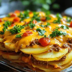 - Rinderhackfleisch und Kartoffeln Rinderhackfleisch ist die Basis. Es gibt dem Auflauf seinen herzhaften Geschmack. Kartoffeln fügen Fülle und Textur hinzu. Sie werden weich und nehmen den Geschmack auf. - Aromatische Zutaten: Zwiebeln und Knoblauch Zwiebeln und Knoblauch sind die Aromaträger. Sie sorgen für ein tolles Aroma. Sie machen jedes Gericht leckerer. Ich brate sie zuerst an, um ihre Süße zu entfalten. - Käse und Brühe für zusätzlichen Geschmack Käse bringt den Auflauf zum Schmelzen. Ich benutze gerne Cheddar für seinen intensiven Geschmack. Brühe macht das Gericht saftig. Sie gibt dem Auflauf Tiefe und Fülle. Wenn du mehr Details und Tipps brauchst, schau dir das [Full Recipe] an! Beginne damit, den Ofen auf 190°C vorzuheizen. Dieser Schritt sorgt dafür, dass dein Auflauf gleichmäßig gart. Während der Ofen warm wird, kannst du die Auflaufform vorbereiten. Fette die Form leicht ein, damit der Auflauf nicht kleben bleibt. Jetzt ist es Zeit, die Zwiebel und den Knoblauch für das Rezept vorzubereiten. Würfle die Zwiebel in kleine Stücke und hacke die Knoblauchzehen fein. Diese beiden Zutaten werden dem Gericht viel Geschmack geben. Erhitze in einer großen Pfanne 2 Esslöffel Olivenöl bei mittlerer Hitze. Füge die gewürfelte Zwiebel und den gehackten Knoblauch hinzu. Dämpfe sie, bis die Zwiebel weich und durchsichtig ist, etwa 3 bis 4 Minuten. Nun gib das Rinderhackfleisch in die Pfanne. Zerbrich es mit einem Spatel in kleinere Stücke. Brate das Fleisch an, bis es braun ist, etwa 5 bis 7 Minuten. Vergiss nicht, mit italienischen Gewürzen, Salz und Pfeffer zu würzen. Jetzt kommen wir zum spannenden Teil: dem Schichten. Lege die Hälfte der Kartoffelscheiben in die gefettete Auflaufform als erste Schicht. Diese Schicht bildet die Basis für den Auflauf. Darauf kommt die angebratene Hackfleischmischung. Verteile die angebratenen Zwiebeln, den Knoblauch und das Hackfleisch gleichmäßig. Danach folgen die abgetropften gehackten Tomaten. Diese frischen Aromen machen den Auflauf besonders lecker. Jetzt legst du die restlichen Kartoffelscheiben als oberste Schicht auf die Fleisch- und Tomatenschichten. Gieße die Rinderbrühe gleichmäßig über den gesamten Auflauf. Dadurch wird alles schön saftig. Decke die Form mit Aluminiumfolie ab und stelle sie in den vorgeheizten Ofen. Backe den Auflauf für 45 Minuten. In dieser Zeit gart alles gut durch. Nach 45 Minuten entferne die Folie und streue den geriebenen Cheddar-Käse gleichmäßig auf die Oberfläche. Backe den Auflauf ohne Deckel für weitere 15 Minuten. So wird der Käse schön goldbraun und sprudelnd. Lass den Auflauf nach dem Backen etwa 5 Minuten ruhen. Dies hilft, die Aromen zu setzen. Vor dem Servieren kannst du ihn mit frischer, gehackter Petersilie dekorieren. Der Auflauf sieht dann nicht nur gut aus, er schmeckt auch fantastisch! Für das vollständige Rezept, schau dir den Abschnitt mit dem vollständigen Rezept an. - Wähle festkochende Kartoffeln wie Yukon Gold. Sie behalten ihre Form gut. - Achte darauf, die Brühe richtig zu dosieren. Zu viel macht das Gericht matschig. - Probiere verschiedene Gewürze aus. Paprika und Kreuzkümmel geben einen tollen Kick. - Füge extra Käse hinzu. Ein bisschen Gouda oder Mozzarella macht den Auflauf lecker. - Halte die Backzeit ein. Ein überbackener Auflauf wird trocken und zäh. - Brate das Hackfleisch nur kurz an. Ein Überbraten macht es fest und trocken. Diese Tipps machen deinen herzhafter Hackfleisch- und Kartoffelauflauf perfekt. Wenn du mehr erfahren möchtest, schau dir das Full Recipe an! {{image_4}} Eine vegetarische Option ist einfach und lecker. Du kannst Gemüsehack oder Linsen statt Rinderhack verwenden. Beide Varianten geben dir viel Geschmack und Nährstoffe. Achte darauf, die Brühe anzupassen. Eine Gemüsebrühe passt gut zu diesen Zutaten. Möchtest du mehr Textur und Geschmack? Füge Gemüse wie Erbsen oder Karotten hinzu. Sie bringen Farbe und Süße in den Auflauf. Du kannst auch verschiedene Käsesorten ausprobieren. Mozzarella oder Gouda geben dem Gericht eine andere Note. Für eine glutenfreie Version musst du glutenfreie Brühe und Zutaten verwenden. Das ist wichtig, um sicherzustellen, dass alle genießen können. Alternativ kannst du auch Produkte auf Kartoffelbasis nutzen, die glutenfrei sind. Sie sorgen für die gleiche cremige Konsistenz. Der Hackfleisch- und Kartoffelauflauf bleibt im Kühlschrank frisch. Lagern Sie ihn in einem luftdichten Behälter. So bleibt der Geschmack erhalten. Der Auflauf hält sich bis zu drei Tage im Kühlschrank. Es ist wichtig, ihn gut zu verpacken. So vermeiden Sie Gerüche von anderen Lebensmitteln. Sie können den Auflauf in Portionen einfrieren. Das macht ihn praktisch für später. Lassen Sie den Auflauf abkühlen, bevor Sie ihn einfrieren. Verwenden Sie gefrierfeste Behälter oder Folie. So bleibt die Qualität erhalten. Zum Auftauen stellen Sie den Auflauf einfach in den Kühlschrank. Dies dauert einige Stunden. Alternativ können Sie ihn in der Mikrowelle auftauen. Verwenden Sie die Auftaufunktion für gleichmäßiges Ergebnis. Die besten Methoden zur Wiedererwärmung sind im Ofen oder in der Mikrowelle. Im Ofen bleibt der Auflauf knusprig. Heizen Sie den Ofen auf 180°C vor. Decken Sie den Auflauf mit Folie ab, um das Austrocknen zu verhindern. In der Mikrowelle erwärmen Sie ihn in kurzen Intervallen. Überprüfen Sie regelmäßig, damit er nicht austrocknet. Mit etwas Brühe oder Wasser können Sie die Feuchtigkeit erhöhen. Der Hackfleisch-Kartoffelauflauf benötigt insgesamt etwa eine Stunde im Ofen. Zuerst backen Sie ihn 45 Minuten bei 190°C. Dann nehmen Sie die Folie ab und fügen den Käse hinzu. Backen Sie ihn weitere 15 Minuten, bis der Käse goldbraun ist. So wird der Auflauf schön zart und schmackhaft. Ja, Sie können die Kartoffeln vorher kochen. Das Vorkochen macht die Kartoffeln weicher. Sie brauchen dann weniger Zeit im Ofen. Es gibt aber auch Nachteile. Die Kartoffeln verlieren etwas Geschmack. Sie werden auch etwas matschiger. Wenn Sie eine feste Textur möchten, lassen Sie sie roh. Zu diesem Auflauf passen viele Beilagen. Ein frischer grüner Salat ist eine gute Wahl. Auch gedämpftes Gemüse, wie Brokkoli oder Karotten, ergänzt das Gericht gut. Wenn Sie etwas Herzhaftes möchten, probieren Sie knuspriges Brot oder Brötchen. Diese Beilagen machen das Essen noch leckerer. Reste vom Auflauf sind vielseitig. Sie können sie in Tortillas wickeln und Burritos machen. Eine andere Idee ist, die Reste in einer Pfanne mit etwas Käse zu braten. So entsteht ein neues, schnelles Gericht. Oder machen Sie eine leckere Suppe, indem Sie Brühe hinzufügen. Das sind tolle Möglichkeiten, um Reste zu nutzen. Für dieses Rezept benötigst du die folgenden Zutaten: - 450 g Rinderhackfleisch - 4 mittelgroße Kartoffeln, geschält und dünn geschnitten - 1 mittelgroße Zwiebel, gewürfelt - 2 Knoblauchzehen, fein gehackt - 1 Tasse geriebener Cheddar-Käse - 240 ml Rinderbrühe - 1 Dose (425 g) gehackte Tomaten, abgetropft - 1 Teelöffel italienische Gewürzmischung - Salz und Pfeffer nach Geschmack - 2 Esslöffel Olivenöl - Frische Petersilie, gehackt (zur Dekoration) Ich liebe diesen Auflauf, weil er einfach und köstlich ist. Die Kombination aus Rinderhackfleisch und Kartoffeln gibt dir ein herzhaftes Gericht. Du kannst den Auflauf leicht anpassen. Die Portionen sind für sechs Personen gedacht. So kannst du Familie oder Freunde einladen und alle glücklich machen. Für die Zubereitung gibt es einen Link zum vollständigen Rezept, wo du Schritt für Schritt alles findest. Die Zubereitung dauert etwa eine Stunde. Das ergibt ein tolles Essen, das alle begeistern wird. In diesem Artikel haben wir alles über den herzhaften Hackfleisch- und Kartoffelauflauf besprochen. Du hast die Hauptzutaten wie Rinderhack und Kartoffeln kennengelernt. Außerdem hast du erfahren, wie du Schritt für Schritt deinen Auflauf zubereitest und ihm mit verschiedenen Variationen Leben einhauchen kannst. Denke daran, beim Lagern und Aufwärmen deiner Reste die besten Methoden anzuwenden. Mit diesen Tipps wirst du deinen Auflauf perfektionieren und deine Familie beeindrucken. Jetzt liegt es an dir, das Rezept auszuprobieren!