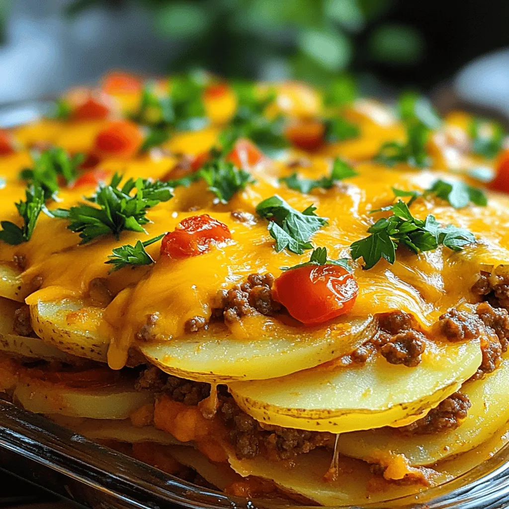 - Rinderhackfleisch und Kartoffeln Rinderhackfleisch ist die Basis. Es gibt dem Auflauf seinen herzhaften Geschmack. Kartoffeln fügen Fülle und Textur hinzu. Sie werden weich und nehmen den Geschmack auf. - Aromatische Zutaten: Zwiebeln und Knoblauch Zwiebeln und Knoblauch sind die Aromaträger. Sie sorgen für ein tolles Aroma. Sie machen jedes Gericht leckerer. Ich brate sie zuerst an, um ihre Süße zu entfalten. - Käse und Brühe für zusätzlichen Geschmack Käse bringt den Auflauf zum Schmelzen. Ich benutze gerne Cheddar für seinen intensiven Geschmack. Brühe macht das Gericht saftig. Sie gibt dem Auflauf Tiefe und Fülle. Wenn du mehr Details und Tipps brauchst, schau dir das [Full Recipe] an! Beginne damit, den Ofen auf 190°C vorzuheizen. Dieser Schritt sorgt dafür, dass dein Auflauf gleichmäßig gart. Während der Ofen warm wird, kannst du die Auflaufform vorbereiten. Fette die Form leicht ein, damit der Auflauf nicht kleben bleibt. Jetzt ist es Zeit, die Zwiebel und den Knoblauch für das Rezept vorzubereiten. Würfle die Zwiebel in kleine Stücke und hacke die Knoblauchzehen fein. Diese beiden Zutaten werden dem Gericht viel Geschmack geben. Erhitze in einer großen Pfanne 2 Esslöffel Olivenöl bei mittlerer Hitze. Füge die gewürfelte Zwiebel und den gehackten Knoblauch hinzu. Dämpfe sie, bis die Zwiebel weich und durchsichtig ist, etwa 3 bis 4 Minuten. Nun gib das Rinderhackfleisch in die Pfanne. Zerbrich es mit einem Spatel in kleinere Stücke. Brate das Fleisch an, bis es braun ist, etwa 5 bis 7 Minuten. Vergiss nicht, mit italienischen Gewürzen, Salz und Pfeffer zu würzen. Jetzt kommen wir zum spannenden Teil: dem Schichten. Lege die Hälfte der Kartoffelscheiben in die gefettete Auflaufform als erste Schicht. Diese Schicht bildet die Basis für den Auflauf. Darauf kommt die angebratene Hackfleischmischung. Verteile die angebratenen Zwiebeln, den Knoblauch und das Hackfleisch gleichmäßig. Danach folgen die abgetropften gehackten Tomaten. Diese frischen Aromen machen den Auflauf besonders lecker. Jetzt legst du die restlichen Kartoffelscheiben als oberste Schicht auf die Fleisch- und Tomatenschichten. Gieße die Rinderbrühe gleichmäßig über den gesamten Auflauf. Dadurch wird alles schön saftig. Decke die Form mit Aluminiumfolie ab und stelle sie in den vorgeheizten Ofen. Backe den Auflauf für 45 Minuten. In dieser Zeit gart alles gut durch. Nach 45 Minuten entferne die Folie und streue den geriebenen Cheddar-Käse gleichmäßig auf die Oberfläche. Backe den Auflauf ohne Deckel für weitere 15 Minuten. So wird der Käse schön goldbraun und sprudelnd. Lass den Auflauf nach dem Backen etwa 5 Minuten ruhen. Dies hilft, die Aromen zu setzen. Vor dem Servieren kannst du ihn mit frischer, gehackter Petersilie dekorieren. Der Auflauf sieht dann nicht nur gut aus, er schmeckt auch fantastisch! Für das vollständige Rezept, schau dir den Abschnitt mit dem vollständigen Rezept an. - Wähle festkochende Kartoffeln wie Yukon Gold. Sie behalten ihre Form gut. - Achte darauf, die Brühe richtig zu dosieren. Zu viel macht das Gericht matschig. - Probiere verschiedene Gewürze aus. Paprika und Kreuzkümmel geben einen tollen Kick. - Füge extra Käse hinzu. Ein bisschen Gouda oder Mozzarella macht den Auflauf lecker. - Halte die Backzeit ein. Ein überbackener Auflauf wird trocken und zäh. - Brate das Hackfleisch nur kurz an. Ein Überbraten macht es fest und trocken. Diese Tipps machen deinen herzhafter Hackfleisch- und Kartoffelauflauf perfekt. Wenn du mehr erfahren möchtest, schau dir das Full Recipe an! {{image_4}} Eine vegetarische Option ist einfach und lecker. Du kannst Gemüsehack oder Linsen statt Rinderhack verwenden. Beide Varianten geben dir viel Geschmack und Nährstoffe. Achte darauf, die Brühe anzupassen. Eine Gemüsebrühe passt gut zu diesen Zutaten. Möchtest du mehr Textur und Geschmack? Füge Gemüse wie Erbsen oder Karotten hinzu. Sie bringen Farbe und Süße in den Auflauf. Du kannst auch verschiedene Käsesorten ausprobieren. Mozzarella oder Gouda geben dem Gericht eine andere Note. Für eine glutenfreie Version musst du glutenfreie Brühe und Zutaten verwenden. Das ist wichtig, um sicherzustellen, dass alle genießen können. Alternativ kannst du auch Produkte auf Kartoffelbasis nutzen, die glutenfrei sind. Sie sorgen für die gleiche cremige Konsistenz. Der Hackfleisch- und Kartoffelauflauf bleibt im Kühlschrank frisch. Lagern Sie ihn in einem luftdichten Behälter. So bleibt der Geschmack erhalten. Der Auflauf hält sich bis zu drei Tage im Kühlschrank. Es ist wichtig, ihn gut zu verpacken. So vermeiden Sie Gerüche von anderen Lebensmitteln. Sie können den Auflauf in Portionen einfrieren. Das macht ihn praktisch für später. Lassen Sie den Auflauf abkühlen, bevor Sie ihn einfrieren. Verwenden Sie gefrierfeste Behälter oder Folie. So bleibt die Qualität erhalten. Zum Auftauen stellen Sie den Auflauf einfach in den Kühlschrank. Dies dauert einige Stunden. Alternativ können Sie ihn in der Mikrowelle auftauen. Verwenden Sie die Auftaufunktion für gleichmäßiges Ergebnis. Die besten Methoden zur Wiedererwärmung sind im Ofen oder in der Mikrowelle. Im Ofen bleibt der Auflauf knusprig. Heizen Sie den Ofen auf 180°C vor. Decken Sie den Auflauf mit Folie ab, um das Austrocknen zu verhindern. In der Mikrowelle erwärmen Sie ihn in kurzen Intervallen. Überprüfen Sie regelmäßig, damit er nicht austrocknet. Mit etwas Brühe oder Wasser können Sie die Feuchtigkeit erhöhen. Der Hackfleisch-Kartoffelauflauf benötigt insgesamt etwa eine Stunde im Ofen. Zuerst backen Sie ihn 45 Minuten bei 190°C. Dann nehmen Sie die Folie ab und fügen den Käse hinzu. Backen Sie ihn weitere 15 Minuten, bis der Käse goldbraun ist. So wird der Auflauf schön zart und schmackhaft. Ja, Sie können die Kartoffeln vorher kochen. Das Vorkochen macht die Kartoffeln weicher. Sie brauchen dann weniger Zeit im Ofen. Es gibt aber auch Nachteile. Die Kartoffeln verlieren etwas Geschmack. Sie werden auch etwas matschiger. Wenn Sie eine feste Textur möchten, lassen Sie sie roh. Zu diesem Auflauf passen viele Beilagen. Ein frischer grüner Salat ist eine gute Wahl. Auch gedämpftes Gemüse, wie Brokkoli oder Karotten, ergänzt das Gericht gut. Wenn Sie etwas Herzhaftes möchten, probieren Sie knuspriges Brot oder Brötchen. Diese Beilagen machen das Essen noch leckerer. Reste vom Auflauf sind vielseitig. Sie können sie in Tortillas wickeln und Burritos machen. Eine andere Idee ist, die Reste in einer Pfanne mit etwas Käse zu braten. So entsteht ein neues, schnelles Gericht. Oder machen Sie eine leckere Suppe, indem Sie Brühe hinzufügen. Das sind tolle Möglichkeiten, um Reste zu nutzen. Für dieses Rezept benötigst du die folgenden Zutaten: - 450 g Rinderhackfleisch - 4 mittelgroße Kartoffeln, geschält und dünn geschnitten - 1 mittelgroße Zwiebel, gewürfelt - 2 Knoblauchzehen, fein gehackt - 1 Tasse geriebener Cheddar-Käse - 240 ml Rinderbrühe - 1 Dose (425 g) gehackte Tomaten, abgetropft - 1 Teelöffel italienische Gewürzmischung - Salz und Pfeffer nach Geschmack - 2 Esslöffel Olivenöl - Frische Petersilie, gehackt (zur Dekoration) Ich liebe diesen Auflauf, weil er einfach und köstlich ist. Die Kombination aus Rinderhackfleisch und Kartoffeln gibt dir ein herzhaftes Gericht. Du kannst den Auflauf leicht anpassen. Die Portionen sind für sechs Personen gedacht. So kannst du Familie oder Freunde einladen und alle glücklich machen. Für die Zubereitung gibt es einen Link zum vollständigen Rezept, wo du Schritt für Schritt alles findest. Die Zubereitung dauert etwa eine Stunde. Das ergibt ein tolles Essen, das alle begeistern wird. In diesem Artikel haben wir alles über den herzhaften Hackfleisch- und Kartoffelauflauf besprochen. Du hast die Hauptzutaten wie Rinderhack und Kartoffeln kennengelernt. Außerdem hast du erfahren, wie du Schritt für Schritt deinen Auflauf zubereitest und ihm mit verschiedenen Variationen Leben einhauchen kannst. Denke daran, beim Lagern und Aufwärmen deiner Reste die besten Methoden anzuwenden. Mit diesen Tipps wirst du deinen Auflauf perfektionieren und deine Familie beeindrucken. Jetzt liegt es an dir, das Rezept auszuprobieren!