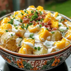 - 4 große Kartoffeln (Russel-Sorte) - 1/2 Tasse saure Sahne - 1/2 Tasse Mayonnaise - 1 Tasse geriebener Cheddar-Käse - 4 Frühlingszwiebeln, gehackt - 6 Streifen knusprigen Truthahn-Bacon, zerbröselt Die Wahl der richtigen Zutaten macht einen großen Unterschied. Ich benutze immer frische, hochwertige Kartoffeln. Die Russel-Sorte hat einen tollen Geschmack und eine gute Textur. Die saure Sahne und die Mayonnaise geben dem Salat eine cremige Basis. Ich empfehle, eine Mischung aus beiden zu verwenden. So bleibt der Salat leicht und nicht zu schwer. Der geriebene Cheddar-Käse ist ein Muss. Er bringt eine schöne Würze und Farbe in den Salat. Frühlingszwiebeln fügen einen frischen, knackigen Geschmack hinzu. Sie sind perfekt, um das Gericht abzurunden. Bacon bringt einen herzhaften Crunch. Ich bevorzuge Truthahn-Bacon, da er eine leichtere Option ist. - 1 Teelöffel Knoblauchpulver - 1 Teelöffel Zwiebelpulver - Salz und schwarzer Pfeffer nach Geschmack - Frische Schnittlauch zur Garnierung Die Gewürze sind entscheidend für den Geschmack. Knoblauch- und Zwiebelpulver geben Tiefe und Aroma. Achten Sie darauf, die Gewürze nach Ihrem Geschmack anzupassen. Salz und Pfeffer bringen die Aromen zusammen. Ich füge immer eine Prise mehr hinzu, um den Geschmack zu intensivieren. Frischer Schnittlauch ist nicht nur schön, sondern auch lecker. Er gibt dem Salat eine frische Note. Für das vollständige Rezept schauen Sie sich bitte [Full Recipe] an. Heizen Sie Ihren Ofen auf 200 °C (400 °F) vor. Nehmen Sie vier große Kartoffeln der Russel-Sorte. Reinigen Sie sie gründlich und tupfen Sie sie trocken. Stechen Sie jede Kartoffel mehrmals mit einer Gabel ein. Legen Sie die Kartoffeln direkt auf den Ofenrost. Backen Sie sie für etwa 45 bis 60 Minuten. Sie sind fertig, wenn ein Messer leicht hineinstechen kann. Nehmen Sie die Kartoffeln aus dem Ofen und lassen Sie sie etwas abkühlen. Während die Kartoffeln abkühlen, bereiten Sie das Dressing vor. In einer großen Schüssel mischen Sie 1/2 Tasse saure Sahne und 1/2 Tasse Mayonnaise. Fügen Sie 1 Teelöffel Knoblauchpulver, 1 Teelöffel Zwiebelpulver sowie Salz und Pfeffer nach Geschmack hinzu. Rühren Sie alles gut um, bis die Mischung cremig ist. Passen Sie die Gewürze nach Ihrem Geschmack an. Wenn die Kartoffeln abgekühlt sind, schneiden Sie sie in mundgerechte Stücke. Fügen Sie die Kartoffeln in die Schüssel mit dem Dressing hinzu. Geben Sie 1 Tasse geriebenen Cheddar-Käse, 4 gehackte Frühlingszwiebeln und 6 Streifen zerbröselten Truthahn-Bacon dazu. Falten Sie alles vorsichtig zusammen, bis die Kartoffeln gut mit der Mischung umhüllt sind. Übertragen Sie den beladenen Kartoffelsalat in eine Servierschüssel. Lassen Sie ihn für mindestens 30 Minuten im Kühlschrank kühlen. Kurz vor dem Servieren garnieren Sie den Salat mit frischem Schnittlauch. Für diesen Salat verwende ich immer Russel-Kartoffeln. Sie haben einen tollen Geschmack und eine gute Textur. Diese Sorte bleibt auch nach dem Kochen fest. Das macht sie ideal für unseren Kartoffelsalat. Ich finde, dass sie die perfekte Basis für alle anderen Zutaten bieten. Das Dressing ist ein wichtiger Teil des Salats. Ich empfehle, mit verschiedenen Gewürzen zu experimentieren. Fügen Sie Paprika oder einen Spritzer Zitronensaft hinzu. Dies gibt dem Salat eine frische Note. Sie können auch die Konsistenz anpassen. Mögen Sie es cremiger? Dann fügen Sie mehr saure Sahne oder Mayonnaise hinzu. Das macht es noch leckerer. Das Schneiden der Kartoffeln ist entscheidend. Achten Sie darauf, gleichmäßige Stücke zu schneiden. So garen die Kartoffeln gleichmäßig und bieten eine schöne Textur. Wenn die Stücke unterschiedlich groß sind, kann das den Geschmack beeinträchtigen. Ein einheitlicher Schnitt sorgt für ein besseres Esserlebnis. {{image_4}} Für eine vegetarische Variante des Loaded Baked Potato Salad können Sie den Bacon ganz einfach ersetzen. Nutzen Sie anstelle von Truthahn-Bacon knusprige, geröstete Kichererbsen oder gebratene Pilze. Diese Optionen geben Ihnen den gewünschten Crunch und einen tollen Geschmack. Ein weiterer Schritt zur Vegetarität ist die Verwendung von pflanzlicher Mayonnaise. Diese gibt es in vielen Geschäften und sie schmeckt fast wie die gewohnte Mayonnaise. Achten Sie darauf, dass die pflanzliche Mayonnaise gut gewürzt ist, damit der Salat lecker bleibt. Wenn Sie es scharf mögen, fügen Sie etwas scharfe Salsasoße hinzu. Ein Spritzer auf die Portion bringt einen netten Kick, ohne den gesamten Salat zu überwältigen. Alternativ können Sie BBQ-Sauce verwenden, um eine rauchige Note zu erzielen. Diese Saucen passen gut zu den cremigen Zutaten und machen den Salat noch spannender. Zusätzlich können Sie Ihre Kreativität bei den Toppings ausleben. Avocado bringt eine cremige Textur und gesunde Fette in den Salat. Auch schwarze Oliven sind eine tolle Ergänzung, die dem Gerichte einen salzigen Geschmack verleiht. Diese Zutaten sorgen nicht nur für zusätzlichen Geschmack, sondern auch für mehr Farbe und Textur. Für mehr Informationen, schauen Sie sich das [Full Recipe] an. Der Loaded Baked Potato Salad hält sich im Kühlschrank etwa 3 bis 5 Tage. Bewahre den Salat in einem luftdichten Behälter auf. So bleiben die Aromen frisch. Es ist wichtig, den Salat vor dem Lagern gut abzukühlen. Das hilft, die Textur zu bewahren. Verwende den Salat innerhalb von 5 Tagen für den besten Geschmack. Einfrieren ist nicht die beste Option für diesen Salat. Die Kartoffeln können matschig werden. Wenn du es trotzdem versuchen möchtest, gehe so vor: Fülle den Salat in einen gefrierfesten Behälter. Lasse etwas Platz, damit er sich ausdehnen kann. Du kannst ihn bis zu 2 Monate einfrieren. Um ihn aufzutauen, lasse den Salat über Nacht im Kühlschrank. Rühre ihn gut um, bevor du ihn servierst. Du kannst die Zutaten im Voraus zubereiten. Koche die Kartoffeln und lasse sie abkühlen. Bereite das Dressing ebenfalls vor und stelle es kühl. Mische die Zutaten kurz vor dem Servieren. So bleibt der Salat frisch und cremig. Diese Methode spart Zeit und macht das Servieren einfach und schnell. Sie können den Loaded Baked Potato Salad bis zu fünf Tage im Kühlschrank aufbewahren. Achten Sie darauf, ihn in einem luftdichten Behälter zu lagern. So bleibt der Salat frisch. Wenn Sie die Kartoffeln gut kochen, halten sie besser ihren Geschmack. Vermeiden Sie, den Salat für längere Zeit bei Raumtemperatur stehen zu lassen. Das kann die Haltbarkeit verringern. Ja, Sie können den Salat glutenfrei machen. Achten Sie darauf, glutenfreie Mayonnaise zu verwenden. Auch der Bacon sollte glutenfrei sein. Viele Marken bieten spezielle glutenfreie Produkte an. Überprüfen Sie immer die Etiketten, um sicher zu sein. So können auch glutenfreie Freunde diese leckere Speise genießen. Zu diesem Kartoffelsalat passen viele Beilagen. Hier sind einige Ideen: - Gegrilltes Fleisch wie Hähnchen oder Rind - Würzige Würstchen - Frischer grüner Salat - Grillgemüse wie Paprika und Zucchini - Nachos mit Käse und Salsa Diese Optionen ergänzen den Geschmack des Salats gut und machen Ihr Essen rundum köstlich. Dieser Artikel hat die Grundlagen für einen köstlichen Loaded Baked Potato Salad detailliert. Wir haben die wichtigsten Zutaten, die Zubereitung und nützliche Tipps besprochen. Außerdem haben wir Variationen und Aufbewahrungstipps geteilt. Mit diesen Informationen kannst du jetzt einen leckeren Salat zubereiten. Probiere verschiedene Zutaten und finde deinen eigenen Geschmack. Viel Spaß beim Kochen!