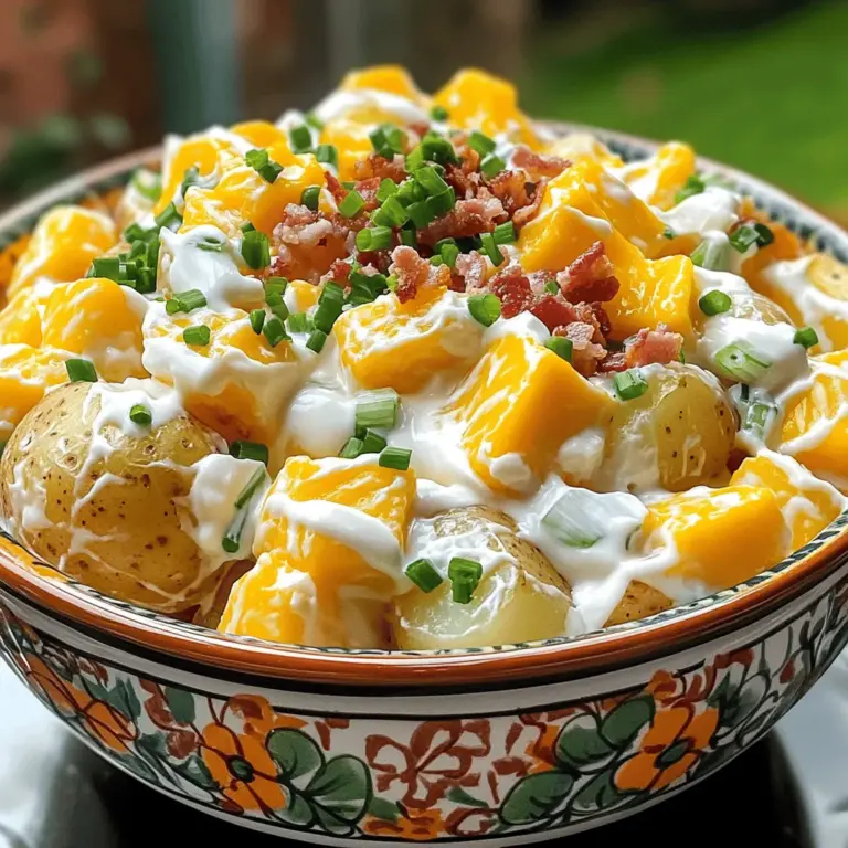 - 4 große Kartoffeln (Russel-Sorte) - 1/2 Tasse saure Sahne - 1/2 Tasse Mayonnaise - 1 Tasse geriebener Cheddar-Käse - 4 Frühlingszwiebeln, gehackt - 6 Streifen knusprigen Truthahn-Bacon, zerbröselt Die Wahl der richtigen Zutaten macht einen großen Unterschied. Ich benutze immer frische, hochwertige Kartoffeln. Die Russel-Sorte hat einen tollen Geschmack und eine gute Textur. Die saure Sahne und die Mayonnaise geben dem Salat eine cremige Basis. Ich empfehle, eine Mischung aus beiden zu verwenden. So bleibt der Salat leicht und nicht zu schwer. Der geriebene Cheddar-Käse ist ein Muss. Er bringt eine schöne Würze und Farbe in den Salat. Frühlingszwiebeln fügen einen frischen, knackigen Geschmack hinzu. Sie sind perfekt, um das Gericht abzurunden. Bacon bringt einen herzhaften Crunch. Ich bevorzuge Truthahn-Bacon, da er eine leichtere Option ist. - 1 Teelöffel Knoblauchpulver - 1 Teelöffel Zwiebelpulver - Salz und schwarzer Pfeffer nach Geschmack - Frische Schnittlauch zur Garnierung Die Gewürze sind entscheidend für den Geschmack. Knoblauch- und Zwiebelpulver geben Tiefe und Aroma. Achten Sie darauf, die Gewürze nach Ihrem Geschmack anzupassen. Salz und Pfeffer bringen die Aromen zusammen. Ich füge immer eine Prise mehr hinzu, um den Geschmack zu intensivieren. Frischer Schnittlauch ist nicht nur schön, sondern auch lecker. Er gibt dem Salat eine frische Note. Für das vollständige Rezept schauen Sie sich bitte [Full Recipe] an. Heizen Sie Ihren Ofen auf 200 °C (400 °F) vor. Nehmen Sie vier große Kartoffeln der Russel-Sorte. Reinigen Sie sie gründlich und tupfen Sie sie trocken. Stechen Sie jede Kartoffel mehrmals mit einer Gabel ein. Legen Sie die Kartoffeln direkt auf den Ofenrost. Backen Sie sie für etwa 45 bis 60 Minuten. Sie sind fertig, wenn ein Messer leicht hineinstechen kann. Nehmen Sie die Kartoffeln aus dem Ofen und lassen Sie sie etwas abkühlen. Während die Kartoffeln abkühlen, bereiten Sie das Dressing vor. In einer großen Schüssel mischen Sie 1/2 Tasse saure Sahne und 1/2 Tasse Mayonnaise. Fügen Sie 1 Teelöffel Knoblauchpulver, 1 Teelöffel Zwiebelpulver sowie Salz und Pfeffer nach Geschmack hinzu. Rühren Sie alles gut um, bis die Mischung cremig ist. Passen Sie die Gewürze nach Ihrem Geschmack an. Wenn die Kartoffeln abgekühlt sind, schneiden Sie sie in mundgerechte Stücke. Fügen Sie die Kartoffeln in die Schüssel mit dem Dressing hinzu. Geben Sie 1 Tasse geriebenen Cheddar-Käse, 4 gehackte Frühlingszwiebeln und 6 Streifen zerbröselten Truthahn-Bacon dazu. Falten Sie alles vorsichtig zusammen, bis die Kartoffeln gut mit der Mischung umhüllt sind. Übertragen Sie den beladenen Kartoffelsalat in eine Servierschüssel. Lassen Sie ihn für mindestens 30 Minuten im Kühlschrank kühlen. Kurz vor dem Servieren garnieren Sie den Salat mit frischem Schnittlauch. Für diesen Salat verwende ich immer Russel-Kartoffeln. Sie haben einen tollen Geschmack und eine gute Textur. Diese Sorte bleibt auch nach dem Kochen fest. Das macht sie ideal für unseren Kartoffelsalat. Ich finde, dass sie die perfekte Basis für alle anderen Zutaten bieten. Das Dressing ist ein wichtiger Teil des Salats. Ich empfehle, mit verschiedenen Gewürzen zu experimentieren. Fügen Sie Paprika oder einen Spritzer Zitronensaft hinzu. Dies gibt dem Salat eine frische Note. Sie können auch die Konsistenz anpassen. Mögen Sie es cremiger? Dann fügen Sie mehr saure Sahne oder Mayonnaise hinzu. Das macht es noch leckerer. Das Schneiden der Kartoffeln ist entscheidend. Achten Sie darauf, gleichmäßige Stücke zu schneiden. So garen die Kartoffeln gleichmäßig und bieten eine schöne Textur. Wenn die Stücke unterschiedlich groß sind, kann das den Geschmack beeinträchtigen. Ein einheitlicher Schnitt sorgt für ein besseres Esserlebnis. {{image_4}} Für eine vegetarische Variante des Loaded Baked Potato Salad können Sie den Bacon ganz einfach ersetzen. Nutzen Sie anstelle von Truthahn-Bacon knusprige, geröstete Kichererbsen oder gebratene Pilze. Diese Optionen geben Ihnen den gewünschten Crunch und einen tollen Geschmack. Ein weiterer Schritt zur Vegetarität ist die Verwendung von pflanzlicher Mayonnaise. Diese gibt es in vielen Geschäften und sie schmeckt fast wie die gewohnte Mayonnaise. Achten Sie darauf, dass die pflanzliche Mayonnaise gut gewürzt ist, damit der Salat lecker bleibt. Wenn Sie es scharf mögen, fügen Sie etwas scharfe Salsasoße hinzu. Ein Spritzer auf die Portion bringt einen netten Kick, ohne den gesamten Salat zu überwältigen. Alternativ können Sie BBQ-Sauce verwenden, um eine rauchige Note zu erzielen. Diese Saucen passen gut zu den cremigen Zutaten und machen den Salat noch spannender. Zusätzlich können Sie Ihre Kreativität bei den Toppings ausleben. Avocado bringt eine cremige Textur und gesunde Fette in den Salat. Auch schwarze Oliven sind eine tolle Ergänzung, die dem Gerichte einen salzigen Geschmack verleiht. Diese Zutaten sorgen nicht nur für zusätzlichen Geschmack, sondern auch für mehr Farbe und Textur. Für mehr Informationen, schauen Sie sich das [Full Recipe] an. Der Loaded Baked Potato Salad hält sich im Kühlschrank etwa 3 bis 5 Tage. Bewahre den Salat in einem luftdichten Behälter auf. So bleiben die Aromen frisch. Es ist wichtig, den Salat vor dem Lagern gut abzukühlen. Das hilft, die Textur zu bewahren. Verwende den Salat innerhalb von 5 Tagen für den besten Geschmack. Einfrieren ist nicht die beste Option für diesen Salat. Die Kartoffeln können matschig werden. Wenn du es trotzdem versuchen möchtest, gehe so vor: Fülle den Salat in einen gefrierfesten Behälter. Lasse etwas Platz, damit er sich ausdehnen kann. Du kannst ihn bis zu 2 Monate einfrieren. Um ihn aufzutauen, lasse den Salat über Nacht im Kühlschrank. Rühre ihn gut um, bevor du ihn servierst. Du kannst die Zutaten im Voraus zubereiten. Koche die Kartoffeln und lasse sie abkühlen. Bereite das Dressing ebenfalls vor und stelle es kühl. Mische die Zutaten kurz vor dem Servieren. So bleibt der Salat frisch und cremig. Diese Methode spart Zeit und macht das Servieren einfach und schnell. Sie können den Loaded Baked Potato Salad bis zu fünf Tage im Kühlschrank aufbewahren. Achten Sie darauf, ihn in einem luftdichten Behälter zu lagern. So bleibt der Salat frisch. Wenn Sie die Kartoffeln gut kochen, halten sie besser ihren Geschmack. Vermeiden Sie, den Salat für längere Zeit bei Raumtemperatur stehen zu lassen. Das kann die Haltbarkeit verringern. Ja, Sie können den Salat glutenfrei machen. Achten Sie darauf, glutenfreie Mayonnaise zu verwenden. Auch der Bacon sollte glutenfrei sein. Viele Marken bieten spezielle glutenfreie Produkte an. Überprüfen Sie immer die Etiketten, um sicher zu sein. So können auch glutenfreie Freunde diese leckere Speise genießen. Zu diesem Kartoffelsalat passen viele Beilagen. Hier sind einige Ideen: - Gegrilltes Fleisch wie Hähnchen oder Rind - Würzige Würstchen - Frischer grüner Salat - Grillgemüse wie Paprika und Zucchini - Nachos mit Käse und Salsa Diese Optionen ergänzen den Geschmack des Salats gut und machen Ihr Essen rundum köstlich. Dieser Artikel hat die Grundlagen für einen köstlichen Loaded Baked Potato Salad detailliert. Wir haben die wichtigsten Zutaten, die Zubereitung und nützliche Tipps besprochen. Außerdem haben wir Variationen und Aufbewahrungstipps geteilt. Mit diesen Informationen kannst du jetzt einen leckeren Salat zubereiten. Probiere verschiedene Zutaten und finde deinen eigenen Geschmack. Viel Spaß beim Kochen!