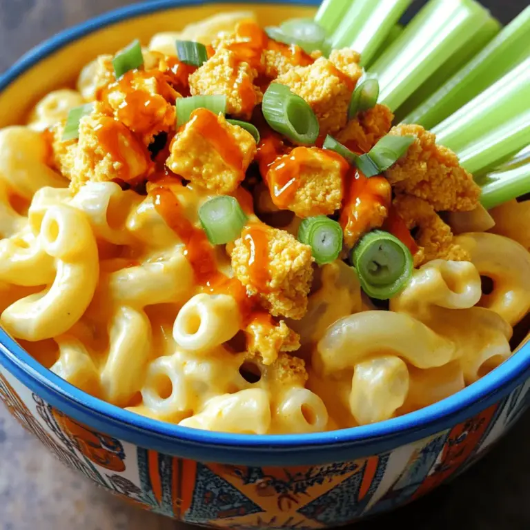 - 225 g Ellbogen-Makkaroni oder andere Pasta - 400 g fester Tofu - 240 ml ungesüßte Mandelmilch Die Hauptzutaten bilden die Basis für dein Gericht. Die Ellbogen-Makkaroni sind die perfekte Pasta für dieses Rezept. Sie halten die cremige Käsesauce gut und machen jeden Bissen köstlich. Fester Tofu sorgt für eine gute Textur und Protein. Er nimmt die Aromen der Buffalo-Sauce wunderbar auf. Ungesüßte Mandelmilch gibt der Käsesauce ihre cremige Konsistenz und ist eine tolle pflanzliche Alternative. - 1 Esslöffel Olivenöl - 1 Teelöffel Knoblauchpulver - 120 ml Buffalo-Sauce Olivenöl ist wichtig, um den Tofu anzubraten. Es bringt Geschmack und hilft, den Tofu goldbraun zu machen. Knoblauchpulver fügt ein kräftiges Aroma hinzu. Die Buffalo-Sauce bringt die nötige Schärfe und macht das Gericht besonders. Du kannst die Menge an Buffalo-Sauce anpassen, wenn du es milder oder schärfer magst. - 50 g Nährhefe - 1 Esslöffel Apfelessig - Salz und Pfeffer nach Geschmack Nährhefe gibt der Käsesauce ihren käsigen Geschmack. Sie ist auch reich an Vitaminen und macht dein Gericht nahrhaft. Apfelessig bringt eine leichte Säure, die die Aromen ausbalanciert. Salz und frisch gemahlener Pfeffer sind wichtig, um alles richtig zu würzen. Du kannst nach Belieben anpassen, um deinen perfekten Geschmack zu finden. Für das vollständige Rezept schau dir die [Full Recipe] an. Um die Pasta perfekt zu kochen, bringst du einen großen Topf mit Wasser und Salz zum Kochen. Füge 225 g Ellbogen-Makkaroni hinzu. Koche sie laut Anleitung bis sie al dente sind. Das bedeutet, dass sie weich, aber noch leicht bissfest sind. Gieße die Pasta ab und stelle sie beiseite. Ein Tipp für die perfekte Konsistenz: Verwende gleichmäßig gesalzenes Wasser. Dies sorgt für mehr Geschmack in der Pasta. Achte darauf, die Pasta nicht zu lange zu kochen, damit sie nicht matschig wird. Für den Tofu erhitzt du 1 Esslöffel Olivenöl in einer großen Pfanne bei mittlerer Hitze. Zerkrümel 400 g festen Tofu und füge ihn in die Pfanne. Streue 1 Teelöffel Knoblauchpulver, 1 Teelöffel Zwiebelpulver und 1 Teelöffel geräucherten Paprika darüber. Brate den Tofu etwa 5-7 Minuten lang, bis er goldbraun ist. Ein guter Tipp für das Zeitmanagement: Während der Tofu brät, kannst du die Käsesauce vorbereiten. So sparst du Zeit und alles ist frisch. Um die Käsesauce zu machen, mischst du in einem separaten Topf 240 ml ungesüßte Mandelmilch, 50 g Nährhefe, 1 Esslöffel Apfelessig und etwas Salz. Erwärme die Mischung bei mittlerer bis niedriger Hitze. Wenn es warm ist, füge 1 Esslöffel Speisestärke, gemischt mit 2 Esslöffeln Wasser, hinzu. Rühre ständig, bis die Sauce eindickt. Das dauert etwa 5 Minuten. Wichtig ist, die Käsesauce gut zu würzen. Probiere sie, und füge mehr Salz oder Pfeffer hinzu, wenn nötig. Diese Sauce gibt deinem Gericht den besonderen Geschmack, den du suchst. Wenn du alle Schritte befolgt hast, kannst du nun die Pasta, die Buffalo-Tofu-Mischung und die Käsesauce in einer großen Schüssel zusammenfügen. Rühre sanft um, bis alles gut vermischt ist. Du findest die gesamte Zubereitung in der [Full Recipe]. Um den idealen Tofu zu erreichen, wähle festen Tofu. Drücke ihn gut aus, um überflüssige Feuchtigkeit zu entfernen. So wird er knusprig und nimmt die Aromen besser auf. Brate den Tofu in Olivenöl, bis er goldbraun ist. Das gibt ihm eine tolle Textur. Um die Sauce cremig zu halten, achte darauf, die Mandelmilch langsam zu erwärmen. Mische die Nährhefe gut ein und rühre ständig, bis die Sauce eindickt. Dies sorgt für eine schöne, glatte Konsistenz, die die Pasta wunderbar umhüllt. Verwende zusätzliche Gewürze, um den Geschmack zu verbessern. Ein Hauch von Kreuzkümmel oder Cayennepfeffer kann das Gericht aufpeppen. Experimentiere mit verschiedenen Kräutern, um deine persönliche Note zu finden. Variationen der Buffalo-Sauce sind ebenfalls spannend. Du kannst die Schärfe anpassen, indem du mehr oder weniger Buffalo-Sauce verwendest. Füge einen Spritzer Zitronensaft hinzu, um die Frische zu erhöhen. Diese kleinen Anpassungen können einen großen Unterschied machen. Für eine ansprechende Präsentation serviere das Gericht in einer bunten Schüssel. Eine lebendige Farbe macht das Essen einladender. Garniere es mit gehackten Frühlingszwiebeln und Sellerie, um Frische und Knusprigkeit zu bieten. Kombiniere die Vegan Buffalo Tofu Mac and Cheese mit Beilagen wie einem frischen Salat oder Selleriesticks. Diese können das Gericht ergänzen und bieten eine knackige Textur. So wird dein Essen noch abwechslungsreicher und köstlicher. {{image_4}} Um ein glutenfreies Gericht zu machen, wähle glutenfreie Pasta. Reisnudeln oder Linsennudeln sind gute Alternativen. Achte darauf, dass alle anderen Zutaten glutenfrei sind. - Alternativen zur Pasta: - Reisnudeln - Linsennudeln - Zucchini-Nudeln Tipps für glutenfreies Kochen: - Achte auf Kreuzkontamination. - Verwende frische Kräuter und Gewürze für mehr Geschmack. Es gibt viele pflanzliche Käseoptionen. Du kannst Cashew-Käse oder Mandelkäse ausprobieren. Diese Optionen sind cremig und lecker. - Verschiedene pflanzliche Käseoptionen: - Cashew-Käse - Mandelkäse - Kokosmilch-Käse Anleitungen zur Herstellung von selbstgemachtem Käse: - Weiche Cashews über Nacht ein. - Mische sie mit Nährhefe und Zitronensaft. - Püriere bis zur gewünschten Konsistenz. Um mehr Protein hinzuzufügen, verwende schwarze Bohnen oder Kichererbsen. Diese passen gut zu den Aromen des Gerichts. - Eine Vielzahl von Proteinzusätzen: - Schwarze Bohnen - Kichererbsen - Quinoa Anpassung an persönliche Vorlieben: - Füge dein Lieblingsgemüse hinzu. - Experimentiere mit verschiedenen Gewürzen für mehr Geschmack. Um die Frische deiner veganen Buffalo Tofu Mac and Cheese zu bewahren, lagere das Gericht in einem luftdichten Behälter. Achte darauf, dass die Mischung abgekühlt ist, bevor du sie in den Kühlschrank stellst. So bleibt der Geschmack und die Textur erhalten. Dieses Gericht hält sich im Kühlschrank etwa 3 bis 5 Tage. Wenn du Reste hast, kannst du sie einfach einfrieren. Teile das Gericht in Portionsgrößen auf und lege es in gefrierfeste Behälter oder Beutel. Achte darauf, die Luft gut herauszudrücken. Zum Auftauen lege die Portion im Kühlschrank für einige Stunden oder über Nacht. Für das Aufwärmen empfehle ich, die Mischung in einem Topf bei mittlerer Hitze zu erwärmen. Füge etwas pflanzliche Milch hinzu, um die Konsistenz zu verbessern und den Geschmack aufzufrischen. Die Reste deiner veganen Buffalo Tofu Mac and Cheese können auch in neuen Gerichten verwendet werden. Mache aus den Resten eine Auflauf-Variante. Füge zum Beispiel einige frische Gemüse wie Brokkoli oder Spinat hinzu und backe das Ganze im Ofen. Eine weitere Idee ist, die Mischung als Füllung für Wraps zu nutzen. Das gibt dir eine neue, kreative Möglichkeit, die Reste zu genießen. Ja, dieses Rezept ist komplett vegan. Ich benutze keine tierischen Produkte. Die Hauptzutaten sind pflanzlich. Der Tofu ersetzt das Fleisch und sorgt für Protein. Die Nährhefe gibt der Käsesauce einen würzigen Geschmack, der an Käse erinnert. Die Mandelmilch ist eine hervorragende milchfreie Option. Auch die Buffalo-Sauce ist vegan, solange Sie die richtige Marke wählen. Achten Sie darauf, dass keine Eier oder Milch enthalten sind. Ja, die Sauce kann schärfer sein. Wenn Sie mehr Hitze mögen, fügen Sie zusätzliche Buffalo-Sauce hinzu. Sie können auch einige Spritzer Tabasco oder Cayennepfeffer verwenden. Ein weiterer Trick ist, frische Chilis zu hacken und in die Sauce zu geben. Experimentieren Sie mit der Menge, bis es perfekt für Ihren Geschmack ist. Das Rezept ergibt etwa vier Portionen. Wenn Sie mehr Gäste haben oder große Portionen möchten, verdoppeln Sie einfach die Zutaten. Für kleinere Portionen können Sie die Menge halbieren. Servieren Sie das Gericht in bunten Schalen, um den Spaß zu erhöhen. Die meisten Zutaten finden Sie in Ihrem lokalen Supermarkt. Tofu und Mandelmilch sind in der Kühlabteilung. Buffalo-Sauce ist oft im Regal mit anderen Saucen. Nährhefe kann in Bioläden oder im Internet gekauft werden. Überprüfen Sie auch spezielle Geschäfte für vegane Produkte. In diesem Blogbeitrag haben wir ein veganes Rezept für eine leckere Pasta mit Käsesauce besprochen. Wir haben die Hauptzutaten, Gewürze und die Käsesauce detailliert beschrieben. Ich habe auch Tipps gegeben, um perfekte Texturen zu erreichen. Egal, ob du glutenfreie Alternativen suchst oder die Reste verwerten willst, es gibt viele Variationen. Dieses Gericht ist nicht nur einfach zuzubereiten, sondern auch vielseitig und schmackhaft. Nutze die Tipps und genieße delikate vegane Mahlzeiten.