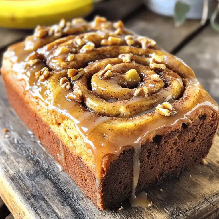 - 3 reife Bananen, püriert - 120 g ungesalzene Butter, geschmolzen - 200 g Kristallzucker - 2 große Eier - 1 Teelöffel reiner Vanilleextrakt Die Hauptzutaten sind einfach zu finden. Reife Bananen bringen den besten Geschmack. Verwende Butter, die richtig geschmolzen ist. Das macht den Teig feucht und lecker. Zucker ist wichtig für die Süße. Eier helfen, die Mischung zu binden. Vanilleextrakt gibt dem Brot einen feinen Geschmack. - 1 Teelöffel Natron - 1/2 Teelöffel Salz - 190 g Weizenmehl - 1 Esslöffel Zimt, gemahlen - 50 g Brauner Zucker Die trockenen Zutaten sind genauso wichtig. Natron hilft, das Brot aufgehen zu lassen. Salz bringt den Geschmack hervor. Weizenmehl gibt Struktur. Zimt sorgt für den typischen Zimtschnecken-Geschmack. Brauner Zucker fügt eine leichte Karamellnote hinzu. - 1 Esslöffel Milch (für die Glasur) - 75 g gehackte Walnüsse oder Pekannüsse Wenn du es etwas anders magst, füge Milch für die Glasur hinzu. So wird das Brot noch süßer. Nüsse bringen einen tollen Crunch. Du kannst Walnüsse oder Pekannüsse verwenden. Diese Zutaten geben dem Brot eine besondere Note. Für das vollständige Rezept besuche die Seite mit dem Full Recipe. Heize deinen Ofen auf 175°C vor. Dies sorgt dafür, dass das Brot gleichmäßig backt. Fette eine Kastenform (23x13 cm) gut ein oder lege sie mit Backpapier aus. So bleibt das Brot nicht kleben und lässt sich einfach herausnehmen. In einer großen Schüssel vermischst du die pürierten Bananen mit der geschmolzenen Butter. Mische sie gut, bis du eine glatte Masse bekommst. Füge dann den Kristallzucker, die Eier und den Vanilleextrakt hinzu. Rühre alles gut um, bis die Mischung schön glatt ist. Jetzt kommen das Natron und das Salz dazu. Mische sie ein, bis alles gut verbunden ist. Gib das Weizenmehl vorsichtig dazu und falte es in die Mischung. Rühre nicht zu lange, ein paar Klümpchen sind okay. In einer kleinen Schüssel mische Zimt und braunen Zucker. Gieß die Hälfte des Teigs in die Kastenform. Streue die Hälfte der Zimt-Zucker-Mischung gleichmäßig darüber. Gieß dann den restlichen Teig in die Form und streue die restliche Zimt-Zucker-Mischung oben drauf. Mit einem Messer swirlst du vorsichtig die beiden Teigschichten, um einen schönen Marmor-Effekt zu erzielen. Wenn du möchtest, kannst du gehackte Walnüsse oder Pekannüsse obenauf streuen. Backe das Brot 55-65 Minuten. Ein Zahnstocher sollte sauber herauskommen, wenn das Brot fertig ist. Lass es 10 Minuten in der Form abkühlen, bevor du es auf ein Kuchengitter legst. Für eine Glasur kannst du Milch mit Puderzucker verrühren und über das abgekühlte Brot träufeln. So wird es noch leckerer! Für das vollständige Rezept schau dir die Full Recipe an. Verwende überreife Bananen für mehr Geschmack. Diese sind süßer und weicher. Sie geben dem Brot die beste Konsistenz. Achte darauf, dass die Bananen braune Flecken haben. Diese zeigen an, dass sie reif sind. Du kannst sie auch im Kühlschrank lagern, wenn sie zu schnell reifen. Rühre den Teig nicht zu viel. Zu viel Rühren macht das Brot zäh und trocken. Mische die Zutaten nur, bis sie gerade verbunden sind. Es ist in Ordnung, wenn kleine Klümpchen bleiben. Das sorgt für eine fluffige Textur. Nutze einen Gummispatel, um den Teig sanft zu falten. Für die optionale Glasur mische einen Esslöffel Milch mit Puderzucker. Diese Mischung sollte dünn sein, damit sie schön über das Brot läuft. Träufle die Glasur nach dem Abkühlen über das Brot. So erhält es einen süßen Glanz und sieht toll aus. Du kannst auch Zimt hinzufügen, um den Geschmack zu verstärken. {{image_4}} Möchtest du dein Bananenbrot aufpeppen? Füge Schokoladenstückchen oder Trockenfrüchte hinzu. Schokoladenstückchen bringen eine süße Note. Trockenfrüchte wie Rosinen oder Cranberries bieten einen fruchtigen Geschmack. Das macht dein Brot noch interessanter. Du kannst die Stückchen einfach unter den Teig mischen, bevor du ihn backst. Für eine glutenfreie Variante kannst du glutenfreies Mehl verwenden. Viele Marken bieten eine Mischung, die den Geschmack nicht verändert. Ersetze einfach das Weizenmehl durch glutenfreies Mehl in der gleichen Menge. Achte darauf, dass du auch das Natron und das Salz nicht vergisst. Diese Zutaten helfen bei der Textur des Brotes. Wenn du eine vegane Version möchtest, ersetze die Eier und die Milch. Apfelmus oder Bananenpüree sind gute Ei-Ersatzstoffe. Du kannst auch pflanzliche Milch wie Mandel- oder Hafermilch verwenden. Diese Optionen halten den Geschmack und die Feuchtigkeit. So kannst du das Rezept für alle anpassen! Bewahre das Zimtschnecken-Bananenbrot bei Raumtemperatur auf. Lege es in einen luftdichten Behälter. So bleibt es frisch und saftig. Wenn du kein luftdichtes Gefäß hast, nutze Frischhaltefolie. Achte darauf, dass das Brot nicht zu feucht wird. So vermeidest du Schimmel. Du kannst das Bananenbrot auch einfrieren. Lass es zuerst vollständig abkühlen. Wickel das Brot dann in Frischhaltefolie ein. Danach lege es in einen Gefrierbeutel. So bleibt der Geschmack erhalten. Um es später zu verwenden, nimm das Brot aus dem Gefrierfach. Lass es über Nacht im Kühlschrank auftauen. Du kannst es auch direkt bei Zimmertemperatur auftauen lassen. Im Kühlschrank bleibt das Bananenbrot etwa eine Woche frisch. Achte darauf, dass es gut verpackt ist. So bleibt es länger lecker. Wenn du das Brot lange lagern willst, friere es ein. Das hält den Geschmack und die Feuchtigkeit. So kannst du das Zimtschnecken-Bananenbrot immer genießen! Die Zubereitung des Zimtschnecken-Bananenbrots dauert etwa 15 Minuten. Die Backzeit beträgt 55 bis 65 Minuten. Insgesamt sind es also etwa 1 Stunde und 15 Minuten. Diese Zeit reicht, um ein leckeres Brot zu backen, das du lieben wirst. Ja, du kannst das Rezept verdoppeln. Wenn du mehr Brot backen möchtest, verdopple alle Zutaten. Denke daran, die Backzeit leicht anzupassen. Ein größeres Brot kann etwas länger brauchen. Überprüfe die Garstufe mit einem Zahnstocher. Wenn das Brot nicht durchgebacken ist, schau zuerst in die Mitte. Stecke einen Zahnstocher hinein. Wenn er sauber herauskommt, ist es fertig. Wenn nicht, backe das Brot länger. Überprüfe es alle 5 Minuten. Wenn die Oberseite braun ist, decke es mit Folie ab. So bleibt es saftig und wird nicht zu dunkel. Zusammenfassend haben wir die Zutaten, Schritte und Variationen für Zimtschnecken-Bananenbrot besprochen. Überreife Bananen geben extra Geschmack. Einfache Tipps helfen dir bei der besten Textur. Denke daran, auch Optionen für glutenfreies oder veganes Brot zu nutzen. Mit meinen klaren Lagerhinweisen bleibt dein Brot frisch. Folge diesen Tipps und genieße deine köstlichen Kreationen!