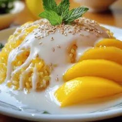 Um Thai Mango Sticky Rice zu machen, brauchst du: - 1 Tasse Klebereis (auch bekannt als Sticky Rice) - 1 1/2 Tassen Kokosmilch - 1/2 Tasse Zucker - 1/4 Teelöffel Salz - 2 reife Mangos, geschält und in Scheiben geschnitten Klebereis ist der wichtigste Teil des Rezepts. Er hat eine tolle, klebrige Textur. Kokosmilch macht das Gericht cremig und süß. Zucker und Salz bringen die Aromen in Einklang. Die reifen Mangos sorgen für die fruchtige Frische. Für die Garnierung empfehle ich: - 1 Esslöffel Sesamsamen (zum Garnieren) - Frische Minzblätter (zum Garnieren) Sesamsamen fügen einen schönen Crunch hinzu. Minzblätter bringen Farbe und einen frischen Geschmack. Diese kleinen Extras machen dein Dessert noch besser. Wenn du mehr über die Zubereitung erfahren möchtest, schau dir das [Full Recipe] an. - Reis waschen und einweichen: Beginnen Sie, indem Sie den Klebereis unter kaltem Wasser abspülen. Sie sollten das Wasser so lange ablaufen lassen, bis es klar ist. Dann legen Sie den Reis in eine Schüssel mit Wasser. Lassen Sie ihn mindestens vier Stunden oder über Nacht einweichen. Dies macht den Reis schön weich und klebrig. - Dämpfen des Reises: Nach dem Einweichen lassen Sie den Reis abtropfen. Legen Sie ihn in einen Dampfkorb, der mit einem sauberen Geschirrtuch ausgelegt ist. Dämpfen Sie den Reis für etwa 30 bis 40 Minuten. Er sollte dann durchsichtig und zart sein. - Zutaten kombinieren: Während der Reis dämpft, nehmen Sie einen kleinen Topf. Geben Sie die Kokosmilch, Zucker und Salz hinein. Mischen Sie alles gut. - Zucker auflösen: Stellen Sie den Topf bei mittlerer Hitze auf den Herd. Rühren Sie die Mischung, bis der Zucker sich vollständig aufgelöst hat. Nehmen Sie dann etwa 1/4 Tasse dieser Sauce zur Seite. Diese verwenden Sie später zum Drizzeln über das Gericht. - Reis und Kokossauce vereinen: Sobald der Reis fertig ist, geben Sie ihn in eine große Schüssel. Gießen Sie die restliche Kokossauce darüber. Mischen Sie alles gut, so dass der Reis gleichmäßig überzogen ist. Lassen Sie es etwa 15 bis 20 Minuten ruhen, damit die Aromen gut einziehen. - Servierempfehlungen: Nehmen Sie eine Portion des Klebereises und formen Sie einen Hügel auf einem Teller. Legen Sie die Mangoscheiben daneben. Träufeln Sie die reservierte Kokossauce darüber und streuen Sie Sesamsamen darauf. Garnieren Sie das Gericht mit frischen Minzblättern für zusätzlichen Geschmack und eine schöne Optik. Jetzt haben Sie ein köstliches Thai Mango Sticky Rice! Für das vollständige Rezept schauen Sie sich bitte die [Full Recipe] an. - Die richtige Einweichzeit: Lassen Sie den Klebereis mindestens vier Stunden einweichen. Über Nacht ist ideal. So wird der Reis weich und klebrig. - Dämpfen für optimale Textur: Dämpfen Sie den Reis in einem Dampfkorb. Verwenden Sie ein sauberes Geschirrtuch, um die Feuchtigkeit zu halten. Dämpfen Sie ihn 30 bis 40 Minuten lang. Der Reis sollte klar und zart sein. - Mit verschiedenen Süßungsmitteln experimentieren: Probieren Sie Honig oder Agavendicksaft statt Zucker. Diese geben der Sauce eine neue Note. - Zusatz von Aromen: Fügen Sie etwas Vanille oder Pandanblatt hinzu. Diese Aromen verstärken den Geschmack der Kokossauce. - Präsentation für besondere Anlässe: Servieren Sie den Klebereis in kleinen Schalen. Fügen Sie die Mangoscheiben daneben hinzu. So sieht es schön aus und schmeckt noch besser. - Kombination mit anderen Desserts: Probieren Sie, den Klebereis mit frischen Früchten oder Eis zu kombinieren. Das bringt Abwechslung auf den Teller. Für das vollständige Rezept und weitere Details, schauen Sie sich das [Full Recipe] an. {{image_4}} Du kannst Thai Mango Sticky Rice mit anderen Früchten anpassen. Ananas, Papaya oder sogar Beeren sind tolle Optionen. Diese Früchte bringen verschiedene Aromen und Farben ins Spiel. Saisonale Abwandlungen sind ebenfalls spannend. Im Sommer sind Pfirsiche und Kirschen frisch und saftig. Im Winter kannst du Äpfel oder Birnen verwenden. So bleibt das Gericht das ganze Jahr über interessant. Eine nussige Note macht dein Gericht noch besser. Du kannst Mandeln, Cashews oder Erdnüsse hinzufügen. Diese Nüsse geben Crunch und einen tollen Geschmack. Kokosraspeln sind eine weitere großartige Ergänzung. Sie verstärken das tropische Aroma und sorgen für eine schöne Textur. Streue sie einfach über das fertige Gericht. Für vegane Freunde gibt es auch einfache Alternativen. Verwende Agavendicksaft oder Kokosblütenzucker anstelle von weißem Zucker. Diese Optionen sind weniger raffiniert und gesünder. Anstelle von Milch kannst du auch pflanzliche Milch verwenden. Mandel- oder Hafermilch sind großartige Alternativen. Diese Anpassungen machen das Gericht für alle geeignet. Für weitere Details schaue dir das Full Recipe an. Um Ihren übrig gebliebenen Klebereis frisch zu halten, lagern Sie ihn luftdicht. Ein luftdichtes Behältnis hilft, Feuchtigkeit zu bewahren und Gerüche zu vermeiden. Legen Sie den Behälter einfach in den Kühlschrank. Der Klebereis hält sich dort etwa 3 bis 4 Tage. Wenn es Zeit ist, den Klebereis wieder aufzuwärmen, gibt es ein paar gute Methoden. Die beste Methode ist, den Reis im Dampfgarer zu erwärmen. Dies hilft, die Textur zu bewahren. Sie können auch die Mikrowelle verwenden, aber der Reis könnte etwas trocken werden. Wenn Sie die Mikrowelle nutzen, fügen Sie ein wenig Wasser hinzu und decken Sie den Behälter ab. Um Lebensmittelverschwendung zu vermeiden, nutzen Sie die Reste kreativ. Sie können den Klebereis in eine Frucht-Schüssel einfügen oder als Füllung für Pfannkuchen verwenden. Eine weitere Möglichkeit ist, Portionsgrößen einzufrieren. Teilen Sie den Klebereis in kleine Portionen auf, bevor Sie ihn einfrieren. So haben Sie immer eine schnelle Nachspeise zur Hand. Um den besten Thai Mango Sticky Rice zu machen, ist die Konsistenz wichtig. Der Klebereis sollte weich und klebrig sein. Ein paar Tipps helfen dabei: - Weichen Sie den Reis mindestens vier Stunden oder über Nacht ein. - Dämpfen Sie den Reis, bis er durchsichtig ist. Das dauert etwa 30 bis 40 Minuten. - Mischen Sie den Reis gut mit der Kokossauce. Lassen Sie ihn dann 15 bis 20 Minuten ruhen. Eine gute Mischung macht den Reis zart und geschmackvoll. So kommt der volle Geschmack zur Geltung. In Thailand wird Mango Klebreis oft mit frischen Mangos serviert. Manchmal verwenden die Leute auch Erdnüsse oder Mungbohnen. Diese Beilagen bringen Crunch und andere Geschmäcker. Die Kombination aus süßem Reis und frischen Mangos ist einfach lecker. In vielen Regionen Thailands wird dieses Gericht auch mit besonderen Festen verbunden. Es ist ein beliebtes Dessert oder Snack. Ja, Sie können alternative Süßstoffe nutzen. Einige gute Optionen sind: - Honig - Agavendicksaft - Kokoszucker Diese Süßstoffe können den Geschmack leicht verändern. Achten Sie darauf, die Menge anzupassen. Der richtige Süßstoff macht den Mango Klebereis besonders lecker. Probieren Sie es aus, um Ihren Favoriten zu finden. Wenn Sie mehr lernen möchten, schauen Sie sich das [Full Recipe] an. Thai Mango Sticky Rice ist ein tropisches Luxusdessert, das einfach zuzubereiten ist. Du brauchst Klebereis, Kokosmilch, Zucker und reife Mangos. Die richtigen Garnierungen wie Sesamsamen und frische Minze machen es besonders. Mit meinen Schritten kannst du hervorragenden Klebereis und die perfekte Kokossauce zubereiten. Experimentiere mit verschiedenen Früchten oder Nüssen für mehr Geschmack. Denke daran, Reste gut zu lagern. Dieses köstliche Gericht ist einfach, schnell und passt zu jedem Anlass. Mach dir selbst eine Freude und probiere es aus!