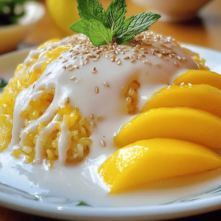 Um Thai Mango Sticky Rice zu machen, brauchst du: - 1 Tasse Klebereis (auch bekannt als Sticky Rice) - 1 1/2 Tassen Kokosmilch - 1/2 Tasse Zucker - 1/4 Teelöffel Salz - 2 reife Mangos, geschält und in Scheiben geschnitten Klebereis ist der wichtigste Teil des Rezepts. Er hat eine tolle, klebrige Textur. Kokosmilch macht das Gericht cremig und süß. Zucker und Salz bringen die Aromen in Einklang. Die reifen Mangos sorgen für die fruchtige Frische. Für die Garnierung empfehle ich: - 1 Esslöffel Sesamsamen (zum Garnieren) - Frische Minzblätter (zum Garnieren) Sesamsamen fügen einen schönen Crunch hinzu. Minzblätter bringen Farbe und einen frischen Geschmack. Diese kleinen Extras machen dein Dessert noch besser. Wenn du mehr über die Zubereitung erfahren möchtest, schau dir das [Full Recipe] an. - Reis waschen und einweichen: Beginnen Sie, indem Sie den Klebereis unter kaltem Wasser abspülen. Sie sollten das Wasser so lange ablaufen lassen, bis es klar ist. Dann legen Sie den Reis in eine Schüssel mit Wasser. Lassen Sie ihn mindestens vier Stunden oder über Nacht einweichen. Dies macht den Reis schön weich und klebrig. - Dämpfen des Reises: Nach dem Einweichen lassen Sie den Reis abtropfen. Legen Sie ihn in einen Dampfkorb, der mit einem sauberen Geschirrtuch ausgelegt ist. Dämpfen Sie den Reis für etwa 30 bis 40 Minuten. Er sollte dann durchsichtig und zart sein. - Zutaten kombinieren: Während der Reis dämpft, nehmen Sie einen kleinen Topf. Geben Sie die Kokosmilch, Zucker und Salz hinein. Mischen Sie alles gut. - Zucker auflösen: Stellen Sie den Topf bei mittlerer Hitze auf den Herd. Rühren Sie die Mischung, bis der Zucker sich vollständig aufgelöst hat. Nehmen Sie dann etwa 1/4 Tasse dieser Sauce zur Seite. Diese verwenden Sie später zum Drizzeln über das Gericht. - Reis und Kokossauce vereinen: Sobald der Reis fertig ist, geben Sie ihn in eine große Schüssel. Gießen Sie die restliche Kokossauce darüber. Mischen Sie alles gut, so dass der Reis gleichmäßig überzogen ist. Lassen Sie es etwa 15 bis 20 Minuten ruhen, damit die Aromen gut einziehen. - Servierempfehlungen: Nehmen Sie eine Portion des Klebereises und formen Sie einen Hügel auf einem Teller. Legen Sie die Mangoscheiben daneben. Träufeln Sie die reservierte Kokossauce darüber und streuen Sie Sesamsamen darauf. Garnieren Sie das Gericht mit frischen Minzblättern für zusätzlichen Geschmack und eine schöne Optik. Jetzt haben Sie ein köstliches Thai Mango Sticky Rice! Für das vollständige Rezept schauen Sie sich bitte die [Full Recipe] an. - Die richtige Einweichzeit: Lassen Sie den Klebereis mindestens vier Stunden einweichen. Über Nacht ist ideal. So wird der Reis weich und klebrig. - Dämpfen für optimale Textur: Dämpfen Sie den Reis in einem Dampfkorb. Verwenden Sie ein sauberes Geschirrtuch, um die Feuchtigkeit zu halten. Dämpfen Sie ihn 30 bis 40 Minuten lang. Der Reis sollte klar und zart sein. - Mit verschiedenen Süßungsmitteln experimentieren: Probieren Sie Honig oder Agavendicksaft statt Zucker. Diese geben der Sauce eine neue Note. - Zusatz von Aromen: Fügen Sie etwas Vanille oder Pandanblatt hinzu. Diese Aromen verstärken den Geschmack der Kokossauce. - Präsentation für besondere Anlässe: Servieren Sie den Klebereis in kleinen Schalen. Fügen Sie die Mangoscheiben daneben hinzu. So sieht es schön aus und schmeckt noch besser. - Kombination mit anderen Desserts: Probieren Sie, den Klebereis mit frischen Früchten oder Eis zu kombinieren. Das bringt Abwechslung auf den Teller. Für das vollständige Rezept und weitere Details, schauen Sie sich das [Full Recipe] an. {{image_4}} Du kannst Thai Mango Sticky Rice mit anderen Früchten anpassen. Ananas, Papaya oder sogar Beeren sind tolle Optionen. Diese Früchte bringen verschiedene Aromen und Farben ins Spiel. Saisonale Abwandlungen sind ebenfalls spannend. Im Sommer sind Pfirsiche und Kirschen frisch und saftig. Im Winter kannst du Äpfel oder Birnen verwenden. So bleibt das Gericht das ganze Jahr über interessant. Eine nussige Note macht dein Gericht noch besser. Du kannst Mandeln, Cashews oder Erdnüsse hinzufügen. Diese Nüsse geben Crunch und einen tollen Geschmack. Kokosraspeln sind eine weitere großartige Ergänzung. Sie verstärken das tropische Aroma und sorgen für eine schöne Textur. Streue sie einfach über das fertige Gericht. Für vegane Freunde gibt es auch einfache Alternativen. Verwende Agavendicksaft oder Kokosblütenzucker anstelle von weißem Zucker. Diese Optionen sind weniger raffiniert und gesünder. Anstelle von Milch kannst du auch pflanzliche Milch verwenden. Mandel- oder Hafermilch sind großartige Alternativen. Diese Anpassungen machen das Gericht für alle geeignet. Für weitere Details schaue dir das Full Recipe an. Um Ihren übrig gebliebenen Klebereis frisch zu halten, lagern Sie ihn luftdicht. Ein luftdichtes Behältnis hilft, Feuchtigkeit zu bewahren und Gerüche zu vermeiden. Legen Sie den Behälter einfach in den Kühlschrank. Der Klebereis hält sich dort etwa 3 bis 4 Tage. Wenn es Zeit ist, den Klebereis wieder aufzuwärmen, gibt es ein paar gute Methoden. Die beste Methode ist, den Reis im Dampfgarer zu erwärmen. Dies hilft, die Textur zu bewahren. Sie können auch die Mikrowelle verwenden, aber der Reis könnte etwas trocken werden. Wenn Sie die Mikrowelle nutzen, fügen Sie ein wenig Wasser hinzu und decken Sie den Behälter ab. Um Lebensmittelverschwendung zu vermeiden, nutzen Sie die Reste kreativ. Sie können den Klebereis in eine Frucht-Schüssel einfügen oder als Füllung für Pfannkuchen verwenden. Eine weitere Möglichkeit ist, Portionsgrößen einzufrieren. Teilen Sie den Klebereis in kleine Portionen auf, bevor Sie ihn einfrieren. So haben Sie immer eine schnelle Nachspeise zur Hand. Um den besten Thai Mango Sticky Rice zu machen, ist die Konsistenz wichtig. Der Klebereis sollte weich und klebrig sein. Ein paar Tipps helfen dabei: - Weichen Sie den Reis mindestens vier Stunden oder über Nacht ein. - Dämpfen Sie den Reis, bis er durchsichtig ist. Das dauert etwa 30 bis 40 Minuten. - Mischen Sie den Reis gut mit der Kokossauce. Lassen Sie ihn dann 15 bis 20 Minuten ruhen. Eine gute Mischung macht den Reis zart und geschmackvoll. So kommt der volle Geschmack zur Geltung. In Thailand wird Mango Klebreis oft mit frischen Mangos serviert. Manchmal verwenden die Leute auch Erdnüsse oder Mungbohnen. Diese Beilagen bringen Crunch und andere Geschmäcker. Die Kombination aus süßem Reis und frischen Mangos ist einfach lecker. In vielen Regionen Thailands wird dieses Gericht auch mit besonderen Festen verbunden. Es ist ein beliebtes Dessert oder Snack. Ja, Sie können alternative Süßstoffe nutzen. Einige gute Optionen sind: - Honig - Agavendicksaft - Kokoszucker Diese Süßstoffe können den Geschmack leicht verändern. Achten Sie darauf, die Menge anzupassen. Der richtige Süßstoff macht den Mango Klebereis besonders lecker. Probieren Sie es aus, um Ihren Favoriten zu finden. Wenn Sie mehr lernen möchten, schauen Sie sich das [Full Recipe] an. Thai Mango Sticky Rice ist ein tropisches Luxusdessert, das einfach zuzubereiten ist. Du brauchst Klebereis, Kokosmilch, Zucker und reife Mangos. Die richtigen Garnierungen wie Sesamsamen und frische Minze machen es besonders. Mit meinen Schritten kannst du hervorragenden Klebereis und die perfekte Kokossauce zubereiten. Experimentiere mit verschiedenen Früchten oder Nüssen für mehr Geschmack. Denke daran, Reste gut zu lagern. Dieses köstliche Gericht ist einfach, schnell und passt zu jedem Anlass. Mach dir selbst eine Freude und probiere es aus!