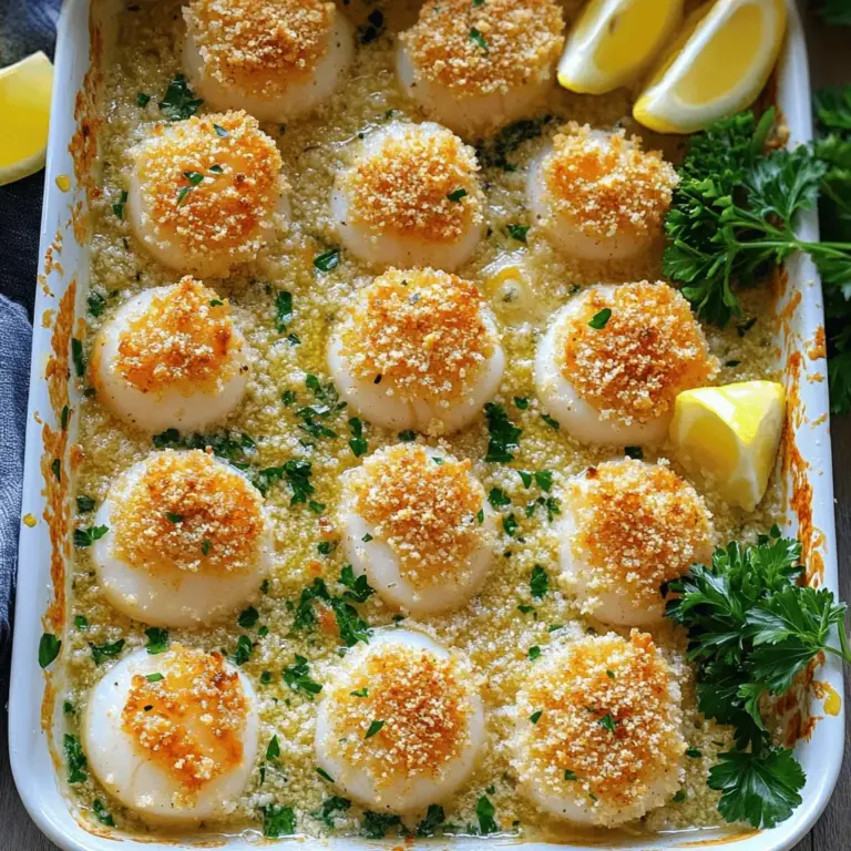 - 450 g frische Jakobsmuscheln - 60 g ungesalzene Butter - 4 Knoblauchzehen Die Hauptzutaten sind einfach und frisch. Jakobsmuscheln sind der Star dieses Gerichts. Sie sollten frisch und fest sein. Die Butter bringt den reichen Geschmack. Der Knoblauch gibt eine schöne Tiefe und Aroma. - 1 Esslöffel Zitronensaft - 1 Esslöffel frische Petersilie - 1 Teelöffel Paprika Die Gewürze sind wichtig. Zitronensaft bringt Frische. Petersilie fügt Farbe und einen frischen Geschmack hinzu. Paprika gibt etwas Wärme und eine schöne Farbe. Diese Zutaten machen das Gericht lebendig. - 120 g Semmelbrösel (idealerweise Panko) - Salz und Pfeffer Die Kruste ist der Höhepunkt. Panko macht sie schön knusprig. Salz und Pfeffer bringen den Geschmack hervor. Diese Zutaten sorgen für eine tolle Textur und einen leckeren Biss. Für die vollständigen Anleitung und Details, schauen Sie sich das Full Recipe an. Heize zuerst deinen Ofen auf 200°C vor. Das ist wichtig, damit die Jakobsmuscheln gleichmäßig garen. Fette dann eine Auflaufform leicht ein. So kleben die Muscheln nicht fest. In einer kleinen Schüssel vermenge nun die geschmolzene Butter, die fein gehackten Knoblauchzehen, den Zitronensaft, die gehackte Petersilie, das Paprika, Salz und Pfeffer. Rühre alles gut um. Du willst eine glatte Knoblauchbuttersauce. Lege die gereinigten Jakobsmuscheln gleichmäßig in die vorbereitete Auflaufform. Achte darauf, dass sie in einer einzigen Schicht liegen. Das hilft beim Garen. Gieße dann die Hälfte der Knoblauchbuttersauce über die Muscheln. Stelle sicher, dass jede Muschel gut umhüllt ist. So wird der Geschmack intensiv. Streue die Semmelbrösel gleichmäßig über die Muscheln. Diese geben einen schönen Crunch. Träufle die restliche Knoblauchbuttersauce darüber, um die Brösel leicht zu befeuchten. Backe die Muscheln im vorgeheizten Ofen für etwa 12-15 Minuten. Überprüfe regelmäßig die Garstufe. Die Jakobsmuscheln sind fertig, wenn sie gar sind und die obere Schicht goldbraun und knusprig ist. Um zarte Jakobsmuscheln zu erhalten, ist die Garzeit entscheidend. Backen Sie die Muscheln nur 12 bis 15 Minuten. Zu langes Kochen macht sie gummiartig. Achten Sie darauf, dass die Muscheln schön weiß und fest sind. Für mehr Geschmack können Sie Zutaten hinzufügen. Feta-Käse oder frische Kräuter bringen eine neue Dimension. Achten Sie auch auf die Butter. Ungesalzene Butter ist ideal. Sie lässt die anderen Aromen strahlen. Servieren Sie die Jakobsmuscheln mit frischem Brot oder einem knackigen Salat. Beilagen wie gebratenes Gemüse passen gut dazu. Ein Spritzer Zitronensaft hebt die Aromen hervor. Garnieren Sie die Muscheln mit Petersilie und Zitronenscheiben. Sie machen die Speise lebendig und einladend. Für die vollständige Anleitung und weitere Tipps, schauen Sie sich das Full Recipe an. {{image_4}} Eine mediterrane Note bringt frischen Feta oder süße Tomaten. Feta hat einen tollen, salzigen Geschmack. Fügen Sie gewürfelte Tomaten hinzu für mehr Frische. Diese Zugaben machen das Gericht noch bunter und schmackhafter. Für eine asiatische Note nutzen Sie Sojasauce oder Ingwer. Sojasauce bringt eine salzige Tiefe. Ingwer fügt eine scharfe Frische hinzu. Diese Zutaten geben den Jakobsmuscheln ein neues Leben und einen spannenden Twist. Wenn Sie eine vegetarische Option suchen, probieren Sie Zucchini oder Blumenkohl. Diese Gemüse nehmen die Aromen der Knoblauchbuttersauce gut auf. Sie können auch Pilze verwenden, um einen herzhaften Geschmack zu erzielen. So bleibt das Gericht lecker und sättigend. Das vollständige Rezept finden Sie hier: [Full Recipe]. - Kühlung und Haltbarkeit Wenn du Jakobsmuscheln übrig hast, lege sie in einen luftdichten Behälter. Sie bleiben frisch im Kühlschrank für etwa zwei Tage. Achte darauf, dass sie gut abgedeckt sind, um Gerüche zu vermeiden. - Beste Methoden zum Aufwärmen der Jakobsmuscheln Um die Jakobsmuscheln wieder aufzuwärmen, nutze den Ofen. Heize ihn auf 180°C vor. Lege die Muscheln auf ein Backblech und bedecke sie leicht mit Folie. Backe sie für etwa 8 bis 10 Minuten. So bleiben sie zart und saftig. - Anleitung für das Einfrieren und Auftauen Wenn du die Jakobsmuscheln länger aufbewahren möchtest, kannst du sie einfrieren. Lege die gekochten Muscheln in einen luftdichten Behälter. Friere sie ein, und sie halten sich bis zu drei Monate. Zum Auftauen, lege sie über Nacht in den Kühlschrank. So bleiben sie frisch und lecker. Für das vollständige Rezept, schau dir die Knoblauchbutter Gebratene Jakobsmuscheln an! Die optimale Backzeit für Jakobsmuscheln beträgt etwa 12 bis 15 Minuten. Heizen Sie Ihren Ofen auf 200°C vor. Legen Sie die Muscheln in eine Auflaufform und gießen Sie die Knoblauchbuttersauce darüber. Backen Sie sie, bis die Muscheln gar sind und die Oberfläche goldbraun und knusprig ist. Achten Sie darauf, dass Sie die Muscheln nicht zu lange backen. Zu langes Garen macht sie zäh und trocken. Ja, Sie können gefrorene Jakobsmuscheln verwenden. Achten Sie darauf, sie zuerst vollständig aufzutauen. Legen Sie die gefrorenen Muscheln in den Kühlschrank, um sie über Nacht aufzutauen. Dies sorgt für gleichmäßiges Garen. Wenn sie aufgetaut sind, können Sie sie wie frische Muscheln zubereiten. Prüfen Sie auch, dass sie gut gereinigt sind, bevor Sie sie backen. Jakobsmuscheln passen gut zu vielen Beilagen. Ein frischer grüner Salat mit Zitrus-Dressing ergänzt die Aromen. Auch Pasta mit leichtem Pesto ist eine tolle Wahl. Für Getränke empfehle ich einen trockenen Weißwein oder spritzigen Sekt. Diese Kombinationen heben den Geschmack der Jakobsmuscheln hervor und machen Ihr Gericht noch besser. Für das vollständige Rezept von Knoblauchbutter Gebratene Jakobsmuscheln, schauen Sie hier: [Knoblauchbutter Gebratene Jakobsmuscheln Rezept](#). Zusammenfassend haben wir die wichtigsten Schritte zur Zubereitung von Jakobsmuscheln besprochen. Du hast gelernt, welche Zutaten du benötigst und wie du sie richtig vorbereitest. Tipps für die perfekte Zubereitung und verschiedene Variationen geben deinem Gericht einen neuen Geschmack. Egal, ob du die Muscheln im Ofen backst oder neue Kombinationen ausprobierst, das Ergebnis wird köstlich sein. Lass dich beim Kochen inspirieren und genieße die Ergebnisse!