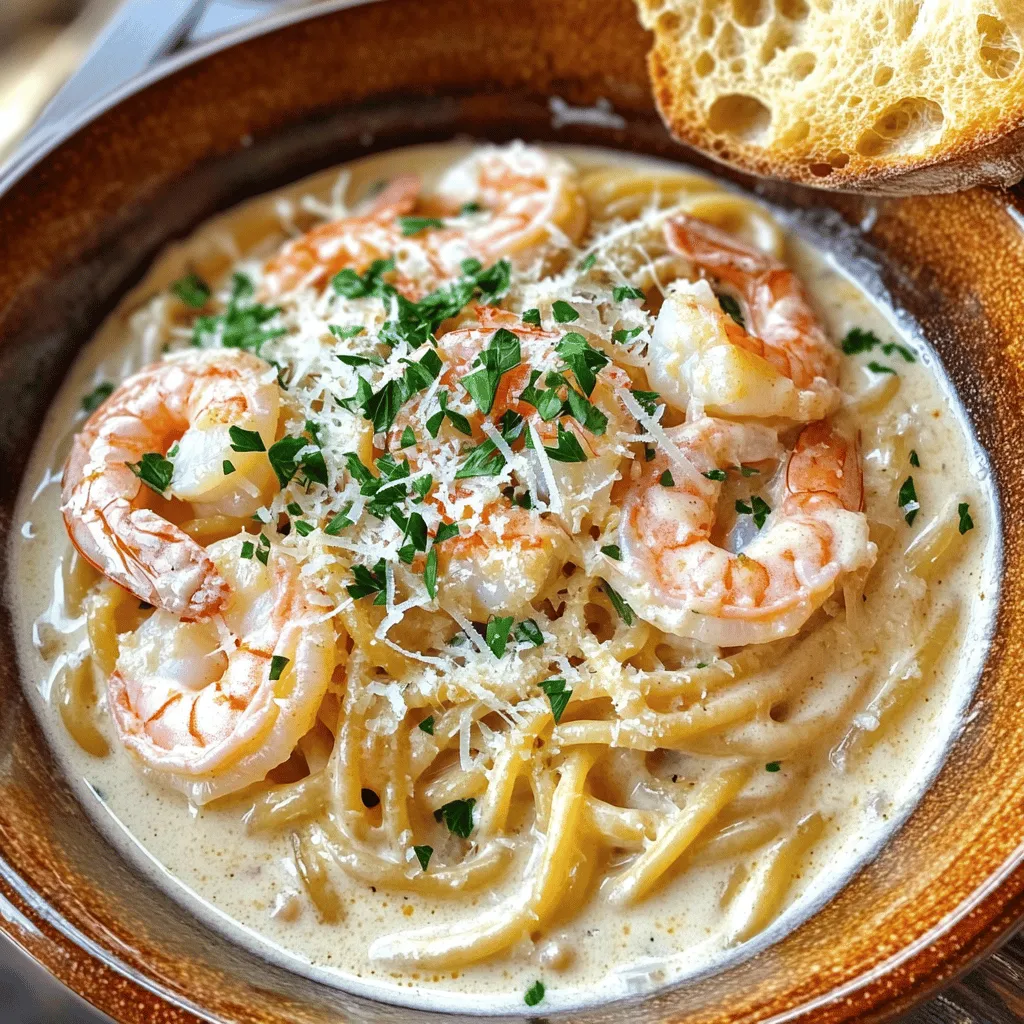 Um cremige Knoblauch-Garnelen zuzubereiten, brauchst du diese Zutaten: - 450 g große Garnelen, geschält und entdarmt - 4 Knoblauchzehen, fein gehackt - 2 Esslöffel ungesalzene Butter - 240 ml Sahne - 50 g geriebener Parmesan Diese Hauptzutaten sind entscheidend für den Geschmack. Die Garnelen bringen eine zarte Textur, während die Sahne und der Parmesan die cremige Basis bilden. Knoblauch gibt der Sauce einen kräftigen Geschmack. Hier sind die Gewürze und Beilagen, die du benötigst: - 1 Teelöffel Paprika - 1/2 Teelöffel rote Pfefferflocken (optional) - Salz und Pfeffer nach Geschmack - Frische Petersilie, gehackt (zum Garnieren) - Gekochte Pasta nach Wahl (z. B. Fettuccine oder Linguine) Paprika und Pfefferflocken bringen die nötige Würze. Frische Petersilie fügt Farbe und Frische hinzu. Pasta eignet sich perfekt, um die cremige Sauce aufzunehmen. Wähle frische oder gefrorene Garnelen. Achte auf diese Tipps: - Garnelen sollten fest und glänzend sein. - Vermeide Garnelen mit dunklen Flecken. - Kaufe große Garnelen für mehr Biss. Die Qualität der Garnelen beeinflusst den Geschmack stark. Frische Garnelen haben ein besseres Aroma und eine zartere Textur. Um die Garnelen zuzubereiten, erhitze ich eine große Pfanne bei mittlerer Hitze. Ich gebe die ungesalzene Butter hinein. Die Butter schmilzt schnell und wird schaumig. Dann füge ich die fein gehackten Knoblauchzehen hinzu und brate sie kurz an. Nach etwa 30 Sekunden duftet es herrlich und ich achte darauf, dass der Knoblauch nicht verbrennt. Jetzt kommen die großen Garnelen in die Pfanne. Ich würze sie mit Salz, Pfeffer und Paprika. Nach 2-3 Minuten wende ich die Garnelen. Sie sind fertig, wenn sie rosa und durchscheinend sind. Nach dem Braten der Garnelen reduziere ich die Hitze auf niedrig. Ich gieße die Sahne in die Pfanne und rühre gut um. Die Sauce köchelt etwa 2 Minuten, damit sie leicht eindickt. Um die Sauce cremig zu machen, füge ich nach und nach den geriebenen Parmesan hinzu. Ich rühre weiter, bis er schmilzt und die Sauce schön cremig wird. Jetzt ist es Zeit, die gekochte Pasta hinzuzufügen. Ich mische die Pasta gut mit der cremigen Sauce und den Garnelen. Das sorgt dafür, dass jeder Biss voll von Geschmack ist. Ich serviere die cremige Knoblauch-Garnelen-Pasta in einer flachen Schüssel. Ein Hauch von frischer Petersilie sorgt für Farbe und Frische. Wenn ich möchte, kann ich noch mehr Parmesan darüber streuen. Diese Kombination schmeckt einfach himmlisch! Für einen besonderen Genuss serviere ich knuspriges Brot dazu, um die Sauce aufzutunken. Genießen Sie die cremige Knoblauch-Garnelen-Delikatesse! [Full Recipe] Garnelen sind schnell gar. Sie brauchen nur 2-3 Minuten pro Seite. Achten Sie darauf, dass sie rosa und durchscheinend sind. So bleiben sie saftig. Überkochen Sie die Garnelen nicht; sie werden dann zäh. Verwenden Sie eine große Pfanne, damit sie gleichmäßig garen. Um die Sauce cremig zu machen, verwenden Sie frische Sahne. Fügen Sie den geriebenen Parmesan nach und nach hinzu. Rühren Sie gut um, damit der Käse schmilzt. Dies sorgt für eine tolle Konsistenz. Sie können auch etwas mehr Sahne oder Käse hinzufügen, wenn Sie es reicher mögen. Achten Sie darauf, die Hitze niedrig zu halten, damit die Sauce nicht kocht. Wenn Sie Kräuter oder Gewürze variieren möchten, probieren Sie frischen Thymian oder Oregano. Diese passen gut zu Garnelen. Auch frische Zitrone verleiht einen tollen Geschmack. Für einen scharfen Kick können Sie Chili oder Cayennepfeffer verwenden. Seien Sie kreativ und passen Sie die Aromen an Ihren Geschmack an. Für das vollständige Rezept, schauen Sie sich die [Full Recipe] an. {{image_4}} Um das Gericht gesünder zu gestalten, füge Gemüse hinzu. Brokkoli, Spinat oder Paprika passen gut. Brate das Gemüse kurz in der Pfanne, bevor du die Garnelen hinzufügst. Das bringt Farbe und Nährstoffe in dein Essen. Du kannst auch Zucchini oder Erbsen verwenden. Diese Variationen machen deine cremigen Knoblauch-Garnelen noch leckerer und bunter. Für einen mediterranen Touch, füge frische Tomaten hinzu. Halbiere sie und brate sie mit dem Knoblauch an. Die Tomaten geben der Sauce eine süße Note und viel Geschmack. Du kannst auch getrocknete Tomaten verwenden, wenn frische nicht verfügbar sind. Diese Variante bringt einen tollen Geschmack und eine schöne Farbe in dein Gericht. Wenn du es scharf magst, nutze mehr rote Pfefferflocken oder füge frische Chili hinzu. Das gibt deinen Garnelen einen würzigen Kick. Mische auch etwas Cayennepfeffer unter die Sauce für mehr Hitze. Achte darauf, die Schärfe nach deinem Geschmack anzupassen. Diese gewürzte Version bringt das Gericht auf ein ganz neues Level. Für die vollständige Zubereitung, schau dir das Rezept für cremige Knoblauch-Garnelen an. Um die Reste Ihrer cremigen Knoblauch-Garnelen gut zu lagern, verwenden Sie einen luftdichten Behälter. Lassen Sie die Garnelen zuerst auf Raumtemperatur abkühlen. Danach legen Sie sie in den Behälter und verschließen ihn. Diese Methode hält die Garnelen frisch und lecker. Wenn Sie die Garnelen aufwärmen möchten, nutzen Sie die Mikrowelle. Stellen Sie die Garnelen in eine mikrowellengeeignete Schüssel. Fügen Sie einen Spritzer Wasser hinzu, um die Feuchtigkeit zu bewahren. Decken Sie die Schüssel mit einem Deckel oder einem feuchten Tuch ab. Erwärmen Sie sie in 30-Sekunden-Intervallen. Rühren Sie zwischendurch um, um eine gleichmäßige Erwärmung zu gewährleisten. Für die Langzeitlagerung frieren Sie die Garnelen ein. Teilen Sie die Reste in Portionen auf und legen Sie sie in gefriergeeignete Beutel. Drücken Sie die Luft heraus und beschriften Sie die Beutel mit dem Datum. So bleiben die Garnelen bis zu drei Monate frisch. Zum Auftauen legen Sie die Beutel einfach in den Kühlschrank oder tauen sie direkt in der Mikrowelle auf. Cremige Knoblauch-Garnelen halten sich etwa 2 bis 3 Tage im Kühlschrank. Bewahren Sie die Reste in einem luftdichten Behälter auf. So bleibt der Geschmack frisch. Wenn Sie sie aufwärmen, achten Sie darauf, sie nicht zu lange zu erhitzen. So bleibt die Sauce cremig und die Garnelen zart. Ja, Sie können dieses Rezept ohne Sahne machen. Eine gute Alternative ist die Verwendung von Kokosmilch oder einer pflanzlichen Sahne. Diese Optionen geben einen tollen Geschmack und machen das Gericht leichter. Wenn Sie es noch cremiger mögen, können Sie auch Frischkäse verwenden. Dies verleiht dem Gericht eine reichhaltige Textur. Zu cremigen Knoblauch-Garnelen passen viele Beilagen gut. Hier sind einige Vorschläge: - Gekochte Pasta (Fettuccine oder Linguine) - Reis, um die Sauce aufzunehmen - Gegrilltes Gemüse für mehr Geschmack - Ein frischer Salat für einen knackigen Kontrast Diese Beilagen ergänzen die Aromen der Garnelen perfekt und machen das Essen noch köstlicher. In diesem Artikel haben wir die Hauptzutaten für cremige Knoblauch-Garnelen sowie deren Zubereitung besprochen. Ich habe Tipps gegeben, um die Garnelen perfekt zuzubereiten und die Sauce extra cremig zu machen. Variationen und Lagerinformationen runden unser Rezept ab. Denke daran, dass du mit verschiedenen Kräutern und Gewürzen deinen eigenen Geschmack kreieren kannst. Cremige Knoblauch-Garnelen sind einfach und lecker. Probiere es aus und genieße dein Gericht!
