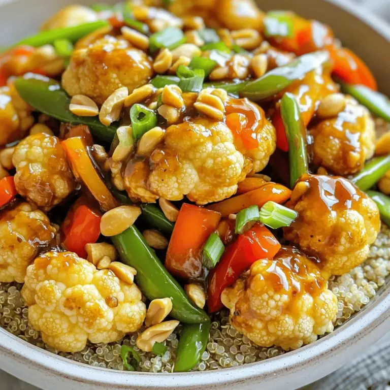 Für unser Kung Pao Blumenkohl Gericht benötigen wir frische und bunte Zutaten. Hier ist die Liste der Hauptzutaten: - 1 Kopf Blumenkohl, in Röschen zerteilt - 1 Tasse Paprika, gewürfelt (rot, grün oder gelb) - 1 Tasse Zuckerschoten, zugeschnitten - 1/2 Tasse geröstete Erdnüsse Diese Zutaten bringen Farbe und Textur in dein Gericht. Der Blumenkohl ist die Hauptzutat und gibt uns eine tolle Basis. Die Paprika und die Zuckerschoten sorgen für Crunch und Frische. Die Gewürze und Saucen machen das Gericht besonders lecker. Hier sind die wichtigsten: - 3 Esslöffel Sojasoße (oder Tamari) - 2 Esslöffel Reisessig - 1 Esslöffel Hoisinsoße - 2 Esslöffel Sesamöl - 2 Knoblauchzehen, fein gehackt - 1 Zoll Ingwer, fein gehackt - 1 Teelöffel rote Chiliflocken (je nach Schärfewunsch anpassen) - Salz und Pfeffer nach Geschmack Diese Aromen verleihen dem Blumenkohl den typischen Kung Pao Geschmack. Die Sojasoße und der Reisessig sorgen für Umami und Säure, während der Ingwer und der Knoblauch Tiefe und Wärme bringen. Um das Gericht abzurunden, empfehle ich diese Ergänzungen: - Gekochter Reis oder Quinoa (zum Servieren) - Frühlingszwiebeln, in Ringe geschnitten (zum Garnieren) Der Reis oder die Quinoa geben dem Gericht eine sättigende Grundlage. Die Frühlingszwiebeln bringen einen frischen Kick. Du kannst das Gericht auch mit weiteren Beilagen wie einem einfachen Salat kombinieren. Für die komplette Zubereitung schaue dir das [Full Recipe] an. Zuerst zerteilst du den Blumenkohl in kleine Röschen. Diese Stücke sollten gleichmäßig sein, damit sie gleichmäßig garen. Gib die Röschen in eine große Schüssel. Füge 1 Esslöffel Sesamöl hinzu und eine Prise Salz und Pfeffer. Vermische alles gut. Dann verteile die Röschen auf einem Backblech. Röste sie in einem vorgeheizten Ofen bei 200°C für etwa 20 Minuten. Wende sie nach der Hälfte der Zeit. So erzielst du eine schöne goldbraune Farbe und zarte Textur. Während der Blumenkohl röstet, kannst du die Soße zubereiten. Nimm eine kleine Schüssel und gib die Sojasoße, den Reisessig, die Hoisinsoße und die roten Chiliflocken hinein. Mische alles gut durch und stelle die Schüssel beiseite. Diese Mischung bringt viel Geschmack in dein Gericht. Sie ist einfach, aber sehr lecker. Jetzt erhitzt du 1 Esslöffel Sesamöl in einer großen Pfanne oder einem Wok bei mittlerer bis hoher Hitze. Füge den gehackten Knoblauch und Ingwer hinzu. Brate sie etwa 30 Sekunden lang, bis sie duften. Dann gib die gewürfelte Paprika und die Zuckerschoten in die Pfanne. Brate das Gemüse 3-4 Minuten lang, bis es zart, aber noch knackig ist. Wenn der Blumenkohl fertig ist, gib ihn zusammen mit der vorbereiteten Soße in die Pfanne. Mische alles gut, sodass die Soße gleichmäßig verteilt ist. Füge die gerösteten Erdnüsse hinzu und brate alles noch einmal für 2 Minuten. So verbinden sich die Aromen und du bekommst ein köstliches Gericht. Garnieren kannst du das Ganze mit Frühlingszwiebelringen. Der Kung Pao Blumenkohl ist nun bereit zum Servieren! Probiere dazu gekochten Reis oder Quinoa aus [Full Recipe]. Um den besten Geschmack aus deinem Kung Pao Blumenkohl zu holen, achte auf diese Punkte: - Frische Zutaten: Verwende frisches Gemüse. Das hebt den Geschmack. - Rösten: Röste den Blumenkohl gut. Dies bringt die Süße hervor. - Soßen gut mischen: Mische die Soße gut. So verteilt sich der Geschmack gleichmäßig. - Erdnüsse zuletzt: Füge die Erdnüsse kurz vor dem Servieren hinzu. So bleiben sie knusprig. Einige Fehler können deinen Kung Pao Blumenkohl weniger lecker machen: - Zu viel Hitze: Koche das Gemüse nicht zu lange. Es soll knackig bleiben. - Falsche Soßenmischung: Achte darauf, die Soßen gut abzumessen. Zu viel oder zu wenig kann den Geschmack ruinieren. - Nicht genug Würze: Probiere die Soße, bevor du sie verwendest. Sie sollte gut gewürzt sein. Diese Geräte helfen dir, dein Gericht perfekt zuzubereiten: - Backblech: Für das Rösten des Blumenkohls. - Große Pfanne oder Wok: Zum Anbraten des Gemüses. - Schüssel: Zum Mischen der Soße. - Schneider: Um das Gemüse gleichmäßig zu schneiden. Mit diesen Tipps und Tricks wird dein Kung Pao Blumenkohl ein voller Erfolg! Schau dir die [Full Recipe] an, um alle Schritte zu sehen. {{image_4}} Kung Pao Blumenkohl ist von Natur aus vegan. Du brauchst keine tierischen Produkte. Achte darauf, Sojasoße oder Tamari zu verwenden. Beide sind pflanzlich und perfekt für dieses Gericht. Wenn du noch mehr pflanzliche Proteine möchtest, füge Tofu hinzu. Tofu passt gut zu dem knusprigen Blumenkohl und den bunten Paprika. Um Kung Pao Blumenkohl glutenfrei zu machen, nimm Tamari anstelle von Sojasoße. Tamari ist eine gute glutenfreie Option, die den gleichen Geschmack bietet. Achte auch darauf, dass deine Hoisinsoße glutenfrei ist. So kannst du sicherstellen, dass das Gericht für alle geeignet ist. Fühle dich frei, andere Gemüse zu verwenden. Brokkoli, Karotten oder grüne Bohnen sind tolle Ergänzungen. Diese Gemüsesorten bringen neue Farben und Texturen in dein Gericht. Du kannst das Gemüse nach deinem Geschmack anpassen. Das macht das Kochen noch spannender und persönlicher. Um deinen Kung Pao Blumenkohl frisch zu halten, lagere die Reste in einem luftdichten Behälter. So bleibt der Geschmack erhalten. Lass das Gericht zuerst auf Raumtemperatur abkühlen. Dann kannst du es sicher in den Kühlschrank stellen. Wenn du keinen Behälter hast, benutze Frischhaltefolie. Achte darauf, dass die Folie gut anliegt, um Feuchtigkeit zu vermeiden. Um den Blumenkohl erneut zu genießen, erhitze ihn in einer Pfanne. Füge etwas Öl hinzu, damit er nicht anbrennt. Erhitze das Gericht bei mittlerer Hitze für etwa 5-7 Minuten. Rühre häufig um, damit alles gleichmäßig warm wird. Du kannst auch die Mikrowelle benutzen. Stelle die Mikrowelle auf eine mittlere Stufe und wärme die Reste in 1-2 Minuten. Überprüfe zwischendurch, damit es nicht zu heiß wird. Der Kung Pao Blumenkohl bleibt im Kühlschrank etwa 3-4 Tage frisch. Achte darauf, ihn gut verschlossen zu halten. Nach dieser Zeit kann der Geschmack nachlassen. Du kannst die Reste auch einfrieren, wenn du sie länger aufbewahren möchtest. In einem gefrierfesten Behälter hält sich das Gericht bis zu 3 Monate. Achte darauf, das Gericht gut zu beschriften, damit du weißt, wann du es eingefroren hast. Um Kung Pao Blumenkohl zu machen, beginne mit frischem Blumenkohl. Teile ihn in kleine Röschen. Röste die Röschen im Ofen, bis sie goldbraun sind. Währenddessen bereite die Soße vor. Mische Sojasoße, Reisessig und Hoisinsoße in einer Schüssel. Brate Knoblauch und Ingwer in einer Pfanne an, füge Paprika und Zuckerschoten hinzu. Mische alles mit der Soße und den gerösteten Erdnüssen. Garniere das Gericht mit Frühlingszwiebeln. Dies ist eine einfache Methode, um einen leckeren Geschmack zu erzielen. Ja, du kannst andere Nüsse verwenden. Erdnüsse sind typisch, aber du kannst auch Cashews oder Mandeln probieren. Cashews geben eine cremige Note. Mandeln fügen einen knusprigen Biss hinzu. Achte darauf, die Nüsse vorher zu rösten, um den Geschmack zu intensivieren. So erhält dein Kung Pao Blumenkohl noch mehr Textur und Geschmack. Kung Pao Blumenkohl kann scharf sein, wenn du es magst. Die Schärfe kommt von den roten Chiliflocken. Du kannst die Menge anpassen, um die Schärfe zu steuern. Für eine mildere Version verwende weniger Chiliflocken oder lass sie ganz weg. So kann jeder dein Gericht genießen, egal wie scharf er es mag. Kung Pao Blumenkohl ist ein einfaches und schmackhaftes Gericht. Wir haben die Hauptzutaten sowie Gewürze besprochen. Die Schritt-für-Schritt-Anleitung hilft dir, alles richtig zu machen. Tipps versichern dir mehr Geschmack und weniger Fehler. Variationen bieten dir die Wahl zwischen veganen und glutenfreien Optionen. Denke daran, Reste richtig zu lagern. So bleibt der Blumenkohl frisch. Du kannst dieses Gericht nach deinem Geschmack anpassen. Experimentiere und finde deine perfekte Mischung. Viel Spaß beim Kochen und Genießen!