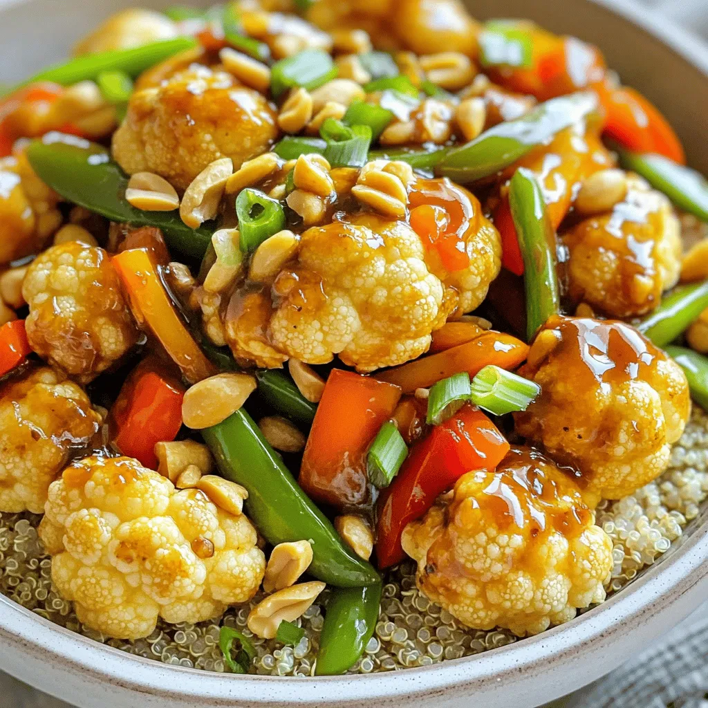 Für unser Kung Pao Blumenkohl Gericht benötigen wir frische und bunte Zutaten. Hier ist die Liste der Hauptzutaten: - 1 Kopf Blumenkohl, in Röschen zerteilt - 1 Tasse Paprika, gewürfelt (rot, grün oder gelb) - 1 Tasse Zuckerschoten, zugeschnitten - 1/2 Tasse geröstete Erdnüsse Diese Zutaten bringen Farbe und Textur in dein Gericht. Der Blumenkohl ist die Hauptzutat und gibt uns eine tolle Basis. Die Paprika und die Zuckerschoten sorgen für Crunch und Frische. Die Gewürze und Saucen machen das Gericht besonders lecker. Hier sind die wichtigsten: - 3 Esslöffel Sojasoße (oder Tamari) - 2 Esslöffel Reisessig - 1 Esslöffel Hoisinsoße - 2 Esslöffel Sesamöl - 2 Knoblauchzehen, fein gehackt - 1 Zoll Ingwer, fein gehackt - 1 Teelöffel rote Chiliflocken (je nach Schärfewunsch anpassen) - Salz und Pfeffer nach Geschmack Diese Aromen verleihen dem Blumenkohl den typischen Kung Pao Geschmack. Die Sojasoße und der Reisessig sorgen für Umami und Säure, während der Ingwer und der Knoblauch Tiefe und Wärme bringen. Um das Gericht abzurunden, empfehle ich diese Ergänzungen: - Gekochter Reis oder Quinoa (zum Servieren) - Frühlingszwiebeln, in Ringe geschnitten (zum Garnieren) Der Reis oder die Quinoa geben dem Gericht eine sättigende Grundlage. Die Frühlingszwiebeln bringen einen frischen Kick. Du kannst das Gericht auch mit weiteren Beilagen wie einem einfachen Salat kombinieren. Für die komplette Zubereitung schaue dir das [Full Recipe] an. Zuerst zerteilst du den Blumenkohl in kleine Röschen. Diese Stücke sollten gleichmäßig sein, damit sie gleichmäßig garen. Gib die Röschen in eine große Schüssel. Füge 1 Esslöffel Sesamöl hinzu und eine Prise Salz und Pfeffer. Vermische alles gut. Dann verteile die Röschen auf einem Backblech. Röste sie in einem vorgeheizten Ofen bei 200°C für etwa 20 Minuten. Wende sie nach der Hälfte der Zeit. So erzielst du eine schöne goldbraune Farbe und zarte Textur. Während der Blumenkohl röstet, kannst du die Soße zubereiten. Nimm eine kleine Schüssel und gib die Sojasoße, den Reisessig, die Hoisinsoße und die roten Chiliflocken hinein. Mische alles gut durch und stelle die Schüssel beiseite. Diese Mischung bringt viel Geschmack in dein Gericht. Sie ist einfach, aber sehr lecker. Jetzt erhitzt du 1 Esslöffel Sesamöl in einer großen Pfanne oder einem Wok bei mittlerer bis hoher Hitze. Füge den gehackten Knoblauch und Ingwer hinzu. Brate sie etwa 30 Sekunden lang, bis sie duften. Dann gib die gewürfelte Paprika und die Zuckerschoten in die Pfanne. Brate das Gemüse 3-4 Minuten lang, bis es zart, aber noch knackig ist. Wenn der Blumenkohl fertig ist, gib ihn zusammen mit der vorbereiteten Soße in die Pfanne. Mische alles gut, sodass die Soße gleichmäßig verteilt ist. Füge die gerösteten Erdnüsse hinzu und brate alles noch einmal für 2 Minuten. So verbinden sich die Aromen und du bekommst ein köstliches Gericht. Garnieren kannst du das Ganze mit Frühlingszwiebelringen. Der Kung Pao Blumenkohl ist nun bereit zum Servieren! Probiere dazu gekochten Reis oder Quinoa aus [Full Recipe]. Um den besten Geschmack aus deinem Kung Pao Blumenkohl zu holen, achte auf diese Punkte: - Frische Zutaten: Verwende frisches Gemüse. Das hebt den Geschmack. - Rösten: Röste den Blumenkohl gut. Dies bringt die Süße hervor. - Soßen gut mischen: Mische die Soße gut. So verteilt sich der Geschmack gleichmäßig. - Erdnüsse zuletzt: Füge die Erdnüsse kurz vor dem Servieren hinzu. So bleiben sie knusprig. Einige Fehler können deinen Kung Pao Blumenkohl weniger lecker machen: - Zu viel Hitze: Koche das Gemüse nicht zu lange. Es soll knackig bleiben. - Falsche Soßenmischung: Achte darauf, die Soßen gut abzumessen. Zu viel oder zu wenig kann den Geschmack ruinieren. - Nicht genug Würze: Probiere die Soße, bevor du sie verwendest. Sie sollte gut gewürzt sein. Diese Geräte helfen dir, dein Gericht perfekt zuzubereiten: - Backblech: Für das Rösten des Blumenkohls. - Große Pfanne oder Wok: Zum Anbraten des Gemüses. - Schüssel: Zum Mischen der Soße. - Schneider: Um das Gemüse gleichmäßig zu schneiden. Mit diesen Tipps und Tricks wird dein Kung Pao Blumenkohl ein voller Erfolg! Schau dir die [Full Recipe] an, um alle Schritte zu sehen. {{image_4}} Kung Pao Blumenkohl ist von Natur aus vegan. Du brauchst keine tierischen Produkte. Achte darauf, Sojasoße oder Tamari zu verwenden. Beide sind pflanzlich und perfekt für dieses Gericht. Wenn du noch mehr pflanzliche Proteine möchtest, füge Tofu hinzu. Tofu passt gut zu dem knusprigen Blumenkohl und den bunten Paprika. Um Kung Pao Blumenkohl glutenfrei zu machen, nimm Tamari anstelle von Sojasoße. Tamari ist eine gute glutenfreie Option, die den gleichen Geschmack bietet. Achte auch darauf, dass deine Hoisinsoße glutenfrei ist. So kannst du sicherstellen, dass das Gericht für alle geeignet ist. Fühle dich frei, andere Gemüse zu verwenden. Brokkoli, Karotten oder grüne Bohnen sind tolle Ergänzungen. Diese Gemüsesorten bringen neue Farben und Texturen in dein Gericht. Du kannst das Gemüse nach deinem Geschmack anpassen. Das macht das Kochen noch spannender und persönlicher. Um deinen Kung Pao Blumenkohl frisch zu halten, lagere die Reste in einem luftdichten Behälter. So bleibt der Geschmack erhalten. Lass das Gericht zuerst auf Raumtemperatur abkühlen. Dann kannst du es sicher in den Kühlschrank stellen. Wenn du keinen Behälter hast, benutze Frischhaltefolie. Achte darauf, dass die Folie gut anliegt, um Feuchtigkeit zu vermeiden. Um den Blumenkohl erneut zu genießen, erhitze ihn in einer Pfanne. Füge etwas Öl hinzu, damit er nicht anbrennt. Erhitze das Gericht bei mittlerer Hitze für etwa 5-7 Minuten. Rühre häufig um, damit alles gleichmäßig warm wird. Du kannst auch die Mikrowelle benutzen. Stelle die Mikrowelle auf eine mittlere Stufe und wärme die Reste in 1-2 Minuten. Überprüfe zwischendurch, damit es nicht zu heiß wird. Der Kung Pao Blumenkohl bleibt im Kühlschrank etwa 3-4 Tage frisch. Achte darauf, ihn gut verschlossen zu halten. Nach dieser Zeit kann der Geschmack nachlassen. Du kannst die Reste auch einfrieren, wenn du sie länger aufbewahren möchtest. In einem gefrierfesten Behälter hält sich das Gericht bis zu 3 Monate. Achte darauf, das Gericht gut zu beschriften, damit du weißt, wann du es eingefroren hast. Um Kung Pao Blumenkohl zu machen, beginne mit frischem Blumenkohl. Teile ihn in kleine Röschen. Röste die Röschen im Ofen, bis sie goldbraun sind. Währenddessen bereite die Soße vor. Mische Sojasoße, Reisessig und Hoisinsoße in einer Schüssel. Brate Knoblauch und Ingwer in einer Pfanne an, füge Paprika und Zuckerschoten hinzu. Mische alles mit der Soße und den gerösteten Erdnüssen. Garniere das Gericht mit Frühlingszwiebeln. Dies ist eine einfache Methode, um einen leckeren Geschmack zu erzielen. Ja, du kannst andere Nüsse verwenden. Erdnüsse sind typisch, aber du kannst auch Cashews oder Mandeln probieren. Cashews geben eine cremige Note. Mandeln fügen einen knusprigen Biss hinzu. Achte darauf, die Nüsse vorher zu rösten, um den Geschmack zu intensivieren. So erhält dein Kung Pao Blumenkohl noch mehr Textur und Geschmack. Kung Pao Blumenkohl kann scharf sein, wenn du es magst. Die Schärfe kommt von den roten Chiliflocken. Du kannst die Menge anpassen, um die Schärfe zu steuern. Für eine mildere Version verwende weniger Chiliflocken oder lass sie ganz weg. So kann jeder dein Gericht genießen, egal wie scharf er es mag. Kung Pao Blumenkohl ist ein einfaches und schmackhaftes Gericht. Wir haben die Hauptzutaten sowie Gewürze besprochen. Die Schritt-für-Schritt-Anleitung hilft dir, alles richtig zu machen. Tipps versichern dir mehr Geschmack und weniger Fehler. Variationen bieten dir die Wahl zwischen veganen und glutenfreien Optionen. Denke daran, Reste richtig zu lagern. So bleibt der Blumenkohl frisch. Du kannst dieses Gericht nach deinem Geschmack anpassen. Experimentiere und finde deine perfekte Mischung. Viel Spaß beim Kochen und Genießen!