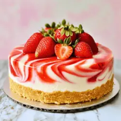Für diesen köstlichen Erdbeerwirbel-Käsekuchen benötigen wir einige einfache Zutaten. Hier ist die Liste: - 1 ¾ Tassen Graham-Cracker-Brösel - ½ Tasse ungesalzene Butter, geschmolzen - 2 Esslöffel Zucker - 3 (je 225 g) Pakete Frischkäse, weich geworfen - 1 Tasse Kristallzucker - ¾ Tasse Schmand - 3 große Eier - 1 Teelöffel Vanilleextrakt - 1 Tasse frische Erdbeeren, püriert - ¼ Tasse Zucker (für das Erdbeerpüree) Diese Zutaten sind leicht zu finden und machen den Käsekuchen besonders lecker. Die Graham-Cracker-Brösel geben der Kruste einen knusprigen Biss. Der Frischkäse sorgt für die cremige Textur, die wir alle lieben. Die Zubereitungszeit für diesen Käsekuchen beträgt etwa 30 Minuten. Die gesamte Zeit, inklusive Kühlung, dauert ungefähr 5 Stunden. Diese Zeit lohnt sich, denn du bekommst 10 bis 12 köstliche Stücke. Wenn du eine vegane oder glutenfreie Version machen möchtest, gibt es einige einfache Anpassungen. - Für eine vegane Version: Nutze pflanzlichen Frischkäse und ersetzt die Eier durch Apfelmus oder Leinsamen. Du kannst auch einen veganen Keksboden machen. - Für eine glutenfreie Version: Verwende glutenfreie Keksbrösel anstelle der Graham-Cracker. Achte darauf, dass alle anderen Zutaten auch glutenfrei sind. Mit diesen Variationen bleibt der Käsekuchen lecker und für alle zugänglich. Du kannst das Rezept nach deinem Geschmack anpassen. Hier findest du das [Full Recipe], um dir die Schritte anzusehen. Beginne mit dem Vorheizen des Ofens auf 160°C. Während der Ofen heiß wird, kannst du die Kruste vorbereiten. In einer mittelgroßen Schüssel mischst du 1 ¾ Tassen Graham-Cracker-Brösel, ½ Tasse geschmolzene Butter und 2 Esslöffel Zucker. Rühre alles gut um, bis die Brösel gleichmäßig mit der Butter bedeckt sind. Drücke die Mischung fest in den Boden einer 23 cm Springform. Backe die Kruste für 10 Minuten und lass sie dann abkühlen. Jetzt ist es Zeit, das Erdbeerpüree zu machen. Nimm einen kleinen Topf. Vermenge 1 Tasse frische Erdbeeren mit ¼ Tasse Zucker und erhitze das Ganze bei mittlerer Hitze. Rühre ab und zu um, bis der Zucker sich auflöst und die Mischung leicht eindickt. Das dauert etwa 5 Minuten. Lass das Püree abkühlen. In einer großen Schüssel schlägst du 3 Pakete weichen Frischkäse mit 1 Tasse Kristallzucker glatt. Füge ¾ Tasse Schmand, 3 Eier (nacheinander) und 1 Teelöffel Vanilleextrakt hinzu. Mische alles, bis es gerade vermengt ist. Jetzt kommt der spaßige Teil: das Swirl-Muster! Gieße die Hälfte des Käsekuchen-Teigs in die abgekühlte Kruste. Träufle einige Esslöffel des Erdbeerpürees über den Teig. Nutze ein Messer oder einen Zahnstocher, um es leicht zu marmorieren. Gieße dann den restlichen Käsekuchen-Teig darauf und wiederhole das mit mehr Erdbeerpüree. Marmorieren macht den Käsekuchen schön und lecker. Backe den Käsekuchen für 55-60 Minuten im vorgeheizten Ofen. Die Ränder sollten fest sein, aber die Mitte darf leicht wackelig bleiben. Schalte den Ofen aus und lass die Tür einen Spalt offen. So kann der Käsekuchen langsam abkühlen. Lass ihn eine Stunde im Ofen stehen, um Risse zu vermeiden. Danach nimm den Käsekuchen heraus und lass ihn bei Raumtemperatur vollständig abkühlen. Stelle ihn dann für mindestens 4 Stunden oder über Nacht in den Kühlschrank, um fest zu werden. Das ist die Schritt-für-Schritt-Anleitung für den Erdbeerwirbel-Käsekuchen. Du kannst das ganze Rezept [Full Recipe] nachlesen, um sicherzugehen, dass du nichts vergisst. Um die perfekte Kruste zu machen, nutzen Sie frische Zutaten. Verwenden Sie hochwertige Graham-Cracker für den besten Geschmack. Mischen Sie die Brösel gut mit der geschmolzenen Butter und dem Zucker. Drücken Sie die Mischung fest in die Form. So bleibt die Kruste knusprig. Backen Sie die Kruste für 10 Minuten, aber lassen Sie sie nicht zu dunkel werden. Eine goldene Farbe ist ideal. Ein häufiger Fehler beim Swirl ist, zu viel Erdbeerpüree zu verwenden. Weniger ist mehr! Träufeln Sie nur einige Esslöffel des Pürees auf den Käsekuchen-Teig. Vermeiden Sie es, zu tief mit dem Messer zu gehen. Ein sanftes Marmorieren ergibt das schönste Muster. Wenn Sie zu fest drücken, wird der Swirl matschig. Üben Sie Geduld und nehmen Sie sich Zeit. Die richtige Backtemperatur ist entscheidend. Backen Sie den Käsekuchen bei 160°C. Wenn Ihr Ofen heißer ist, senken Sie die Temperatur. Eine längere Backzeit kann nötig sein, wenn der Käsekuchen dicker ist. Kontrollieren Sie die Mitte mit einem Zahnstocher. Wenn er leicht wackelig bleibt, ist er perfekt. Lassen Sie den Käsekuchen im Ofen abkühlen, um Risse zu vermeiden. Diese Tipps helfen Ihnen, einen perfekten Erdbeerwirbel-Käsekuchen zu machen. Für das vollständige Rezept schauen Sie sich die [Full Recipe] an. {{image_4}} Ein No-Bake Erdbeerwirbel-Käsekuchen ist eine tolle Option. Er ist leicht und erfrischend. Für dieses Rezept brauchen Sie keinen Ofen. Die Kruste besteht aus zerbröselten Keksen und Butter. Mischen Sie die Brösel und Butter. Drücken Sie die Mischung in eine Springform. Lassen Sie die Kruste im Kühlschrank fest werden. Die Füllung besteht aus Frischkäse und Sahne. Fügen Sie Zucker und Erdbeeren hinzu. Gießen Sie die Füllung in die Kruste. Lassen Sie den Kuchen für ein paar Stunden im Kühlschrank. So einfach ist es! Vegane Varianten sind auch möglich. Statt Frischkäse verwenden Sie Cashewkerne. Weichen Sie die Cashews in Wasser ein. Pürieren Sie die Cashews mit Kokosmilch und Zucker. Fügen Sie Vanille hinzu für mehr Geschmack. Verwenden Sie auch ein pflanzliches Geliermittel. Agar-Agar oder Puddingpulver sind gute Optionen. Machen Sie die Kruste wie gewohnt. Fügen Sie dann die Füllung in die Kruste. Lassen Sie den veganen Käsekuchen im Kühlschrank fest werden. So können auch Veganer den Genuss erleben! Erdbeeren sind zwar lecker, aber nicht die einzige Wahl. Sie können auch andere Früchte verwenden. Himbeeren, Blaubeeren oder Pfirsiche sind großartige Alternativen. Pürieren Sie die Früchte und mischen Sie sie in die Füllung. Für einen fruchtigen Swirl können Sie die pürierten Früchte oben auf die Füllung geben. Verwenden Sie die gleiche Technik wie beim Erdbeerwirbel. So schaffen Sie bunte und köstliche Variationen. Lassen Sie Ihrer Kreativität freien Lauf! Wenn Sie mehr über die Zubereitung erfahren möchten, schauen Sie sich das [Full Recipe] an. Bewahren Sie Ihren Erdbeerwirbel-Käsekuchen im Kühlschrank auf. Der Kühlschrank hält ihn frisch und lecker. Packen Sie ihn gut ein, um Gerüche zu vermeiden. Verwenden Sie Frischhaltefolie oder einen luftdichten Behälter. So bleibt der Käsekuchen feucht und schmackhaft. Lagern Sie ihn idealerweise für bis zu fünf Tage. Einfrieren ist eine gute Methode, um den Käsekuchen länger aufzubewahren. Lassen Sie den Käsekuchen zuerst vollständig abkühlen. Wickeln Sie ihn dann fest in Frischhaltefolie ein. Legen Sie ihn in einen gefrierfesten Behälter oder einen Gefrierbeutel. So schützt er sich vor Frostbrand. Der Käsekuchen kann bis zu drei Monate im Gefriergerät bleiben. Zum Auftauen, lassen Sie ihn über Nacht im Kühlschrank. Der Erdbeerwirbel-Käsekuchen hält sich im Kühlschrank etwa fünf Tage. Achten Sie auf Anzeichen von Verderb. Wenn er unangenehm riecht oder die Textur sich verändert, ist er nicht mehr gut. Bei richtiger Lagerung bleibt der Geschmack frisch. Verwenden Sie die Tipps aus dem [Full Recipe], um die besten Ergebnisse zu erzielen. Du kannst deinen Käsekuchen bis zu fünf Tage im Kühlschrank lagern. Stelle sicher, dass du ihn gut abdeckst. Das hilft, dass er frisch bleibt und keine anderen Gerüche annimmt. Ich empfehle, ihn in einer luftdichten Box zu lagern. So bleibt die cremige Textur erhalten. Ja, gefrorene Erdbeeren sind eine gute Wahl. Du solltest sie jedoch vorher auftauen und gut abtropfen lassen. Das verhindert, dass zu viel Flüssigkeit in den Käsekuchen gelangt. Püriere die Erdbeeren nach dem Auftauen. Sie schmecken auch köstlich, besonders wenn frische Erdbeeren nicht verfügbar sind. Um die perfekte Konsistenz zu bekommen, achte darauf, dass alle Zutaten Zimmertemperatur haben. Das hilft, eine glatte und cremige Mischung zu erzielen. Schlage den Frischkäse zuerst gut durch, bevor du die anderen Zutaten hinzufügst. Backe den Käsekuchen nicht zu lange. Er sollte in der Mitte leicht wackelig sein. Das Rezept für den Erdbeerwirbel-Käsekuchen hat Wurzeln in der amerikanischen Küche. Viele Köche haben es über die Jahre angepasst. Ich habe meine Version aus verschiedenen Quellen und meinen eigenen Erfahrungen entwickelt. Du kannst die [Full Recipe] befolgen, um einen köstlichen Käsekuchen zu machen. Der Erdbeerwirbel-Käsekuchen bringt fruchtige Frische und Cremigkeit auf jeden Tisch. Wir haben die wichtigsten Zutaten besprochen und gezeigt, wie das Rezept leicht variieren lässt. Mit klaren Anleitungen und hilfreichen Tipps gelingt dir dieser Kuchen sicher. Denke daran, beim Swirl präzise zu arbeiten, um das beste Ergebnis zu erzielen. Mit diesen Ideen kannst du kreativ werden und den Käsekuchen anpassen. Lass dir diesen Genuss nicht entgehen und werde zum Küchenprofi!