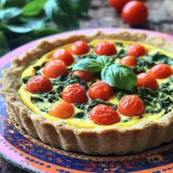 Die Hauptzutaten sind frischer Spinat und Kirschtomaten. Spinat ist voller Vitamine und Mineralien. Er gibt der Quiche einen tollen Geschmack und eine schöne Farbe. Kirschtomaten fügen Süße und Saftigkeit hinzu. Sie bringen auch viele Antioxidantien mit, die gut für die Gesundheit sind. Seidentofu ist eine großartige Zutat. Er hat eine glatte Textur und ist leicht zu mixen. Seidentofu macht die Quiche cremig, ohne Milchprodukte zu nutzen. Zudem ist er eine gute Proteinquelle. Damit wird die Quiche nahrhaft und sättigend. Wir brauchen auch einige andere Zutaten. Zwiebel und Knoblauch bringen viel Geschmack. Sie verleihen der Quiche ein aromatisches Grundgerüst. Gewürze wie Kurkuma, Salz, Pfeffer und Muskatnuss machen die Füllung extra lecker. Für den Piefond empfehle ich, einen qualitativ hochwertigen veganen Piefond zu wählen. So wird die Quiche knusprig und goldbraun. Ein guter Piefond ist wichtig, um die Füllung gut zu halten. Für die detaillierte Zubereitung und das vollständige Rezept, schauen Sie bitte in den [Full Recipe]. Heize deinen Ofen auf 175°C vor. Dies ist wichtig, damit die Quiche gleichmäßig gart. Während der Ofen heizt, erhitze Olivenöl in einer Pfanne bei mittlerer Hitze. Füge die gewürfelte Zwiebel und den fein gehackten Knoblauch hinzu. Brate diese Mischung für etwa 3-5 Minuten. Achte darauf, dass die Zwiebel weich und durchscheinend wird. Jetzt ist es Zeit, den Spinat hinzuzufügen. Gebe den grob gehackten Spinat in die Pfanne. Brate ihn an, bis er zusammenfällt, was etwa 2 Minuten dauert. Nimm die Pfanne vom Herd und lasse die Mischung etwas abkühlen. Währenddessen bereitest du die Tofu-Mischung vor. In einem Mixer kombinierst du Seidentofu, Nährhefe, Kurkuma, Salz, schwarzen Pfeffer, Muskatnuss und pflanzliche Milch. Mixe die Zutaten, bis die Mischung glatt und cremig ist. In einer großen Schüssel vermengst du die abgekühlte Zwiebel-Spinat-Mischung mit den halbierten Kirschtomaten. Gieße die Tofu-Mischung über das Gemüse. Rühre alles gut durch, bis es gleichmäßig verteilt ist. Fülle die Mischung in den vorbereiteten veganen Piefond und verteile sie gleichmäßig. Backe die Quiche im vorgeheizten Ofen für 35-40 Minuten. Achte darauf, dass die Füllung in der Mitte nicht wabbelig ist. Wenn sie fest und leicht goldbraun aussieht, ist sie fertig. Lass die Quiche 10 Minuten abkühlen, bevor du sie in Stücke schneidest. Für das vollständige Rezept, schaue dir die [Full Recipe] an. Die Backzeit für die Quiche liegt bei 35-40 Minuten. Achte darauf, dass der Ofen auf 175°C vorgeheizt ist. Um den idealen Garzustand zu erkennen, prüfe die Mitte der Quiche. Sie sollte fest und leicht goldbraun sein. Wenn du vorsichtig mit einem Messer in die Mitte stichst, sollte nichts an dem Messer haften bleiben. So weißt du, dass die Quiche gut durchgebacken ist. Für die Anrichtung empfehle ich, die Quiche in schöne Stücke zu schneiden. Lege die Stücke auf einen bunten Teller, um sie ansprechend zu präsentieren. Du kannst die Quiche mit frischem Basilikum oder Petersilie garnieren. Diese Zutaten bringen Farbe auf den Teller. Ein leichter Beilagensalat mit Vinaigrette ergänzt die Quiche perfekt. Die frischen Aromen des Salats harmonieren gut mit dem herzhaften Geschmack der Quiche. Die Gewürze spielen eine große Rolle in der Quiche. Du kannst die Gewürze nach deinem Geschmack anpassen. Wenn du es schärfer magst, füge etwas Cayennepfeffer hinzu. Für einen mediterranen Touch sind Oregano oder Thymian tolle Optionen. Experimentiere mit verschiedenen Kräutern, um neue Geschmäcker zu entdecken. So machst du jede Quiche zu etwas Besonderem. {{image_4}} Sie können die vegane Quiche ganz leicht anpassen. Fügen Sie verschiedene Gemüse hinzu. Paprika bringt Farbe und Süße. Brokkoli gibt einen tollen Biss und viele Nährstoffe. Auch Zucchini oder Pilze passen gut. Diese Gemüse bringen neue Aromen in die Quiche. Seien Sie kreativ und nutzen Sie, was Sie haben. Sie können die Quiche auch als Muffins backen. Verwenden Sie eine Muffinform, um kleine Quiche zu machen. Mini-Quiches sind ideal für Partys oder Snacks. Sie sind einfach zu teilen und sehen hübsch aus. Lagern Sie die Quiche im Kühlschrank in einem luftdichten Behälter. So bleibt sie frisch. Für eine längere Lagerung können Sie die Quiche einfrieren. Achten Sie darauf, sie gut einzuwickeln. So bleibt der Geschmack erhalten. Probieren Sie die Ideen aus dem Full Recipe für Ihre nächsten Kochabenteuer! Um die Quiche frisch zu halten, lege sie in einen luftdichten Behälter. Du kannst die Quiche nach dem Abkühlen gleich in den Kühlschrank stellen. Achte darauf, die Quiche innerhalb von drei bis fünf Tagen zu essen. So bleibt der Geschmack am besten erhalten. Wenn du die Quiche aufwärmen möchtest, kannst du sie im Ofen bei 180°C für etwa 15 Minuten erwärmen. Das sorgt für eine knusprige Kruste. Das Einfrieren ist eine gute Option, wenn du Reste hast oder die Quiche für später aufbewahren möchtest. Lass die Quiche zuerst ganz abkühlen. Wickele sie dann fest in Frischhaltefolie ein und lege sie in einen gefrierfesten Beutel. So bleibt sie bis zu drei Monate frisch. Um die Quiche aufzutauen, lege sie über Nacht in den Kühlschrank. Danach kannst du sie wieder im Ofen aufwärmen oder in der Mikrowelle. Im Kühlschrank bleibt die Quiche etwa drei bis fünf Tage haltbar. Im Gefrierschrank kann sie bis zu drei Monate aufbewahrt werden, ohne dass der Geschmack leidet. Achte darauf, die Quiche gut zu verpacken, um Gefrierbrand zu vermeiden. So bleibt die Textur angenehm und die Aromen frisch. Ja, du kannst die Quiche ohne Nährhefe machen. Nährhefe gibt einen käsigen Geschmack. Du kannst stattdessen gemahlene Mandeln oder Cashews verwenden. Diese Optionen fügen eine nussige Note hinzu. Auch etwas Zitronensaft kann den Geschmack verbessern. Experimentiere mit Kräutern, um mehr Tiefe zu schaffen. Ja, die Quiche kann glutenfrei sein. Achte darauf, einen glutenfreien Piefond zu wählen. Viele Supermärkte bieten solche Optionen an. Du kannst auch einen selbstgemachten Boden aus Haferflocken oder Mandeln machen. Das gibt der Quiche eine besondere Note. Die Zubereitung dauert insgesamt etwa 55 Minuten. Du benötigst 15 Minuten für die Vorbereitung und 40 Minuten zum Backen. Das macht es einfach, die Quiche schnell zu genießen. Plane etwas Zeit zum Abkühlen ein, bevor du sie servierst. Zu dieser Quiche passen viele Beilagen. Ein frischer grüner Salat ergänzt die Aromen gut. Du kannst auch einen fruchtigen Salat mit Balsamico-Dressing machen. Für einen herzhaften Touch sind geröstete Kartoffeln perfekt. Weitere Ideen sind eingelegtes Gemüse oder eine cremige Suppe. Die Beilagen bringen Abwechslung und Farbe auf den Tisch. Die vegane Quiche bietet köstliche Möglichkeiten mit frischem Spinat und Kirschtomaten. Seidentofu macht die Füllung cremig und gesund. Achten Sie auf eine perfekte Backzeit und tolle Präsentation. Spielen Sie mit verschiedenen Gewürzen und Gemüse, um die Quiche zu variieren. Denken Sie daran, die Quiche richtig zu lagern, um die Frische zu erhalten. Genießen Sie dieses Gericht zu jeder Gelegenheit. Ihre Kreativität kennt hier keine Grenzen. Die vegane Quiche ist einfach und macht immer Freude.