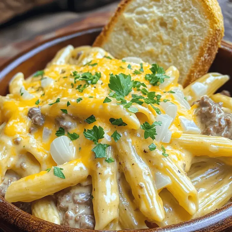 - 450 g Rinderhackfleisch - 340 g Penne-Nudeln - 1 kleine Zwiebel, gewürfelt - 2 Knoblauchzehen, fein gehackt Die Hauptzutaten machen dieses Gericht besonders. Das Rinderhackfleisch gibt einen tollen Geschmack. Die Penne-Nudeln sorgen für die perfekte Textur. Zwiebel und Knoblauch bringen eine leckere Duftnote. Ich finde, dass die Kombination dieser Zutaten den Grundstein für ein großartiges Gericht legt. - 1 Teelöffel italienische Gewürzmischung - 1 Teelöffel geräuchertes Paprika-Pulver - 480 ml Rinderbrühe - 240 ml Schlagsahne Die Gewürze bringen das Gericht zum Leben. Die italienische Gewürzmischung sorgt für einen authentischen Geschmack. Geräuchertes Paprika-Pulver gibt eine rauchige Note. Rinderbrühe und Schlagsahne machen die Pasta cremig und reichhaltig. Diese Kombination ist einfach köstlich und macht jeden Bissen zu einem Genuss. - Frische Petersilie zur Garnierung - Käse zum Servieren Die Garnitur macht das Gericht schöner. Frische Petersilie bringt Farbe und Frische. Ein wenig Käse darüber macht das Gericht noch besser. Dies sind einfache, aber wichtige Ergänzungen, die den Geschmack abrunden. Wenn Sie mehr Geschmack wünschen, probieren Sie verschiedene Käsesorten oder Kräuter aus. Beginnen Sie mit der Vorbereitung. Schneiden Sie die Zwiebel in kleine Würfel. Hacken Sie den Knoblauch fein. Diese beiden Zutaten bringen viel Geschmack. Jetzt nehmen Sie das Rinderhackfleisch. Würzen Sie es mit Salz, Pfeffer und der italienischen Gewürzmischung. So bekommt das Fleisch eine tolle Basis. Erhitzen Sie das Olivenöl in einem großen Topf. Fügen Sie die Zwiebeln hinzu und braten Sie sie an, bis sie glasig sind. Das dauert etwa drei bis vier Minuten. Geben Sie dann den Knoblauch dazu. Braten Sie alles ein bis zwei Minuten weiter. Jetzt erhöhen Sie die Hitze und fügen das Rinderhackfleisch hinzu. Braten Sie es braun und zerbrechen Sie es mit einem Spatel. Das dauert ungefähr fünf bis sieben Minuten. Jetzt kommt der spannende Teil! Rühren Sie die Penne-Nudeln unter das Fleisch. Mischen Sie alles gut. Gießen Sie die Rinderbrühe hinein und bringen Sie die Mischung zum Kochen. Decken Sie den Topf ab und lassen Sie alles zehn bis zwölf Minuten köcheln, bis die Pasta gar ist. Sobald die Pasta weich ist, fügen Sie die Schlagsahne und den geriebenen Cheddar-Käse hinzu. Rühren Sie alles gut um, bis der Käse schmilzt. Schmecken Sie das Gericht ab. Passen Sie die Gewürze nach Ihrem Geschmack an, indem Sie mehr Salz oder Pfeffer hinzufügen. Lassen Sie das Gericht ein paar Minuten ruhen. Servieren Sie es heiß und genießen Sie die cremige Rindfleisch-Pasta. Für das vollständige Rezept schauen Sie sich die [Full Recipe] an. Um das beste Aroma zu erreichen, achte auf die Gewürze. Die italienische Gewürzmischung bringt viel Geschmack. Das geräucherte Paprika-Pulver gibt eine rauchige Note. Probiere, die Gewürze schrittweise hinzuzufügen. So kannst du den Geschmack anpassen. Wenn du mehr Gewürz magst, füge einfach mehr hinzu. Die Garzeit für die Pasta ist wichtig. Koche die Penne-Nudeln, bis sie weich, aber noch bissfest sind. Das dauert etwa 10-12 Minuten. Rühre während des Kochens regelmäßig um. So verhinderst du, dass die Nudeln am Boden kleben. Füge Gemüse für mehr Textur und Geschmack hinzu. Erbsen, Spinat oder Paprika passen gut. Diese Gemüse sind gesund und machen das Gericht bunter. Wenn du Käse magst, probiere verschiedene Sorten. Parmesan oder Mozzarella können die Pasta noch cremiger machen. Du kannst auch mit verschiedenen Pastasorten experimentieren. Zum Beispiel eignen sich Fusilli oder Farfalle gut. Sie nehmen die Sauce besser auf. So wird jeder Biss ein Genuss. Besuche auch den Full Recipe für weitere Ideen und Details. {{image_4}} Wenn Sie eine vegetarische Option wünschen, können Sie pflanzliches Hack verwenden. Es gibt viele leckere Alternativen aus Erbsen oder Soja. Diese ersetzen das Rinderhackfleisch gut. Tauschen Sie auch die Rinderbrühe gegen Gemüsebrühe aus. So bleibt der Geschmack reichhaltig und voll. Sie werden den Unterschied kaum bemerken! Möchten Sie etwas mehr Kick in Ihrem Gericht? Fügen Sie Chilipulver oder frische Chilis hinzu. Diese bringen die richtige Schärfe. Nutzen Sie würzigen Käse wie Pepper Jack, um das Gericht weiter zu verstärken. Kombinieren Sie das mit der cremigen Konsistenz der Pasta und Sie haben ein echtes Feuerwerk auf dem Teller. Servieren Sie die Pasta mit einem frischen Salat. Ein einfacher grüner Salat passt perfekt. Auch knuspriges Brot macht das Essen noch besser. Ein Stück Knoblauchbrot gibt einen tollen Geschmack. So wird Ihr Gericht zu einem vollwertigen Essen. Nehmen Sie sich Zeit, um die Beilagen auszuwählen. Um die Reste der One-Pot Creamy Beef Pasta gut zu lagern, sollten Sie sie in den Kühlschrank stellen. Legen Sie die Pasta in einen luftdichten Behälter. So bleibt der Geschmack frisch und lecker. Es ist wichtig, die Reste innerhalb von 3 bis 4 Tagen zu essen. Wenn Sie die Reste länger aufbewahren wollen, ist das Einfrieren eine gute Option. Wenn Sie die fertige Pasta einfrieren möchten, lassen Sie sie zuerst abkühlen. Teilen Sie die Pasta in Portionen auf. Nutzen Sie gefriergeeignete Beutel oder Behälter. So sparen Sie Platz im Gefrierfach. Die Pasta kann bis zu 3 Monate eingefroren werden. Zum Auftauen legen Sie die Portionen einfach in den Kühlschrank über Nacht. Um die Pasta wieder zu erwärmen, können Sie sie in einer Pfanne oder in der Mikrowelle erhitzen. Fügen Sie etwas Brühe oder Sahne hinzu, um die Cremigkeit zu erhalten. Um die Pasta cremiger zu machen, können Sie mehr Schlagsahne hinzufügen. Ich empfehle, die Menge auf 360 ml zu erhöhen. Sie können auch Frischkäse oder griechischen Joghurt verwenden. Mischen Sie diese Zutaten gut ein. Das sorgt für eine noch reichhaltigere Sauce. Ein Spritzer Zitronensaft kann auch helfen, das Gericht aufzuhellen. Ja, Sie können das Gericht im Voraus zubereiten. Kochen Sie die Pasta wie im Rezept angegeben. Lassen Sie sie dann abkühlen und füllen Sie sie in einen luftdichten Behälter. Sie können das Gericht bis zu drei Tage im Kühlschrank aufbewahren. Erwärmen Sie es einfach auf dem Herd oder in der Mikrowelle. Fügen Sie etwas zusätzliche Schlagsahne hinzu, wenn es zu dick wird. Zu cremiger Rindfleisch-Pasta passen frische Salate sehr gut. Ein einfacher grüner Salat mit einem leichten Dressing ist perfekt. Auch ein Caesar-Salat harmoniert gut. Für Brot empfehle ich knuspriges Knoblauchbrot oder ein Baguette. Diese ergänzen die cremige Sauce und machen das Essen noch besser. Diese Anleitung zeigt dir, wie du eine leckere Rindfleisch-Pasta zubereitest. Du verwendest einfache Zutaten wie Rinderhackfleisch, Penne und Gewürze. Beachte die Tipps für optimale Ergebnisse und Variationen. Du kannst das Gericht sogar vegetarian oder schärfer machen. Vergiss nicht, Reste richtig zu lagern. So bleibt der Geschmack frisch. Probiere es aus und genieße dein selbstgemachtes Essen!